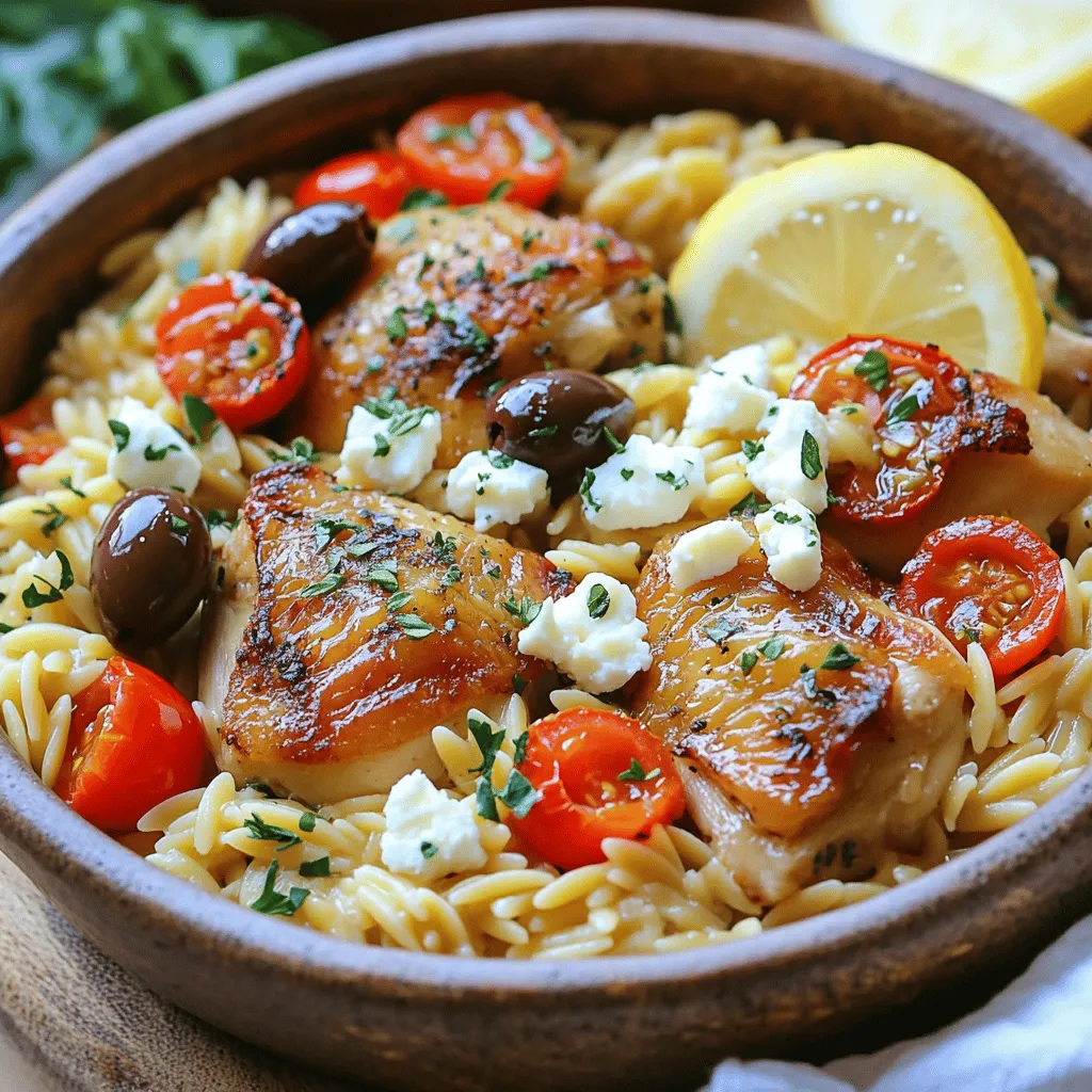 - 450 g Hähnchenschenkel ohne Haut, in mundgerechte Stücke geschnitten - 1 Tasse Orzo-Nudeln - 1 mittelgroße Zwiebel, gewürfelt - 1 rote Paprika, gewürfelt - 1 Tasse Cherry-Tomaten, halbiert Die Hauptzutaten sind einfach zu finden. Ich liebe Hähnchenschenkel, da sie saftig sind. Orzo-Nudeln sind klein, aber sehr lecker. Die Zwiebel und die Paprika bringen Farbe und Geschmack. Die Cherry-Tomaten sorgen für Frische. Diese Zutaten machen das Gericht bunt und einladend. - 1 Teelöffel getrockneter Oregano - 1 Teelöffel getrockneter Thymian - 1 Teelöffel Paprika Die Gewürze sind der Schlüssel zum Geschmack. Oregano bringt die griechische Note. Thymian fügt eine erdige Tiefe hinzu. Paprika gibt dem Gericht eine schöne Farbe und ein wenig Wärme. Diese Gewürze sind einfach, aber voller Aroma. - 75 g Kalamata-Oliven, entsteint und in Scheiben geschnitten - 75 g Feta-Käse, zerbröckelt - 720 ml Hühnerbrühe (geringe Natriumkonzentration) Zusätzliche Zutaten machen das Gericht besonders. Kalamata-Oliven bringen einen salzigen, herzhaften Biss. Feta-Käse fügt Cremigkeit und einen tollen Geschmack hinzu. Hühnerbrühe sorgt dafür, dass alles gut zusammenkocht. Diese Zutaten machen das Gericht zu einem echten Genuss. - Zuerst würzen Sie die Hähnchenstücke mit Salz, Pfeffer und Paprika. - Erhitzen Sie das Olivenöl in einem großen Topf. - Geben Sie die Hähnchenstücke in den Topf und braten Sie sie für 5-7 Minuten an. - Nehmen Sie das Hähnchen heraus und stellen Sie es beiseite. - Jetzt schneiden Sie die Zwiebel und die Paprika in kleine Stücke. - Fügen Sie das Gemüse in den gleichen Topf. Braten Sie es für 3-4 Minuten. - Dann fügen Sie den gehackten Knoblauch hinzu und braten ihn eine weitere Minute. - Geben Sie die Orzo-Nudeln in den Topf. Rösten Sie sie für etwa 2 Minuten. - Gießen Sie die Hühnerbrühe in den Topf. - Fügen Sie getrockneten Oregano, Thymian und halbierte Cherry-Tomaten hinzu. - Bringen Sie die Mischung zum Kochen. - Reduzieren Sie die Hitze und geben Sie das Hähnchen wieder in den Topf. - Setzen Sie den Deckel auf und lassen Sie alles 10-12 Minuten köcheln. - Rühren Sie die Kalamata-Oliven und den zerbröckelten Feta-Käse unter. - Prüfen Sie den Geschmack und passen Sie ihn nach Bedarf an. - Lassen Sie das Gericht ein paar Minuten ruhen, bevor Sie es servieren. Um Überkochen zu vermeiden, achte darauf, die Garzeit genau zu prüfen. Orzo braucht etwa 10-12 Minuten bei schwacher Hitze. Rühre oft um, damit die Nudeln gleichmäßig garen. So bleiben sie al dente und kleben nicht zusammen. Die richtige Textur ist wichtig. Du möchtest, dass der Orzo weich, aber nicht mushy ist. Wenn die Brühe fast aufgesogen ist, ist es Zeit, die restlichen Zutaten hinzuzufügen. Füge mehr Gemüse hinzu, um dem Gericht Leben zu geben. Spinat, Zucchini oder Brokkoli passen gut zu Orzo. Du kannst auch gefrorenes Gemüse verwenden, wenn es schnell gehen soll. Bei den Käsesorten kannst du experimentieren. Feta ist toll, aber auch Mozzarella oder Parmesan geben einen anderen Geschmack. Probiere es aus und finde deinen Favoriten. Für dieses Rezept ist ein großer Topf ideal. Ein schwerer Boden sorgt für gleichmäßige Hitze. So garst du das Hähnchen und das Gemüse perfekt. Nützliche Gadgets sind ein Holzlöffel und ein Schöpflöffel. Mit dem Holzlöffel rührst du sanft um, ohne den Topf zu zerkratzen. Ein Schöpflöffel hilft beim Servieren der Portionen. {{image_4}} Für ein vegetarisches Gericht können Sie die Hähnchenstücke durch Kichererbsen oder Tofu ersetzen. Diese sind proteinreich und passen gut zu Orzo. Sie können auch Linsen verwenden, um einen nussigen Geschmack hinzuzufügen. Wenn Sie pflanzliche Ernährungsweisen anpassen möchten, denken Sie daran, Gemüse wie Zucchini oder Spinat hinzuzufügen. Diese bringen Frische und Farbe in das Gericht. Um mehr Aroma hinzuzufügen, können Sie zusätzliche Gewürze verwenden. Zum Beispiel passen Kreuzkümmel und Zimt gut zu diesem Rezept. Sie bringen eine interessante Note ins Spiel. Ein Spritzer Zitronensaft verstärkt die mediterranen Aromen. Auch Zitronenschale kann verwendet werden, um das Gericht aufzupeppen. Diese Zutaten machen das Essen noch leckerer und frischer. Für ein vollwertiges Menü empfehle ich, einen frischen griechischen Salat dazu zu servieren. Ein einfacher Salat aus Gurken, Tomaten und Oliven ergänzt das Gericht perfekt. Auch ein Stück frisches Brot ist eine gute Wahl. Es hilft, die köstliche Soße aufzusaugen. Diese Kombination macht das Essen noch sättigender und schmackhafter. Lagere das Gericht in einem luftdichten Behälter. Das schützt es vor Gerüchen und hält es frisch. Du kannst es bis zu 3 Tage im Kühlschrank aufbewahren. Wenn du das Gericht länger aufbewahren möchtest, solltest du es einfrieren. Um das Gericht richtig einzufrieren, lasse es zuerst abkühlen. Dann teile es in Portionen auf. Verwende gefriergeeignete Behälter oder Beutel. Das Gericht hält sich bis zu 3 Monate im Gefrierfach. Um es aufzutauen, stelle es über Nacht in den Kühlschrank. Du kannst es auch in der Mikrowelle oder auf dem Herd aufwärmen. Hast du Reste? Nutze sie kreativ! Du kannst das Orzo in eine Suppe geben oder einen Auflauf machen. Füge frisches Gemüse oder etwas Hähnchen hinzu, um es aufzupeppen. Die Möglichkeiten sind endlos! Das Gericht hält sich im Kühlschrank etwa 3 bis 4 Tage. Achte darauf, es in einem luftdichten Behälter zu lagern. So bleibt der Geschmack frisch. Du kannst die Portionen einfach aufwärmen, wenn du sie essen möchtest. Ja, du kannst das Rezept leicht anpassen. Wenn du kein Hähnchen magst, nimm einfach Tofu oder Kichererbsen. Du kannst auch das Gemüse variieren. Zucchini oder Spinat passen gut. Entdecke die Zutaten, die dir gefallen! Ein frischer griechischer Salat passt perfekt dazu. Er bringt mehr Frische ins Essen. Auch knuspriges Brot ist eine tolle Option. Du kannst es zum Dippen in die Orzo-Mischung verwenden. Ja, dieses Gericht ist gesund. Es enthält mageres Hähnchen und viel Gemüse. Außerdem liefern die Oliven gesunde Fette. Der Feta-Käse bietet Protein und Kalzium. Insgesamt ist es eine ausgewogene Mahlzeit. Die Zubereitung des One-Pot Greek Orzo mit Hähnchen ist einfach und lecker. Mit frischen Zutaten und Kräutern erhält das Gericht viel Geschmack. Du kannst das Rezept leicht anpassen, um es für deine Familie perfekt zu machen. Denk daran, Reste kreativ zu nutzen und sie gut aufzubewahren. Das Ziel ist, ein Essen zu schaffen, das nicht nur schnell geht, sondern auch gut schmeckt. Experimentiere mit verschiedenen Beilagen und Variationen, um neue Geschmackserlebnisse zu entdecken. Kochen soll Freude bringen, also leg los!