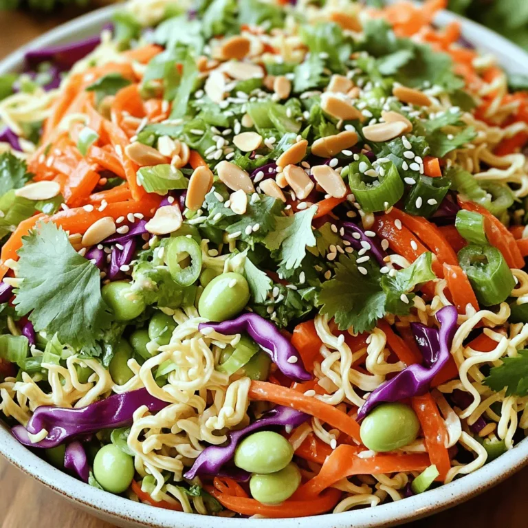 - 2 Packungen Instant-Ramen-Nudeln - 1 Tasse fein gehobelte Kohlsorte - 1 Tasse geraspelte Karotten - 1 rote Paprika, dünn geschnitten - 1/2 Tasse Edamame - 1/4 Tasse Frühlingszwiebeln - 1/4 Tasse frische Korianderblätter - 1/2 Tasse blanchierte Mandeln oder Sonnenblumenkerne - 1/4 Tasse Sesamkerne - 1/4 Tasse Sojasauce - 3 Esslöffel Reisessig - 3 Esslöffel Sesamöl - 2 Esslöffel Honig oder Ahornsirup - 1 Teelöffel frisch geriebener Ingwer - 1 Knoblauchzehe, fein gehackt - 1 Teelöffel Sriracha (optional) Die Zutaten sind einfach und frisch. Ich liebe, wie sie zusammen einen bunten Salat bilden. Die Ramen-Nudeln sind die Basis, die den Salat sättigend machen. Frisches Gemüse bringt Farbe und Knusprigkeit. Edamame gibt dem Gericht eine proteinreiche Note. Koriander und Frühlingszwiebeln fügen einen frischen Geschmack hinzu. Die Mandeln oder Sonnenblumenkerne sorgen für den Knusper-Effekt, den ich so mag. Das Dressing ist einfach zuzubereiten. Sojasauce und Reisessig verleihen einen herzhaften, salzigen Geschmack. Ingwer und Knoblauch bringen Aromatik. Sriracha ist optional, aber ich empfehle es für etwas Würze. Mischen Sie alle Zutaten gut, um einen tollen Geschmack zu erreichen. Jeder Biss soll frisch und knackig schmecken. Zuerst koche die Ramen-Nudeln in einem großen Topf. Das Wasser sollte sprudelnd kochen. Lass die Nudeln drei bis vier Minuten kochen, bis sie weich sind. Danach gieße sie ab. Spüle die Nudeln unter kaltem Wasser ab. So stoppe ich den Kochprozess und die Nudeln werden nicht matschig. Lass sie danach beiseite. Für das Dressing mische die Sojasauce, den Reisessig und das Sesamöl in einer kleinen Schüssel. Füge Honig oder Ahornsirup hinzu. Dann kommt der frisch geriebene Ingwer und der gehackte Knoblauch dazu. Wenn du es scharf magst, gib die Sriracha hinzu. Rühre alles gut um, damit sich die Aromen vermischen. Jetzt ist es Zeit, das Gemüse vorzubereiten. Nimm eine große Schüssel und gib die fein gehobelte Kohlsorte, die geraspelten Karotten, die dünn geschnittene Paprika, das Edamame, die Frühlingszwiebeln und die Korianderblätter hinein. Mische alles gut. Das Gemüse gibt dem Salat Farbe und frischen Geschmack. Jetzt füge die abgekühlten Ramen-Nudeln zu der Gemüsemischung hinzu. Gieße das Dressing gleichmäßig über den Salat. Rühre vorsichtig um, bis alles gut benetzt ist. Achte darauf, dass die Nudeln nicht zerbrechen. Um dem Salat die perfekte Knusprigkeit zu verleihen, hebe die blanchierten Mandeln oder Sonnenblumenkerne vorsichtig unter. Diese geben dem Salat einen tollen Crunch und ergänzen die Textur. Zum Schluss streue die Sesamkerne über den Salat. Sie verleihen dem Gericht nicht nur zusätzlichen Geschmack, sondern sehen auch gut aus. Serviere den Salat in einer großen Schüssel oder in einzelnen Portionen. Koche die Ramen-Nudeln in sprudelndem Wasser. Die Kochzeit beträgt drei bis vier Minuten. Achte darauf, dass sie leicht zart sind, aber noch Biss haben. Nach dem Abgießen spüle sie unter kaltem Wasser. Das stoppt den Garprozess und hält die Nudeln knackig. So werden sie perfekt für deinen Salat. Beginne mit dem Gemüse. Mische die gehobelte Kohlsorte, Karotten, Paprika, Edamame und Frühlingszwiebeln in einer großen Schüssel. Füge die Ramen-Nudeln hinzu, bevor du das Dressing hinzugibst. Diese Reihenfolge hilft, die Farben und Texturen schön zu präsentieren. Streue die blanchierten Mandeln oder Sonnenblumenkerne obenauf. Das sieht nicht nur gut aus, sondern macht den Salat auch knusprig. Wenn du Allergien hast, kannst du das Dressing anpassen. Verwende Tamari statt Sojasauce für glutenfreie Optionen. Du kannst auch Agavendicksaft anstelle von Honig nutzen, um es vegan zu machen. Wenn du es schärfer magst, füge mehr Sriracha hinzu. Experimentiere mit den Zutaten, um deinen perfekten Geschmack zu finden! {{image_4}} Um den Knusprigen Asiatischen Ramen-Salat noch besser zu machen, können Sie weitere Zutaten hinzufügen. Hier sind einige Vorschläge: - Gurke: Schneiden Sie eine Gurke in dünne Scheiben. Sie bringt Frische und Crunch. - Brokkoli: Dämpfen Sie ein paar Röschen. Diese geben einen tollen Biss. - Hühnchen: Fügen Sie gegrilltes Hühnchen für mehr Protein hinzu. Es macht den Salat sättigender. - Tofu: Verwenden Sie gebratenen Tofu als tolle vegane Proteinquelle. Für eine vegane und glutenfreie Version des Salats, ändern Sie einige Zutaten: - Sojasauce: Wählen Sie eine glutenfreie Variante, wie Tamari. - Honig: Ersetzen Sie Honig durch Ahornsirup oder Agavendicksaft. - Mandeln: Verwenden Sie Sonnenblumenkerne, wenn Nüsse ein Problem sind. Diese Änderungen machen den Salat für alle zugänglich. Nutzen Sie saisonales Gemüse für den Salat. Hier sind einige Ideen: - Frühling: Fügen Sie Erbsen oder radieschen hinzu. Sie sind frisch und knackig. - Sommer: Probieren Sie reife Tomaten oder Zucchini. Sie bringen viel Geschmack. - Herbst: Kürbis oder Rote Beete passen perfekt in den Salat. Sie geben eine süße Note. - Winter: Verwenden Sie Grünkohl oder Rosenkohl. Diese sind nahrhaft und herzhaft. Saisonale Zutaten machen den Salat frisch und spannend. Um den Knusprigen Asiatischen Ramen-Salat frisch zu halten, lege ihn in einen luftdichten Behälter. Achte darauf, dass du das Dressing separat aufbewahrst. So bleibt der Salat knackig und frisch. Wenn du den Salat servierst, gieße das Dressing erst kurz vor dem Essen darüber. Dieser Salat bleibt im Kühlschrank etwa 2 bis 3 Tage frisch. Du kannst ihn an den ersten Tagen genießen, wenn er am knackigsten ist. Danach kann das Gemüse weicher werden, aber der Geschmack bleibt gut. Überprüfe einfach den Geruch und das Aussehen, bevor du ihn isst. Ich empfehle, diesen Salat nicht einzufrieren. Das Gemüse wird nach dem Auftauen matschig. Du kannst jedoch die Ramen-Nudeln und das Dressing getrennt einfrieren. Koche die Nudeln frisch und mische sie mit dem Salat und Dressing, wenn du bereit bist, zu essen. So bleibt die Textur perfekt! Du kannst den Crunchy Asian Ramen Salad bis zu drei Tage im Kühlschrank aufbewahren. Achte darauf, ihn in einem luftdichten Behälter zu lagern. So bleibt er frisch. Doch je länger du wartest, desto weicher werden die Nudeln. Ich empfehle, ihn frisch zu genießen. Ja, du kannst das Dressing im Voraus zubereiten. Mische einfach alle Zutaten in einer kleinen Schüssel. Bewahre es dann in einem luftdichten Behälter im Kühlschrank auf. So bleibt es bis zu einer Woche frisch. Vor der Verwendung einfach gut schütteln. Wenn du keine Ramen-Nudeln verwenden möchtest, probiere andere Nudeln wie Soba oder Udon. Du kannst auch Zucchini-Nudeln oder Blumenkohlreis für eine gesunde Option nehmen. Diese Alternativen bieten unterschiedliche Texturen und Geschmäcker. Ja, dieser Salat ist vegan. Alle Zutaten sind pflanzlich. Das Dressing enthält jedoch Honig. Wenn du es vegan möchtest, ersetze den Honig durch Ahornsirup. So bleibt der Salat für alle geeignet. Um mehr Schärfe hinzuzufügen, kannst du extra Sriracha ins Dressing geben. Alternativ kannst du auch frische Chilis oder rote Pfefferflocken verwenden. Fange mit einer kleinen Menge an und probiere es aus, bis du die richtige Schärfe findest. Dieser Crunchy Asian Ramen Salat ist einfach und lecker. Du hast gelernt, wie man die Zutaten zubereitet und mischt. Die Kombination aus frischem Gemüse und knusprigen Elementen macht diesen Salat besonders. Vergiss nicht, das Dressing nach deinem Geschmack anzupassen. Du kannst auch saisonale Zutaten verwenden, um Vielfalt in dein Gericht zu bringen. Mit den Tipps zur Lagerung bleibt der Salat frisch. Experimentiere mit den Variationen und genieße dein Ergebnis!