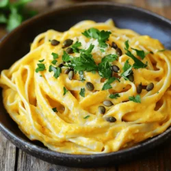 - 340 g Fettuccine-Nudeln - 240 ml Kürbispüree (aus der Dose oder selbstgemacht) - 240 ml Schlagsahne Die Fettuccine-Nudeln sind wichtig für die Textur des Gerichts. Sie sind lang und flach und nehmen die Sauce gut auf. Das Kürbispüree bringt die süße Note und die schöne Farbe. Du kannst es selbst machen oder die Dose verwenden. Die Schlagsahne gibt der Sauce eine cremige Konsistenz und macht sie reichhaltig. - 50 g geriebener Parmesan-Käse - 1 Teelöffel gemahlene Muskatnuss - 1 Teelöffel italienische Gewürze - Salz und Pfeffer nach Geschmack Der Parmesan-Käse fügt einen salzigen und nussigen Geschmack hinzu. Muskatnuss gibt der Sauce eine warme Note. Die italienischen Gewürze bringen Aromen wie Oregano und Basilikum. Mit Salz und Pfeffer kannst du die Sauce abschmecken, damit sie perfekt wird. - 30 g Butter - 15 ml Olivenöl - 2 Knoblauchzehen, fein gehackt - Frische Petersilie und Kürbiskerne zur Dekoration Die Butter und das Olivenöl sind die Basis für die Sauce. Sie sorgen für Geschmack und helfen, den Knoblauch anzubraten. Knoblauch gibt dem Gericht eine aromatische Tiefe. Petersilie bringt Farbe und Frische. Kürbiskerne fügen einen schönen Crunch hinzu und sehen toll aus. Um die Fettuccine perfekt zu kochen, bringe einen großen Topf mit gesalzenem Wasser zum Kochen. Füge die Fettuccine hinzu und koche sie nach den Anweisungen auf der Verpackung al dente. Dies dauert normalerweise etwa 8 bis 10 Minuten. Wenn die Nudeln fertig sind, seie sie ab und bewahre dabei 120 ml des Nudelwassers auf. Dieses Wasser hilft später, die Sauce zu binden. Jetzt beginnt der spaßige Teil! In einer großen Pfanne schmelze 30 g Butter zusammen mit 15 ml Olivenöl bei mittlerer Hitze. Die Mischung sorgt für einen reichen Geschmack. Füge 2 fein gehackte Knoblauchzehen hinzu und brate sie etwa 1 Minute lang an. Du willst, dass der Knoblauch duftet, aber nicht bräunt. Jetzt ist es Zeit für das Kürbispüree! Rühre 240 ml Kürbispüree in die Pfanne ein und lasse es 2 bis 3 Minuten kochen. Es sollte gut erhitzt werden. Danach gieße 240 ml Schlagsahne dazu und rühre alles mit einem Schneebesen gut durch. Lass die Mischung aufkochen und reduziere dann die Hitze. Jetzt kommt der Geschmack! Füge 50 g geriebenen Parmesan, 1 Teelöffel gemahlene Muskatnuss und 1 Teelöffel italienische Gewürze hinzu. Schmecke die Sauce mit Salz und Pfeffer ab. Wenn die Sauce zu dick ist, kannst du nach und nach das aufbewahrte Nudelwasser hinzufügen. Rühre, bis der Käse geschmolzen ist und die Sauce die richtige Konsistenz hat. Gib die gekochten Fettuccine in die Pfanne mit der Sauce. Vermenge alles gut, damit die Nudeln gleichmäßig mit der cremigen Kürbissauce überzogen sind. Verteile die Pasta auf Servierplatten. Für eine schöne Präsentation garniere die Pasta mit frischer Petersilie und einem Sprinkler Kürbiskernen. Das gibt eine tolle Textur und sieht auch hübsch aus! Um die Sauce perfekt zu machen, nutze das Nudelwasser. Es hat Stärke, die die Sauce bindet. Wenn die Sauce zu dick ist, füge nach und nach etwas Nudelwasser hinzu. Rühre gut um, bis die gewünschte Konsistenz erreicht ist. So bleibt die Sauce schön cremig und haftet gut an den Nudeln. Um den Geschmack zu verstärken, verwende frische Kräuter. Petersilie ist eine gute Wahl. Du kannst auch einen Spritzer Zitronensaft hinzufügen. Das bringt Frische in die Sauce. Achte darauf, die Gewürze gut zu dosieren. Ein wenig mehr Muskatnuss kann den Kürbis geschmacklich anheben. - Vorbereitungs- und Kochtipps: Bereite alle Zutaten vor, bevor du anfängst zu kochen. Das macht den Prozess viel einfacher. Achte darauf, dass der Knoblauch nicht anbrennt, da er sonst bitter wird. Rühre ständig um, wenn du ihn anbrätst. Für dieses Rezept benötigst du einige einfache Utensilien. - Großer Topf: Zum Kochen der Nudeln. - Große Pfanne: Zum Zubereiten der Sauce. - Schneebesen: Zum Mischen der Sauce. - Kochlöffel: Zum Rühren der Zutaten. Mit diesen Geräten wird das Kochen zum Kinderspiel! {{image_4}} Für eine vegetarische Version der cremigen Kürbis-Alfredo-Pasta kannst du einige einfache Anpassungen vornehmen. Verwende immer noch die Fettuccine-Nudeln und das Kürbispüree. Achte darauf, dass der Parmesan-Käse aus einer vegetarischen Quelle stammt. Du kannst auch Hefeflocken verwenden, um einen ähnlichen Käsegeschmack zu erzielen. Wenn du mehr Protein in dein Gericht einfügen möchtest, gibt es viele Optionen. Du kannst gebratene Pilze oder Spinat hinzufügen. Diese sind nahrhaft und passen gut zur Sauce. Garniere die Pasta mit gegrilltem Hähnchen oder Garnelen, um das Gericht noch herzhaft zu machen. Für eine glutenfreie Diät kannst du glutenfreie Pasta verwenden. Es gibt viele gute Marken, die Fettuccine oder andere Formen anbieten. Achte beim Kauf darauf, dass die Pasta nur aus glutenfreien Zutaten besteht. So kannst du die cremige Kürbis-Alfredo-Pasta genießen, ohne auf den Geschmack zu verzichten. Um die Reste deiner cremigen Kürbis-Alfredo-Pasta im Kühlschrank zu lagern, folge diesen Tipps: - Lass die Pasta auf Raumtemperatur abkühlen. - Fülle die Reste in einen luftdichten Behälter. - Stelle den Behälter in den Kühlschrank. - Die Pasta hält sich dort bis zu drei Tage. Wenn du die Pasta für später einfrieren möchtest, gehe so vor: - Teile die Pasta in Portionen auf. - Verwende gefriergeeignete Behälter oder Beutel. - Achte darauf, so viel Luft wie möglich zu entfernen. - Beschrifte die Behälter mit dem Datum. - Die Pasta kann bis zu drei Monate eingefroren werden. Die Haltbarkeit der Kürbis-Alfredo-Pasta ist wichtig. Hier sind die Details: - Im Kühlschrank bleibt die Pasta frisch für etwa drei Tage. - Anzeichen von Verderb sind ein unangenehmer Geruch oder Schimmel. - Wenn die Sauce wässrig wird, ist das auch ein Zeichen, dass sie nicht mehr gut ist. - Achte immer darauf, den Geruch und das Aussehen zu prüfen, bevor du sie isst. Um Kürbispüree selbst zu machen, folge diesen einfachen Schritten: 1. Kürbis auswählen: Wähle einen kleinen Hokkaido- oder Muskatkürbis. Sie sind perfekt für Püree. 2. Kürbis vorbereiten: Halbiere den Kürbis und entferne die Kerne mit einem Löffel. 3. Kürbis rösten: Lege die Hälften auf ein Backblech. Backe sie bei 180 °C für 30-40 Minuten, bis sie weich sind. 4. Pürieren: Nach dem Abkühlen, das Fruchtfleisch mit einer Gabel oder einem Mixer pürieren, bis es glatt ist. 5. Fertigstellung: Das Püree abkühlen lassen und dann verwenden. Ja, du kannst verschiedene Nudelsorten verwenden. Hier sind einige, die gut passen: - Penne: Diese Form hält die Sauce gut. - Tagliatelle: Sie sind ähnlich wie Fettuccine und sehr lecker. - Spaghetti: Eine klassische Wahl, die immer funktioniert. - Glutenfreie Pasta: Für eine glutenfreie Option sind viele Marken erhältlich. Wenn du keinen Parmesan hast, probiere diese Alternativen: - Pecorino: Er hat einen ähnlichen Geschmack, ist aber salziger. - Nährhefe: Sie gibt einen käsigen Geschmack und ist vegan. - Feta-Käse: Crumble ihn über die Pasta für einen anderen Geschmack. - Käse in der veganen Form: Es gibt viele Sorten, die gut schmelzen. Um die Sauce vegan zu machen, ersetze einige Zutaten: - Sahne: Verwende Kokosmilch oder eine pflanzliche Sahne. - Butter: Nutze vegane Butter oder Margarine. - Parmesan: Verwende Nährhefe oder einen veganen Käseersatz. - Kürbispüree: Das ist bereits vegan und bleibt gleich. Diese Tipps helfen dir, die Sauce anzupassen, ohne den Geschmack zu verlieren! Wir haben die Hauptzutaten für unser Gericht durchgegangen, von Fettuccine über Kürbispüree bis zu den Gewürzen. Ich habe Ihnen eine einfache Schritt-für-Schritt-Anleitung gegeben, um die Sauce und Nudeln perfekt zu kombinieren. Denken Sie daran, dass kleine Tipps den Geschmack verbessern können. Variationen machen das Rezept anpassbar, egal ob Sie vegetarisch oder glutenfrei essen. Schließlich sind die Tipps zur Aufbewahrung nützlich, um Reste frisch zu halten. Nutzen Sie alle Informationen, um Ihr Gericht zu einem Hit zu machen!