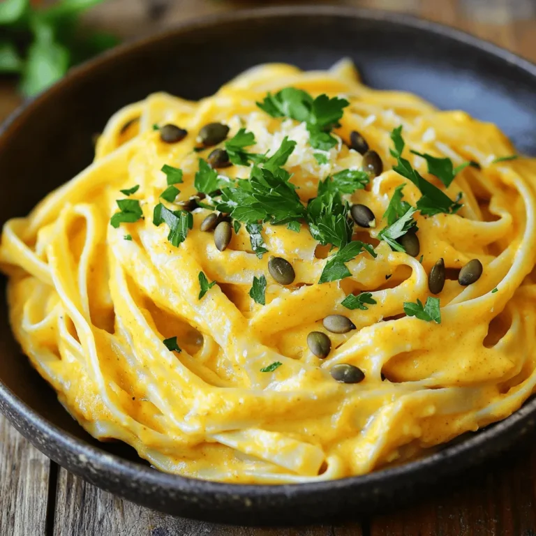 - 340 g Fettuccine-Nudeln - 240 ml Kürbispüree (aus der Dose oder selbstgemacht) - 240 ml Schlagsahne Die Fettuccine-Nudeln sind wichtig für die Textur des Gerichts. Sie sind lang und flach und nehmen die Sauce gut auf. Das Kürbispüree bringt die süße Note und die schöne Farbe. Du kannst es selbst machen oder die Dose verwenden. Die Schlagsahne gibt der Sauce eine cremige Konsistenz und macht sie reichhaltig. - 50 g geriebener Parmesan-Käse - 1 Teelöffel gemahlene Muskatnuss - 1 Teelöffel italienische Gewürze - Salz und Pfeffer nach Geschmack Der Parmesan-Käse fügt einen salzigen und nussigen Geschmack hinzu. Muskatnuss gibt der Sauce eine warme Note. Die italienischen Gewürze bringen Aromen wie Oregano und Basilikum. Mit Salz und Pfeffer kannst du die Sauce abschmecken, damit sie perfekt wird. - 30 g Butter - 15 ml Olivenöl - 2 Knoblauchzehen, fein gehackt - Frische Petersilie und Kürbiskerne zur Dekoration Die Butter und das Olivenöl sind die Basis für die Sauce. Sie sorgen für Geschmack und helfen, den Knoblauch anzubraten. Knoblauch gibt dem Gericht eine aromatische Tiefe. Petersilie bringt Farbe und Frische. Kürbiskerne fügen einen schönen Crunch hinzu und sehen toll aus. Um die Fettuccine perfekt zu kochen, bringe einen großen Topf mit gesalzenem Wasser zum Kochen. Füge die Fettuccine hinzu und koche sie nach den Anweisungen auf der Verpackung al dente. Dies dauert normalerweise etwa 8 bis 10 Minuten. Wenn die Nudeln fertig sind, seie sie ab und bewahre dabei 120 ml des Nudelwassers auf. Dieses Wasser hilft später, die Sauce zu binden. Jetzt beginnt der spaßige Teil! In einer großen Pfanne schmelze 30 g Butter zusammen mit 15 ml Olivenöl bei mittlerer Hitze. Die Mischung sorgt für einen reichen Geschmack. Füge 2 fein gehackte Knoblauchzehen hinzu und brate sie etwa 1 Minute lang an. Du willst, dass der Knoblauch duftet, aber nicht bräunt. Jetzt ist es Zeit für das Kürbispüree! Rühre 240 ml Kürbispüree in die Pfanne ein und lasse es 2 bis 3 Minuten kochen. Es sollte gut erhitzt werden. Danach gieße 240 ml Schlagsahne dazu und rühre alles mit einem Schneebesen gut durch. Lass die Mischung aufkochen und reduziere dann die Hitze. Jetzt kommt der Geschmack! Füge 50 g geriebenen Parmesan, 1 Teelöffel gemahlene Muskatnuss und 1 Teelöffel italienische Gewürze hinzu. Schmecke die Sauce mit Salz und Pfeffer ab. Wenn die Sauce zu dick ist, kannst du nach und nach das aufbewahrte Nudelwasser hinzufügen. Rühre, bis der Käse geschmolzen ist und die Sauce die richtige Konsistenz hat. Gib die gekochten Fettuccine in die Pfanne mit der Sauce. Vermenge alles gut, damit die Nudeln gleichmäßig mit der cremigen Kürbissauce überzogen sind. Verteile die Pasta auf Servierplatten. Für eine schöne Präsentation garniere die Pasta mit frischer Petersilie und einem Sprinkler Kürbiskernen. Das gibt eine tolle Textur und sieht auch hübsch aus! Um die Sauce perfekt zu machen, nutze das Nudelwasser. Es hat Stärke, die die Sauce bindet. Wenn die Sauce zu dick ist, füge nach und nach etwas Nudelwasser hinzu. Rühre gut um, bis die gewünschte Konsistenz erreicht ist. So bleibt die Sauce schön cremig und haftet gut an den Nudeln. Um den Geschmack zu verstärken, verwende frische Kräuter. Petersilie ist eine gute Wahl. Du kannst auch einen Spritzer Zitronensaft hinzufügen. Das bringt Frische in die Sauce. Achte darauf, die Gewürze gut zu dosieren. Ein wenig mehr Muskatnuss kann den Kürbis geschmacklich anheben. - Vorbereitungs- und Kochtipps: Bereite alle Zutaten vor, bevor du anfängst zu kochen. Das macht den Prozess viel einfacher. Achte darauf, dass der Knoblauch nicht anbrennt, da er sonst bitter wird. Rühre ständig um, wenn du ihn anbrätst. Für dieses Rezept benötigst du einige einfache Utensilien. - Großer Topf: Zum Kochen der Nudeln. - Große Pfanne: Zum Zubereiten der Sauce. - Schneebesen: Zum Mischen der Sauce. - Kochlöffel: Zum Rühren der Zutaten. Mit diesen Geräten wird das Kochen zum Kinderspiel! {{image_4}} Für eine vegetarische Version der cremigen Kürbis-Alfredo-Pasta kannst du einige einfache Anpassungen vornehmen. Verwende immer noch die Fettuccine-Nudeln und das Kürbispüree. Achte darauf, dass der Parmesan-Käse aus einer vegetarischen Quelle stammt. Du kannst auch Hefeflocken verwenden, um einen ähnlichen Käsegeschmack zu erzielen. Wenn du mehr Protein in dein Gericht einfügen möchtest, gibt es viele Optionen. Du kannst gebratene Pilze oder Spinat hinzufügen. Diese sind nahrhaft und passen gut zur Sauce. Garniere die Pasta mit gegrilltem Hähnchen oder Garnelen, um das Gericht noch herzhaft zu machen. Für eine glutenfreie Diät kannst du glutenfreie Pasta verwenden. Es gibt viele gute Marken, die Fettuccine oder andere Formen anbieten. Achte beim Kauf darauf, dass die Pasta nur aus glutenfreien Zutaten besteht. So kannst du die cremige Kürbis-Alfredo-Pasta genießen, ohne auf den Geschmack zu verzichten. Um die Reste deiner cremigen Kürbis-Alfredo-Pasta im Kühlschrank zu lagern, folge diesen Tipps: - Lass die Pasta auf Raumtemperatur abkühlen. - Fülle die Reste in einen luftdichten Behälter. - Stelle den Behälter in den Kühlschrank. - Die Pasta hält sich dort bis zu drei Tage. Wenn du die Pasta für später einfrieren möchtest, gehe so vor: - Teile die Pasta in Portionen auf. - Verwende gefriergeeignete Behälter oder Beutel. - Achte darauf, so viel Luft wie möglich zu entfernen. - Beschrifte die Behälter mit dem Datum. - Die Pasta kann bis zu drei Monate eingefroren werden. Die Haltbarkeit der Kürbis-Alfredo-Pasta ist wichtig. Hier sind die Details: - Im Kühlschrank bleibt die Pasta frisch für etwa drei Tage. - Anzeichen von Verderb sind ein unangenehmer Geruch oder Schimmel. - Wenn die Sauce wässrig wird, ist das auch ein Zeichen, dass sie nicht mehr gut ist. - Achte immer darauf, den Geruch und das Aussehen zu prüfen, bevor du sie isst. Um Kürbispüree selbst zu machen, folge diesen einfachen Schritten: 1. Kürbis auswählen: Wähle einen kleinen Hokkaido- oder Muskatkürbis. Sie sind perfekt für Püree. 2. Kürbis vorbereiten: Halbiere den Kürbis und entferne die Kerne mit einem Löffel. 3. Kürbis rösten: Lege die Hälften auf ein Backblech. Backe sie bei 180 °C für 30-40 Minuten, bis sie weich sind. 4. Pürieren: Nach dem Abkühlen, das Fruchtfleisch mit einer Gabel oder einem Mixer pürieren, bis es glatt ist. 5. Fertigstellung: Das Püree abkühlen lassen und dann verwenden. Ja, du kannst verschiedene Nudelsorten verwenden. Hier sind einige, die gut passen: - Penne: Diese Form hält die Sauce gut. - Tagliatelle: Sie sind ähnlich wie Fettuccine und sehr lecker. - Spaghetti: Eine klassische Wahl, die immer funktioniert. - Glutenfreie Pasta: Für eine glutenfreie Option sind viele Marken erhältlich. Wenn du keinen Parmesan hast, probiere diese Alternativen: - Pecorino: Er hat einen ähnlichen Geschmack, ist aber salziger. - Nährhefe: Sie gibt einen käsigen Geschmack und ist vegan. - Feta-Käse: Crumble ihn über die Pasta für einen anderen Geschmack. - Käse in der veganen Form: Es gibt viele Sorten, die gut schmelzen. Um die Sauce vegan zu machen, ersetze einige Zutaten: - Sahne: Verwende Kokosmilch oder eine pflanzliche Sahne. - Butter: Nutze vegane Butter oder Margarine. - Parmesan: Verwende Nährhefe oder einen veganen Käseersatz. - Kürbispüree: Das ist bereits vegan und bleibt gleich. Diese Tipps helfen dir, die Sauce anzupassen, ohne den Geschmack zu verlieren! Wir haben die Hauptzutaten für unser Gericht durchgegangen, von Fettuccine über Kürbispüree bis zu den Gewürzen. Ich habe Ihnen eine einfache Schritt-für-Schritt-Anleitung gegeben, um die Sauce und Nudeln perfekt zu kombinieren. Denken Sie daran, dass kleine Tipps den Geschmack verbessern können. Variationen machen das Rezept anpassbar, egal ob Sie vegetarisch oder glutenfrei essen. Schließlich sind die Tipps zur Aufbewahrung nützlich, um Reste frisch zu halten. Nutzen Sie alle Informationen, um Ihr Gericht zu einem Hit zu machen!