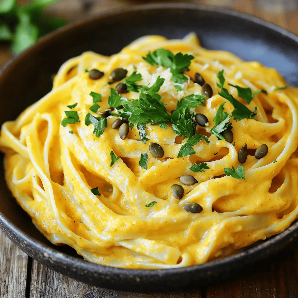 - 340 g Fettuccine-Nudeln - 240 ml Kürbispüree (aus der Dose oder selbstgemacht) - 240 ml Schlagsahne Die Fettuccine-Nudeln sind wichtig für die Textur des Gerichts. Sie sind lang und flach und nehmen die Sauce gut auf. Das Kürbispüree bringt die süße Note und die schöne Farbe. Du kannst es selbst machen oder die Dose verwenden. Die Schlagsahne gibt der Sauce eine cremige Konsistenz und macht sie reichhaltig. - 50 g geriebener Parmesan-Käse - 1 Teelöffel gemahlene Muskatnuss - 1 Teelöffel italienische Gewürze - Salz und Pfeffer nach Geschmack Der Parmesan-Käse fügt einen salzigen und nussigen Geschmack hinzu. Muskatnuss gibt der Sauce eine warme Note. Die italienischen Gewürze bringen Aromen wie Oregano und Basilikum. Mit Salz und Pfeffer kannst du die Sauce abschmecken, damit sie perfekt wird. - 30 g Butter - 15 ml Olivenöl - 2 Knoblauchzehen, fein gehackt - Frische Petersilie und Kürbiskerne zur Dekoration Die Butter und das Olivenöl sind die Basis für die Sauce. Sie sorgen für Geschmack und helfen, den Knoblauch anzubraten. Knoblauch gibt dem Gericht eine aromatische Tiefe. Petersilie bringt Farbe und Frische. Kürbiskerne fügen einen schönen Crunch hinzu und sehen toll aus. Um die Fettuccine perfekt zu kochen, bringe einen großen Topf mit gesalzenem Wasser zum Kochen. Füge die Fettuccine hinzu und koche sie nach den Anweisungen auf der Verpackung al dente. Dies dauert normalerweise etwa 8 bis 10 Minuten. Wenn die Nudeln fertig sind, seie sie ab und bewahre dabei 120 ml des Nudelwassers auf. Dieses Wasser hilft später, die Sauce zu binden. Jetzt beginnt der spaßige Teil! In einer großen Pfanne schmelze 30 g Butter zusammen mit 15 ml Olivenöl bei mittlerer Hitze. Die Mischung sorgt für einen reichen Geschmack. Füge 2 fein gehackte Knoblauchzehen hinzu und brate sie etwa 1 Minute lang an. Du willst, dass der Knoblauch duftet, aber nicht bräunt. Jetzt ist es Zeit für das Kürbispüree! Rühre 240 ml Kürbispüree in die Pfanne ein und lasse es 2 bis 3 Minuten kochen. Es sollte gut erhitzt werden. Danach gieße 240 ml Schlagsahne dazu und rühre alles mit einem Schneebesen gut durch. Lass die Mischung aufkochen und reduziere dann die Hitze. Jetzt kommt der Geschmack! Füge 50 g geriebenen Parmesan, 1 Teelöffel gemahlene Muskatnuss und 1 Teelöffel italienische Gewürze hinzu. Schmecke die Sauce mit Salz und Pfeffer ab. Wenn die Sauce zu dick ist, kannst du nach und nach das aufbewahrte Nudelwasser hinzufügen. Rühre, bis der Käse geschmolzen ist und die Sauce die richtige Konsistenz hat. Gib die gekochten Fettuccine in die Pfanne mit der Sauce. Vermenge alles gut, damit die Nudeln gleichmäßig mit der cremigen Kürbissauce überzogen sind. Verteile die Pasta auf Servierplatten. Für eine schöne Präsentation garniere die Pasta mit frischer Petersilie und einem Sprinkler Kürbiskernen. Das gibt eine tolle Textur und sieht auch hübsch aus! Um die Sauce perfekt zu machen, nutze das Nudelwasser. Es hat Stärke, die die Sauce bindet. Wenn die Sauce zu dick ist, füge nach und nach etwas Nudelwasser hinzu. Rühre gut um, bis die gewünschte Konsistenz erreicht ist. So bleibt die Sauce schön cremig und haftet gut an den Nudeln. Um den Geschmack zu verstärken, verwende frische Kräuter. Petersilie ist eine gute Wahl. Du kannst auch einen Spritzer Zitronensaft hinzufügen. Das bringt Frische in die Sauce. Achte darauf, die Gewürze gut zu dosieren. Ein wenig mehr Muskatnuss kann den Kürbis geschmacklich anheben. - Vorbereitungs- und Kochtipps: Bereite alle Zutaten vor, bevor du anfängst zu kochen. Das macht den Prozess viel einfacher. Achte darauf, dass der Knoblauch nicht anbrennt, da er sonst bitter wird. Rühre ständig um, wenn du ihn anbrätst. Für dieses Rezept benötigst du einige einfache Utensilien. - Großer Topf: Zum Kochen der Nudeln. - Große Pfanne: Zum Zubereiten der Sauce. - Schneebesen: Zum Mischen der Sauce. - Kochlöffel: Zum Rühren der Zutaten. Mit diesen Geräten wird das Kochen zum Kinderspiel! {{image_4}} Für eine vegetarische Version der cremigen Kürbis-Alfredo-Pasta kannst du einige einfache Anpassungen vornehmen. Verwende immer noch die Fettuccine-Nudeln und das Kürbispüree. Achte darauf, dass der Parmesan-Käse aus einer vegetarischen Quelle stammt. Du kannst auch Hefeflocken verwenden, um einen ähnlichen Käsegeschmack zu erzielen. Wenn du mehr Protein in dein Gericht einfügen möchtest, gibt es viele Optionen. Du kannst gebratene Pilze oder Spinat hinzufügen. Diese sind nahrhaft und passen gut zur Sauce. Garniere die Pasta mit gegrilltem Hähnchen oder Garnelen, um das Gericht noch herzhaft zu machen. Für eine glutenfreie Diät kannst du glutenfreie Pasta verwenden. Es gibt viele gute Marken, die Fettuccine oder andere Formen anbieten. Achte beim Kauf darauf, dass die Pasta nur aus glutenfreien Zutaten besteht. So kannst du die cremige Kürbis-Alfredo-Pasta genießen, ohne auf den Geschmack zu verzichten. Um die Reste deiner cremigen Kürbis-Alfredo-Pasta im Kühlschrank zu lagern, folge diesen Tipps: - Lass die Pasta auf Raumtemperatur abkühlen. - Fülle die Reste in einen luftdichten Behälter. - Stelle den Behälter in den Kühlschrank. - Die Pasta hält sich dort bis zu drei Tage. Wenn du die Pasta für später einfrieren möchtest, gehe so vor: - Teile die Pasta in Portionen auf. - Verwende gefriergeeignete Behälter oder Beutel. - Achte darauf, so viel Luft wie möglich zu entfernen. - Beschrifte die Behälter mit dem Datum. - Die Pasta kann bis zu drei Monate eingefroren werden. Die Haltbarkeit der Kürbis-Alfredo-Pasta ist wichtig. Hier sind die Details: - Im Kühlschrank bleibt die Pasta frisch für etwa drei Tage. - Anzeichen von Verderb sind ein unangenehmer Geruch oder Schimmel. - Wenn die Sauce wässrig wird, ist das auch ein Zeichen, dass sie nicht mehr gut ist. - Achte immer darauf, den Geruch und das Aussehen zu prüfen, bevor du sie isst. Um Kürbispüree selbst zu machen, folge diesen einfachen Schritten: 1. Kürbis auswählen: Wähle einen kleinen Hokkaido- oder Muskatkürbis. Sie sind perfekt für Püree. 2. Kürbis vorbereiten: Halbiere den Kürbis und entferne die Kerne mit einem Löffel. 3. Kürbis rösten: Lege die Hälften auf ein Backblech. Backe sie bei 180 °C für 30-40 Minuten, bis sie weich sind. 4. Pürieren: Nach dem Abkühlen, das Fruchtfleisch mit einer Gabel oder einem Mixer pürieren, bis es glatt ist. 5. Fertigstellung: Das Püree abkühlen lassen und dann verwenden. Ja, du kannst verschiedene Nudelsorten verwenden. Hier sind einige, die gut passen: - Penne: Diese Form hält die Sauce gut. - Tagliatelle: Sie sind ähnlich wie Fettuccine und sehr lecker. - Spaghetti: Eine klassische Wahl, die immer funktioniert. - Glutenfreie Pasta: Für eine glutenfreie Option sind viele Marken erhältlich. Wenn du keinen Parmesan hast, probiere diese Alternativen: - Pecorino: Er hat einen ähnlichen Geschmack, ist aber salziger. - Nährhefe: Sie gibt einen käsigen Geschmack und ist vegan. - Feta-Käse: Crumble ihn über die Pasta für einen anderen Geschmack. - Käse in der veganen Form: Es gibt viele Sorten, die gut schmelzen. Um die Sauce vegan zu machen, ersetze einige Zutaten: - Sahne: Verwende Kokosmilch oder eine pflanzliche Sahne. - Butter: Nutze vegane Butter oder Margarine. - Parmesan: Verwende Nährhefe oder einen veganen Käseersatz. - Kürbispüree: Das ist bereits vegan und bleibt gleich. Diese Tipps helfen dir, die Sauce anzupassen, ohne den Geschmack zu verlieren! Wir haben die Hauptzutaten für unser Gericht durchgegangen, von Fettuccine über Kürbispüree bis zu den Gewürzen. Ich habe Ihnen eine einfache Schritt-für-Schritt-Anleitung gegeben, um die Sauce und Nudeln perfekt zu kombinieren. Denken Sie daran, dass kleine Tipps den Geschmack verbessern können. Variationen machen das Rezept anpassbar, egal ob Sie vegetarisch oder glutenfrei essen. Schließlich sind die Tipps zur Aufbewahrung nützlich, um Reste frisch zu halten. Nutzen Sie alle Informationen, um Ihr Gericht zu einem Hit zu machen!