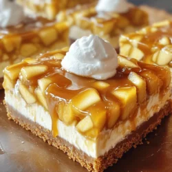 Um die köstlichen Karamell-Apfel-Cheesecake-Riegel zuzubereiten, benötigst du folgende Zutaten: - 1 ½ Tassen Graham-Cracker-Brösel - ½ Tasse ungesalzene Butter, geschmolzen - 1/3 Tasse Zucker - 2 mittlere Äpfel, geschält, entkernt und gewürfelt (vorzugsweise Granny Smith) - 1 Teelöffel Zimt - 8 oz Frischkäse, weich - 1 Tasse Puderzucker - 2 große Eier - 1 Teelöffel Vanilleextrakt - ½ Tasse Sauerrahm - ½ Tasse Karamellsoße (kaufen oder selbstgemacht) Wähle frische Äpfel für den besten Geschmack. Granny Smith Äpfel geben eine tolle Säure. Sie harmonieren perfekt mit der süßen Karamellsoße. Achte darauf, dass der Frischkäse weich ist. So wird die Füllung cremig. Bei der Butter solltest du ungesalzene verwenden. Dies hilft, den Geschmack zu kontrollieren. Verwende frischen Zimt, um den besten Aroma zu bekommen. Wenn du eine Glutenunverträglichkeit hast, kannst du glutenfreie Graham-Cracker verwenden. Für Milchallergien kann man veganen Frischkäse nutzen. Er ist eine gute Alternative. Statt Eier kannst du Apfelmus verwenden. Ein Viertel Tasse Apfelmus ersetzt ein Ei. Achte darauf, auch die Karamellsoße anzupassen. Es gibt viele vegane Optionen im Handel. Heize deinen Ofen auf 175 °C vor. Das ist wichtig, um die Riegel gleichmäßig zu backen. Lege eine 9x9 Zoll Backform mit Backpapier aus. Lass dabei einen Rand überhängen. So kannst du die Riegel später einfach herausnehmen. In einer mittelgroßen Schüssel vermenge 1 ½ Tassen Graham-Cracker-Brösel, ½ Tasse geschmolzene Butter und 1/3 Tasse Zucker. Mische alles gut, bis die Brösel die Butter gleichmäßig aufgenommen haben. Drücke diese Mischung fest auf den Boden der Backform. Achte darauf, dass die Kruste gleichmäßig ist. Backe die Kruste für 10 Minuten und lass sie dann leicht abkühlen. Während die Kruste abkühlt, bereite die Füllung vor. Nimm eine große Rührschüssel und gib 8 oz weichen Frischkäse hinein. Rühre den Frischkäse mit einem elektrischen Mixer glatt. Füge dann nach und nach 1 Tasse Puderzucker hinzu. Mixe weiter, bis alles gut vermischt ist. Danach gib die Eier nacheinander dazu. Rühre nach jeder Zugabe gut um. Füge 1 Teelöffel Vanilleextrakt und ½ Tasse Sauerrahm hinzu. Mische alles, bis es schön cremig ist. Jetzt kommt der spannende Teil! Gieße die Hälfte der Cheesecake-Füllung gleichmäßig über die abgekühlte Kruste. In einer separaten Schüssel vermenge 2 gewürfelte Äpfel mit 1 Teelöffel Zimt. Mische diese Apfel-Zimt-Mischung unter die restliche Füllung. Gieße sie dann über die erste Schicht. Verwende ein Messer, um die Schichten leicht zu swirlens. Beträufle die Oberseite mit ½ Tasse Karamellsoße. Swirl sie vorsichtig hinein, um einen schönen Effekt zu erzielen. Backe alles für 35-40 Minuten. Die Ränder sollten fest sein, während die Mitte leicht wackelt. Lass die Riegel in der Form abkühlen und kühl sie dann für mindestens 2 Stunden im Kühlschrank. Ein häufiger Fehler ist, die Kruste zu locker zu machen. Drücke die Graham-Cracker-Brösel fest zusammen. So bleibt die Kruste stabil. Achte darauf, die Äpfel nicht zu lange in der Mischung zu lassen. Sie sollen frisch bleiben. Wenn du die Cheesecake-Füllung machst, rühre den Frischkäse gut, bevor du die Eier hinzufügst. Klumpen sind schwer zu vermeiden, wenn du alles auf einmal mischst. Die perfekte Konsistenz erreicht du, wenn die Füllung cremig ist. Achte darauf, dass der Frischkäse weich ist. Lass ihn vorher etwas bei Raumtemperatur stehen. Füge die Eier nacheinander hinzu, um eine glatte Mischung zu bekommen. Wenn die Füllung zu dick ist, kannst du einen kleinen Schuss Milch oder Sahne hinzufügen. So wird sie geschmeidig und leicht zu verteilen. Präsentation ist wichtig! Schneide die Riegel in gleichmäßige Quadrate. Drizzle zusätzliche Karamellsoße oben drauf für den Wow-Faktor. Ein Klecks Schlagsahne macht sie noch ansprechender. Du kannst auch gehackte Nüsse oder Schokoladenstückchen oben hinzufügen. Das sorgt für einen schönen Kontrast und macht die Riegel noch leckerer. {{image_4}} Du kannst die Karamellsoße durch Schokoladensoße ersetzen, wenn du Schokolade liebst. Die Kombination aus Käsekuchen und Schokolade ist himmlisch. Du kannst auch Karamell und Schokolade zusammen nutzen. Mische beides in Schichten für einen tollen Geschmack. Denke daran, die Soßen vor dem Backen leicht zu swirlens. So erhältst du ein schönes Muster. Äpfel sind wunderbar, aber du kannst auch andere Früchte verwenden. Birnen oder Pfirsiche passen gut in dieses Rezept. Du kannst auch Beeren verwenden, wie Himbeeren oder Blaubeeren. Diese Früchte bringen eine frische Note. Achte darauf, die Früchte klein zu schneiden, damit sie gleichmäßig backen. Für glutenfreie Riegel nutze glutenfreie Graham-Cracker oder Hafer. Achte darauf, dass alle anderen Zutaten auch glutenfrei sind. Du kannst den Frischkäse durch veganen Frischkäse ersetzen. Verwende für die Eier eine Mischung aus Leinsamen und Wasser. Das ergibt eine ähnliche Textur. So kannst du ein leckeres, veganes Dessert genießen, das allen schmeckt. Um die Frische deiner Caramel Apple Cheesecake Bars zu bewahren, lagere sie richtig. Du kannst die Riegel in einem luftdichten Behälter aufbewahren. Lege ein Blatt Backpapier zwischen die Riegel, damit sie nicht aneinanderkleben. So bleiben sie schön und lecker. Im Kühlschrank halten die Cheesecake-Riegel bis zu fünf Tage. Achte darauf, dass du sie gut verpackst. Wenn du sie länger aufbewahren möchtest, kannst du sie einfrieren. In einem gut verschlossenen Behälter bleiben sie bis zu drei Monate frisch. Du kannst die Cheesecake-Riegel auch im Voraus zubereiten. Bereite die Riegel bis zum Backen vor und lagere sie im Kühlschrank. Du kannst sie einen Tag vorher machen. Backe sie einfach, wenn du sie brauchst. So hast du immer einen leckeren Snack bereit. Die Cheesecake-Riegel müssen mindestens zwei Stunden im Kühlschrank kühlen. So setzen sich die Aromen perfekt. Außerdem wird die Textur fester und die Riegel lassen sich leichter schneiden. Ja, du kannst die Riegel einfrieren. Packe sie gut ein, um Gefrierbrand zu vermeiden. Sie bleiben so bis zu drei Monate frisch. Zum Auftauen lege sie einfach in den Kühlschrank, bis sie weich sind. Um die Textur zu verbessern, stelle sicher, dass der Frischkäse weich ist. Mixe die Zutaten gut, bis keine Klumpen mehr vorhanden sind. Eine gute Mischung sorgt für eine cremige Konsistenz. Ja, du kannst die Riegel ohne Karamellsoße machen. Sie schmecken auch so gut. Du kannst die Riegel mit Schokoladensoße oder einer Fruchtsoße servieren. So hast du eine neue, leckere Variante. Dieser Artikel hat dir die wichtigen Zutaten und Schritte für Cheesecake-Riegel gezeigt. Wir haben auch Tipps geteilt, um häufige Fehler zu vermeiden. Du hast gelernt, wie du die besten Zutaten auswählst und auch wie du die Riegel variieren kannst. Denke daran, die Riegel richtig zu lagern. So bleiben sie frisch und lecker. Ich hoffe, diese Informationen helfen dir, deine nächsten Cheesecake-Riegel perfekt zuzubereiten! Genieß das Backen und die Riegel!