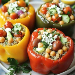 Um die besten Mediterrane Kichererbsen gefüllte Paprika zu machen, brauchst du: - 4 große Paprika (beliebige Farbe) - 1 Dose (425 g) Kichererbsen, abgetropft und abgespült - 1 Tasse gekochte Quinoa oder Couscous - 1 Tasse Cherrytomaten, halbiert - 1/2 Tasse Gurke, gewürfelt - 1/4 Tasse rote Zwiebel, fein gehackt - 1/4 Tasse Kalamata-Oliven, gehackt - 1/4 Tasse Feta-Käse, zerbröckelt - 2 Esslöffel frische Petersilie, gehackt - 2 Esslöffel Olivenöl - 1 Esslöffel Zitronensaft - 1 Teelöffel getrockneter Oregano - Salz und Pfeffer nach Geschmack Die Auswahl der Paprika ist wichtig. Wähle frische, feste Paprika aus. Die Farbe ist egal, aber alle sehen toll aus. Du kannst Quinoa oder Couscous verwenden. Beides hat einen guten Geschmack. Die Kichererbsen sind die Hauptzutat. Sie enthalten viel Protein und Ballaststoffe. Feta-Käse gibt einen cremigen Geschmack. Wenn du ihn nicht magst, lasse ihn weg. Die Kalamata-Oliven bringen eine salzige Note. Du kannst auch grüne Oliven nehmen. Petersilie ist frisch und gibt Farbe. Zitronensaft macht die Füllung spritzig. Das Olivenöl macht alles saftig und lecker. Oregano bringt einen tollen mediterranen Geschmack. Diese gefüllten Paprika sind nicht nur lecker, sondern auch gesund. Sie enthalten viele Nährstoffe. Kichererbsen sind eine gute Proteinquelle. Sie helfen, den Hunger zu stillen. Quinoa ist voll von Ballaststoffen. Sie fördern die Verdauung und helfen dir, dich wohlzufühlen. Paprika ist reich an Vitamin C. Sie stärkt dein Immunsystem. Tomaten bringen Antioxidantien mit. Diese schützen deine Zellen. Gurken sind erfrischend und hydratisierend. Zusammen bieten die Zutaten eine ausgewogene Mahlzeit. Sie sind perfekt für eine gesunde Ernährung. Heize deinen Ofen auf 190 °C vor. Das gibt den Paprika die richtige Wärme. Während der Ofen heizt, nimm die Paprika. Schneide die Oberteile ab und entferne die Kerne. Stelle die Paprika aufrecht in eine Auflaufform. So bleiben sie stabil und die Füllung bleibt drin. In einer großen Schüssel vermenge die Kichererbsen, die gekochte Quinoa und die halbierten Cherrytomaten. Füge die gewürfelte Gurke und die rote Zwiebel hinzu. Dann kommen die gehackten Oliven und der Feta-Käse dazu. Mische alles gut. Träufle dann das Olivenöl und den Zitronensaft darüber. Streue den Oregano, Salz und Pfeffer in die Mischung. Rühre vorsichtig, bis alles gut vermischt ist. Jetzt fülle die Kichererbsen-Mischung in jede Paprika. Drücke die Mischung sanft hinein, aber überfülle sie nicht. Decke die Auflaufform mit Aluminiumfolie ab. Backe die Paprika 25 Minuten im Ofen. Nimm dann die Folie ab und backe sie weitere 10-15 Minuten. Sie sollten zart und leicht angebräunt sein. Lass die Paprika nach dem Backen einige Minuten abkühlen, bevor du sie servierst. Wähle große, feste Paprika aus. Sie sollten glänzend und ohne Flecken sein. Farben wie rot, gelb oder grün sind ideal. Achte darauf, dass sie gleichmäßig groß sind. So passen sie gut in die Auflaufform. Die Schale sollte glatt sein. Das zeigt, dass sie frisch sind. Die Gewürze machen den Unterschied. Verwende frischen Oregano für mehr Geschmack. Petersilie gibt frische Noten. Du kannst auch Basilikum oder Thymian probieren. Für einen scharfen Kick füge etwas Paprikapulver hinzu. Salz und Pfeffer sind wichtig, um die Aromen zu verstärken. Mische die Gewürze gut in die Füllung. Fülle die Paprika vorsichtig und drücke sanft. Lass etwas Platz oben, damit die Füllung beim Backen nicht herausquillt. Achte darauf, dass die Mischung locker bleibt. Überfüllte Paprika können leicht zerbrechen. Wenn du die Paprika beim Füllen drehst, verteilt sich die Füllung gleichmäßig. So behältst du die Form. {{image_4}} Du kannst die gefüllten Paprika leicht vegan machen. Lass einfach den Feta-Käse weg. Stattdessen kannst du mehr Kichererbsen oder Tofu hinzufügen. Tofu gibt eine tolle Textur. Du kannst auch Nüsse für einen Crunch verwenden. Frische Kräuter wie Basilikum oder Koriander machen das Gericht lebendiger. Wenn du glutenfrei essen möchtest, ist Quinoa eine super Wahl. Es ist nahrhaft und hat einen tollen Geschmack. Du kannst auch Reis verwenden, wenn dir das besser gefällt. Achte darauf, dass der Couscous glutenfrei ist, wenn du ihn benutzen möchtest. Das macht das Gericht für alle zugänglich. Sei kreativ mit der Füllung! Du kannst Zucchini, Auberginen oder sogar Spinat hinzufügen. Diese Gemüsesorten bringen Abwechslung. Probiere auch verschiedene Gewürze aus. Paprika oder Kreuzkümmel bringen neue Geschmäcker. Lass deiner Fantasie freien Lauf und mache das Rezept zu deinem eigenen! Um die Mediterranen Kichererbsen gefüllte Paprika frisch zu halten, lagere sie im Kühlschrank. Setze die Paprika in einen luftdichten Behälter. Sie bleiben so bis zu 4 Tage frisch. Wenn du sie länger aufbewahren möchtest, friere sie ein. Wickele jede gefüllte Paprika in Frischhaltefolie. Lege sie dann in einen Gefrierbehälter. So bleiben sie bis zu 3 Monate gut. Das Aufwärmen der gefüllten Paprika ist einfach. Du kannst sie in der Mikrowelle aufwärmen. Stelle die Mikrowelle auf mittlere Hitze und erwärme sie für 2-3 Minuten. Alternativ kannst du sie im Ofen aufwärmen. Heize den Ofen auf 180 °C vor und backe sie für 15-20 Minuten. So bleiben die Paprika weich und lecker. Die Haltbarkeit der gefüllten Paprika hängt von der Lagerung ab. Im Kühlschrank sind sie 3-4 Tage haltbar. Im Gefrierfach halten sie bis zu 3 Monate. Achte darauf, auf Veränderungen im Geruch oder Aussehen zu prüfen. Wenn sie schlecht aussehen oder riechen, solltest du sie nicht essen. Die Zubereitung der gefüllten Paprika dauert etwa 50 Minuten. Davon sind 15 Minuten für die Vorbereitung und 35 Minuten für das Backen. Du kannst die Paprika schnell in der Küche vorbereiten. Das Backen bringt die Aromen zusammen und macht die Paprika zart. Ja, du kannst andere Gemüsesorten verwenden. Zucchini, Auberginen oder Tomaten sind gute Alternativen. Achte darauf, dass das Gemüse stabil genug ist, um die Füllung zu halten. Jedes Gemüse hat seinen eigenen Geschmack, der die Füllung ergänzt. Experimentiere, um deinen Favoriten zu finden. Ja, gefüllte Paprika mit Kichererbsen sind sehr gesund. Kichererbsen sind reich an Eiweiß und Ballaststoffen. Sie helfen dir, satt zu bleiben und geben dir Energie. Auch die frischen Gemüse wie Gurken und Tomaten liefern Vitamine. Feta-Käse bringt Geschmack und etwas Calcium. Dieses Gericht ist nahrhaft und lecker! In diesem Artikel haben wir die Zutaten und die Zubereitung von mediterranen Kichererbsen gefüllten Paprika erkundet. Wir haben auch die besten Tipps zur Auswahl der perfekten Paprika gegeben und verschiedene Variationen besprochen, wie vegane und glutenfreie Optionen. Die richtige Lagerung und das Aufwärmen der Reste helfen dabei, die Gerichte frisch zu halten. Nutze diese Schritte, um gesunde und schmackhafte Mahlzeiten zu kreieren. Probiere es selbst aus. So einfach kann gutes Essen sein.