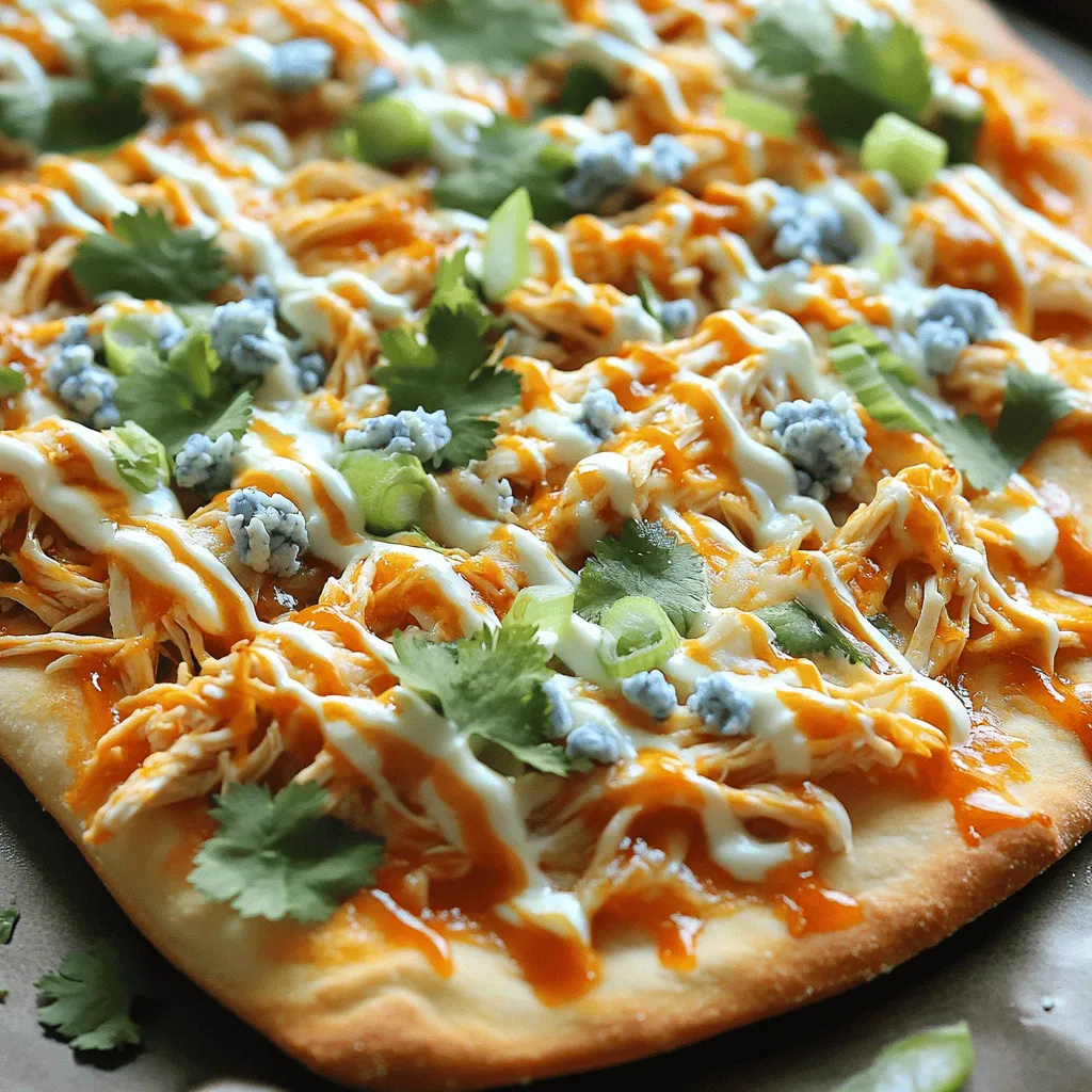 Für die Buffalo Chicken Fladenbrot Pizza brauchst du nur einige einfache Zutaten. Hier ist, was du brauchst: - 1 großes Fladenbrot oder Naan - 1 Tasse gekochtes Hähnchen, zerrissen - 1/2 Tasse Buffalo-Sauce - 1 Tasse Mozzarella, gerieben - 1/2 Tasse Blauschimmelkäse, zerbröselt - 1/4 Tasse Ranch-Dressing - 1/4 Tasse Frühlingszwiebeln, in Ringe geschnitten - Frischer Koriander zur Garnitur (optional) - Olivenöl zum Bestreichen - Salz und Pfeffer nach Geschmack Jede Zutat trägt zum Gesamtgeschmack der Pizza bei. Das Hähnchen macht sie herzhaft. Die Buffalo-Sauce fügt die richtige Schärfe hinzu. Mozzarella sorgt für den schmelzenden Käsegeschmack, während Blauschimmelkäse eine interessante Note bringt. Die Wahl der Buffalo-Sauce ist wichtig. Sie bestimmt, wie scharf und würzig die Pizza wird. Suche nach einer Sauce, die frisch und aromatisch ist. Du kannst sie im Laden kaufen oder selbst machen. Wenn du es schärfer magst, wähle eine scharfe Sauce. Für einen milderen Geschmack, nimm eine milde Version. Käse ist der Star dieser Pizza. Mozzarella ist die beste Wahl, da er gut schmilzt. Er gibt der Pizza eine tolle cremige Textur. Blauschimmelkäse gibt dem Ganzen einen besonderen Kick. Du kannst auch andere Käsesorten probieren. Parmesan oder Cheddar können eine gute Ergänzung sein. Wähle Käse, der gut zu deinem Geschmack passt. Heizen Sie den Ofen auf 220°C vor. Dies dauert nur ein paar Minuten. In einer Schüssel mischen Sie das zerrissene Hähnchen mit der Buffalo-Sauce. Rühren Sie gut, bis das Hähnchen gleichmäßig bedeckt ist. Legen Sie das Fladenbrot auf ein Backblech. Bestreichen Sie eine Seite mit Olivenöl. Dies hilft, einen knusprigen Boden zu erzielen. Verteilen Sie die Hähnchenmischung gleichmäßig auf dem Fladenbrot. Streuen Sie die geriebene Mozzarella großzügig darüber. Fügen Sie dann den zerbröselten Blauschimmelkäse hinzu. Würzen Sie nach Geschmack mit Salz und Pfeffer. Backen Sie die Pizza für 10 bis 12 Minuten. Achten Sie darauf, dass der Käse schmilzt und blubbert. Die Ränder des Fladenbrotes sollten goldbraun sein. Nehmen Sie die Pizza aus dem Ofen und träufeln Sie das Ranch-Dressing gleichmäßig darüber. Garnieren Sie mit geschnittenen Frühlingszwiebeln und frischem Koriander, wenn Sie möchten. Schneiden Sie die Pizza in Stücke und servieren Sie sie heiß. Um die Pizza schön knusprig zu machen, empfehle ich, das Fladenbrot vor dem Belegen leicht mit Olivenöl zu bestreichen. Das Öl hilft, eine goldbraune Kruste zu erzielen. Backen Sie die Pizza auf einem heißen Backblech oder in einem Pizzastein. Diese Methoden sorgen für eine gleichmäßige Hitze und eine knusprige Unterseite. Achten Sie darauf, die Pizza nicht zu lange zu backen. Nach etwa 10 bis 12 Minuten sollte der Käse geschmolzen und die Ränder goldbraun sein. Ein häufiger Fehler ist, zu viel Sauce zu verwenden. Zu viel Buffalo-Sauce kann das Fladenbrot durchweichen. Stattdessen sollten Sie die Sauce gut mit dem Hähnchen vermischen und gleichmäßig darauf verteilen. Ein weiterer Fehler ist, den Käse zu früh hinzuzufügen. Lassen Sie das Hähnchen zuerst backen, damit es die Aromen entfalten kann. Fügen Sie den Käse erst in den letzten Minuten hinzu, damit er perfekt schmilzt. Die Möglichkeiten für zusätzliche Toppings sind endlos! Wenn Sie etwas Frisches möchten, fügen Sie geschnittene Paprika oder Spinat hinzu. Für mehr Geschmack können Sie Jalapeños oder frische Tomaten verwenden. Mögen Sie es cremiger? Geben Sie mehr Ranch-Dressing oben drauf. Seien Sie kreativ und passen Sie die Pizza an Ihre Vorlieben an. So wird jede Pizza zu einem neuen Erlebnis. {{image_4}} Wenn Sie eine vegane Version machen möchten, ersetzen Sie das Hähnchen. Verwenden Sie stattdessen zerdrückte Kichererbsen oder jackfruit. Diese Zutaten bieten eine tolle Textur. Für die Käsesorte können Sie veganen Käse verwenden. Achten Sie darauf, eine würzige Buffalo-Sauce zu wählen, die keine tierischen Produkte enthält. So bleibt der Geschmack intensiv und lecker. Für glutenfreie Optionen gibt es viele tolle Fladenbrote. Suchen Sie nach glutenfreien Naan oder Tortillas. Diese sind oft in Supermärkten erhältlich. Sie können auch selbst ein einfaches glutenfreies Fladenbrot machen. Mischen Sie einfach glutenfreies Mehl mit Wasser und etwas Öl. Rollen Sie den Teig dünn aus und backen Sie ihn. Buffalo Chicken Pizza lässt sich leicht anpassen. Fügen Sie zum Beispiel frisches Gemüse wie Paprika oder Spinat hinzu. Diese geben einen tollen Crunch. Sie können auch andere Käsesorten ausprobieren, wie Cheddar oder Gouda. Eine süßere Note erreichen Sie mit Honig oder BBQ-Sauce. Experimentieren Sie und finden Sie Ihren eigenen Favoriten! Um die Reste deiner Buffalo Chicken Fladenbrot Pizza frisch zu halten, lege sie in einen luftdichten Behälter. Du kannst auch Frischhaltefolie verwenden. Achte darauf, die Pizza vollständig abkühlen zu lassen, bevor du sie lagerst. So vermeidest du Feuchtigkeit, die die Pizza matschig macht. Die Reste halten sich im Kühlschrank etwa 3 Tage. Wenn du die Pizza aufwärmen möchtest, nutze den Ofen für das beste Ergebnis. Heize den Ofen auf 180°C vor. Lege die Pizza auf ein Backblech und backe sie für 10 Minuten. So wird der Boden knusprig und der Käse schmilzt schön. Du kannst auch eine Pfanne verwenden. Erhitze sie bei mittlerer Hitze und lege die Pizza hinein. Decke die Pfanne mit einem Deckel ab. Dies hilft, den Käse gleichmäßig zu schmelzen. Die Zutaten für deine Pizza haben unterschiedliche Haltbarkeiten. Gekochtes Hähnchen bleibt im Kühlschrank etwa 3 bis 4 Tage frisch. Mozzarella und Blauschimmelkäse sind in der Regel 1 bis 2 Wochen haltbar, wenn sie richtig gelagert werden. Achte darauf, dass die Buffalo-Sauce ebenfalls gut verschlossen ist. Sie bleibt im Kühlschrank etwa 6 Monate haltbar. Frühlingszwiebeln sollten frisch verwendet werden, da sie schnell welken. Um die Pizza schärfer zu machen, füge mehr Buffalo-Sauce hinzu. Du kannst auch frische Chilis oder Cayennepfeffer verwenden. Wenn du es wirklich scharf magst, probiere Jalapeños als Topping. Diese kleinen Änderungen erhöhen den Schärfegrad sofort. Achte darauf, die Schärfe langsam zu steigern, um deinen Geschmack nicht zu überfordern. Ja, du kannst die Buffalo-Sauce einfach selbst machen. Mische gleich Teile scharfe Sauce mit geschmolzener Butter. Füge nach Geschmack etwas Knoblauchpulver oder Paprika hinzu. So kannst du die Schärfe und den Geschmack genau nach deinen Wünschen anpassen. Selbstgemachte Sauce schmeckt oft frischer und besser. Zu dieser Pizza passen verschiedene Beilagen gut. Ein klassischer Salat mit Ranch-Dressing ist immer eine gute Wahl. Karotten- und Selleriesticks sind ebenfalls beliebt. Du kannst auch Nachos mit Käse servieren, um den Snack-Charakter zu betonen. Diese Beilagen ergänzen den Geschmack und machen das Essen noch besser. Diese Anleitung hat gezeigt, wie man eine köstliche Buffalo Chicken Fladenbrot Pizza macht. Wir haben die besten Zutaten, die Zubereitung und praktische Tipps behandelt. Denken Sie daran, die Auswahl der Sauce und des Käses ist entscheidend. Experimentieren Sie mit Toppings für neuen Geschmack. Lagern Sie Reste richtig, um die Qualität zu bewahren. Mit diesen Tipps gelingt die perfekte Pizza immer wieder. Viel Spaß beim Ausprobieren und Genießen Ihrer Kreationen!