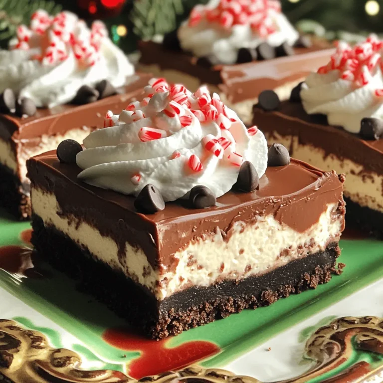 - 1 ½ Tassen zerbrochene Schokoladen-Sandwich-Kekse - ½ Tasse ungesalzene Butter, geschmolzen - 1 (225 g) Paket Frischkäse, weich - ½ Tasse Zucker - 2 große Eier - 1 Teelöffel Vanilleextrakt - 1 Teelöffel Pfefferminzextrakt - 1 Tasse halbbitterschokoladige Schokoladenstückchen - ½ Tasse Schlagsahne (zum Garnieren) - Zerbrochene Pfefferminzbonbons (zum Dekorieren) Achte darauf, die Butter gut zu schmelzen. Dies hilft, die Keksbasis fest zu machen. Verwende frischen Frischkäse, damit die Füllung cremig wird. Es ist wichtig, die Eier bei Raumtemperatur zu haben. So mischen sie sich besser. Der Pfefferminzgeschmack kommt am besten zur Geltung, wenn du reines Pfefferminzextrakt benutzt. Falls du keine Schokoladen-Sandwich-Kekse hast, nutze einfache Kekse oder Graham Cracker. Du kannst auch Margarine statt Butter verwenden. Bei Frischkäse kann Quark eine gute Alternative sein. Wenn du keinen Zucker möchtest, probiere Süßstoff oder Honig. Für eine vegane Variante, nutze pflanzliche Butter und einen pflanzlichen Frischkäse. Heize zuerst deinen Ofen auf 175 °C (350 °F) vor. Nimm eine 20x20 cm (8x8 Zoll) Backform und lege sie mit Backpapier aus. Lass das Papier über die Ränder hängen. Das hilft dir später, die Riegel leicht herauszunehmen. In einer mittelgroßen Schüssel vermenge 1 ½ Tassen zerbrochene Schokoladen-Sandwich-Kekse mit ½ Tasse geschmolzener Butter. Rühre, bis die Mischung wie feuchter Sand aussieht. Drücke die Keksmasse gleichmäßig auf den Boden der Form. Dies bildet die feste Kruste. Backe die Kruste für 10 Minuten und lasse sie dann abkühlen. Nimm eine andere Schüssel und schlage 1 Paket weichen Frischkäse mit ½ Tasse Zucker glatt. Füge 2 große Eier nacheinander hinzu und rühre gut um. Mische 1 Teelöffel Vanilleextrakt und 1 Teelöffel Pfefferminzextrakt unter. Füge 1 Tasse halbbitterschokoladige Schokoladenstückchen hinzu und falte sie vorsichtig unter die Käsekuchenmasse. Gieße die Käsekuchenmasse über die abgekühlte Keksbasis. Verteile die Masse gleichmäßig mit einem Spatel. Backe die Mischung für 25-30 Minuten. Die Ränder sollten fest sein, die Mitte aber leicht wackelig. Lass die Mischung bei Raumtemperatur abkühlen. Stelle sie dann für mindestens 4 Stunden in den Kühlschrank. So wird sie perfekt fest. Zum Servieren hebe die Käsekuchenriegel mit dem Backpapier aus der Form. Schneide sie in Riegel und garniere sie mit Schlagsahne und zerbrochenen Pfefferminzbonbons. Um die perfekte Konsistenz für deinen Schokoladen-Pfefferminz-Käsekuchen zu erreichen, ist es wichtig, die Zutaten gut zu vermengen. Achte darauf, dass der Frischkäse weich ist. Dies hilft, Klumpen zu vermeiden. Schlage den Frischkäse und den Zucker gründlich, bis die Mischung glatt ist. Füge die Eier einzeln hinzu. So bleibt die Mischung leicht und luftig. Wenn du die Schokoladenstückchen unterhebst, mache dies vorsichtig, um die Luftigkeit nicht zu verlieren. Ein häufiger Fehler ist, den Käsekuchen zu lange zu backen. Achte darauf, dass die Ränder fest sind, aber die Mitte etwas wackelig bleibt. Wenn die Mitte zu fest ist, wird der Käsekuchen trocken. Ein weiterer Fehler ist die zu kurze Kühlzeit. Lass die Riegel mindestens vier Stunden im Kühlschrank. Idealerweise über Nacht. So setzen sich die Aromen besser. Überprüfe auch, ob dein Ofen die richtige Temperatur hat. Ein Ofenthermometer hilft dir dabei. Die Präsentation ist wichtig! Arrangiere die Riegel auf einer schönen Platte. Du kannst sie mit Schlagsahne und zerbrochenen Pfefferminzbonbons dekorieren. Ein wenig Schokoladensauce wirkt ebenfalls toll. Für einen festlichen Touch kannst du auch ein paar ganze Pfefferminzbonbons auf die Platte legen. Denke daran, die Riegel gleichmäßig zu schneiden. So sehen sie schöner aus. {{image_4}} Wenn du die Schokoladenstückchen variieren möchtest, gibt es viele Optionen. Du kannst weiße Schokolade verwenden, um einen süßen Kontrast zu schaffen. Dunkle Schokolade passt gut, wenn du eine intensivere Note willst. Auch Milchschokolade ist eine tolle Wahl für einen süßeren Geschmack. Für eine fruchtige Note probiere Stücke von getrockneten Cranberries oder Kirschen. Sie geben den Riegeln eine schöne Farbe und einen neuen Geschmack. Die Aromen in diesem Rezept sind einfach, aber du kannst sie leicht anpassen. Füge etwas Zimt oder Muskatnuss hinzu, um einen warmen Geschmack zu erzielen. Du kannst auch andere Extrakte verwenden, wie Mandeln oder Orangen. Wenn du es besonders magst, probiere einen Schuss Espresso für einen kräftigen Kaffeegeschmack. Diese kleinen Änderungen machen große Unterschiede und bringen neue Geschmäcker in deine Riegel. Wenn du glutenfrei backen möchtest, nimm glutenfreie Kekse für die Kruste. Es gibt viele Marken, die schmackhafte glutenfreie Optionen bieten. Für vegane Riegel ersetze die Eier durch Apfelmus oder Leinsamen. Nutze pflanzliche Frischkäsealternativen und vegane Butter. So kannst du die Riegel genießen, ohne auf den Geschmack zu verzichten. Diese Anpassungen machen die Riegel für alle geeignet. Um die Schokoladen-Pfefferminz-Käsekuchenriegel frisch zu halten, lagern Sie sie im Kühlschrank. Bewahren Sie die Riegel in einem luftdichten Behälter auf. So bleibt die Textur weich und lecker. Vermeiden Sie direkte Sonnenstrahlung und Hitze. Kühle Temperaturen helfen, die Aromen zu bewahren. Im Kühlschrank halten sich die Riegel bis zu einer Woche. Überprüfen Sie die Riegel regelmäßig, um sicherzustellen, dass sie frisch bleiben. Wenn Sie sie länger aufbewahren möchten, empfiehlt es sich, sie einzufrieren. Auf diese Weise verlieren sie nicht an Geschmack. Das Einfrieren ist eine tolle Option. Wickeln Sie die Riegel gut in Frischhaltefolie oder Alufolie ein. Legen Sie sie dann in einen luftdichten Behälter. So bleiben sie bis zu drei Monate haltbar. Zum Auftauen lassen Sie die Riegel einfach im Kühlschrank. So bleiben sie in bester Form und schmecken frisch. Die Schokoladen-Pfefferminz-Käsekuchen-Riegel können bis zu fünf Tage im Kühlschrank bleiben. Bewahre sie in einem luftdichten Behälter auf. So bleiben sie frisch und lecker. Achte darauf, dass sie gut abgedeckt sind. So verhindern wir, dass sie austrocknen oder Gerüche aufnehmen. Ja, du kannst die Riegel im Voraus zubereiten. Tatsächlich schmecken sie am besten, wenn sie über Nacht im Kühlschrank ruhen. Bereite sie einfach am Abend zuvor zu. Lass sie danach vollständig abkühlen und kühl sie im Kühlschrank. So sind sie bereit, wenn du sie brauchst. Wenn die Käsekuchenmasse zu flüssig ist, gibt es ein paar einfache Lösungen. Überprüfe zuerst, ob du die Eier gut eingearbeitet hast. Wenn ja, kannst du etwas Frischkäse hinzufügen. Mische ihn gut ein, bis die Masse dicker wird. Alternativ kannst du die Mischung für einige Minuten in den Kühlschrank stellen, um sie zu festigen. So erhältst du die perfekte Konsistenz. Zusammenfassend haben wir die Zutaten, den Herstellungsprozess und wichtige Tipps für die Schokoladen-Pfefferminz-Käsekuchen-Riegel behandelt. Sie wissen nun, wie Sie die perfekte Konsistenz erreichen und häufige Fehler vermeiden. Variationen und Lagerungshinweise helfen Ihnen, die Riegel schmackhaft zu halten. Denken Sie daran, Variationen auszuprobieren und kreativ zu sein. Diese Riegel bieten viele Möglichkeiten zur Personalisierung und machen jede Gelegenheit besonders. Genießen Sie das Backen und das Ergebnis!