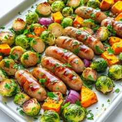 - 450 g Hähnchenwürstchen, in Scheiben geschnitten - 300 g Rosenkohl, halbiert - 2 Süßkartoffeln, in Würfel geschnitten - 1 rote Zwiebel, in Spalten geschnitten Die Hauptzutaten machen dieses Gericht besonders. Hähnchenwürstchen sind saftig und schmackhaft. Sie geben dem Gericht viel Geschmack. Rosenkohl bringt eine knackige Textur dazu. Süßkartoffeln fügen eine süße Note hinzu. Die rote Zwiebel sorgt für einen feinen, süßen Geschmack, wenn sie gebacken wird. Der Ahornsirup ist der Star in der Marinade. Er gibt eine süße und würzige Note. Er verbindet die Aromen. Diese Kombination macht das Gericht besonders lecker. - 60 ml reiner Ahornsirup - 30 g Dijonsenf - 30 ml Olivenöl - 5 g Knoblauchpulver - 5 g geräuchertes Paprikapulver - Salz und Pfeffer nach Geschmack Die Gewürze machen den Unterschied. Dijonsenf gibt einen scharfen, pikanten Kick. Knoblauchpulver sorgt für Tiefe im Geschmack. Geräuchertes Paprikapulver bringt ein rauchiges Aroma. Olivenöl hilft, alles zu verbinden. Es sorgt dafür, dass die Zutaten gleichmäßig garen. Salz und Pfeffer sind wichtig für den perfekten Geschmack. - Frische Petersilie, gehackt (zum Garnieren) Frische Petersilie ist die perfekte Garnierung. Sie bringt Farbe auf den Teller. Außerdem gibt sie einen frischen Geschmack. Ein wenig Petersilie hebt das Gericht hervor und macht es ansprechend. Zuerst schneide die Hähnchenwürstchen in Scheiben. Das sorgt für gleichmäßiges Kochen. Halbiere die Rosenkohl. Würfle die Süßkartoffeln. Schneide die rote Zwiebel in Spalten. Diese Schritte bringen frische Farben auf dein Blech. In einer kleinen Schüssel verquirlst du den Ahornsirup, Dijonsenf, Knoblauchpulver, geräuchertes Paprikapulver, Salz und Pfeffer. Mische alles gut. So bekommst du eine leckere Marinade, die süß und würzig ist. In einer großen Rührschüssel vermenge die Hähnchenwürstchen und das Gemüse mit Olivenöl. Achte darauf, dass alles gut bedeckt ist. Gieße die Marinade darüber und wende alles. Verteile die Mischung auf dem Backblech. Backe das Ganze bei 220°C für 25-30 Minuten. Rühre einmal um, damit alles gleichmäßig gar wird. Nach dem Backen, achte auf die Farben. Garniere das Gericht mit frischer Petersilie. Um die besten Ergebnisse zu erzielen, achte auf die Backtemperatur. Heize deinen Ofen auf 220°C vor. Diese Temperatur hilft, das Gemüse schön zu rösten und die Würstchen knusprig zu machen. Backe das Gericht für 25-30 Minuten. Rühre es einmal um, damit alles gleichmäßig gart. Für gleichmäßige Garung ist es wichtig, die Zutaten gut vorzubereiten. Schneide die Hähnchenwürstchen in gleichmäßige Scheiben. Teile den Rosenkohl und die Süßkartoffeln gleichmäßig. Diese Schritte sorgen dafür, dass alles zur gleichen Zeit fertig wird. Verteile die Mischung gleichmäßig auf dem Blech, um ein Ankleben zu vermeiden. Zum Servieren lege die Ahorn-glasierten Hähnchenwürstchen schön auf einen Teller. Dekoriere das Gericht mit frisch gehackter Petersilie. So sieht es appetitlich aus und bringt frische Farbe. Du kannst auch zusätzliche Petersilienzweige zur Dekoration verwenden. Das macht das Gericht noch ansprechender! {{image_4}} Du kannst viele verschiedene Gemüsesorten in dieses Gericht einfügen. Brokkoli, Karotten und Paprika sind tolle Optionen. Diese Gemüse bringen Farbe und Geschmack. Sie garen gut und fügen wertvolle Nährstoffe hinzu. Du kannst auch Zucchini oder Kürbis verwenden. Achte darauf, die Stücke gleich groß zu schneiden. So garen sie gleichmäßig. Du kannst die Gewürze leicht anpassen. Füge etwas Thymian oder Oregano hinzu für mehr Aroma. Chiliflocken bringen eine scharfe Note, wenn du es würziger magst. Probiere auch italienische Kräuter oder Curry für einen neuen Geschmack. Gewürze machen das Gericht spannend und individuell. Wenn du andere Wurstsorten magst, probiere italienische oder bratwürste. Diese geben einen anderen Geschmack. Für eine vegetarische Option nutze pflanzliche Würstchen aus Soja oder Erbsenprotein. Diese Alternativen sind lecker und gesund. Du kannst auch Hähnchenbrust oder Tofu verwenden. Achte darauf, die Garzeiten anzupassen, damit alles perfekt gart. Um die Reste von deinem Ahorn-glasierten Hähnchenwürstchen optimal zu lagern, folge diesen einfachen Schritten: - Lass das Gericht zuerst auf Raumtemperatur abkühlen. - Verwende einen luftdichten Behälter für die Aufbewahrung. - Stelle sicher, dass der Behälter aus Glas oder BPA-freiem Plastik ist. Diese Schritte helfen, die Frische zu bewahren und den Geschmack zu erhalten. Das Aufwärmen deiner Reste kann leicht und lecker sein. Hier sind meine besten Tipps: - Nutze den Ofen, um das Gericht gleichmäßig zu erwärmen. Stelle ihn auf 180°C ein. - Lege die Reste auf ein Backblech und decke es mit Alufolie ab. So bleibt das Gericht saftig. - Du kannst auch die Mikrowelle verwenden, aber die Textur kann sich ändern. Stelle die Mikrowelle auf mittlere Leistung ein und erwärme in kurzen Intervallen. Mit diesen Tipps bleiben deine Reste frisch und köstlich. Die Haltbarkeit dieses Gerichts im Kühlschrank ist wichtig zu beachten: - Es bleibt bis zu 3-4 Tage frisch. - Achte darauf, dass du es im luftdichten Behälter aufbewahrst, um Gerüche zu vermeiden. - Wenn du Zweifel hast, rieche daran oder schaue nach, ob sich etwas verändert hat. Sicherheit geht vor! So kannst du sicherstellen, dass dein Ahorn-glasiertes Hähnchenwürstchen immer noch gut ist, wenn du es wieder genießen möchtest. Ja, du kannst dieses Rezept im Voraus zubereiten. Um Zeit zu sparen, bereite die Zutaten vor. Schneide die Hähnchenwürstchen und das Gemüse am Tag zuvor. Bewahre alles in einem luftdichten Behälter im Kühlschrank auf. Mische die Marinade, wenn du bereit bist zu kochen. So bleibt der Geschmack frisch. Das Backen dauert etwa 25-30 Minuten bei 220°C. Wenn du die Temperatur erhöhst, verkürzt sich die Zeit. Bei 240°C sind 20-25 Minuten genug. Achte darauf, das Gemüse regelmäßig umzurühren, damit alles gleichmäßig gart. Verwende ein Fleischthermometer, um sicherzustellen, dass die Würstchen durchgegart sind. Ja, dieses Rezept eignet sich gut für Meal Prep. Du kannst die Portionen leicht aufteilen. Bereite die Würstchen und das Gemüse vor und teile sie in Behälter auf. So hast du gesunde Mahlzeiten für die Woche. Es bleibt im Kühlschrank etwa 3-4 Tage frisch. Erwärme die Portionen in der Mikrowelle oder im Ofen für besten Geschmack. In diesem Blogbeitrag habe ich die wichtigsten Punkte zu unserem Rezept behandelt. Wir haben die Hauptzutaten wie Hähnchenwürstchen und Rosenkohl besprochen. Auch die Marinade mit Ahornsirup ist wichtig. Die Tipps helfen dir dabei, perfekte Ergebnisse zu erzielen. Denk an Variationen, die dir neue Geschmäcker bringen. Und schließlich sind die Lagerungshinweise unerlässlich, um Restessen frisch zu halten. Nutze diese Informationen und kreiere dein leckeres Gericht – ganz einfach!