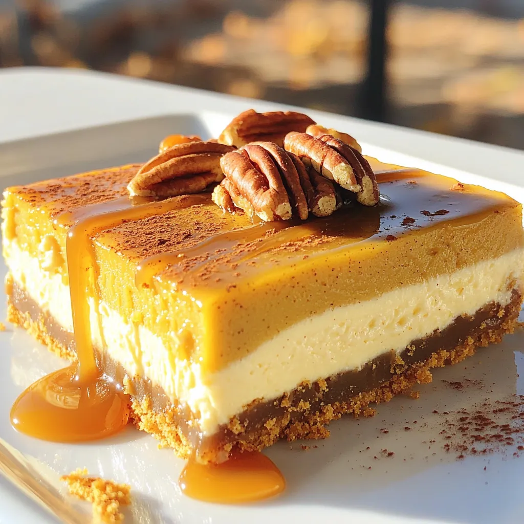 - 1 ½ Tassen Graham-Cracker-Brösel - ½ Tasse ungesalzene Butter, geschmolzen - 2 Packungen (je 225 g) Frischkäse, weich - 1 Tasse Kürbispüree Die Hauptzutaten geben diesen Riegeln ihren köstlichen Geschmack. Die Graham-Cracker-Brösel sorgen für eine knusprige Kruste. Die ungesalzene Butter bindet die Brösel. Der Frischkäse macht die Füllung cremig und reichhaltig. Das Kürbispüree bringt den Herbstgeschmack ins Spiel. - 1 Teelöffel gemahlener Zimt - ½ Teelöffel gemahlene Muskatnuss - ½ Teelöffel gemahlener Ingwer - 1 Tasse Zucker - 1 Esslöffel brauner Zucker Die Gewürze machen die Riegel aromatisch. Zimt gibt Wärme, während Muskatnuss und Ingwer die Tiefe verstärken. Zucker und brauner Zucker sorgen für die perfekte Süße. Zusammen machen sie die Füllung unwiderstehlich. - 1 Tasse Karamellsauce - Schlagsahne zur Garnierung Die Karamellsauce macht die Riegel besonders lecker. Sie sorgt für eine süße Note und einen tollen Glanz. Schlagsahne bringt die Riegel auf das nächste Level. Es ist der perfekte Abschluss für ein köstliches Dessert. - Heize deinen Ofen auf 175°C vor. Lege eine 20x20 cm Backform mit Backpapier aus. Lass die Ränder überstehen. - In einer Schüssel vermische 1 ½ Tassen Graham-Cracker-Brösel, ½ Tasse geschmolzene Butter und 1 Esslöffel braunen Zucker. Rühre, bis die Brösel gut befeuchtet sind. - Drücke die Mischung fest auf den Boden der Backform. Backe die Kruste für 10 Minuten und lass sie etwas abkühlen. - In einer großen Schüssel schlage 2 Packungen weichen Frischkäse glatt. Das dauert etwa 2 Minuten. - Füge 1 Tasse Kürbispüree, 1 Tasse Zucker, 3 Eier, 1 Teelöffel Vanilleextrakt, 1 Teelöffel Zimt, ½ Teelöffel Muskatnuss und ½ Teelöffel Ingwer hinzu. Mische alles gut, bis eine glatte Masse entsteht. - Gieße die Mischung gleichmäßig über die vorgebackene Kruste und verteile sie mit einem Spatel. - Backe die Mischung im Ofen für 40-45 Minuten. Die Ränder sollten fest sein, und die Mitte darf leicht wackeln. - Lass die Riegel bei Raumtemperatur etwa 30 Minuten abkühlen. Stelle sie dann für mindestens 2 Stunden in den Kühlschrank, damit sie fest werden. - Hefte die Riegel mithilfe des Überhangs des Backpapiers aus der Form. Schneide sie in gleichmäßige Quadrate. - Kurz vor dem Servieren träufle die Karamellsauce über jeden Riegel. Füge nach Belieben Schlagsahne hinzu. - Geschmolzene Butter gleichmäßig verteilen: Wenn Sie die Butter schmelzen, achten Sie darauf, dass sie gut mit den Graham-Cracker-Bröseln vermischt ist. Dies hilft, eine feste und gleichmäßige Kruste zu schaffen. - Kruste richtig andrücken: Drücken Sie die Mischung fest in die Backform. Nutzen Sie den Boden eines Glases oder einen Löffel, um sicherzustellen, dass die Kruste gleichmäßig und schön fest ist. - Richtiges Mischen für eine glatte Konsistenz: Schlagen Sie den Frischkäse zuerst allein. So wird er cremig. Fügen Sie dann die anderen Zutaten hinzu und mischen Sie sie gut. - Restliche Zutaten gut integrieren: Achten Sie darauf, dass alle Zutaten gleichmäßig verteilt sind. So bleibt die Käsemasse gleichmäßig und lecker. - Mit Schlagsahne und Karamellsauce anrichten: Vor dem Servieren, träufeln Sie die Karamellsauce über die Riegel. Fügen Sie einen Klecks Schlagsahne hinzu. Das macht die Riegel noch köstlicher. - Kreative Garnierungen für den Wow-Faktor: Arrangieren Sie die Riegel auf einer schönen Platte. Streuen Sie etwas Zimt oder kandierte Pekannüsse darüber. So sehen die Riegel nicht nur gut aus, sie schmecken auch großartig! {{image_4}} Möchten Sie etwas anderes probieren? Fügen Sie Schokoladenstückchen in die Käsemasse hinzu. Die Schokolade ergänzt den Kürbis wunderbar. Oder variieren Sie die Gewürze. Eine Pecan-Pie-Gewürzmischung bringt eine neue Note. Experimentieren Sie mit Aromen, um Ihre eigenen Riegel zu kreieren. Für glutenfreie Kürbis-Cheesecake-Riegel können Sie glutenfreie Graham-Cracker verwenden. Diese finden Sie in den meisten Geschäften. Der Geschmack bleibt gleich, und die Textur passt gut. So genießen auch Menschen mit Glutenunverträglichkeit diese Leckerei. Wenn Sie eine vegane Variante wünschen, gibt es einfache Lösungen. Verwenden Sie pflanzliche Frischkäse-Alternativen. Diese sind in vielen Supermärkten erhältlich. Außerdem können Sie die Eier durch Chia-Samen ersetzen. Mischen Sie einen Esslöffel Chia-Samen mit drei Esslöffeln Wasser. Lassen Sie es einige Minuten stehen, bis es dick wird. So bleibt die Konsistenz der Riegel erhalten, und jeder kann sie genießen. Bewahre die Riegel im Kühlschrank auf. Das hilft, die Frische zu erhalten. Lege sie in einen luftdichten Behälter. So bleibt die Karamellsauce lecker. Wenn du die Riegel länger aufbewahren möchtest, friere sie ein. Schneide die Riegel vorher in Stücke. Wickel jedes Stück in Frischhaltefolie. Lege sie dann in einen Gefrierbeutel. So bleiben sie bis zu drei Monate frisch. Die Riegel sind bis zu einer Woche im Kühlschrank haltbar. Achte darauf, sie gut abzudecken. So vermeidest du, dass sie austrocknen. Wenn du die Riegel nach einer Woche isst, prüfe zuerst den Geruch. So stellst du sicher, dass sie noch gut sind. Die Riegel halten sich gut im Kühlschrank. Sie bleiben dort bis zu einer Woche frisch. Achte darauf, sie in einem luftdichten Behälter zu lagern. Wenn du die Riegel länger aufbewahren möchtest, friere sie ein. Im Gefrierfach halten sie bis zu drei Monate. Du kannst sie einfach auftauen lassen, bevor du sie servierst. Ja, du kannst die Riegel im Voraus machen. Bereite sie einen Tag vorher zu und lasse sie über Nacht im Kühlschrank. So haben die Aromen Zeit, sich zu entfalten. Lagere die Riegel in einem luftdichten Behälter, damit sie frisch bleiben. Du kannst sie auch am Tag des Servierens mit Karamellsauce träufeln. Die Riegel passen gut zu vielen Desserts. Du kannst sie mit einer Kugel Vanilleeis servieren. Auch eine Tasse Kaffee oder Tee passt gut dazu. Wenn du es besonders magst, serviere sie mit einer Portion Schlagsahne. Die Kombination macht das Dessert noch köstlicher. Die Kürbis-Cheesecake-Riegel sind einfach zuzubereiten und lecker. Wir haben die Hauptzutaten wie Frischkäse und Kürbispüree betrachtet. Zudem gab es Tipps für eine perfekte Kruste und kreative Serviervorschläge. Variationen wie vegane oder glutenfreie Optionen machen die Riegel für jeden zugänglich. Diese Riegel sind einfach zu lagern und halten gut im Kühlschrank. Ich hoffe, die Anleitung hilft dir, deinen nächsten Dessertmoment noch besser zu machen!