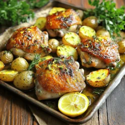 - 4 Hähnchenschenkel ohne Knochen und Haut - 450 g Baby-Kartoffeln, halbiert - 1 große Zitrone (abgerieben und ausgepresst) - Frische Kräuter (Rosmarin und Thymian) - 3 Esslöffel Olivenöl - 4 Knoblauchzehen, fein gehackt - 1 Teelöffel Paprika - Salz und Pfeffer nach Geschmack Die Hauptzutaten sind einfach, aber voller Geschmack. Die Hähnchenschenkel machen das Gericht saftig. Die Baby-Kartoffeln geben einen tollen Crunch. Die Zitrone bringt Frische. Sie macht das Gericht lebendig und hell. Frische Kräuter sind wichtig. Rosmarin und Thymian sind die besten Freunde von Hähnchen. Sie geben ein tolles Aroma ab. Knoblauch ist ein Muss. Er bringt Tiefe und Geschmack. Olivenöl sorgt für eine schöne Bräunung. Mit Paprika, Salz und Pfeffer runden wir das Ganze ab. Diese Gewürze sind einfach, aber sie machen einen großen Unterschied. Achten Sie darauf, frische Zutaten zu verwenden. Sie bringen den besten Geschmack. Die Kombination dieser Zutaten macht das Gericht zu einem Hit. Man kann die frischen Aromen gut riechen. Wenn alles zusammen auf dem Blech ist, wird es lecker. Heize deinen Ofen auf 220 °C (425 °F) vor. Das ist wichtig. So wird das Hähnchen schön knusprig. Mische in einer Schüssel den Zitronensaft, die Zitronenschale, Olivenöl, Knoblauch, Rosmarin, Thymian, Paprika, Salz und Pfeffer. Diese Mischung wird deine Marinade. Nimm die Hähnchenschenkel und lege sie in einen großen Beutel oder eine flache Schale. Gieße die Hälfte der Marinade über das Hähnchen. Achte darauf, dass alles gut bedeckt ist. Verschließe den Beutel oder decke die Schale ab. Lass das Hähnchen 30 Minuten bis 1 Stunde im Kühlschrank marinieren. So zieht der Geschmack richtig ein. Während das Hähnchen mariniert, nimm die Baby-Kartoffeln. Mische sie in einer separaten Schüssel mit der restlichen Marinade. Rühre gut um, bis sie gleichmäßig bedeckt sind. Verteile die Kartoffeln dann auf einer Seite der Blechpfanne. Nimm das Hähnchen aus dem Kühlschrank. Lege die Hähnchenstücke auf die andere Seite der Blechpfanne. Achte darauf, dass alles genug Platz hat. Jetzt kommt das Rösten! Stelle die Blechpfanne in den vorgeheizten Ofen und röste alles 25-30 Minuten. Das Hähnchen sollte eine Innentemperatur von 74 °C (165 °F) haben. Die Kartoffeln sollten goldbraun sein. Wenn die Zeit vorbei ist, schalte den Grillmodus ein. Lass das Gericht 3-5 Minuten unter dem Grill, bis die Oberfläche schön knusprig ist. Achte darauf, dass nichts anbrennt. Nimm die Blechpfanne aus dem Ofen und lass das Gericht etwa 5 Minuten ruhen. Vor dem Servieren kannst du alles mit frischer Petersilie garnieren. Wie lange sollte das Hähnchen marinieren? Das Hähnchen sollte 30 Minuten bis 1 Stunde marinieren. Dies gibt der Marinade Zeit, in das Fleisch einzuziehen. Wenn Sie mehr Geschmack wollen, lassen Sie es länger marinieren. Ein paar Stunden oder sogar über Nacht ist möglich. Achten Sie darauf, das Hähnchen im Kühlschrank zu lassen, damit es frisch bleibt. Welche weiteren Kräuter können verwendet werden? Neben Rosmarin und Thymian können Sie auch Oregano oder Basilikum verwenden. Diese Kräuter bringen frische Aromen ins Gericht. Sie können sogar etwas Dill für einen besonderen Geschmack hinzufügen. Experimentieren Sie mit verschiedenen Kräutern, um Ihr eigenes Rezept zu kreieren. Tipps für perfekt geröstete Kartoffeln Um die Kartoffeln knusprig zu machen, sollten Sie sie gut abtrocknen. Feuchtigkeit macht sie weich. Mischen Sie die Kartoffeln mit der Marinade gleichmäßig. Verteilen Sie sie auf der Blechpfanne, sodass sie nicht übereinanderliegen. Stellen Sie die Temperatur auf 220 °C ein und rösten Sie sie für 25 bis 30 Minuten. Wenn Sie eine extra knusprige Oberfläche wollen, nutzen Sie den Grillmodus für die letzten Minuten. {{image_4}} Wenn Sie eine gesunde Wahl treffen möchten, probieren Sie Süßkartoffeln. Sie sind nahrhaft und bringen eine süße Note. Auch andere Gemüse wie Brokkoli oder Karotten funktionieren gut. Diese können Sie einfach um die Hähnchenschenkel auf der Blechpfanne anordnen. Sie nehmen die Aromen der Marinade auf und werden zart und lecker. Für alle, die es schärfer mögen, ist das Hinzufügen von Chili- oder Cayennepfeffer eine tolle Idee. Geben Sie einfach einen Teelöffel in die Marinade. So bringen Sie eine feurige Note ins Gericht. Sie können auch frische Chilis verwenden, um den Geschmack zu intensivieren. Achten Sie darauf, die Schärfe nach Ihrem Geschmack anzupassen. Wenn Sie eine vegetarische Variante möchten, ersetzen Sie das Hühnchen durch Tofu. Tofu nimmt die Marinade gut auf und wird beim Rösten goldbraun. Sie können auch andere proteinreiche Optionen wie Seitan oder Kichererbsen verwenden. Diese Alternativen bieten eine tolle Textur und sind sehr sättigend. Bewahre die Reste im Kühlschrank auf. Du kannst sie bis zu drei Tage genießen. Lege das Hühnchen und die Kartoffeln in einen luftdichten Behälter. So bleiben die Aromen frisch. Achte darauf, das Gericht gut abzukühlen, bevor du es lagerst. Du kannst das Gericht auch einfrieren. Teile die Portionen in geeignete Behälter auf. Stelle sicher, dass sie gut verschlossen sind. So vermeidest du Gefrierbrand. Das Gericht hält sich im Gefrierfach bis zu drei Monate. Zum Auftauen lege die Behälter über Nacht in den Kühlschrank. Die besten Methoden zum Wiedererhitzen sind der Ofen und die Mikrowelle. Für den Ofen heize ihn auf 180 °C vor. Lege das Hühnchen und die Kartoffeln auf ein Blech. Erwärme sie etwa 15-20 Minuten, bis sie heiß sind. In der Mikrowelle stelle die Leistung auf mittel. Erhitze das Gericht in kurzen Intervallen von 1-2 Minuten. Überprüfe die Temperatur, damit alles gleichmäßig warm wird. So bleibt das Gericht lecker und saftig. Ich empfehle, das Hähnchen mindestens 30 Minuten zu marinieren. Wenn du mehr Zeit hast, lass es bis zu 1 Stunde im Kühlschrank. So zieht der Geschmack richtig ein. Die Marinade aus Zitrone und Kräutern macht das Hühnchen saftig und lecker. Ja, du kannst anderes Gemüse nutzen. Brokkoli, Karotten oder Zucchini passen gut dazu. Achte darauf, die Stücke ähnlich groß zu schneiden. So garen sie gleichmäßig. Das gibt dir mehr Vielfalt und macht das Gericht bunt. Ja, dieses Gericht ist glutenfrei. Alle Zutaten wie Hähnchen, Kartoffeln und frische Kräuter enthalten kein Gluten. Achte darauf, dass deine Gewürze auch glutenfrei sind. So kannst du sicher sein, dass es für alle geeignet ist. Zu diesem Gericht passen viele Beilagen. Ein frischer Salat ist eine gute Wahl. Auch Brot oder Reis können toll dazu sein. Wenn du etwas Leichtes willst, probiere gedünstetes Gemüse. Es ergänzt die Aromen perfekt und macht das Essen rundum lecker. Zusammenfassend haben wir schmackhafte Hähnchenschenkel mit Baby-Kartoffeln zubereitet. Die Kombination von Zitrone und frischen Kräutern bringt tollen Geschmack. Marinieren Sie das Hähnchen für optimale Aromen und genießen Sie knusprige Kartoffeln, die perfekt geröstet sind. Experimentieren Sie mit Variationen und gesunden Alternativen, um das Gericht anzupassen. Denken Sie daran, die Reste sicher zu lagern und richtig aufzuwärmen. Kochen Sie dieses einfache Rezept und erfreuen Sie sich an einem köstlichen Ergebnis.