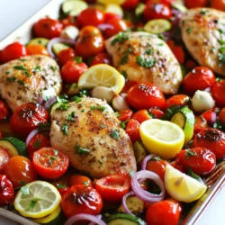 - 4 Hähnchenbrustfilets ohne Haut und Knochen - 2 Tassen Kirschtomaten, halbiert - 1 rote Paprika, gewürfelt - 1 Zucchini, in Scheiben geschnitten - 1 rote Zwiebel, in Spalten geschnitten - 4 Knoblauchzehen, fein gehackt - 4 Esslöffel Olivenöl - Salz und Pfeffer nach Geschmack Die Hauptzutaten sind einfach zu finden. Hähnchenbrustfilets sind mager und proteinreich. Kirschtomaten bringen Süße. Rote Paprika und Zucchini fügen Farbe und Textur hinzu. Eine rote Zwiebel gibt einen tollen Geschmack. Knoblauch verstärkt das Aroma. Olivenöl sorgt für ein schönes Braten. - 1 Teelöffel getrockneter Oregano - 1 Teelöffel getrockneter Thymian - 1 Teelöffel Paprika - 1/2 Teelöffel rote Pfefferflocken (optional) - Frische Petersilie, gehackt (zum Garnieren) Die Gewürze sind sehr wichtig. Oregano und Thymian geben den mediterranen Geschmack. Paprika sorgt für eine angenehme Wärme. Rote Pfefferflocken fügen eine scharfe Note hinzu, wenn gewünscht. Frische Petersilie sieht nicht nur schön aus, sie gibt auch Frische. - Zitronenschnitze - Präsentationstipps Zitronenschnitze sind ein Muss. Sie bringen Frische und Säure. Sie passen gut zu dem herzhaften Hähnchen und Gemüse. Für die Präsentation empfehle ich, das Gericht direkt aus der Blechpfanne zu servieren. Das sieht rustikal aus und spart Geschirr. Alternativ können Sie alles auf eine große Servierplatte legen. Ein wenig Saft aus der Pfanne darüberträufeln, macht das Ganze noch schmackhafter. Heize zuerst den Ofen auf 220 °C vor. Das sorgt für eine gute Hitze. Während der Ofen aufheizt, marinierst du das Hähnchen. Nimm die Hähnchenbrustfilets und lege sie in eine große Schüssel. Füge 2 Esslöffel Olivenöl, den gehackten Knoblauch, Oregano, Thymian, Paprika, rote Pfefferflocken, Salz und Pfeffer hinzu. Vermenge alles gut. So ziehen die Gewürze in das Hähnchen ein. Jetzt kommt der spaßige Teil. Lege die marinierten Hähnchenbrustfilets in die Mitte eines großen Backblechs. Ordne die halbierten Kirschtomaten, gewürfelte rote Paprika, Zucchini und Zwiebel rund um das Hähnchen. Diese Farben sehen toll aus! Dann träufel die restlichen 2 Esslöffel Olivenöl über das Gemüse. Würze das Gemüse mit Salz und Pfeffer. Wende das Gemüse vorsichtig, damit es gut mit Öl und Gewürzen überzogen ist. Schiebe das Backblech in den vorgeheizten Ofen. Backe alles für 20 bis 25 Minuten. Die Hähnchenbrust muss eine Temperatur von 75 °C erreichen. Das Gemüse sollte zart sein. Wenn du ein Röstaroma magst, stelle den Grill für die letzten 2-3 Minuten ein. Das gibt dem Gericht einen leckeren Geschmack. Nach dem Garen lass das Blech für 5 Minuten ruhen. Garnier das Gericht mit frisch gehackter Petersilie. Serviere es mit Zitronenschnitzen. So bleibt es frisch und lecker! Die Marinade ist der Schlüssel zu leckerem Hähnchen. Du kannst die Gewürze nach deinem Geschmack anpassen. Probiere zum Beispiel Rosmarin oder Zitronenschale. Diese geben frische Aromen. Marinier das Hähnchen mindestens 30 Minuten. So zieht der Geschmack besser ein. Du kannst es auch über Nacht im Kühlschrank lassen. Das macht das Hähnchen noch zarter. Wähle frisches Gemüse für beste Ergebnisse. Kirschtomaten, Paprika, Zucchini und Zwiebeln sind ideal. Du kannst auch Brokkoli oder Auberginen verwenden. Schneide das Gemüse gleichmäßig. So garen sie gleichmäßig. Wenn du große Stücke hast, wird das Gemüse nicht weich. Mische die Gemüsestücke mit Olivenöl und Gewürzen. Das sorgt für mehr Geschmack und verhindert das Ankleben. Der Grillmodus gibt deinem Gericht ein tolles Röstaroma. Stelle den Grill auf hohe Hitze ein. Die letzten 2-3 Minuten solltest du den Grill nutzen. Achte darauf, das Hähnchen nicht zu verbrennen. Die ideale Temperatur beim Grillen ist 220 °C. So wird das Hähnchen schön knusprig. Prüfe die Kerntemperatur. Sie sollte mindestens 75 °C betragen. So weißt du, dass das Hähnchen gar ist. {{image_4}} Sie können das Hähnchen leicht durch Fisch oder Tofu ersetzen. Beide Optionen bringen neue Aromen. Fisch wie Lachs oder Kabeljau bleibt saftig und ist schnell gar. Tofu kann den gleichen Gewürzen wie das Hähnchen angepasst werden. So bleibt Ihr Gericht lecker und gesund. Für Vegetarier ist Tofu eine tolle Wahl. Marinieren Sie ihn gut, um den Geschmack zu intensivieren. Die Auswahl an frischem Gemüse ändert sich mit den Jahreszeiten. Im Frühling sind Spargel und Erbsen toll. Im Sommer sind Zucchini und Paprika frisch und knackig. Im Herbst bringen Kürbis und Wurzelgemüse süße Aromen. Im Winter sind Rosenkohl und Karotten perfekt. Spielen Sie mit Kräutern, um saisonale Gerichte zu beleben. Fügen Sie frisches Basilikum im Sommer oder Rosmarin im Winter hinzu. Zu diesem Gericht passen viele Beilagen. Ein frischer Salat mit Rucola und Tomaten ist perfekt. Oder probieren Sie einen Couscous-Salat mit Minze und Zitrone. Beide Beilagen ergänzen die Aromen gut. Für ein herzhaftes Erlebnis servieren Sie knuspriges Brot dazu. Es hilft, die köstlichen Säfte aufzusaugen und macht das Essen noch besser. Um die Reste von deinem mediterranen Sheet Pan Hähnchen gut zu lagern, lege sie in einen luftdichten Behälter. Du kannst das Hähnchen und das Gemüse auch getrennt aufbewahren. Lagere die Reste im Kühlschrank für bis zu drei Tage. Für längere Haltbarkeit, friere das Gericht ein. Verwende einen gefrierfesten Behälter oder einen Beutel. Achte darauf, so viel Luft wie möglich zu entfernen, bevor du ihn schließt. Die optimale Lagerzeit für die Frische beträgt drei Tage im Kühlschrank. Im Gefrierfach hält es bis zu drei Monate. Achte auf Anzeichen für verdorbenes Essen. Wenn das Hähnchen einen unangenehmen Geruch hat oder das Gemüse matschig aussieht, solltest du es nicht mehr essen. Auch eine Veränderung der Farbe ist ein Warnsignal. Um das Hähnchen und Gemüse aufzuwärmen, benutze den Ofen. Heize ihn auf 175 °C vor. Lege das Gericht auf ein Backblech und decke es mit Alufolie ab. So bleibt es saftig. Erwärme es für etwa 15-20 Minuten. Du kannst auch die Mikrowelle verwenden, aber das kann das Gericht trockener machen. Wenn du die Mikrowelle benutzt, füge einen Spritzer Wasser hinzu, um Feuchtigkeit zu helfen. Die Vorbereitungszeit für dieses Rezept beträgt nur 15 Minuten. Die Gesamtzeit, inklusive Backen, ist etwa 40 Minuten. So hast du schnell ein leckeres Gericht auf dem Tisch. Ja, du kannst das Rezept leicht anpassen. Wenn du Allergien hast, wähle anderes Gemüse oder eine andere Proteinquelle. Du kannst auch das Hähnchen durch Tofu oder Fisch ersetzen. Das macht das Gericht vielseitig und anpassungsfähig. Zu diesem Gericht passen viele Saucen. Eine einfache Zitronen-Knoblauch-Sauce ist frisch und lecker. Auch Joghurt-Dips oder eine klassische Tzatziki-Sauce sind tolle Begleiter. Experimentiere und finde deine Lieblingskombination! Dieses Rezept nutzt einfache Zutaten wie Hähnchen und frisches Gemüse. Wir haben die Zubereitung in klare Schritte unterteilt. Von den besten Gewürzen bis zu variablen Servieroptionen ist für jeden etwas dabei. Denke daran, die Marinade nach deinem Geschmack zu verbessern. Außerdem kannst du je nach Saison anpassen. Lagere übrig gebliebenes Essen richtig, um die Frische zu bewahren. Mit diesen Tipps machst du jedes Mal ein tolles Gericht. Viel Spaß beim Kochen!