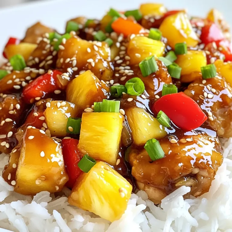 Für dieses Rezept benötigst du frische und schmackhafte Zutaten. Hier sind die Hauptzutaten: - 450 g Hähnchenschenkel (entbeint und ohne Haut) - 240 g frische Ananas (gewürfelt) - 1 rote Paprika (gehackt) - 1 gelbe Paprika (gehackt) - 1 kleine Zwiebel (in Scheiben geschnitten) - 2 Knoblauchzehen (fein gehackt) - 1 Esslöffel frischer Ingwer (gerieben) Diese Zutaten sorgen für einen tollen Geschmack und eine bunte Präsentation. Die richtigen Gewürze machen dein Ananas-Hähnchen besonders lecker. Hier sind die Gewürze und Öle, die du brauchst: - 3 Esslöffel Sojasauce - 2 Esslöffel Honig - 1 Esslöffel Reisessig - 1 Teelöffel Sesamöl - 1 Esslöffel Speisestärke (gemischt mit 2 Esslöffeln Wasser) - 2 Esslöffel Pflanzenöl (zum Braten) - Salz und Pfeffer (nach Geschmack) Diese Gewürze bringen süße und salzige Aromen zusammen. Um dein Gericht schön zu dekorieren, kannst du einige optionale Zutaten verwenden: - Gehackte Frühlingszwiebeln - Sesam Diese Garnituren verleihen deinem Gericht nicht nur einen schönen Look, sondern auch zusätzlichen Geschmack. Beginne mit dem Hähnchen. Nimm eine große Schüssel und lege die Hähnchenstücke hinein. Füge Sojasauce, Honig, Reisessig und Sesamöl hinzu. Hacke den Knoblauch und reibe den Ingwer. Gib beides in die Schüssel. Mische alles gut. Decke die Schüssel ab und lasse das Hähnchen mindestens 20 Minuten marinieren. So zieht der Geschmack ein. Während das Hähnchen mariniert, bereite das Gemüse vor. Hacke die rote und gelbe Paprika in kleine Stücke. Schneide die Zwiebel in dünne Scheiben. Nimm die frische Ananas und würfle sie. Diese Schritte sind wichtig, damit alles gleichmäßig gart. Erhitze eine große Pfanne oder einen Wok bei mittelhoher Hitze. Gib das Pflanzenöl hinein. Nimm das marinierte Hähnchen aus der Schüssel und entsorge die Marinade. Lege die Hähnchenstücke in die Pfanne. Brate sie 5-7 Minuten, bis sie goldbraun sind. Achte darauf, dass das Hähnchen gut durchgegart ist. Nimm es dann aus der Pfanne und stelle es beiseite. In derselben Pfanne brate zuerst die Zwiebeln an. Nach etwa einer Minute füge die Paprika hinzu. Brate alles für 3-4 Minuten, bis das Gemüse leicht zart wird. Es sollte noch knackig sein. Diese Schritte sorgen für frische Aromen. Gib die gewürfelte Ananas in die Pfanne. Mische das gebratene Hähnchen wieder unter. Rühre alles gut um, damit die Zutaten sich verbinden. Der süße Duft wird deine Küche erfüllen. Jetzt kommt die Speisestärke. Mische sie mit Wasser in einer kleinen Schüssel. Gieße die Mischung in die Pfanne. Rühre ständig für 2-3 Minuten, bis die Sauce dick wird. Schmecke alles mit Salz und Pfeffer ab. Diese Sauce macht das Gericht besonders lecker. Richte das Ananas-Hähnchen auf gekochtem Reis an. Garniere es mit gehackten Frühlingszwiebeln und etwas Sesam. Dies macht das Gericht nicht nur schön, sondern auch noch schmackhafter. Lass es dir schmecken! Für dieses Rezept empfehle ich Hähnchenschenkel. Sie sind saftig und zart. Du kannst auch Hähnchenbrust verwenden. Diese ist magerer, kann aber trockener sein. Achte darauf, die Stücke gleichmäßig zu schneiden. So garen sie gleichmäßig und schnell. Die Marinierzeit ist sehr wichtig. Ich empfehle, das Hähnchen mindestens 20 Minuten zu marinieren. So ziehen die Aromen gut ein. Wenn du Zeit hast, mariniere es sogar länger, bis zu zwei Stunden. Dies macht das Hähnchen noch zarter und schmackhafter. Um die perfekte Konsistenz der Sauce zu erreichen, achte auf die Speisestärke. Mische sie gut mit Wasser, bevor du sie hinzufügst. Rühre ständig in der Pfanne, während die Sauce kocht. So wird sie schön dick und cremig. Wenn die Sauce zu dick wird, füge etwas Wasser hinzu. {{image_4}} Wenn Sie eine vegetarische Variante des Ananas-Hähnchens möchten, probieren Sie Tofu. Tofu hat eine tolle Textur und nimmt den Geschmack gut auf. Verwenden Sie festen Tofu und schneiden Sie ihn in Würfel. Marinieren Sie den Tofu genauso wie das Hähnchen. Braten Sie ihn dann goldbraun an und folgen Sie der gleichen Zubereitung wie in dem Originalrezept. Das Rezept ist sehr anpassbar. Sie können verschiedene Gemüse verwenden. Zucchini, Brokkoli oder Karotten passen gut dazu. Schneiden Sie das Gemüse in kleine Stücke, damit es schnell gar wird. Fügen Sie es während des Sautierens der Zwiebel hinzu. So bleibt alles frisch und knackig. Wenn Sie es scharf mögen, fügen Sie etwas Chili oder Sriracha hinzu. Sie können frische Chili in Scheiben schneiden und während des Kochens in die Pfanne geben. Das gibt dem Gericht mehr Kick. Auch Chili-Flakes sind eine gute Wahl, um die Schärfe zu erhöhen. Passen Sie die Menge nach Ihrem Geschmack an, um das perfekte Gleichgewicht zu finden. Um die Reste von Ananas-Hähnchen zu lagern, benutze einen luftdichten Behälter. Stelle sicher, dass das Gericht vollständig abgekühlt ist, bevor du es verpackst. So bleibt der Geschmack frisch. Du kannst auch kleine Portionen in separaten Behältern aufbewahren. So hast du einen schnellen Snack. Um das Ananas-Hähnchen aufzuwärmen, benutze eine Pfanne oder die Mikrowelle. In der Pfanne erhitze das Gericht bei mittlerer Hitze. Rühre oft um, damit es gleichmäßig warm wird. In der Mikrowelle lege das Hähnchen in eine Schüssel und decke es ab. Erwärme es in 30-Sekunden-Intervallen, bis es heiß ist. Im Kühlschrank bleibt das Ananas-Hähnchen bis zu drei Tage frisch. Wenn du es länger aufbewahren möchtest, friere es ein. Im Gefrierfach bleibt das Gericht bis zu drei Monate gut. Achte darauf, es in einem gefriergeeigneten Behälter zu lagern. So verhinderst du Gefrierbrand und bleibst beim Geschmack auf der sicheren Seite. Ja, du kannst das Hähnchen im Voraus marinieren. Marinade macht das Fleisch zart und geschmackvoll. Ich empfehle, das Hähnchen mindestens eine Stunde vor dem Kochen zu marinieren. Wenn du mehr Zeit hast, lass es über Nacht im Kühlschrank. So zieht der Geschmack besser ein. Um das Rezept glutenfrei zu machen, ersetze die Sojasauce durch eine glutenfreie Sojasauce oder Tamari. Achte darauf, auch andere Zutaten zu prüfen. Einige Honigsorten können Spuren von Gluten haben. Verwende immer frische, unverarbeitete Zutaten, um sicher zu sein. Ananas-Hähnchen schmeckt toll mit verschiedenen Beilagen. Hier sind einige Vorschläge: - Gekochter Reis: Er ist die klassische Wahl. - Quinoa: Eine gesunde, nussige Alternative. - Gedünstetes Gemüse: Brokkoli oder grüne Bohnen passen gut. - Salat: Ein frischer grüner Salat ergänzt die Süße des Hähnchens. - Nudeln: Asiatische Nudeln können auch gut dazu passen. Probiere verschiedene Beilagen aus und finde deine Lieblingskombination! Wir haben alles Wichtige für das Ananas-Hähnchen behandelt. Die Hauptzutaten, Gewürze und die passende Garnitur spielen eine große Rolle. Die Schritt-für-Schritt-Anleitung hilft dir, das Gericht perfekt zuzubereiten. Tipps zu Hähnchenstücken und Marinierzeiten sorgen für ein tolles Ergebnis. Du kannst auch Variationen probieren, wie die vegetarische Version mit Tofu. Lagere Reste richtig und genieße sie später noch einmal. Nutze unsere FAQs für weitere Klarheit. Lass das Ananas-Hähnchen dein nächstes Lieblingsgericht werden!