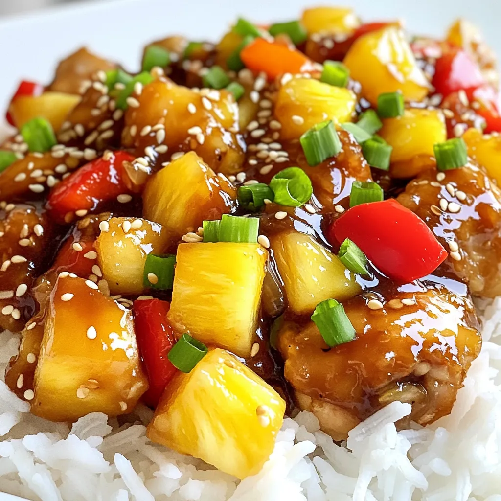 Für dieses Rezept benötigst du frische und schmackhafte Zutaten. Hier sind die Hauptzutaten: - 450 g Hähnchenschenkel (entbeint und ohne Haut) - 240 g frische Ananas (gewürfelt) - 1 rote Paprika (gehackt) - 1 gelbe Paprika (gehackt) - 1 kleine Zwiebel (in Scheiben geschnitten) - 2 Knoblauchzehen (fein gehackt) - 1 Esslöffel frischer Ingwer (gerieben) Diese Zutaten sorgen für einen tollen Geschmack und eine bunte Präsentation. Die richtigen Gewürze machen dein Ananas-Hähnchen besonders lecker. Hier sind die Gewürze und Öle, die du brauchst: - 3 Esslöffel Sojasauce - 2 Esslöffel Honig - 1 Esslöffel Reisessig - 1 Teelöffel Sesamöl - 1 Esslöffel Speisestärke (gemischt mit 2 Esslöffeln Wasser) - 2 Esslöffel Pflanzenöl (zum Braten) - Salz und Pfeffer (nach Geschmack) Diese Gewürze bringen süße und salzige Aromen zusammen. Um dein Gericht schön zu dekorieren, kannst du einige optionale Zutaten verwenden: - Gehackte Frühlingszwiebeln - Sesam Diese Garnituren verleihen deinem Gericht nicht nur einen schönen Look, sondern auch zusätzlichen Geschmack. Beginne mit dem Hähnchen. Nimm eine große Schüssel und lege die Hähnchenstücke hinein. Füge Sojasauce, Honig, Reisessig und Sesamöl hinzu. Hacke den Knoblauch und reibe den Ingwer. Gib beides in die Schüssel. Mische alles gut. Decke die Schüssel ab und lasse das Hähnchen mindestens 20 Minuten marinieren. So zieht der Geschmack ein. Während das Hähnchen mariniert, bereite das Gemüse vor. Hacke die rote und gelbe Paprika in kleine Stücke. Schneide die Zwiebel in dünne Scheiben. Nimm die frische Ananas und würfle sie. Diese Schritte sind wichtig, damit alles gleichmäßig gart. Erhitze eine große Pfanne oder einen Wok bei mittelhoher Hitze. Gib das Pflanzenöl hinein. Nimm das marinierte Hähnchen aus der Schüssel und entsorge die Marinade. Lege die Hähnchenstücke in die Pfanne. Brate sie 5-7 Minuten, bis sie goldbraun sind. Achte darauf, dass das Hähnchen gut durchgegart ist. Nimm es dann aus der Pfanne und stelle es beiseite. In derselben Pfanne brate zuerst die Zwiebeln an. Nach etwa einer Minute füge die Paprika hinzu. Brate alles für 3-4 Minuten, bis das Gemüse leicht zart wird. Es sollte noch knackig sein. Diese Schritte sorgen für frische Aromen. Gib die gewürfelte Ananas in die Pfanne. Mische das gebratene Hähnchen wieder unter. Rühre alles gut um, damit die Zutaten sich verbinden. Der süße Duft wird deine Küche erfüllen. Jetzt kommt die Speisestärke. Mische sie mit Wasser in einer kleinen Schüssel. Gieße die Mischung in die Pfanne. Rühre ständig für 2-3 Minuten, bis die Sauce dick wird. Schmecke alles mit Salz und Pfeffer ab. Diese Sauce macht das Gericht besonders lecker. Richte das Ananas-Hähnchen auf gekochtem Reis an. Garniere es mit gehackten Frühlingszwiebeln und etwas Sesam. Dies macht das Gericht nicht nur schön, sondern auch noch schmackhafter. Lass es dir schmecken! Für dieses Rezept empfehle ich Hähnchenschenkel. Sie sind saftig und zart. Du kannst auch Hähnchenbrust verwenden. Diese ist magerer, kann aber trockener sein. Achte darauf, die Stücke gleichmäßig zu schneiden. So garen sie gleichmäßig und schnell. Die Marinierzeit ist sehr wichtig. Ich empfehle, das Hähnchen mindestens 20 Minuten zu marinieren. So ziehen die Aromen gut ein. Wenn du Zeit hast, mariniere es sogar länger, bis zu zwei Stunden. Dies macht das Hähnchen noch zarter und schmackhafter. Um die perfekte Konsistenz der Sauce zu erreichen, achte auf die Speisestärke. Mische sie gut mit Wasser, bevor du sie hinzufügst. Rühre ständig in der Pfanne, während die Sauce kocht. So wird sie schön dick und cremig. Wenn die Sauce zu dick wird, füge etwas Wasser hinzu. {{image_4}} Wenn Sie eine vegetarische Variante des Ananas-Hähnchens möchten, probieren Sie Tofu. Tofu hat eine tolle Textur und nimmt den Geschmack gut auf. Verwenden Sie festen Tofu und schneiden Sie ihn in Würfel. Marinieren Sie den Tofu genauso wie das Hähnchen. Braten Sie ihn dann goldbraun an und folgen Sie der gleichen Zubereitung wie in dem Originalrezept. Das Rezept ist sehr anpassbar. Sie können verschiedene Gemüse verwenden. Zucchini, Brokkoli oder Karotten passen gut dazu. Schneiden Sie das Gemüse in kleine Stücke, damit es schnell gar wird. Fügen Sie es während des Sautierens der Zwiebel hinzu. So bleibt alles frisch und knackig. Wenn Sie es scharf mögen, fügen Sie etwas Chili oder Sriracha hinzu. Sie können frische Chili in Scheiben schneiden und während des Kochens in die Pfanne geben. Das gibt dem Gericht mehr Kick. Auch Chili-Flakes sind eine gute Wahl, um die Schärfe zu erhöhen. Passen Sie die Menge nach Ihrem Geschmack an, um das perfekte Gleichgewicht zu finden. Um die Reste von Ananas-Hähnchen zu lagern, benutze einen luftdichten Behälter. Stelle sicher, dass das Gericht vollständig abgekühlt ist, bevor du es verpackst. So bleibt der Geschmack frisch. Du kannst auch kleine Portionen in separaten Behältern aufbewahren. So hast du einen schnellen Snack. Um das Ananas-Hähnchen aufzuwärmen, benutze eine Pfanne oder die Mikrowelle. In der Pfanne erhitze das Gericht bei mittlerer Hitze. Rühre oft um, damit es gleichmäßig warm wird. In der Mikrowelle lege das Hähnchen in eine Schüssel und decke es ab. Erwärme es in 30-Sekunden-Intervallen, bis es heiß ist. Im Kühlschrank bleibt das Ananas-Hähnchen bis zu drei Tage frisch. Wenn du es länger aufbewahren möchtest, friere es ein. Im Gefrierfach bleibt das Gericht bis zu drei Monate gut. Achte darauf, es in einem gefriergeeigneten Behälter zu lagern. So verhinderst du Gefrierbrand und bleibst beim Geschmack auf der sicheren Seite. Ja, du kannst das Hähnchen im Voraus marinieren. Marinade macht das Fleisch zart und geschmackvoll. Ich empfehle, das Hähnchen mindestens eine Stunde vor dem Kochen zu marinieren. Wenn du mehr Zeit hast, lass es über Nacht im Kühlschrank. So zieht der Geschmack besser ein. Um das Rezept glutenfrei zu machen, ersetze die Sojasauce durch eine glutenfreie Sojasauce oder Tamari. Achte darauf, auch andere Zutaten zu prüfen. Einige Honigsorten können Spuren von Gluten haben. Verwende immer frische, unverarbeitete Zutaten, um sicher zu sein. Ananas-Hähnchen schmeckt toll mit verschiedenen Beilagen. Hier sind einige Vorschläge: - Gekochter Reis: Er ist die klassische Wahl. - Quinoa: Eine gesunde, nussige Alternative. - Gedünstetes Gemüse: Brokkoli oder grüne Bohnen passen gut. - Salat: Ein frischer grüner Salat ergänzt die Süße des Hähnchens. - Nudeln: Asiatische Nudeln können auch gut dazu passen. Probiere verschiedene Beilagen aus und finde deine Lieblingskombination! Wir haben alles Wichtige für das Ananas-Hähnchen behandelt. Die Hauptzutaten, Gewürze und die passende Garnitur spielen eine große Rolle. Die Schritt-für-Schritt-Anleitung hilft dir, das Gericht perfekt zuzubereiten. Tipps zu Hähnchenstücken und Marinierzeiten sorgen für ein tolles Ergebnis. Du kannst auch Variationen probieren, wie die vegetarische Version mit Tofu. Lagere Reste richtig und genieße sie später noch einmal. Nutze unsere FAQs für weitere Klarheit. Lass das Ananas-Hähnchen dein nächstes Lieblingsgericht werden!