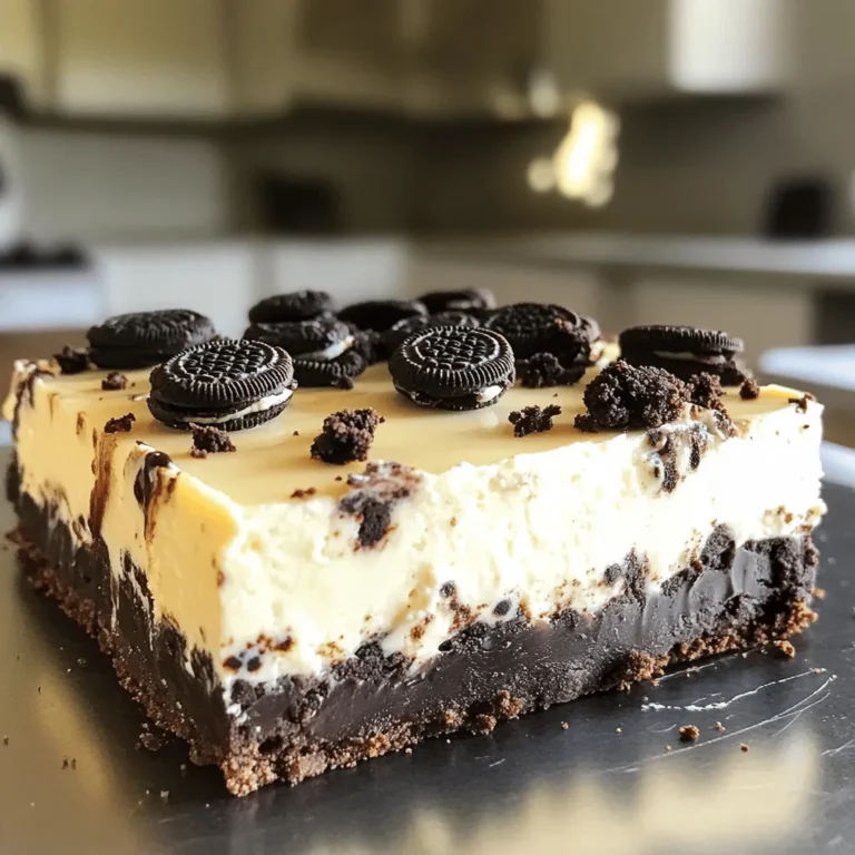 Für die No Bake Cookies and Cream Cheesecake Bars benötigen Sie folgende Zutaten: - 1 ½ Tassen Oreo-Kekskrümel - ½ Tasse ungesalzene Butter, geschmolzen - 450 g Frischkäse, weich - 1 Tasse Puderzucker - 1 Teelöffel Vanilleextrakt - 1 Tasse schwere Schlagsahne - 1 Tasse zerdrückte Oreos für das Topping - Optional: Schokoladensirup zum Beträufeln Diese Zutaten bringen den vollen Geschmack von Cookies and Cream in Ihre Küche. Die Kombination aus Frischkäse und Oreo-Keksen macht diese Bars besonders lecker. Wenn Sie etwas Abwechslung wünschen, können Sie einige Zutaten leicht ändern: - Verwenden Sie andere Kekse, wie Schokoladenkekse oder Karamellkekse, für die Kruste. - Statt ungesalzener Butter können Sie Kokosöl verwenden. - Für einen leichteren Cheesecake nutzen Sie fettarmen Frischkäse oder griechischen Joghurt. - Fügen Sie zusätzliche Aromen wie Mandel- oder Kaffeearoma hinzu, um den Geschmack zu variieren. Diese Optionen helfen Ihnen, das Rezept nach Ihrem Geschmack anzupassen. Die Qualität der Zutaten beeinflusst den Geschmack. Achten Sie darauf: - Verwenden Sie frischen, weichen Frischkäse. Er sorgt für eine cremige Füllung. - Wählen Sie echte Oreo-Kekse für den besten Geschmack. - Achten Sie auf hochwertige Schlagsahne für eine luftige Textur. - Bei der Butter sollten Sie ungesalzene Marken bevorzugen, um den Geschmack zu kontrollieren. Gute Zutaten machen den Unterschied in jedem Bissen dieser köstlichen Riegel. Für die Kruste brauchst du Oreo-Kekskrümel und geschmolzene Butter. Mische 1 ½ Tassen der Kekskrümel mit ½ Tasse geschmolzener Butter in einer Schüssel. Rühre gut, bis die Krümel gleichmäßig feucht sind. Drücke die Mischung in eine gefettete 23x23 cm Backform. Achte darauf, dass die Kruste gleichmäßig und fest ist. Stelle die Form für 15 Minuten in den Kühlschrank, damit die Kruste fest wird. Jetzt kommt der spannende Teil! Nimm eine große Rührschüssel und lege 450 g weichen Frischkäse hinein. Schlage ihn mit einem elektrischen Mixer, bis er glatt und cremig ist. Füge dann 1 Tasse Puderzucker und 1 Teelöffel Vanilleextrakt hinzu. Mische weiter, bis alles gut vermengt ist. In einer separaten Schüssel schlägst du 1 Tasse schwere Schlagsahne, bis sich steife Spitzen bilden. Hebe die geschlagene Sahne vorsichtig unter die Frischkäse-Mischung. Mische gut, aber sanft, um die Luftigkeit zu bewahren. Füge 1 Tasse zerdrückte Oreos hinzu, aber spare etwas für das Topping. Gieße die Käsekuchenfüllung über die gekühlte Kruste in der Form. Verteile die Füllung gleichmäßig. Streue die reservierten zerdrückten Oreos über die Füllung und drücke sie leicht ein. Decke die Form mit Frischhaltefolie ab und stelle sie für mindestens 4 Stunden in den Kühlschrank, damit der Käsekuchen fest wird. Nach dem Festwerden kannst du die Riegel in Stücke schneiden. Wenn du magst, träufle etwas Schokoladensirup darüber, um den Geschmack zu verbessern. Ein häufiger Fehler ist, die Kruste nicht fest genug zu drücken. So kann sie beim Schneiden bröckeln. Achte darauf, die Krümel gut zu pressen. Ein weiterer Fehler ist, die Frischkäse-Mischung nicht genug zu schlagen. Sie sollte glatt und cremig sein. Wenn du die Sahne zu stark schlägst, wird sie butterartig. Schlage sie nur bis steife Spitzen entstehen. Du kannst die Oreo-Kekskrümel durch andere Kekse ersetzen. Versuche Schokoladenkekse oder Butterkekse. Für einen fruchtigen Twist füge pürierte Erdbeeren oder Himbeeren in die Füllung hinzu. Wenn du Schokolade liebst, mische Schokoladenstückchen in die Käsekuchenfüllung. Auch ein Hauch von Kaffee kann das Aroma verbessern. Serviere die Käsekuchenriegel auf einem schönen Dessertteller. Garniere sie mit zusätzlichen Oreobröseln und frischen Beeren. Das sorgt für einen tollen visuellen Kontrast. Ein Tropfen Schokoladensirup auf jedem Stück macht das Dessert noch ansprechender. Denk daran, die Riegel gleichmäßig zu schneiden, um eine schöne Form zu erhalten. {{image_4}} Wenn du eine vegane Version machen willst, gibt es einfache Anpassungen. Nutze pflanzlichen Frischkäse statt normalem Frischkäse. Kokosnusscreme kann auch eine leckere Option sein. Verwende vegane Butter für die Kruste. Du kannst die Puderzucker-Mischung mit Agavendicksaft oder einem anderen Süßstoff ersetzen. So bleibt der Geschmack großartig und die Bars sind vegan. Für eine glutenfreie Version kannst du glutenfreie Oreo-Kekse verwenden. Diese Kekse gibt es in vielen Geschäften. Achte darauf, dass auch die anderen Zutaten glutenfrei sind. Der Puderzucker ist in der Regel glutenfrei. So genießt jeder die Bars ohne Sorgen. Du kannst die Bars mit verschiedenen Toppings anpassen. Probiere frische Beeren oder Schokoladensirup aus. Zerdrückte Nüsse geben einen tollen Crunch. Für mehr Geschmack füge etwas Minze oder Kaffee hinzu. Diese kleinen Extras machen die Bars noch besser und einzigartig. Um die Frische deiner No Bake Cookies and Cream Cheesecake Bars zu bewahren, lagere sie am besten im Kühlschrank. Verwende eine luftdichte Box oder decke sie gut mit Frischhaltefolie ab. So bleiben sie feucht und lecker. Im Kühlschrank halten sich die Riegel etwa 5 bis 7 Tage. Achte darauf, sie kühl zu lagern, damit die Füllung nicht verdirbt. Wenn du sie länger aufbewahren möchtest, solltest du die Riegel einfrieren. Um die Cheesecake Bars einzufrieren, schneide sie in Portionen. Lege sie dann in eine luftdichte Box oder wickele jede Portion in Frischhaltefolie. Im Gefrierschrank halten sie bis zu 3 Monate. Zum Servieren lasse sie einfach im Kühlschrank auftauen. Die Zubereitung der Riegel dauert nur 20 Minuten. Danach musst du sie für mindestens 4 Stunden kühlen. Insgesamt benötigst du also etwa 4 Stunden und 20 Minuten. Die Wartezeit ist wichtig, damit die Riegel fest werden. Ja, du kannst verschiedene Kekse für die Kruste nehmen. Probiere Schokoladenkekse oder Butterkekse. Jeder Keks gibt einen anderen Geschmack. Experimentiere mit deinen Lieblingskeksen. Um die Riegel gut zu schneiden, benutze ein scharfes Messer. Tauche das Messer in heißes Wasser, um den Schnitt zu erleichtern. Trockne das Messer nach jedem Schnitt ab. So bleiben die Riegel schön und gleichmäßig. Der Artikel erklärt, wie man eine leckere Käsekuchenbasis zubereitet. Wir haben die Zutatenübersicht, die Zubereitung sowie Tipps zur Aufbewahrung behandelt. Außerdem haben wir verschiedene Variationen vorgestellt, wie vegane und glutenfreie Optionen. Achte bei der Zubereitung darauf, häufige Fehler zu vermeiden. Denke daran, die Riegel gut zu lagern, damit sie frisch bleiben. Mit diesen Tipps zauberst du einfach einen tollen Käsekuchen für jeden Anlass. Viel Spaß beim Ausprobieren!
