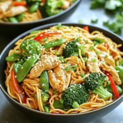 - 225 g Lo Mein Nudeln - 2 Hähnchenbrustfilets, dünn aufgeschnitten - 1 Tasse Brokkoliröschen - 1 rote Paprika, in Streifen geschnitten - 1 Tasse Zuckerschoten Die Lo Mein Nudeln sind der Hauptbestandteil. Sie sind weich und leicht zu essen. Hähnchenbrustfilets verleihen Protein und Geschmack. Das Gemüse bringt Farbe und Nährstoffe in das Gericht. Brokkoli ist knackig und gesund. Rote Paprika sorgt für Süße. Zuckerschoten fügen eine zarte Textur hinzu. - 3 Esslöffel Sojasauce - 1 Esslöffel Austernsauce - 1 Teelöffel Chili-Knoblauch-Sauce (optional) Sojasauce ist wichtig für den umami Geschmack. Austernsauce gibt Tiefe und Süße. Wenn du es scharf magst, füge Chili-Knoblauch-Sauce hinzu. Diese Saucen machen das Gericht würzig und lecker. - 1 Esslöffel Sesamöl - 3 Knoblauchzehen, fein gehackt - 2,5 cm frischer Ingwer, gerieben - Salz, Pfeffer, und Sesamkörner zur Garnitur Sesamöl rundet das Gericht ab. Es hat einen nussigen Geschmack. Knoblauch und Ingwer bringen Frische und Aroma. Salz und Pfeffer sind wichtig für die Würze. Zum Schluss streue Sesamkörner darüber. Sie geben einen schönen Crunch und eine tolle Optik. Um die Lo Mein Nudeln zu kochen, bringe einen großen Topf mit Wasser zum Kochen. Füge die Nudeln hinzu und koche sie nach der Packungsanleitung al dente. Nach 4-5 Minuten sind sie meist fertig. Nach dem Kochen, gieße die Nudeln ab. Vermenge sie dann mit einem Esslöffel Sesamöl. Das verhindert, dass die Nudeln kleben. Erhitze in einer großen Pfanne oder einem Wok einen Esslöffel Sesamöl bei mittelhoher Hitze. Füge die dünn aufgeschnittenen Hähnchenbrustfilets hinzu. Brate das Hähnchen für etwa 5 Minuten an, bis es goldbraun und gar ist. Achte darauf, dass das Hähnchen gut durchgegart ist, damit es sicher zu essen ist. Nimm das Hähnchen aus der Pfanne und stelle es beiseite. In der gleichen Pfanne brate nun das Gemüse. Gib Brokkoliröschen, rote Paprika und Zuckerschoten hinein. Brate das Gemüse 3-4 Minuten lang unter Rühren an. So bleibt es zart, aber knackig. Achte darauf, das Gemüse nicht zu lange zu garen, damit es frisch bleibt. Jetzt kommt der Duft! Füge die fein gehackten Knoblauchzehen und den geriebenen Ingwer zum Gemüse hinzu. Brate sie für etwa 1 Minute an, bis sie gut duften. Das verleiht dem Gericht viel Geschmack. Danach kannst du die Saucen hinzufügen. Gib das angebratene Hähnchen zurück in die Pfanne. Füge Sojasauce, Austernsauce und die optionale Chili-Knoblauch-Sauce hinzu. Mische alles gut durch, bis es gleichmäßig verteilt ist. Das Hähnchen sollte durchwärmen, während die Saucen sich gut verbinden. Nimm die Pfanne vom Herd und serviere die Chicken Lo Mein in tiefen Schalen. Garniere sie mit gehackten Frühlingszwiebeln und Sesamkörnern. Diese Garnitur macht das Gericht noch ansprechender. Guten Appetit! Um die beste Textur für deine Lo Mein Nudeln zu erzielen, achte auf das Timing beim Kochen. Koche die Nudeln in sprudelndem Wasser. Halte dich an die Packungsanleitung, um sie al dente zu kochen. So bleiben sie bissfest und kleben nicht zusammen. Nach dem Abgießen mische die Nudeln sofort mit etwas Sesamöl. Das hilft, das Kleben zu verhindern und gibt Geschmack. Für das Gemüse ist es wichtig, die richtige Garzeit zu wählen. Brokkoli, rote Paprika und Zuckerschoten solltest du nur 3-4 Minuten anbraten. So bleibt das Gemüse knackig und frisch. Für die Saucenmengen kannst du nach deinem Geschmack anpassen. Wenn du es süßer magst, füge mehr Sojasauce hinzu. Für mehr Tiefe in den Aromen, erhöhe die Austernsauce. Probiere auch die Chili-Knoblauch-Sauce, wenn du einen scharfen Kick möchtest. Falls du andere Geschmäcker bevorzugst, kannst du die Saucen leicht variieren. Verwende zum Beispiel Tamari für eine glutenfreie Option. Um Chicken Lo Mein einfach zuzubereiten, sind die richtigen Küchenutensilien wichtig. Eine große Pfanne oder ein Wok sind ideal zum Anbraten. Sie verteilen die Hitze gleichmäßig und ermöglichen ein schnelles Garen. Hilfreiche Utensilien sind ein Schneebesen und eine Zange. Mit dem Schneebesen kannst du die Saucen gut vermischen. Die Zange hilft, die Nudeln und das Gemüse effizient zu wenden. {{image_4}} Für Chicken Lo Mein kannst du auch Tofu oder Rindfleisch verwenden. Tofu ist eine großartige Wahl. Er nimmt die Aromen gut auf und ist gesund. Du kannst ihn in kleine Würfel schneiden und wie das Hähnchen anbraten. Rindfleisch ist ebenfalls lecker in diesem Gericht. Dünne Streifen vom Rind schmecken gut, wenn sie schön zart sind. Für vegane Optionen kannst du einfach das Hähnchen durch Tofu ersetzen. Füge auch Gemüse wie Pilze oder Zucchini hinzu. So bleibt das Gericht bunt und nahrhaft. Das Gemüse ist ein wichtiger Teil von Chicken Lo Mein. Du kannst saisonales Gemüse verwenden, das du magst. Zum Beispiel sind Karotten, Spinat oder grüne Bohnen super. Sie bringen Farbe und Geschmack ins Gericht. Du kannst auch Zucchini oder Paprika hinzufügen. Diese Gemüsesorten machen das Gericht noch knackiger. Denke daran, das Gemüse nicht zu lange zu garen. Es soll zart, aber noch knackig sein. So bleibt die Frische erhalten. Die Sauce ist das Herzstück von Chicken Lo Mein. Du kannst mit verschiedenen Sojasaucen experimentieren. Dunkle Sojasauce gibt einen reicheren Geschmack, während helle Sojasauce milder ist. Wenn du es schärfer magst, füge mehr Chili-Knoblauch-Sauce hinzu. Eine einfache hausgemachte Sauce kannst du mit Sojasauce, etwas Honig und Sesamöl machen. Diese Mischung bringt einen tollen süß-salzigen Geschmack. So kannst du dein Chicken Lo Mein ganz nach deinem Geschmack anpassen! Um dein Chicken Lo Mein frisch zu halten, solltest du es schnell kühlen. Lege die Reste in einen luftdichten Behälter. So bleibt der Geschmack erhalten. Lagere es im Kühlschrank. Dort hält es sich bis zu drei Tage. Wenn du mehr Zeit hast, kannst du die Nudeln und das Gemüse getrennt aufbewahren. Das hilft, die Textur zu bewahren. Du kannst frisches Gemüse wie Paprika oder Brokkoli auch am zweiten Tag hinzufügen. Für das Einfrieren ist die richtige Vorbereitung wichtig. Lass das Chicken Lo Mein zuerst abkühlen. Teile das Gericht in Portionen auf. Nutze gefrierfeste Behälter oder Beutel. So bleibt es bis zu drei Monate frisch. Wenn du es später auftauen willst, lege es über Nacht in den Kühlschrank. Dies hilft, die Qualität zu erhalten. Wenn du das Gericht wieder aufwärmst, achte auf die Methode. Die Mikrowelle ist schnell, aber das Gemüse kann matschig werden. Besser ist es, eine Pfanne zu verwenden. Erhitze etwas Sesamöl und füge das Lo Mein hinzu. Rühre gut um, bis alles heiß ist. So bleibt das Gemüse knackig. Vermeide es, die Nudeln zu lange zu kochen. So werden sie nicht klebrig und matschig. Die Zubereitung von Chicken Lo Mein dauert insgesamt etwa 30 Minuten. Die Vorbereitungszeit ist etwa 15 Minuten. Während dieser Zeit kannst du die Hähnchenbrustfilets schneiden und das Gemüse vorbereiten. Die Kochzeit beträgt dann nur 15 Minuten. In diesem kurzen Zeitraum kannst du die Nudeln, das Hähnchen und das Gemüse perfekt zubereiten. Ja, du kannst Lo Mein Nudeln ersetzen. Eine gute Alternative sind Spaghetti oder Udon-Nudeln. Diese Nudeln haben eine ähnliche Textur und nehmen die Saucen gut auf. Reisnudeln sind auch eine Option, falls du glutenfrei kochen möchtest. Achte darauf, die Kochzeiten entsprechend anzupassen. Chicken Lo Mein kann gesund sein, wenn du auf die Zutaten achtest. Das Gericht enthält viel Gemüse, was gut für die Nährstoffe ist. Um es gesünder zu machen, kannst du weniger Öl verwenden und die Sojasauce reduzieren. Achte darauf, frisches Gemüse zu wählen und auf zu viel Salz zu verzichten. Du kannst viele Zutaten hinzufügen, um dein Chicken Lo Mein zu variieren. Beliebte Optionen sind Karotten, Spinat oder Pilze. Auch Tofu oder Garnelen passen gut dazu. Für einen besonderen Kick kannst du auch ein bisschen Chili oder Erdnüsse hinzufügen. Diese Zutaten geben dem Gericht mehr Geschmack und Textur. Ja, dieses Rezept eignet sich gut für Meal Prep. Du kannst die Portionen im Voraus zubereiten und im Kühlschrank aufbewahren. Einfach in luftdichten Behältern lagern. Du kannst das Gericht auch einfrieren, um es länger haltbar zu machen. Erwärme es einfach in der Mikrowelle oder in einer Pfanne, um die Aromen aufzufrischen. Chicken Lo Mein ist einfach zuzubereiten und lecker. Wir haben die Hauptzutaten, Aromastoffe und wichtige Schritte betrachtet. Mit wenigen Tricks erreichen Sie die perfekte Textur. Variationen ermöglichen Ihnen, neue Geschmäcker zu entdecken. Die richtige Aufbewahrung sorgt dafür, dass Ihr Gericht lange frisch bleibt. Experimentieren Sie mit den Saucen und passen Sie die Zutaten an Ihren Geschmack an. Kochen macht Freude, und mit diesem Rezept gelingt Ihnen ein tolles Gericht. Viel Spaß beim Ausprobieren und Genießen!