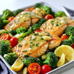 Für dieses leckere Gericht brauchen Sie: - 4 Lachsfilets (je 170 g) - 2 Tassen Brokkoliröschen - 1 Tasse Kirschtomaten, halbiert - 1 rote Paprika, in Streifen geschnitten - 4 Esslöffel ungesalzene Butter, geschmolzen Diese Zutaten sorgen für einen tollen Geschmack. Der Lachs ist reich an Omega-3-Fettsäuren. Das Gemüse bringt Farbe und Vitamine auf den Teller. Um den Lachs und das Gemüse richtig zu würzen, verwenden Sie: - 4 Knoblauchzehen, fein gehackt - 1 Esslöffel frischer Zitronensaft - 1 Teelöffel getrockneter Thymian - 1 Teelöffel Paprika - Salz und Pfeffer nach Geschmack Der Knoblauch gibt einen starken Geschmack. Der Thymian und die Zitrone bringen Frische. Paprika fügt eine leichte Süße hinzu. Achten Sie beim Kauf der Zutaten auf Qualität: - Wählen Sie frische Lachsfilets. Sie sollten glänzend und feucht aussehen. - Das Gemüse sollte knackig und lebhaft sein. Vermeiden Sie welke Blätter. - Kaufen Sie ungesalzene Butter für mehr Kontrolle über den Salzgehalt. Frische Zutaten machen den größten Unterschied. Sie steigern den Geschmack und die Nährstoffe in Ihrem Gericht. Zuerst heize den Ofen auf 200°C vor. Das sorgt für eine gleichmäßige Hitze. Nimm ein großes Backblech und lege es mit Backpapier aus. So bleibt das Blech sauber und die Reinigung wird einfach. Jetzt ist es Zeit, die Zutaten vorzubereiten. Du brauchst 4 Lachsfilets, 2 Tassen Brokkoliröschen, 1 Tasse halbierte Kirschtomaten und 1 rote Paprika in Streifen geschnitten. Halte diese Zutaten bereit, während du weiterarbeitest. In einer kleinen Schüssel vermenge 4 Esslöffel geschmolzene Butter, 4 fein gehackte Knoblauchzehen, 1 Esslöffel frischen Zitronensaft, 1 Teelöffel getrockneten Thymian, 1 Teelöffel Paprika sowie Salz und Pfeffer. Rühre alles gut um, bis die Sauce gut vermischt ist. Diese Knoblauchbuttersauce bringt viel Geschmack in das Gericht. Lege die Lachsfilets in die Mitte des Backblechs. Arrangiere die Brokkoliröschen, die Kirschtomaten und die Paprikastreifen um den Lachs. Diese bunte Mischung sieht nicht nur schön aus, sondern sorgt auch für ein tolles Aroma. Jetzt träufle die Hälfte der Knoblauchbuttersauce gleichmäßig über den Lachs und das Gemüse. So sind alle Zutaten gut gewürzt. Jetzt ist es an der Zeit, alles in den vorgeheizten Ofen zu geben. Backe das Ganze für etwa 15 bis 20 Minuten. Der Lachs sollte durchgegart sein und sich leicht mit einer Gabel zerteilen lassen. Das Gemüse sollte zart, aber noch lebhaft sein. Nach dem Backen gieße die restliche Knoblauchbuttersauce über das Gericht. Serviere den Lachs und das Gemüse warm. Garnieren kannst du mit Zitronenschnitzen für eine frische Note. Ein häufiger Fehler ist, den Lachs zu lange zu backen. Überbackener Lachs wird trocken. Achten Sie darauf, die Garzeit von 15-20 Minuten einzuhalten. Prüfen Sie den Lachs mit einer Gabel. Wenn er sich leicht zerteilen lässt, ist er fertig. Ein weiterer Fehler ist, nicht genug Knoblauchbuttersauce zu verwenden. Diese Sauce bringt Geschmack. Beträufeln Sie sowohl den Lachs als auch das Gemüse großzügig. Das macht das Gericht saftiger und aromatischer. Die perfekte Garzeit für Lachs liegt bei etwa 15-20 Minuten. Bei 200°C wird der Lachs gleichmäßig gar. Lassen Sie ihn nicht zu lange im Ofen, um die Saftigkeit zu bewahren. Eine gute Faustregel ist, nach 12 Minuten zu prüfen. Wenn Sie dickeres Lachsfilet haben, kann die Garzeit etwas länger sein. Aber seien Sie vorsichtig! Zu lange Garzeit macht den Lachs trocken und weniger schmackhaft. Um die Knoblauchbuttersauce cremiger zu machen, können Sie etwas Sahne hinzufügen. Ein Esslöffel Sahne reicht aus, um die Sauce zu verfeinern. Mischen Sie die Sahne mit der Butter und dem Knoblauch vor dem Backen. Ein weiterer Trick ist, die Butter leicht zu bräunen, bevor Sie sie verwenden. Das gibt der Sauce ein nussiges Aroma. Erhitzen Sie die Butter in einer Pfanne und lassen Sie sie leicht bräunen. Achten Sie darauf, dass sie nicht verbrennt! {{image_4}} Du kannst das Gemüse nach deinem Geschmack ändern. Brokkoli, Kirschtomaten und Paprika sind klasse, aber du kannst auch Zucchini oder Karotten verwenden. Grüne Bohnen passen auch gut. Denke daran, dass das Gemüse ähnliche Garzeiten haben sollte. So bleibt alles gleichmäßig gar. Wenn du keinen Lachs magst, probiere Hähnchenbrust oder Garnelen. Diese Alternativen sind lecker und einfach zuzubereiten. Du kannst die Kochzeit anpassen. Hähnchen braucht etwas länger, während Garnelen schneller gar sind. Achte darauf, dass sie nicht trocken werden. Für eine glutenfreie Variante achte darauf, dass alle Zutaten glutenfrei sind. Die Knoblauchbuttersauce ist auch glutenfrei. Wenn du keto isst, kannst du die Menge an Gemüse reduzieren. Füge mehr Lachs oder eine andere fettreiche Proteinquelle hinzu. So bleibt das Gericht gesund und passt zu deiner Diät. Wenn Sie Reste von Knoblauchbutter-Lachs und Gemüse haben, bewahren Sie sie im Kühlschrank auf. Legen Sie die Reste in einen luftdichten Behälter. So bleiben sie frisch. Sie sollten die Reste innerhalb von drei Tagen essen. Das Gericht wird am besten kalt oder leicht erwärmt serviert. Für die langfristige Lagerung können Sie den Lachs und das Gemüse einfrieren. Teilen Sie die Portionen in einzelne Behälter oder Gefrierbeutel auf. Achten Sie darauf, die Luft so gut wie möglich herauszudrücken. So vermeiden Sie Gefrierbrand. Gefrorene Reste sollten innerhalb von zwei Monaten verzehrt werden. Um Reste aufzuwärmen, nutzen Sie den Ofen oder die Mikrowelle. Wenn Sie den Ofen verwenden, heizen Sie ihn auf 175°C vor. Stellen Sie den Lachs und das Gemüse in eine Auflaufform. Decken Sie es mit Folie ab, um das Austrocknen zu verhindern. Backen Sie es etwa 10-15 Minuten. In der Mikrowelle erwärmen Sie die Reste in kurzen Intervallen von 30 Sekunden. Prüfen Sie oft, damit das Essen nicht überhitzt. Lachs ist im Kühlschrank etwa 1 bis 2 Tage haltbar. Achten Sie darauf, ihn in einem luftdichten Behälter aufzubewahren. Wenn er frisch ist, bleibt der Geschmack gut. Wenn Sie ihn länger aufbewahren möchten, frieren Sie ihn besser ein. Ja, Sie können die Knoblauchbuttersauce im Voraus machen. Mischen Sie einfach die geschmolzene Butter, den Knoblauch, Zitronensaft, Thymian, Paprika, Salz und Pfeffer. Bewahren Sie die Sauce in einem luftdichten Behälter im Kühlschrank auf. Vor der Verwendung einfach kurz aufwärmen. Ja, Sie können dieses Rezept auch auf dem Grill zubereiten. Verwenden Sie eine Grillplatte oder Folie, um den Lachs und das Gemüse zu grillen. Die Garzeit kann etwas kürzer sein. Achten Sie darauf, alles regelmäßig zu wenden, damit es gleichmäßig gart. In diesem Blogbeitrag haben wir die Hauptzutaten für dein Rezept besprochen. Du hast gelernt, wie man die Zubereitung einfach und schnell macht. Wir haben auch Tipps geteilt, um gängige Fehler zu vermeiden und verschiedene Variationen des Rezepts zu erkunden. Denke daran, dass die Wahl der richtigen Zutaten den Geschmack verbessert. Mit den Aufbewahrungshinweisen kannst du Reste optimal nutzen. Probiere das Rezept aus und entdecke neue Möglichkeiten. Kochen kann Spaß machen und lecker sein!