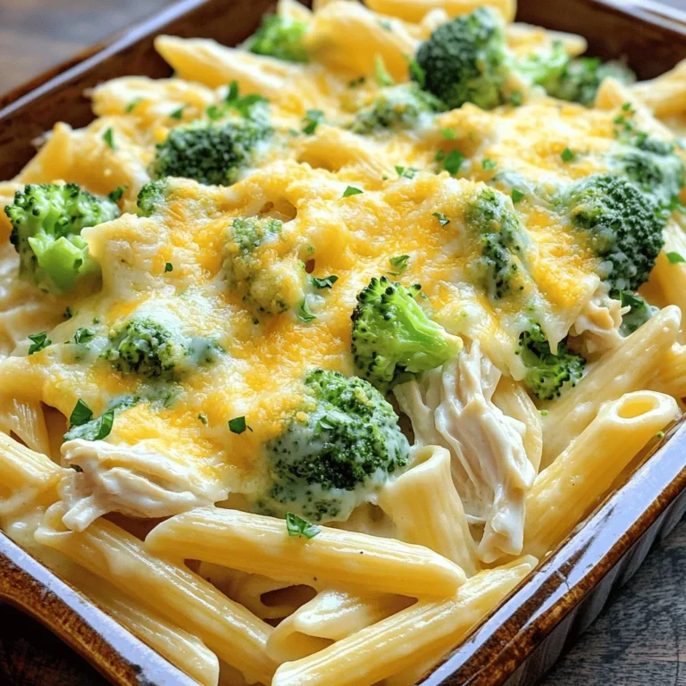 - 2 Tassen Penne-Nudeln - 2 Tassen gekochte Hühnerbrust, zerrupft - 2 Tassen Alfredo-Sauce (fertig gekauft oder hausgemacht) - 1 Tasse Brokkoli-Röschen, gedämpft - 1 Tasse Mozzarella-Käse, gerieben - 1/2 Tasse Parmesan-Käse, gerieben - 1 Teelöffel Knoblauchpulver - 1 Teelöffel italienische Gewürze - Salz und Pfeffer nach Geschmack - Frische Petersilie, gehackt (zum Garnieren) Ich empfehle frische Zutaten. Frischer Brokkoli hat mehr Geschmack. Frische Hühnerbrust liefert zarte Stücke. Gefrorene Zutaten sind eine gute Alternative. Sie sind oft genauso nahrhaft und praktisch. Achte darauf, die gefrorenen Zutaten gut abzutauen. Das sorgt für bessere Textur und Geschmack beim Backen. Wenn du Allergien hast, kannst du einige Zutaten ersetzen. Verwende glutenfreie Nudeln, wenn du Gluten vermeidest. Ersetze die Alfredo-Sauce mit einer veganen oder laktosefreien Version. Für den Käse kannst du eine pflanzliche Alternative wählen. So bleibt der Auflauf lecker und für jeden geeignet. Zuerst heize deinen Ofen auf 175°C vor. Das hilft, den Auflauf gleichmäßig zu backen. Während der Ofen vorheizt, koche die Penne-Nudeln. Folge den Anweisungen auf der Packung und koche sie bis sie al dente sind. Das bedeutet, sie sind weich, aber noch bissfest. Nach dem Kochen gieße die Nudeln ab und stelle sie beiseite. Jetzt kommt der spannende Teil! In einer großen Rührschüssel mischst du die warmen Penne-Nudeln mit der zerrupften Hühnerbrust. Füge die Alfredo-Sauce hinzu. Du kannst fertige Sauce verwenden oder deine eigene machen. Dann gib den gedämpften Brokkoli, Knoblauchpulver, italienische Gewürze, Salz und Pfeffer dazu. Rühre alles gut um. Achte darauf, dass die Nudeln und das Hühnchen gleichmäßig mit der Sauce überzogen sind. So schmeckt jeder Bissen gut. Übertrage die Nudel-Mischung in eine gefettete Auflaufform. Diese sollte etwa 23x33 cm groß sein. Verteile den geriebenen Mozzarella und den Parmesan gleichmäßig darauf. Jetzt kommt der Auflauf in den vorgeheizten Ofen. Backe ihn 25-30 Minuten lang. Der Käse sollte sprudelnd und goldbraun sein. Nach dem Backen nimm den Auflauf heraus und lass ihn ein paar Minuten abkühlen. Vor dem Servieren garniere ihn mit frischer, gehackter Petersilie. So sieht er noch schöner aus! Um die perfekte Konsistenz deiner Alfredo-Sauce zu erreichen, achte auf die richtige Temperatur. Erhitze die Sauce langsam. Rühre ständig, um Klumpen zu vermeiden. Du kannst die Sauce auch mit etwas Nudelwasser verdünnen. So bleibt sie cremig und geschmeidig. Wenn die Sauce zu dick ist, füge einfach mehr Flüssigkeit hinzu. Der Schlüssel zum perfekten Käse ist die Temperatur. Verwende frischen Käse und reibe ihn selbst. So schmilzt er besser. Streue den Käse gleichmäßig über die Nudel-Mischung. Backe im Ofen bei 175°C. Lasse den Käse goldbraun werden. Dies gibt dir eine schöne Kruste und verhindert, dass der Käse austrocknet. Die Reste sind vielseitig einsetzbar. Du kannst sie in einer Schüssel aufbewahren. Erwärme sie in der Mikrowelle oder im Ofen. Füge etwas Milch oder Sahne hinzu, um die Konsistenz zu verbessern. Du kannst auch Gemüse oder Gewürze hinzufügen, um den Geschmack zu verändern. So bleibt das Gericht interessant und lecker. {{image_4}} Du kannst Gemüse ganz leicht in deinen Auflauf einfügen. Spinat ist eine tolle Wahl. Er bringt Farbe und Nährstoffe. Du kannst frischen oder gefrorenen Spinat verwenden. Paprika ist auch gut. Sie fügt einen süßen Geschmack hinzu. Schneide die Paprika in kleine Stücke. Mische sie einfach mit den anderen Zutaten. So wird dein Auflauf noch bunter und gesünder. Wenn du das Hühnchen ersetzen möchtest, versuche Putenbrust. Sie hat einen ähnlichen Geschmack. Du kannst auch Gemüse als Hauptzutat nutzen. Zum Beispiel, Kichererbsen oder Linsen. Diese Optionen sind nahrhaft und füllend. Achte darauf, das Gemüse gut zu würzen. So bleibt der Geschmack intensiv und lecker. Falls du es schärfer magst, füge Chiliflocken hinzu. Beginne mit einer kleinen Menge. Du kannst mehr hinzufügen, wenn du es willst. Streue die Chiliflocken über den Käse, bevor du den Auflauf backst. Das gibt eine schöne Würze. Achte darauf, die Schärfe gut auszubalancieren. So bleibt der Auflauf lecker und nicht zu scharf. Um deinen cremigen Chicken Alfredo Pasta Auflauf richtig zu lagern, lasse ihn zuerst abkühlen. Danach füllst du die Reste in einen luftdichten Behälter. Stelle sicher, dass der Behälter gut verschlossen ist, um Feuchtigkeit zu vermeiden. Lagere den Auflauf im Kühlschrank. So bleibt er frisch und lecker. Wenn du den Auflauf wieder aufwärmen möchtest, mache das im Ofen. Heize den Ofen auf 175°C (350°F) vor. Lege den Auflauf in eine Auflaufform und decke ihn mit Alufolie ab. So bleibt er saftig. Wärm ihn 20 bis 25 Minuten lang auf, bis er heiß ist. Du kannst auch einen Spritzer Alfredo-Sauce hinzufügen, um die Cremigkeit zu erhöhen. Im Kühlschrank hält sich der Auflauf bis zu 3 Tage. Wenn du ihn länger aufbewahren möchtest, friere ihn ein. In einem gefrierfesten Behälter bleibt er bis zu 3 Monate frisch. Achte darauf, den Auflauf gut einzupacken, damit er nicht austrocknet. Wenn du ihn auftauen möchtest, lasse ihn über Nacht im Kühlschrank. Ja, du kannst die Alfredo-Sauce ganz einfach selbst machen. Du brauchst nur Butter, Sahne, Knoblauch und Parmesan. Schmelze die Butter in einer Pfanne. Füge dann den Knoblauch hinzu und koche ihn kurz. Gieße die Sahne hinein und rühre gut um. Lass die Mischung köcheln, bis sie dick wird. Am Ende fügst du den Parmesan hinzu und rührst weiter. So hast du eine frische und leckere Sauce! Ja, du kannst Vollkornnudeln verwenden. Sie sind gesünder und haben mehr Ballaststoffe. Vollkornnudeln passen gut zu der cremigen Sauce. Koche sie nach der Anleitung auf der Packung. Achte darauf, dass sie nicht zu weich werden. Al dente ist der beste Zustand für deinen Auflauf. Die Reste kannst du im Kühlschrank bis zu drei Tage aufbewahren. Stelle sicher, dass du den Auflauf in einem luftdichten Behälter lagerst. Du kannst ihn auch einfrieren. Im Gefrierfach hält er bis zu drei Monate. Wenn du ihn aufwärmst, stelle sicher, dass er ganz durch ist. So schmeckt er wie frisch gemacht! In diesem Artikel haben wir die wichtigsten Aspekte eines köstlichen Alfredo-Auflaufs behandelt. Wir haben die grundlegenden Zutaten, die Schritt-für-Schritt-Anleitung und hilfreiche Tipps besprochen. Du weißt jetzt, wie du mit frischen oder gefrorenen Zutaten arbeitest und welche Variationen du ausprobieren kannst. Achte auf die Lagerung und das Aufwärmen, um die besten Ergebnisse zu erzielen. Ein perfekter Auflauf bringt Freude an jedem Esstisch! Experimentiere und finde deine Lieblingsvariationen!