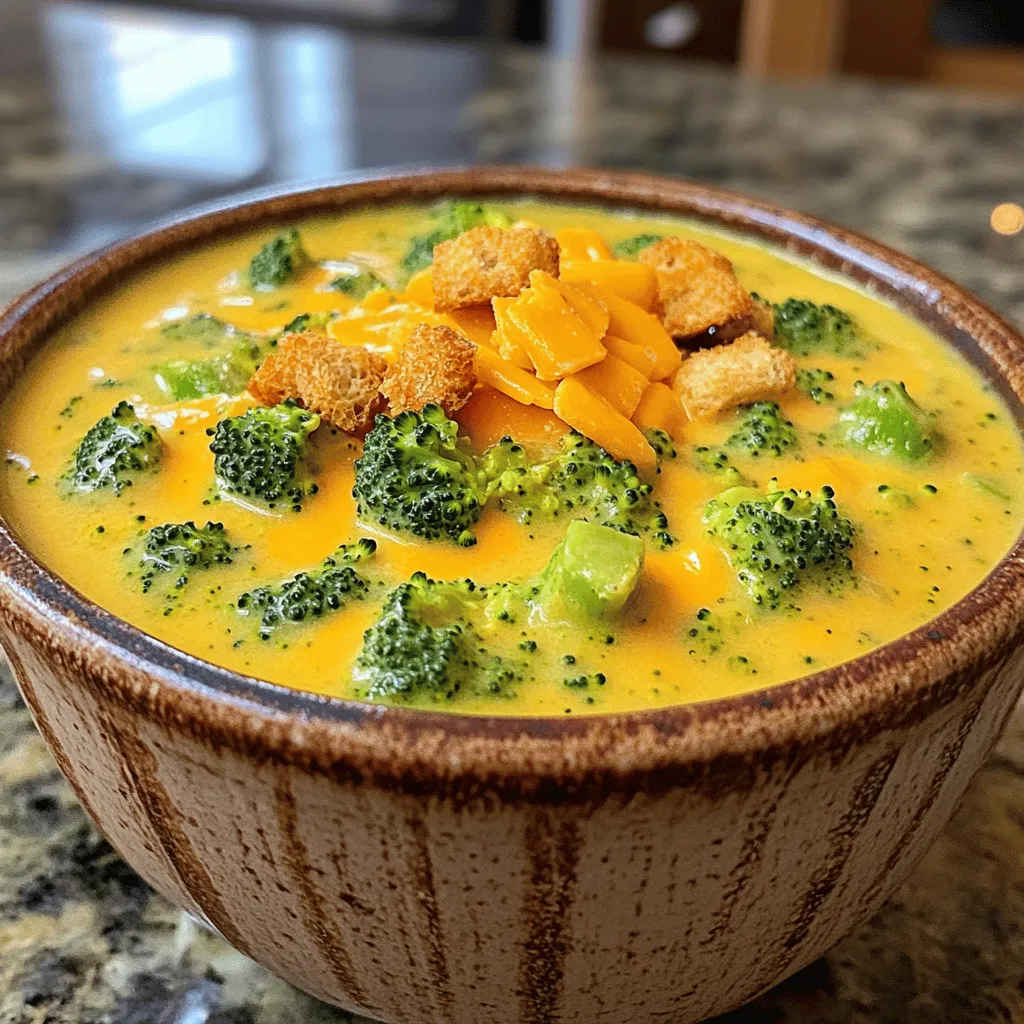 Für die cremige Brokkoli-Käse-Suppe benötigst du diese Zutaten: - 4 Tassen Brokkoliröschen (frisch oder gefroren) - 1 kleine Zwiebel, gewürfelt - 3 Knoblauchzehen, fein gehackt - 4 Tassen Gemüsebrühe - 2 Tassen geriebener scharfer Cheddar-Käse - 1 Tasse Schlagsahne oder Kokosmilch (für die milchfreie Option) - 1 Teelöffel getrockneter Thymian - 1 Teelöffel Zwiebelpulver - Salz und Pfeffer nach Geschmack - Optional: Croutons und zusätzliche Käse für die Garnitur Diese Zutaten sorgen für einen reichen Geschmack und eine cremige Textur. Der Brokkoli liefert nicht nur Nährstoffe, sondern auch Farbe und Frische. Wenn du frischen Brokkoli wählst, achte darauf, dass die Röschen fest und grün sind. Sie sollten keine braunen Flecken haben. Der Stiel sollte knackig sein. Lagere frischen Brokkoli im Kühlschrank, um ihn frisch zu halten. Gefrorener Brokkoli ist eine gute Option, wenn frischer nicht verfügbar ist. Er bleibt lange frisch und ist oft bereits blanchiert. So sparst du Zeit bei der Vorbereitung. Achte darauf, dass die gefrorenen Röschen nicht zusammenkleben. Das zeigt, dass sie frisch sind. Wenn du eine milchfreie Suppe machen willst, gibt es tolle Alternativen. Du kannst Kokosmilch verwenden, die der Suppe eine cremige Konsistenz gibt. Auch Mandelmilch oder Hafermilch funktionieren gut. Sie sind leicht und verleihen der Suppe einen anderen Geschmack. Für den Käse kannst du einen veganen Käse verwenden. Es gibt viele Sorten, die gut schmelzen und einen leckeren Geschmack bieten. Diese Optionen machen die Suppe für viele Ernährungsweisen geeignet. Beginne mit der Vorbereitung des Gemüses. Nimm 4 Tassen Brokkoliröschen, 1 kleine gewürfelte Zwiebel und 3 fein gehackte Knoblauchzehen. Gib alles in den Slow Cooker. Stelle sicher, dass das Gemüse gleichmäßig verteilt ist. So gart es gleichmäßig und nimmt den Geschmack auf. Als Nächstes fügst du die flüssigen Zutaten hinzu. Gieße 4 Tassen Gemüsebrühe über das Gemüse. Dies sorgt dafür, dass alles schön kocht. Danach würze die Mischung mit 1 Teelöffel getrocknetem Thymian, 1 Teelöffel Zwiebelpulver, Salz und Pfeffer nach Geschmack. Rühre alles gut um, damit die Gewürze sich gleichmäßig verteilen. Jetzt ist es Zeit, die Suppe zu garen. Decke den Slow Cooker ab. Stelle ihn auf „niedrig“ für 4-5 Stunden oder „hoch“ für 2-3 Stunden. Der Brokkoli sollte zart sein. Nach dem Garen püriere die Mischung mit einem Stabmixer. Wenn du eine stückige Suppe magst, püriere nur die Hälfte. Dann füge 2 Tassen geriebenen scharfen Cheddar-Käse und 1 Tasse Schlagsahne oder Kokosmilch hinzu. Rühre gut um, bis der Käse schmilzt und alles gut vermengt ist. Einen häufigen Fehler macht man beim Garen des Brokkolis. Wenn man ihn zu lange kocht, wird er matschig. Achte darauf, ihn nur bis zur Zartheit zu garen. Ein weiterer Fehler ist das Überwürzen. Beginne mit wenig Salz und Pfeffer. Du kannst später immer mehr hinzufügen. Auch die Wahl des Käses ist wichtig. Verwende frischen Käse, nicht den vorgereibenen. Der verliert oft seinen Geschmack und die Textur. Um die Geschmäcker zu verbessern, füge etwas Zitronensaft hinzu. Das bringt Frische. Auch ein Hauch von Muskatnuss kann die Aromen intensivieren. Experimentiere mit frischen Kräutern wie Petersilie oder Schnittlauch. Diese geben der Suppe einen schönen Farbkontrast. Du kannst auch mehr Knoblauch verwenden, wenn du es würziger magst. Für die Garnitur sind Croutons eine tolle Wahl. Sie geben einen schönen Crunch. Du kannst auch mehr Käse darüber streuen. Frisch geriebener Cheddar sieht toll aus und schmilzt gut. Ein Spritzer Sahne macht die Suppe noch cremiger. Wenn du es schick magst, füge einige essbare Blumen hinzu. Sie sind bunt und machen die Suppe ansprechend. {{image_4}} Sie können die cremige Brokkoli-Käse-Suppe leicht anpassen. Fügen Sie zum Beispiel Karotten, Erbsen oder Blumenkohl hinzu. Diese Gemüse verbessern den Geschmack und die Textur. Sie bringen auch mehr Nährstoffe in die Suppe. Einfach die gleichen Schritte wie mit Brokkoli befolgen. Schneiden Sie das Gemüse klein, damit es gleichmäßig gart. Kräuter und Gewürze machen die Suppe aufregend. Probieren Sie frischen Dill oder Petersilie für einen frischen Geschmack. Rosmarin gibt der Suppe eine herzhafte Note. Auch ein Hauch von Muskatnuss passt gut dazu. Experimentieren Sie mit verschiedenen Kombinationen, um Ihren eigenen Geschmack zu finden. Sehen Sie, welche Aromen Ihnen am besten gefallen. Käse ist der Star der Suppe. Neben Cheddar können Sie Gouda oder Gruyère verwenden. Diese Käsesorten geben der Suppe eine andere Tiefe. Für einen würzigeren Geschmack probieren Sie Blauschimmelkäse. Mischen Sie verschiedene Käsesorten für mehr Komplexität. Denken Sie daran, den Käse gut zu schmelzen, damit die Suppe cremig bleibt. Um die cremige Brokkoli-Käse-Suppe frisch zu halten, füllen Sie sie in einen luftdichten Behälter. Lassen Sie die Suppe zuerst abkühlen. Lagern Sie sie dann im Kühlschrank. So bleibt sie bis zu fünf Tage genießbar. Achten Sie darauf, dass die Suppe nicht in der Nähe von stark riechenden Lebensmitteln steht. Wenn Sie die Suppe aufwärmen, verwenden Sie einen Topf auf dem Herd. Erhitzen Sie die Suppe bei mittlerer Hitze. Rühren Sie oft, damit sie gleichmäßig warm wird. Sie können auch einen Mikrowellenbehälter nutzen. Stellen Sie die Mikrowelle auf mittlere Leistung und erwärmen Sie die Suppe portionsweise. Überprüfen Sie die Temperatur, bevor Sie sie essen. Um die Suppe einzufrieren, verwenden Sie gefriergeeignete Behälter. Lassen Sie etwas Platz, da die Suppe beim Gefrieren expandiert. Sie können die Suppe bis zu drei Monate im Gefrierfach aufbewahren. Zum Auftauen stellen Sie den Behälter über Nacht in den Kühlschrank. Erhitzen Sie die auftaugte Suppe wie oben beschrieben. Die Suppe hält sich gut für 3 bis 5 Tage im Kühlschrank. Achten Sie darauf, die Suppe in einem luftdichten Behälter zu lagern. So bleibt die Frische erhalten. Wenn Sie Reste haben, lassen Sie die Suppe zuerst auf Raumtemperatur abkühlen. Das verhindert, dass sich Bakterien bilden. Ja, Sie können die Suppe leicht vegetarisch oder vegan machen. Verwenden Sie einfach Gemüsebrühe und Kokosmilch. Statt Cheddar-Käse gibt es viele pflanzliche Käseoptionen. Achten Sie auf die Zutatenliste, um sicherzustellen, dass sie vegan sind. Diese Anpassungen machen die Suppe lecker und für alle geeignet. Zu dieser Suppe passen viele Beilagen gut. Hier sind einige Vorschläge: - Knuspriges Brot oder Brötchen - Salat mit frischen Kräutern - Gegrilltes Gemüse - Croutons für zusätzlichen Crunch - Ein Hauch von frischem Pfeffer oder Paprika Diese Beilagen ergänzen den Geschmack der Suppe wunderbar. Genießen Sie Ihre Mahlzeit! Diese Brokkoli-Käse-Suppe ist einfach zu machen und voller Geschmack. Wir haben frische Zutaten ausgewählt und Tipps zum Kochen und Lagern gegeben. Ich hoffe, die Schritt-für-Schritt-Anleitung hilft dir, ein köstliches Ergebnis zu erzielen. Denke daran, mit Variationen zu experimentieren, um deine perfekte Suppe zu finden. Ob du Käse magst oder nicht, es gibt Optionen für jeden. Jetzt bist du bereit, es auszuprobieren. Viel Spaß beim Kochen!