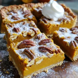 Für die perfekten Kürbis-Pekannuss-Riegel brauchst du folgende Zutaten: - 1 Tasse Allzweckmehl - 1/2 Tasse ungesalzene Butter, geschmolzen - 1/4 Tasse Kristallzucker - 1/2 Teelöffel Salz - 1 Tasse Kürbispüree - 1/2 Tasse brauner Zucker, fest gepackt - 2 große Eier - 1 Teelöffel Vanilleextrakt - 1 Teelöffel gemahlenen Zimt - 1/2 Teelöffel gemahlene Muskatnuss - 1/4 Teelöffel gemahlener Ingwer - 1/4 Tasse Schlagsahne - 1 Tasse Pekannüsse, grob gehackt Bei der Auswahl der Zutaten ist Qualität wichtig. Verwende frisches Kürbispüree. Du kannst es auch selbst machen, indem du Kürbis kochst und pürierst. So hast du die volle Kontrolle über den Geschmack. Achte darauf, dass die Eier frisch sind. Das sorgt für die beste Konsistenz. Bei den Nüssen kannst du die Pekannüsse leicht rösten, um ihren Geschmack zu verstärken. Die Kombination von frischen und hochwertigen Zutaten macht den Unterschied. Ungesalzene Butter gibt den Riegeln eine reichhaltige Basis. Brauner Zucker sorgt für eine karamellige Note. Zimt, Muskatnuss und Ingwer bringen Wärme und Tiefe in den Geschmack. Wenn du die Pekannüsse grob hackst, geben sie den Riegeln einen tollen Crunch. Verwende echte Vanille, wenn möglich. Sie hebt den Geschmack auf ein neues Level. Zuerst heize deinen Ofen auf 175°C vor. Nimm eine Backform von 20x20 cm. Fette die Form ein und lege sie mit Backpapier aus. Lasse einen Überhang, damit du die Riegel später leicht herausnehmen kannst. In einer mittelgroßen Schüssel vermische 1 Tasse Allzweckmehl, 1/2 Tasse geschmolzene Butter, 1/4 Tasse Kristallzucker und 1/2 Teelöffel Salz. Rühre alles gut um, bis die Mischung krümelig ist. Drücke die Mischung gleichmäßig in die Backform. Backe den Boden für 15 Minuten, bis er leicht goldbraun ist. Für die Füllung brauchst du eine große Schüssel. Gib 1 Tasse Kürbispüree, 1/2 Tasse braunen Zucker, 2 große Eier, 1 Teelöffel Vanilleextrakt, 1 Teelöffel Zimt, 1/2 Teelöffel Muskatnuss, 1/4 Teelöffel Ingwer und 1/4 Tasse Schlagsahne hinein. Verquirle alles gut, bis die Mischung glatt ist. Füge nun 1 Tasse grob gehackte Pekannüsse hinzu. Falt sie vorsichtig in die Mischung, bis sie gleichmäßig verteilt sind. Gieße die Kürbis-Pekannuss-Füllung über den vorgebackenen Boden. Verwende einen Spatel, um die Mischung gleichmäßig zu verteilen. Backe die Riegel für 25-30 Minuten. Sie sind fertig, wenn die Füllung fest ist. Ein Zahnstocher sollte sauber herauskommen, wenn du ihn in die Mitte steckst. Lasse die Riegel in der Form auf einem Kuchengitter vollständig abkühlen. Wenn sie kühl sind, hebe sie mit dem Überhang heraus und schneide sie in quadratische Stücke. Um Fehler beim Backen zu vermeiden, halte dich genau an die Schritte. Miss die Zutaten sorgfältig ab. Verwende frisches Kürbispüree für den besten Geschmack. Achte darauf, dass die Butter nicht zu heiß ist. Zu heiß kann die Mischung ruinieren. Lass den Boden nicht zu lange im Ofen. Er sollte leicht goldbraun sein, aber nicht zu dunkel. Für eine bessere Textur kannst du die Pekannüsse leicht rösten. Rösten hebt den Geschmack hervor. Achte darauf, die Nüsse nicht zu verbrennen. Auch die Mischung von Zimt und Muskatnuss gibt einen tollen Geschmack. Experimentiere mit etwas Muskatnuss, um die Aromen zu verstärken. Verwende für eine cremigere Füllung mehr Schlagsahne. So wird die Füllung noch reicher. Die Präsentation macht alles aus! Bestäube die Riegel mit Puderzucker für einen süßen Look. Ein Klecks Schlagsahne daneben bringt Frische. Streue zusätzlich geröstete Pekannüsse obenauf für den Crunch. Du kannst auch karamellisierte Pekannüsse verwenden. Das sieht nicht nur gut aus, sondern schmeckt auch köstlich. {{image_4}} Wenn Sie keine Pekannüsse mögen, probieren Sie Walnüsse. Walnüsse bieten einen milden, nussigen Geschmack. Sie ergänzen den Kürbis gut. Mandeln sind auch eine gute Wahl. Sie geben einen knackigen Biss. Einfach die Nüsse nach Ihrem Geschmack auswählen. Achten Sie darauf, die Nüsse grob zu hacken. So sind sie gleichmäßig im Riegel verteilt. Für eine vegane Version ersetzen Sie die Eier mit Apfelmus. Eine halbe Tasse Apfelmus funktioniert gut. Verwenden Sie auch pflanzliche Butter. So bleibt die Textur ähnlich. Für glutenfreie Riegel nutzen Sie glutenfreies Mehl. Achten Sie darauf, dass alle anderen Zutaten ebenfalls glutenfrei sind. Diese Anpassungen machen die Riegel für alle Genusse geeignet. Sie können die Gewürze nach Ihrem Geschmack ändern. Fügen Sie mehr Zimt oder Muskatnuss hinzu, wenn Sie es würziger mögen. Auch eine Prise Nelken kann den Riegeln Tiefe geben. Experimentieren Sie mit Ingwer für eine frische Note. Vanille macht die Mischung süßer. Ihre Kreativität ist der Schlüssel zu neuen Geschmackserlebnissen. Um die Kürbis-Pekannuss-Riegel frisch zu halten, lege sie in einen luftdichten Behälter. Du kannst sie auch mit Frischhaltefolie umwickeln. Achte darauf, dass sie gut abgekühlt sind, bevor du sie verpackst. So bleiben sie länger lecker. Im Kühlschrank halten die Riegel etwa eine Woche. Im Gefrierschrank kannst du sie bis zu drei Monate lagern. Achte darauf, sie vor dem Einfrieren in Portionen zu schneiden. Das macht das spätere Auftauen einfacher. Zum Wiederaufwärmen lege die Riegel auf einen Teller. Mikrowelle sie für 10 bis 15 Sekunden. Du kannst sie auch im Ofen bei 150°C (300°F) für etwa 10 Minuten erwärmen. So bleiben sie schön saftig und warm. Du kannst die Kürbis-Pekannuss-Riegel bis zu einer Woche im Kühlschrank aufbewahren. Stelle sicher, dass du sie in einem luftdichten Behälter lagerst. Diese Riegel werden mit der Zeit noch besser, da die Aromen sich entfalten. Ja, du kannst die Riegel einfrieren. Schneide sie in Stücke und lege sie in einen Gefrierbeutel. Du kannst sie bis zu drei Monate im Gefrierfach aufbewahren. Wenn du sie essen möchtest, lasse sie einfach über Nacht im Kühlschrank auftauen. Für die Riegel kannst du verschiedene Toppings verwenden. Hier sind einige Ideen: - Ein Hauch von Puderzucker für Süße - Ein Klecks Schlagsahne für Cremigkeit - Extra Pekannüsse für Crunch - Karamellsauce für eine süße Note Diese Toppings machen deine Riegel noch leckerer. Experimentiere, um deine perfekte Kombination zu finden! Die Kürbis-Pekannuss-Riegel sind einfach und lecker. Wir haben die besten Zutaten besprochen und die Zubereitung erklärt. Ich habe Tipps gegeben, um beim Backen Fehler zu vermeiden und die Riegel zu dekorieren. Variationen zeigen dir, wie du neue Geschmäcker ausprobieren kannst. Auch die Lagerung der Riegel bleibt nicht außen vor. Denke an all die Möglichkeiten, die du hast, um deine Riegel anzupassen und zu genießen. Bleibe kreativ und experimentiere mit den Rezepten!