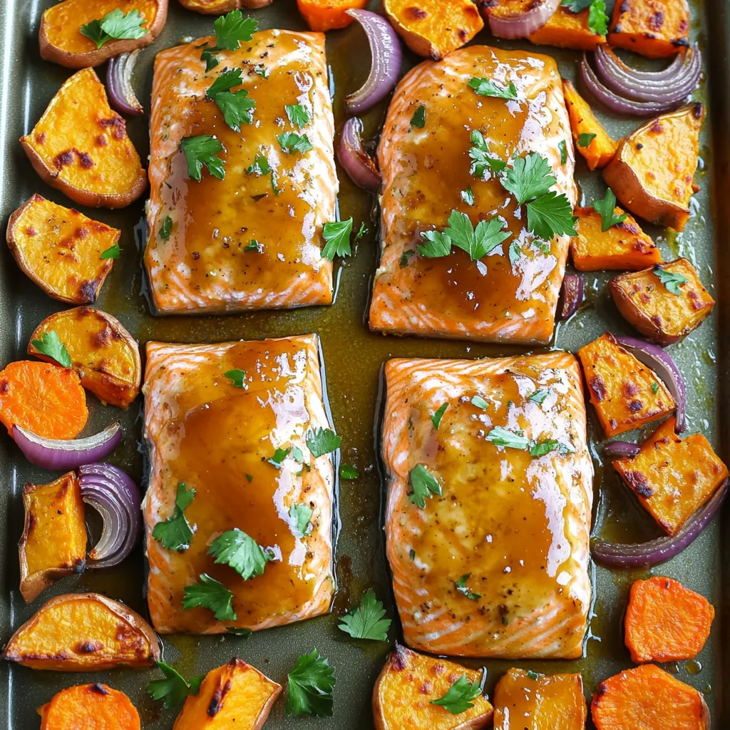Um dieses leckere Gericht zuzubereiten, brauchst du: - 4 Lachsfilets - 2 mittelgroße Süßkartoffeln, gewürfelt - 2 Karotten, in Scheiben geschnitten - 1 rote Zwiebel, in Wedges geschnitten - 2 Esslöffel Olivenöl - 60 ml reiner Ahornsirup - 2 Esslöffel Sojasauce (oder Kokosaminos für eine glutenfreie Option) - 1 Teelöffel Dijon-Senf - 1 Teelöffel Knoblauchpulver - Salz und Pfeffer nach Geschmack - Frische Petersilie zum Garnieren Frisches Gemüse bringt die besten Aromen. Wähle knackige Süßkartoffeln und frische Karotten. Du kannst auch andere Wurzeln wie Pastinaken verwenden. Wenn du keinen Lachs magst, probiere Forelle oder Kabeljau. Für eine vegane Option kannst du Tofu oder Tempeh nehmen. Achte darauf, dass die Glasur aus hochwertigen Zutaten besteht. Reiner Ahornsirup ist die beste Wahl für Geschmack. Diese Gericht ist nicht nur lecker, sondern auch gesund. Eine Portion enthält etwa: - Kalorien: 400 - Protein: 30g - Kohlenhydrate: 40g - Fett: 15g Die Süßkartoffeln liefern Ballaststoffe und Vitamine. Lachs ist reich an Omega-3-Fettsäuren, die gut für das Herz sind. Die Kombination macht dieses Rezept nährstoffreich und sättigend. Zuerst heize deinen Ofen auf 200°C vor. Das sorgt dafür, dass alles gleichmäßig gart. Ein heißer Ofen hilft dem Gemüse, schön zu rösten und dem Lachs, perfekt zu garen. Nimm die Süßkartoffeln und schneide sie in kleine Würfel. Schneide die Karotten in dünne Scheiben und die rote Zwiebel in Wedges. Lege das Gemüse auf ein großes Backblech. Träufle zwei Esslöffel Olivenöl darüber. Würze alles mit Salz, Pfeffer und einem Teelöffel Knoblauchpulver. Mische alles gut durch, bis das Gemüse gleichmäßig gewürzt ist. In einer kleinen Schüssel vermische 60 ml reinen Ahornsirup, zwei Esslöffel Sojasauce und einen Teelöffel Dijon-Senf. Nutze einen Schneebesen, um alles gut zu kombinieren. Diese Glasur wird deinem Lachs einen tollen Geschmack geben. Nach 15 Minuten Rösten nimm das Backblech aus dem Ofen. Schaffe Platz in der Mitte für die Lachsfilets. Lege die Filets mit der Hautseite nach unten hinein. Bestreiche sie großzügig mit der Ahornsirupglasur. Schiebe das Blech zurück in den Ofen und röste alles für weitere 12-15 Minuten. Der Lachs sollte durchgegart sein und leicht auseinanderfallen. Das Gemüse wird zart und karamellisiert sein. Nach dem Garen lasse das Blech ein paar Minuten ruhen. Garniere das Gericht mit frischer Petersilie, bevor du servierst. Die perfekte Garzeit ist wichtig für den Lachs. Bei 200°C benötigt der Lachs etwa 12-15 Minuten. Achte darauf, dass der Lachs beim Garen leicht flockig wird. Du kannst eine Gabel verwenden, um zu testen, ob er gar ist. Das Gemüse sollte zart und leicht karamellisiert sein. Wenn du das Gemüse extra knusprig magst, röste es ein paar Minuten länger. Um die Aromen zu intensivieren, verwende frische Kräuter. Petersilie passt gut zu diesem Rezept. Du kannst auch Thymian oder Rosmarin ausprobieren. Um eine schöne Karamellisierung zu erreichen, stelle sicher, dass das Gemüse gleichmäßig verteilt ist. Es sollte genug Platz zwischen den Stücken geben, damit die Hitze zirkulieren kann. Das hilft, dass das Gemüse nicht dampft, sondern schön röstet. Wenn du Reste hast, lagere sie in einem luftdichten Behälter. Du kannst die Reste am nächsten Tag in einem Salat verwenden oder mit Reis kombinieren. Erhitze sie vorsichtig in der Mikrowelle oder in einer Pfanne. Achte darauf, dass der Lachs nicht zu lange erhitzt wird, damit er nicht trocken wird. So genießt du die leckeren Aromen noch einmal! {{image_4}} Du kannst dieses Rezept leicht anpassen. Probiere verschiedene Gemüsesorten. Brokkoli, Blumenkohl oder Paprika passen gut. Schneide das Gemüse in gleich große Stücke. Das sorgt für gleichmäßiges Garen. Du kannst auch saisonales Gemüse verwenden. Spargel im Frühling ist eine tolle Wahl. Um dieses Gericht glutenfrei zu machen, verwende Kokosaminos. Diese sind eine großartige Alternative zur Sojasauce. Für eine vegane Option kannst du den Lachs durch Tofu ersetzen. Wähle festen Tofu und mariniere ihn in der Glasur. Du kannst das Gemüse auch mit Nussöl anstelle von Olivenöl zubereiten. Verleihe dem Gericht mehr Geschmack mit zusätzlichen Gewürzen. Paprika oder Kreuzkümmel bringen eine neue Note. Auch frische Kräuter wie Thymian oder Rosmarin sind lecker. Experimentiere mit verschiedenen Saucen. Eine scharfe Chilisauce kann einen tollen Kick geben. Oder probiere eine Zitronen-Kräuter-Sauce für mehr Frische. Wenn du Reste von deinem Ahornsirupglasierter Lachs und Wurzeln hast, sind die Lagerung und Aufbewahrung wichtig. Lass die Reste zuerst auf Raumtemperatur abkühlen. Danach packe sie in einen luftdichten Behälter. Achte darauf, dass der Behälter gut schließt. So bleiben die Aromen frisch. Du kannst den Lachs und das Gemüse zusammen aufbewahren oder getrennt, je nach Vorliebe. Um die Reste aufzuwärmen, heize deinen Ofen auf 175°C vor. Lege den Lachs und das Gemüse auf ein Backblech. Decke es mit Folie ab, um das Austrocknen zu vermeiden. Erwärme alles für etwa 10 bis 15 Minuten. So bleiben die Gerichte saftig und lecker. Alternativ kannst du auch eine Mikrowelle verwenden. Stelle die Mikrowelle auf mittlere Leistung und erwärme in kurzen Intervallen. Überprüfe regelmäßig, damit nichts überkocht. Im Kühlschrank hält sich der Lachs und das Gemüse bis zu drei Tage. Achte darauf, die Reste gut verpackt zu lassen. Wenn du länger aufbewahren möchtest, friere sie ein. In einem geeigneten Behälter können sie bis zu drei Monate im Gefrierfach bleiben. Denke daran, die Reste vor dem Einfrieren in Portionen zu teilen. So kannst du sie einfach herausnehmen und auftauen, wenn du Lust auf ein schnelles Abendessen hast. Der Lachs braucht etwa 12 bis 15 Minuten im Ofen. Du erkennst, dass er gar ist, wenn er sich leicht mit einer Gabel zerkleinern lässt. Die genaue Zeit kann je nach Dicke der Filets variieren. Achte darauf, dass der Lachs nicht übergart, sonst wird er trocken. Ja, du kannst auch andere Fische wie Forelle oder Kabeljau verwenden. Diese Fische haben ähnliche Garzeiten. Achte darauf, die Glasur gleichmäßig aufzutragen. Der Geschmack bleibt köstlich, egal welchen Fisch du wählst. Der beste Weg ist, sie zu würfeln und mit Olivenöl zu rösten. Das Rösten bringt ihren süßen Geschmack hervor und sorgt für eine zarte Textur. Achte darauf, sie gleichmäßig auf dem Blech zu verteilen, damit sie gleichmäßig garen. Ja, du kannst die Glasur im Voraus machen. Mische den Ahornsirup, die Sojasauce und den Dijon-Senf in einer Schüssel. Bewahre sie im Kühlschrank auf, bis du bereit bist, sie zu verwenden. So sparst du Zeit beim Kochen. Dieses Rezept bietet dir alle Zutaten und Ideen für einen leckeren Lachs mit Gemüse. Du lernst, wie du die frischen Zutaten optimal verwendest und erhältst Tipps zur perfekten Garzeit. Probiere verschiedene Variationen aus und entdecke, wie du Reste einfach lagerst und aufwärmst. Denke daran, dass frische Zutaten den Geschmack steigern. Mit etwas Kreativität kannst du jedes Mal ein neues Gericht kreieren. Das Kochen macht Spaß, und deine Küche wird es dir danken!