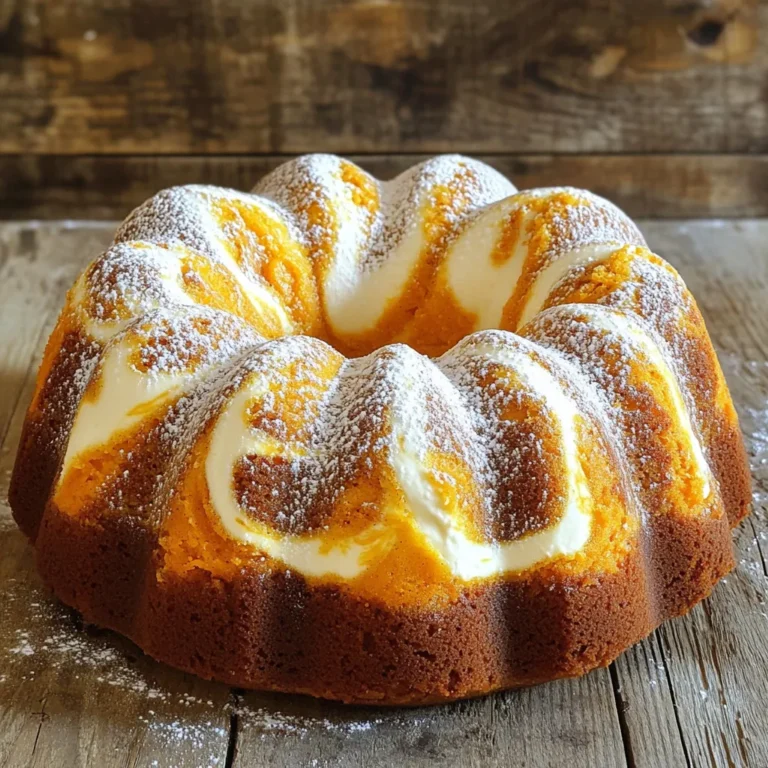 Für den Kürbis-Frischkäse-Swirl-Bundt-Kuchen benötigst du einige einfache Grundzutaten. Diese Zutaten sorgen für den tollen Geschmack und die perfekte Textur. Hier sind sie: - 2 Tassen Allzweckmehl - 1 ½ Tassen Kristallzucker - 1 Teelöffel Backpulver - 1 Teelöffel Natron - 1 Teelöffel gemahlener Zimt - ½ Teelöffel gemahlene Muskatnuss - ½ Teelöffel gemahlener Ingwer - ½ Teelöffel Salz - 1 Tasse Kürbispüree aus der Dose - ½ Tasse Pflanzenöl - 3 große Eier - 1 Teelöffel Vanilleextrakt Die Frischkäse-Swirl-Mischung gibt dem Kuchen eine schöne, cremige Schicht. Diese Mischung ist einfach zu machen und bringt viel Geschmack. Du brauchst: - 8 oz Frischkäse, weich - ¼ Tasse Puderzucker - 1 großes Ei - 1 Teelöffel Vanilleextrakt Wenn du Allergien hast oder spezielle Vorlieben, gibt es einige tolle Substitute. Hier sind einige Vorschläge: - Ersetze das Allzweckmehl durch glutenfreies Mehl, um den Kuchen glutenfrei zu machen. - Verwende Kokosöl anstelle von Pflanzenöl für einen anderen Geschmack. - Nutze Apfelmus anstelle von Eiern für eine vegane Option. - Anstelle von Zucker kann auch Honig oder ein Süßstoff verwendet werden. Diese Alternativen helfen dir, den Kuchen an deine Bedürfnisse anzupassen. Zuerst heizen Sie den Ofen auf 175°C vor. Nehmen Sie eine 10-Tassen-Bundt-Form. Fetten Sie die Form mit Butter ein und bestäuben Sie sie dann mit Mehl. Das hilft, den Kuchen später leicht herauszunehmen. Messen Sie die Zutaten genau ab. Sie brauchen 2 Tassen Mehl, 1 ½ Tassen Zucker und die anderen Zutaten. In einer großen Schüssel mischen Sie das Mehl, den Zucker, das Backpulver, das Natron, die Gewürze und das Salz. Rühren Sie alles gut um, bis es gleichmäßig ist. In einer separaten Schüssel kombinieren Sie 1 Tasse Kürbispüree, ½ Tasse Pflanzenöl, 3 große Eier und 1 Teelöffel Vanilleextrakt. Mischen Sie, bis alles gut vermischt ist. Fügen Sie dann die Kürbismischung langsam zu den trockenen Zutaten hinzu. Rühren Sie, bis alles gerade vermischt ist. Übermixen Sie nicht, das macht den Kuchen dicht. Nehmen Sie eine weitere Schüssel. Geben Sie 8 oz weichen Frischkäse, ¼ Tasse Puderzucker, 1 großes Ei und 1 Teelöffel Vanilleextrakt hinein. Schlagen Sie alles gut durch, bis die Mischung glatt und cremig ist. Diese Mischung sorgt für den leckeren Swirl im Kuchen. Gießen Sie die Hälfte des Kürbisteigs in die vorbereitete Bundt-Form. Klecksen Sie die Frischkäse-Mischung gleichmäßig darüber. Gießen Sie dann den restlichen Kürbisteig darauf. Nehmen Sie ein Messer und swirlen Sie die beiden Mischungen leicht. Das schafft einen tollen marmorierten Effekt. Backen Sie den Kuchen 50-60 Minuten. Überprüfen Sie mit einem Zahnstocher, ob er durch ist. Lassen Sie den Kuchen 10 Minuten in der Form abkühlen. Stürzen Sie ihn dann vorsichtig auf ein Kuchengitter, um vollständig zu kühlen. Wenn Sie den Teig für den Kürbis-Frischkäse-Swirl-Bundt-Kuchen machen, ist es wichtig, nicht zu übermixen. Übermixen macht den Kuchen trocken und zäh. Mischen Sie die trockenen Zutaten und die Kürbismischung nur, bis alles gerade so vermischt ist. Es dürfen kleine Klumpen bleiben. So bleibt der Kuchen schön saftig. Um sicherzustellen, dass Ihr Kuchen gleichmäßig backt, heizen Sie den Ofen rechtzeitig vor. Stellen Sie die Bundt-Form in die Mitte des Ofens, damit die Hitze gleichmäßig zirkuliert. Überprüfen Sie den Kuchen nach 50 Minuten mit einem Zahnstocher. Wenn er sauber herauskommt, ist der Kuchen fertig. Lassen Sie den Kuchen nach dem Backen kurz in der Form abkühlen. Danach stürzen Sie ihn auf ein Kuchengitter. Für ein schönes Finish können Sie den abgekühlten Kuchen mit Puderzucker bestäuben. Eine einfache Glasur aus Puderzucker und Milch gibt zusätzlichen Glanz. Servieren Sie die Stücke mit einem Klecks Schlagsahne. Das sieht nicht nur toll aus, sondern schmeckt auch lecker! Fügen Sie einige Kürbiskerne oder Zimtstangen als Deko hinzu. {{image_4}} Sie können das Rezept leicht anpassen. Fügen Sie verschiedene Gewürze hinzu. Eine Prise Nelken bringt einen warmen Geschmack. Walnüsse oder Pekannüsse sorgen für einen knusprigen Biss. Hacken Sie die Nüsse grob und mischen Sie sie in den Teig. So wird der Kuchen noch leckerer. Schokoladenstückchen sind immer eine gute Wahl. Die Kombination von Kürbis und Schokolade ist himmlisch. Sie können auch Karamell verwenden. Träufeln Sie etwas über die Frischkäse-Schicht. So erhält der Kuchen einen besonderen Kick. Experimentieren Sie mit verschiedenen Aromen und finden Sie Ihre Favoriten. Für eine glutenfreie Version nutzen Sie glutenfreies Mehl. Es gibt viele Marken, die gut funktionieren. Achten Sie darauf, dass das Mehl eine Mischung aus verschiedenen Stärken enthält. Das sorgt für eine gute Textur. Der Kuchen bleibt saftig und lecker, auch ohne Gluten. Um den Kürbis-Frischkäse-Swirl-Bundt-Kuchen frisch zu halten, ist die Lagerung wichtig. Lassen Sie den Kuchen nach dem Backen vollständig abkühlen. Wickeln Sie ihn dann in Frischhaltefolie oder legen Sie ihn in einen luftdichten Behälter. So bleibt er saftig und lecker. Im Kühlschrank hält sich der Kuchen etwa fünf Tage. Achten Sie darauf, ihn nicht zu lange offen stehen zu lassen. Wenn Sie den Kuchen wieder aufwärmen möchten, tun Sie dies vorsichtig. Heizen Sie Ihren Ofen auf 150°C vor. Legen Sie den Kuchen auf ein Backblech und decken Sie ihn locker mit Alufolie ab. So bleibt die Feuchtigkeit erhalten. Erwärmen Sie den Kuchen für etwa 10 bis 15 Minuten. Alternativ können Sie auch ein Stück im Mikrowellenherd erwärmen. Stellen Sie die Mikrowelle auf niedrig und erhitzen Sie es für 15 bis 20 Sekunden. Für eine längere Lagerung können Sie den Kuchen einfrieren. Schneiden Sie ihn in Stücke und wickeln Sie sie einzeln in Frischhaltefolie. Legen Sie die Stücke dann in einen Gefrierbeutel oder einen luftdichten Behälter. So bleibt der Kuchen bis zu drei Monate frisch. Zum Auftauen legen Sie die Stücke einfach in den Kühlschrank. Lassen Sie sie dort über Nacht auftauen, bevor Sie sie genießen. Der Kuchenteig hält bis zu drei Monate in der Kühltruhe. Um sicherzustellen, dass der Teig frisch bleibt, verpacken Sie ihn gut in Frischhaltefolie. Vergessen Sie nicht, das Datum darauf zu schreiben. So wissen Sie, wann Sie ihn eingefroren haben. Wenn Sie bereit sind zu backen, lassen Sie den Teig einfach über Nacht im Kühlschrank auftauen. Ja, Sie können das Rezept im Voraus zubereiten. Der Kuchenteig lässt sich gut vorbereiten. Mischen Sie alle Zutaten und füllen Sie den Teig in die Bundt-Form. Decken Sie die Form dann gut ab und stellen Sie sie in den Kühlschrank. Backen Sie den Kuchen, wenn Sie bereit sind. Er bleibt frisch und lecker. Der Kuchen geht nicht auf, wenn das Backpulver oder Natron alt ist. Diese Zutaten verlieren mit der Zeit ihre Wirkung. Überprüfen Sie auch, ob Sie genügend Luft in den Teig geschlagen haben. Zu langes Rühren kann auch die Luft entfernen. Verwenden Sie frische Zutaten für die besten Ergebnisse. Um den Frischkäse-Swirl zu optimieren, schlagen Sie die Mischung gut durch. Achten Sie darauf, dass der Frischkäse weich ist, damit er sich gut vermischt. Vermeiden Sie große Klumpen. Wenn Sie den Swirl in den Kuchen gießen, nutzen Sie ein Messer, um sanfte Bewegungen zu machen. So erhalten Sie einen schönen Marmoreffekt. Der Kürbiskuchen ist einfach zuzubereiten und schmeckt hervorragend. Wir haben die Grundzutaten, die Frischkäse-Swirl-Mischung und Alternativen für Allergien besprochen. Die Schritt-für-Schritt-Anleitung hilft dir, einen perfekten Kuchen zu backen. Außerdem gibt es viele Tipps für das Backen und die Dekoration. Du kannst das Rezept auch anpassen und variieren, um neue Aromen zu entdecken. Mit den Lagerungshinweisen bleibt dein Kuchen frisch und lecker. Denke daran, Spaß beim Backen zu haben und kreativ zu sein!