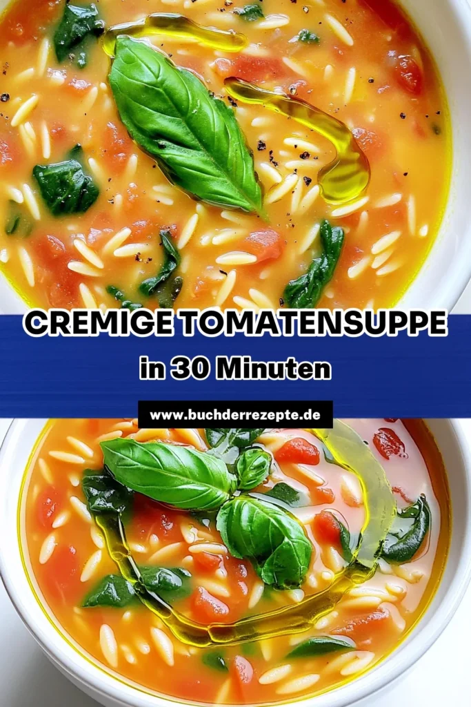 Entdecke die köstliche cremige Tomaten-Orzo-Suppe mit Spinat! Diese einfache und nährstoffreiche Suppe vereint frische Zutaten wie Tomaten, Spinat und Orzo-Pasta zu einem herzhaften Genuss. Ideal für ein schnelles Abendessen oder als Vorspeise. Lass dich von unserem Rezept inspirieren und koche noch heute! Klicke jetzt und genieße dieses gesunde Gericht! #TomatenSuppe #OrzoRezept #GesundeErnährung #SupiRezepte