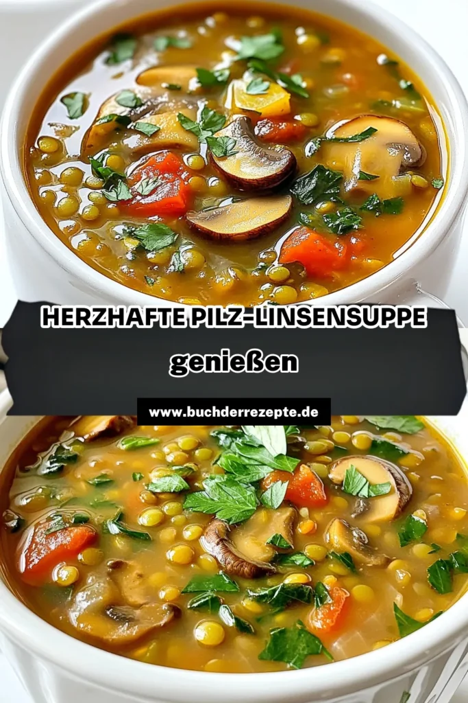 Entdecken Sie unser Rezept für eine herzhafte Pilz-Linsensuppe, die nicht nur köstlich ist, sondern auch einfach zubereitet werden kann! Mit zarten Linsen, aromatischen Pilzen und frischem Spinat wird diese Suppe zum perfekten Komfortessen. Erfahren Sie, wie Sie mit einfachen Zutaten eine wärmende Mahlzeit zaubern. Klicken Sie jetzt, um das vollständige Rezept und weitere köstliche Ideen zu entdecken! #PilzLinsensuppe #Rezeptideen #VegetarischKochen #EinfacheRezepte