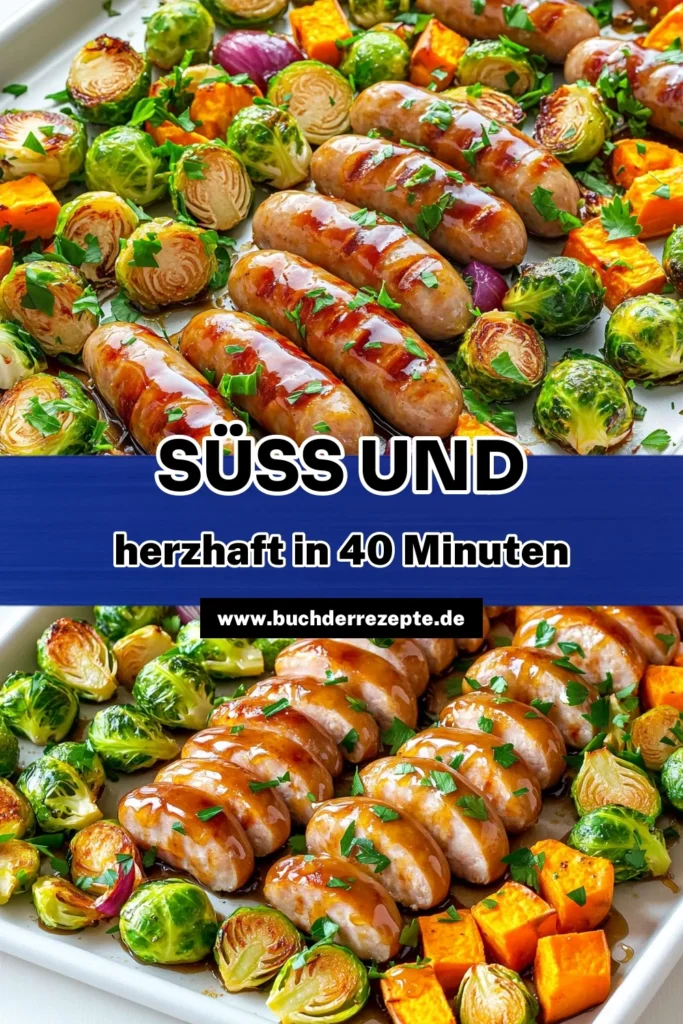 Entdecke das köstliche Rezept für Ahorn-glasiertes Hähnchenwürstchen auf dem Blech! Mit saftigem Hähnchen, zartem Rosenkohl und süßen Süßkartoffeln, verfeinert mit einer aromatischen Ahornsenfmarinade, wird dieses Gericht zum Highlight deiner Woche. In nur 40 Minuten zubereitet, ist es perfekt für ein schnelles Abendessen. Lass dich inspirieren und klicke auf den Link für die vollständigen Rezepte! #Hähnchenrezept #SchnelleGerichte #Herbstküche #GesundeErnährung
