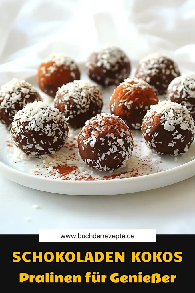 Entdecken Sie die köstliche Welt der dekadenten Schokoladen-Kokos-Pralinen! Diese einfach zuzubereitenden Pralinen sind der perfekte Genuss für Schokoladenliebhaber und bieten eine unwiderstehliche Kombination aus Zartbitterschokolade und Kokosraspeln. Mit einer Vorbereitungszeit von nur 15 Minuten sind sie ideal für jeden Anlass. Klicken Sie jetzt, um das vollständige Rezept zu erkunden und sich inspirieren zu lassen! #SchokoladenPralinen #Kokosrezepte #DessertIdeen #Nascherei