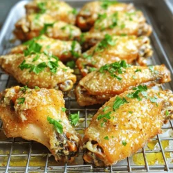 Für knusprige Knoblauch-Parmesan-Flügel brauchst du folgende Hauptzutaten: - 900 g Hühnerflügel - 1 Esslöffel Backpulver - 1 Teelöffel Salz - 1 Teelöffel schwarzer Pfeffer - 1 Teelöffel Knoblauchpulver - 1 Teelöffel Zwiebelpulver - 1 Teelöffel Paprika - 4 Zehen Knoblauch, fein gehackt - 125 g geriebener Parmesan - 2 Esslöffel Olivenöl - Frische Petersilie, gehackt (zum Garnieren) Diese Zutaten sind einfach zu finden. Frische Hühnerflügel sind der Schlüssel für besten Geschmack. Die Gewürze sind wichtig für den Geschmack. Backpulver hilft, die Haut knusprig zu machen. Salz und Pfeffer geben den Flügeln Würze. Knoblauchpulver und Zwiebelpulver bringen tiefen Geschmack. Paprika gibt eine schöne Farbe. Olivenöl sorgt für eine leckere Sauce. Qualität zählt! Wähle frische Hühnerflügel. Das macht einen großen Unterschied. Achte auf frischen Knoblauch. Geriebener Parmesan sollte frisch sein, nicht aus der Packung. Hochwertige Zutaten sind der Schlüssel zu einem tollen Gericht. Heize deinen Ofen auf 220°C (425°F) vor. Das ist wichtig, um die Flügel knusprig zu bekommen. Lege ein Backblech mit Aluminiumfolie aus. Platziere ein Kuchengitter darauf. Dieses Gitter sorgt dafür, dass die heiße Luft zirkulieren kann. In einer großen Schüssel vermische die folgenden Zutaten gut: - 1 Esslöffel Backpulver - 1 Teelöffel Salz - 1 Teelöffel schwarzer Pfeffer - 1 Teelöffel Knoblauchpulver - 1 Teelöffel Zwiebelpulver - 1 Teelöffel Paprika Diese Mischung gibt den Flügeln ihren tollen Geschmack. Tupfe die Hühnerflügel mit Papiertüchern trocken. So entfernst du überschüssige Feuchtigkeit. Dieser Schritt ist wichtig für die knusprige Haut. Gib die Flügel in die Schüssel mit der Gewürzmischung. Wende sie gut, bis sie gleichmäßig bedeckt sind. Lege die Flügel auf das Kuchengitter in einer einzelnen Schicht. Backe sie 35-40 Minuten lang. Wende sie nach der Hälfte der Zeit, damit sie gleichmäßig garen. In einem kleinen Topf erhitze 2 Esslöffel Olivenöl bei mittlerer Hitze. Füge 4 Zehen fein gehackten Knoblauch hinzu. Brate den Knoblauch 1-2 Minuten an, bis er duftet. Achte darauf, dass er nicht verbrennt. Sobald der Knoblauch goldbraun ist, nimm den Topf vom Herd. Rühre 125 g geriebenen Parmesan ein. Mische alles gut, bis es eine schöne Sauce ergibt. Wenn die Flügel fertig sind, transferiere sie vorsichtig in eine große Schüssel. Gieße die Knoblauch-Parmesan-Sauce über die Flügel. Wende sie sanft, bis sie vollständig bedeckt sind. Serviere die Flügel sofort. Garniere sie mit frischer, gehackter Petersilie. Um eine knusprige Haut zu bekommen, tupfe die Flügel trocken. Feuchtigkeit macht die Haut weich. Verwende Backpulver in der Gewürzmischung. Es hilft, die Haut schön knusprig zu machen. Achte darauf, dass die Flügel nicht übereinander liegen. Ein Kuchengitter sorgt dafür, dass die Luft zirkulieren kann. Heize deinen Ofen auf 220°C vor. Backe die Flügel für 35-40 Minuten. Wende sie nach der Hälfte der Zeit. So werden sie gleichmäßig goldbraun. Die hohe Temperatur hilft, die Haut knusprig zu machen. Achte darauf, die Flügel nicht zu lange zu backen, um sie saftig zu halten. Serviere die Flügel auf einem großen Teller. Garniere sie mit frischer, gehackter Petersilie. Das gibt Farbe und einen frischen Geschmack. Du kannst auch Zitronenscheiben dazu legen. Sie passen gut zu den würzigen Flügeln. Diese einfache Garnierung macht deinen Teller ansprechend und lecker. {{image_4}} Möchtest du einen Kick? Probiere die Flügel mit Chilisauce. Du kannst die Sauce einfach selbst machen. Mische deine Lieblings-Chilisauce mit etwas Honig. Das gibt einen tollen süß-scharfen Geschmack. Träufle die Mischung über die Flügel, bevor du sie backst. Die Flügel bekommen eine schöne rote Farbe und einen tollen Geschmack. Es gibt viele Saucen, die gut zu Flügeln passen. Du kannst BBQ-Sauce verwenden für ein rauchiges Aroma. Ein Dip aus Blauschimmelkäse ist auch eine tolle Wahl. Wenn du es frisch magst, probiere Joghurt mit Kräutern. Diese Kombination macht die Flügel noch leckerer und bringt Abwechslung in dein Essen. Flügel schmecken am besten mit leckeren Beilagen. Serviere sie mit knusprigen Pommes oder einem frischen Salat. Gemüse-Sticks mit einem Dip sind auch eine super Idee. Wenn du es herzhaft magst, sind Nachos mit Käse eine tolle Ergänzung. Diese Beilagen machen dein Gericht rundum perfekt und lecker. Wenn du Flügel übrig hast, lass sie abkühlen. Lege die Flügel dann in einen luftdichten Behälter. Du kannst sie auch in Alufolie wickeln. So bleiben sie frisch. Stelle den Behälter in den Kühlschrank. Um die Flügel wieder warm zu machen, benutze den Ofen. Heize ihn auf 180°C vor. Lege die Flügel auf ein Backblech. Backe sie für 10-15 Minuten. So bleiben sie knusprig und lecker. Du kannst auch eine Mikrowelle verwenden, aber sie werden nicht so knusprig. Im Kühlschrank sind die Flügel für 3-4 Tage gut. Wenn du sie länger aufbewahren möchtest, friere sie ein. In einem luftdichten Behälter oder einem Gefrierbeutel halten sie sich bis zu 3 Monate. Achte darauf, das Datum aufzuschreiben. Um Flügel knusprig zu machen, tupfe sie gut trocken. Feuchtigkeit macht die Haut weich. Verwende auch Backpulver. Es hilft, die Haut knuspriger zu machen. Backe die Flügel auf einem Kuchengitter. So zirkuliert die Luft besser und die Flügel werden gleichmäßig knusprig. Ja, du kannst auch andere Teile des Huhns nutzen. Hähnchenschenkel oder Brustfilet sind gute Alternativen. Achte darauf, die Garzeit anzupassen. Andere Teile benötigen oft weniger oder mehr Zeit zum Garen. Die besten Zutaten findest du auf lokalen Märkten. Achte auf frische Hühnerflügel. Bio-Produkte sind oft besser. Für Gewürze und Parmesan gehe zu einem Feinkostladen. Dort bekommst du die beste Qualität. Die Flügel brauchen etwa 35-40 Minuten im Ofen. Wende sie nach 20 Minuten für eine gleichmäßige Bräunung. Überprüfe die Innentemperatur. Sie sollte mindestens 75°C betragen, um sicher zu sein. Du hast gelernt, wie du knusprige Knoblauch-Parmesan-Flügel selbst zubereitest. Wir haben die besten Zutaten, die Schritt-für-Schritt-Anleitung und einige spannende Variationen behandelt. Denke daran, gute Qualität bei Zutaten zu wählen und die richtigen Temperaturen zu nutzen. Mit diesen Tipps und Tricks machst du deine Flügel zum Hit. Experimentiere mit Saucen und genieße sie mit passenden Beilagen. Bereite dich vor, deine Gäste zu beeindrucken und selbst die Reste lecker zu lagern. Viel Spaß beim Kochen!