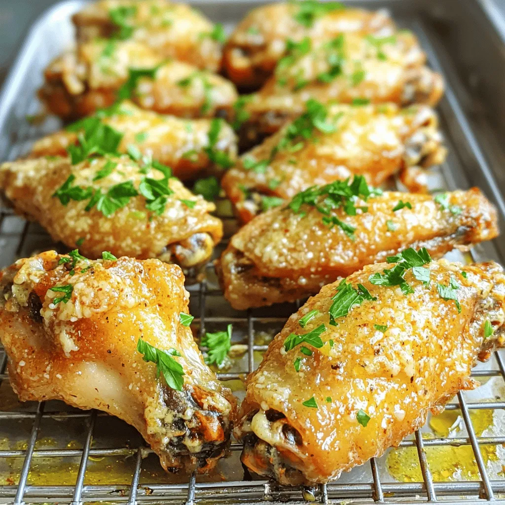 Für knusprige Knoblauch-Parmesan-Flügel brauchst du folgende Hauptzutaten: - 900 g Hühnerflügel - 1 Esslöffel Backpulver - 1 Teelöffel Salz - 1 Teelöffel schwarzer Pfeffer - 1 Teelöffel Knoblauchpulver - 1 Teelöffel Zwiebelpulver - 1 Teelöffel Paprika - 4 Zehen Knoblauch, fein gehackt - 125 g geriebener Parmesan - 2 Esslöffel Olivenöl - Frische Petersilie, gehackt (zum Garnieren) Diese Zutaten sind einfach zu finden. Frische Hühnerflügel sind der Schlüssel für besten Geschmack. Die Gewürze sind wichtig für den Geschmack. Backpulver hilft, die Haut knusprig zu machen. Salz und Pfeffer geben den Flügeln Würze. Knoblauchpulver und Zwiebelpulver bringen tiefen Geschmack. Paprika gibt eine schöne Farbe. Olivenöl sorgt für eine leckere Sauce. Qualität zählt! Wähle frische Hühnerflügel. Das macht einen großen Unterschied. Achte auf frischen Knoblauch. Geriebener Parmesan sollte frisch sein, nicht aus der Packung. Hochwertige Zutaten sind der Schlüssel zu einem tollen Gericht. Heize deinen Ofen auf 220°C (425°F) vor. Das ist wichtig, um die Flügel knusprig zu bekommen. Lege ein Backblech mit Aluminiumfolie aus. Platziere ein Kuchengitter darauf. Dieses Gitter sorgt dafür, dass die heiße Luft zirkulieren kann. In einer großen Schüssel vermische die folgenden Zutaten gut: - 1 Esslöffel Backpulver - 1 Teelöffel Salz - 1 Teelöffel schwarzer Pfeffer - 1 Teelöffel Knoblauchpulver - 1 Teelöffel Zwiebelpulver - 1 Teelöffel Paprika Diese Mischung gibt den Flügeln ihren tollen Geschmack. Tupfe die Hühnerflügel mit Papiertüchern trocken. So entfernst du überschüssige Feuchtigkeit. Dieser Schritt ist wichtig für die knusprige Haut. Gib die Flügel in die Schüssel mit der Gewürzmischung. Wende sie gut, bis sie gleichmäßig bedeckt sind. Lege die Flügel auf das Kuchengitter in einer einzelnen Schicht. Backe sie 35-40 Minuten lang. Wende sie nach der Hälfte der Zeit, damit sie gleichmäßig garen. In einem kleinen Topf erhitze 2 Esslöffel Olivenöl bei mittlerer Hitze. Füge 4 Zehen fein gehackten Knoblauch hinzu. Brate den Knoblauch 1-2 Minuten an, bis er duftet. Achte darauf, dass er nicht verbrennt. Sobald der Knoblauch goldbraun ist, nimm den Topf vom Herd. Rühre 125 g geriebenen Parmesan ein. Mische alles gut, bis es eine schöne Sauce ergibt. Wenn die Flügel fertig sind, transferiere sie vorsichtig in eine große Schüssel. Gieße die Knoblauch-Parmesan-Sauce über die Flügel. Wende sie sanft, bis sie vollständig bedeckt sind. Serviere die Flügel sofort. Garniere sie mit frischer, gehackter Petersilie. Um eine knusprige Haut zu bekommen, tupfe die Flügel trocken. Feuchtigkeit macht die Haut weich. Verwende Backpulver in der Gewürzmischung. Es hilft, die Haut schön knusprig zu machen. Achte darauf, dass die Flügel nicht übereinander liegen. Ein Kuchengitter sorgt dafür, dass die Luft zirkulieren kann. Heize deinen Ofen auf 220°C vor. Backe die Flügel für 35-40 Minuten. Wende sie nach der Hälfte der Zeit. So werden sie gleichmäßig goldbraun. Die hohe Temperatur hilft, die Haut knusprig zu machen. Achte darauf, die Flügel nicht zu lange zu backen, um sie saftig zu halten. Serviere die Flügel auf einem großen Teller. Garniere sie mit frischer, gehackter Petersilie. Das gibt Farbe und einen frischen Geschmack. Du kannst auch Zitronenscheiben dazu legen. Sie passen gut zu den würzigen Flügeln. Diese einfache Garnierung macht deinen Teller ansprechend und lecker. {{image_4}} Möchtest du einen Kick? Probiere die Flügel mit Chilisauce. Du kannst die Sauce einfach selbst machen. Mische deine Lieblings-Chilisauce mit etwas Honig. Das gibt einen tollen süß-scharfen Geschmack. Träufle die Mischung über die Flügel, bevor du sie backst. Die Flügel bekommen eine schöne rote Farbe und einen tollen Geschmack. Es gibt viele Saucen, die gut zu Flügeln passen. Du kannst BBQ-Sauce verwenden für ein rauchiges Aroma. Ein Dip aus Blauschimmelkäse ist auch eine tolle Wahl. Wenn du es frisch magst, probiere Joghurt mit Kräutern. Diese Kombination macht die Flügel noch leckerer und bringt Abwechslung in dein Essen. Flügel schmecken am besten mit leckeren Beilagen. Serviere sie mit knusprigen Pommes oder einem frischen Salat. Gemüse-Sticks mit einem Dip sind auch eine super Idee. Wenn du es herzhaft magst, sind Nachos mit Käse eine tolle Ergänzung. Diese Beilagen machen dein Gericht rundum perfekt und lecker. Wenn du Flügel übrig hast, lass sie abkühlen. Lege die Flügel dann in einen luftdichten Behälter. Du kannst sie auch in Alufolie wickeln. So bleiben sie frisch. Stelle den Behälter in den Kühlschrank. Um die Flügel wieder warm zu machen, benutze den Ofen. Heize ihn auf 180°C vor. Lege die Flügel auf ein Backblech. Backe sie für 10-15 Minuten. So bleiben sie knusprig und lecker. Du kannst auch eine Mikrowelle verwenden, aber sie werden nicht so knusprig. Im Kühlschrank sind die Flügel für 3-4 Tage gut. Wenn du sie länger aufbewahren möchtest, friere sie ein. In einem luftdichten Behälter oder einem Gefrierbeutel halten sie sich bis zu 3 Monate. Achte darauf, das Datum aufzuschreiben. Um Flügel knusprig zu machen, tupfe sie gut trocken. Feuchtigkeit macht die Haut weich. Verwende auch Backpulver. Es hilft, die Haut knuspriger zu machen. Backe die Flügel auf einem Kuchengitter. So zirkuliert die Luft besser und die Flügel werden gleichmäßig knusprig. Ja, du kannst auch andere Teile des Huhns nutzen. Hähnchenschenkel oder Brustfilet sind gute Alternativen. Achte darauf, die Garzeit anzupassen. Andere Teile benötigen oft weniger oder mehr Zeit zum Garen. Die besten Zutaten findest du auf lokalen Märkten. Achte auf frische Hühnerflügel. Bio-Produkte sind oft besser. Für Gewürze und Parmesan gehe zu einem Feinkostladen. Dort bekommst du die beste Qualität. Die Flügel brauchen etwa 35-40 Minuten im Ofen. Wende sie nach 20 Minuten für eine gleichmäßige Bräunung. Überprüfe die Innentemperatur. Sie sollte mindestens 75°C betragen, um sicher zu sein. Du hast gelernt, wie du knusprige Knoblauch-Parmesan-Flügel selbst zubereitest. Wir haben die besten Zutaten, die Schritt-für-Schritt-Anleitung und einige spannende Variationen behandelt. Denke daran, gute Qualität bei Zutaten zu wählen und die richtigen Temperaturen zu nutzen. Mit diesen Tipps und Tricks machst du deine Flügel zum Hit. Experimentiere mit Saucen und genieße sie mit passenden Beilagen. Bereite dich vor, deine Gäste zu beeindrucken und selbst die Reste lecker zu lagern. Viel Spaß beim Kochen!