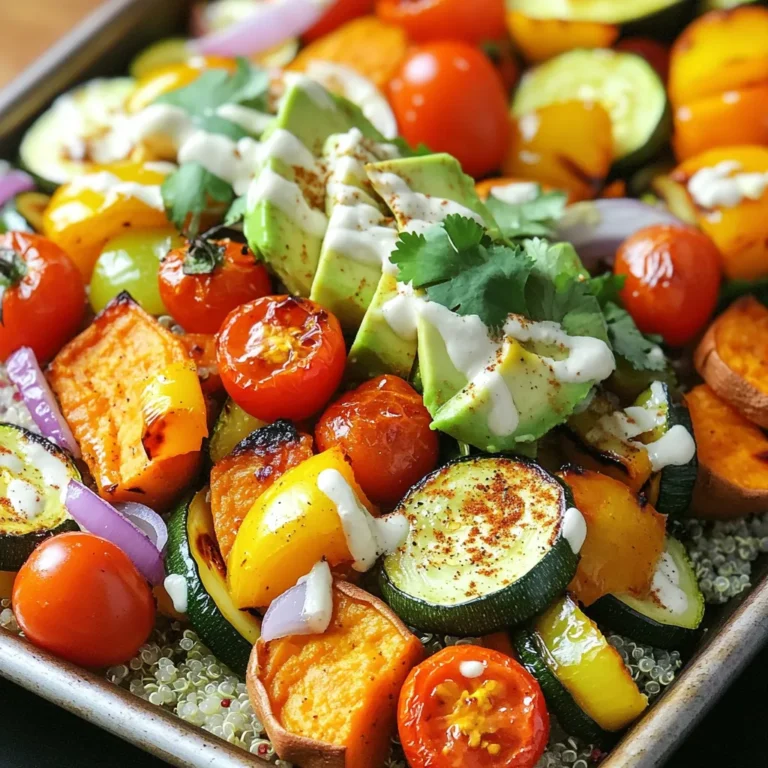 Um köstliche Sheet-Pan Roasted Veggie Buddha Bowls zuzubereiten, brauchen Sie diese Hauptzutaten: - 1 Süßkartoffel, geschält und gewürfelt - 1 Zucchini, in Scheiben geschnitten - 1 Paprika (nach Wahl), gewürfelt - 1 Tasse Kirschtomaten, halbiert - 1 rote Zwiebel, gehackt - 1 Tasse gekochte Quinoa - 1 Avocado, in Scheiben geschnitten Diese Zutaten bringen Farben und Nährstoffe auf den Tisch. Die Süßkartoffel bietet Süße, während die Zucchini und Paprika Frische hinzufügen. Kirschtomaten sorgen für saftige Bissen. Für das Aroma dieser Buddha Bowls sind folgende Gewürze und Öle wichtig: - 2 Esslöffel Olivenöl - 1 Teelöffel geräucherter Paprika - 1 Teelöffel Knoblauchpulver - Salz und Pfeffer nach Geschmack Das Olivenöl hilft, das Gemüse gleichmäßig zu rösten. Geräucherter Paprika verleiht eine schöne Tiefe. Knoblauchpulver bringt den nötigen Kick. Um die Buddha Bowls zu verfeinern, können Sie folgende Toppings hinzufügen: - Frischer Koriander, zur Garnierung - Tahini-Dressing (aus dem Laden oder selbstgemacht) Koriander bringt Frische und Farbe. Das Tahini-Dressing fügt Cremigkeit hinzu und rundet den Geschmack ab. Diese Extras machen Ihre Buddha Bowls zu einem echten Genuss! Heize den Ofen auf 220°C vor. Lege ein großes Backblech mit Backpapier aus. Dies hilft bei der Reinigung. Jetzt bereite das Gemüse vor. Schäle die Süßkartoffel und schneide sie in kleine Würfel. Nimm die Zucchini und schneide sie in Scheiben. Würfle die Paprika nach Wahl. Halbiere die Kirschtomaten und hacke die rote Zwiebel. Alle diese Zutaten ergeben eine bunte Mischung. Gib das gesamte Gemüse in eine große Schüssel. Träufle das Olivenöl über die Mischung. Füge den geräucherten Paprika, Knoblauchpulver, Salz und Pfeffer hinzu. Mische alles gut, bis das Gemüse gleichmäßig bedeckt ist. Dies bringt den Geschmack zur Geltung. Verteile dann das gewürzte Gemüse gleichmäßig auf dem Backblech. Achte darauf, dass es nicht übereinanderliegt. Röste das Gemüse im Ofen für 25-30 Minuten. Rühre es zur Hälfte der Garzeit um. So wird es gleichmäßig gar. Während das Gemüse röstet, bereite die Quinoa zu. Koche sie nach den Anweisungen auf der Verpackung. Wenn das Gemüse fertig ist, nimm es aus dem Ofen und lass es abkühlen. Jetzt bist du bereit, die Buddha-Bowls zusammenzustellen. Um das beste Ergebnis zu erzielen, röste dein Gemüse bei 220°C. Diese Temperatur sorgt für eine schöne Karamellisierung. Röste das Gemüse für 25-30 Minuten. Rühre es nach 15 Minuten um. So wird alles gleichmäßig gar. Du kannst viele verschiedene Gemüse verwenden. Probiere Brokkoli, Karotten oder Kürbis. Das gibt neuen Geschmack. Auch die Quinoa kann variieren. Verwende roten oder schwarzen Quinoa für mehr Farbe. Diese Varianten machen dein Gericht spannend und lecker. Beginne mit einer Schicht Quinoa in der Schüssel. Füge dann das geröstete Gemüse hinzu. Lege die Avocadoscheiben darauf. Ein gutes Tahini-Dressing gibt den letzten Schliff. Garniere mit frischem Koriander. So sieht deine Buddha-Bowl toll aus und schmeckt köstlich. {{image_4}} Wenn du eine vegane oder glutenfreie Option suchst, ist dieses Rezept perfekt. Die Basis aus Quinoa ist von Natur aus glutenfrei und voller Nährstoffe. Du kannst auch andere Getreidearten wie Buchweizen oder Hirse verwenden. Für eine vegane Note lasse das Tahini-Dressing einfach weg oder wähle ein pflanzliches Dressing. Um deine Buddha-Bowls noch nahrhafter zu machen, füge Hülsenfrüchte hinzu. Kichererbsen, Linsen oder schwarze Bohnen passen gut zu diesem Gericht. Diese Proteine geben dir Energie und machen die Schüssel sättigender. Du kannst sie einfach zusammen mit dem Gemüse rösten oder separat zubereiten. Nutze saisonale Zutaten für frische Aromen. Im Frühling sind Spargel und Erbsen lecker. Im Sommer kannst du Auberginen oder Zucchini verwenden. Im Herbst sind Kürbis und Rosenkohl großartig. Diese Anpassungen halten das Rezept spannend und passen sich den Jahreszeiten an. Experimentiere mit verschiedenen Gemüsesorten und finde deine Lieblingskombinationen! Ich empfehle, die Buddha-Bowls nach dem Kochen abzukühlen. Sie können sie dann in einem luftdichten Behälter aufbewahren. Im Kühlschrank bleiben die Bowls bis zu fünf Tage frisch. Achten Sie darauf, dass das Gemüse gut abgedeckt ist. Dadurch bleibt es knackig und schmackhaft. Falls Sie mehr Portionen zubereiten, können Sie einige einfrieren. Lassen Sie die Bowls vollständig abkühlen, bevor Sie sie in gefriergeeignete Behälter füllen. So bleiben die Aromen und die Textur besser erhalten. Im Gefrierfach sind sie bis zu drei Monate haltbar. Denken Sie daran, das Tahini-Dressing separat zu lagern. Um die Buddha-Bowls wieder aufzuwärmen, verwenden Sie einen Ofen oder eine Mikrowelle. Im Ofen bei 180°C (350°F) dauert es etwa 15 Minuten. In der Mikrowelle reichen 2-3 Minuten aus. Fügen Sie frische Avocado und das Dressing erst nach dem Erwärmen hinzu. So bleibt alles frisch und lecker. Du kannst das Rezept einfach anpassen. Ändere die Menge der Gewürze nach deinem Geschmack. Füge mehr oder weniger Olivenöl hinzu. Du kannst sogar das Tahini-Dressing variieren. Ersetze es durch ein anderes Dressing, das dir gefällt. Wenn du gerne scharfe Speisen magst, füge etwas Chili hinzu. Ein Spritzer Zitrone kann auch den Geschmack verbessern. Ja, du kannst viele verschiedene Gemüsesorten verwenden. Brokkoli, Karotten oder Blumenkohl passen gut. Auch Kürbis oder Auberginen sind tolle Optionen. Die Hauptsache ist, dass du das Gemüse gleichmäßig schneidest. So röstet alles gleichmäßig. Experimentiere mit dem, was du magst oder was gerade Saison hat. Für Buddha-Bowls sind einige Beilagen sehr beliebt. Du kannst einen frischen Salat hinzufügen. Auch Joghurt oder Hummus passen gut. Nüsse oder Samen sorgen für einen knusprigen Biss. Wenn du mehr Protein willst, sind Kichererbsen oder schwarze Bohnen eine gute Wahl. Denke daran, dass die Beilagen den Geschmack deiner Schüssel verbessern können. In diesem Blogbeitrag haben wir die Zutaten, die Zubereitung und die Tipps für Buddha-Bowls behandelt. Du hast gelernt, wie du Gemüse vorbereitest und ideal röstest. Wir haben auch über Variationen und passende Beilagen gesprochen. Denke daran, dass du kreativ sein kannst. Nutze verschiedene Gemüsesorten und persönliche Vorlieben. So machst du jede Bowl einzigartig. Viel Spaß beim Ausprobieren!