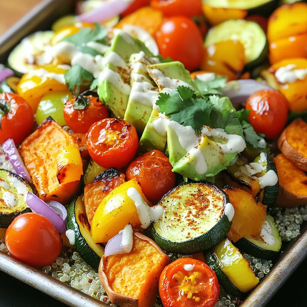 Um köstliche Sheet-Pan Roasted Veggie Buddha Bowls zuzubereiten, brauchen Sie diese Hauptzutaten: - 1 Süßkartoffel, geschält und gewürfelt - 1 Zucchini, in Scheiben geschnitten - 1 Paprika (nach Wahl), gewürfelt - 1 Tasse Kirschtomaten, halbiert - 1 rote Zwiebel, gehackt - 1 Tasse gekochte Quinoa - 1 Avocado, in Scheiben geschnitten Diese Zutaten bringen Farben und Nährstoffe auf den Tisch. Die Süßkartoffel bietet Süße, während die Zucchini und Paprika Frische hinzufügen. Kirschtomaten sorgen für saftige Bissen. Für das Aroma dieser Buddha Bowls sind folgende Gewürze und Öle wichtig: - 2 Esslöffel Olivenöl - 1 Teelöffel geräucherter Paprika - 1 Teelöffel Knoblauchpulver - Salz und Pfeffer nach Geschmack Das Olivenöl hilft, das Gemüse gleichmäßig zu rösten. Geräucherter Paprika verleiht eine schöne Tiefe. Knoblauchpulver bringt den nötigen Kick. Um die Buddha Bowls zu verfeinern, können Sie folgende Toppings hinzufügen: - Frischer Koriander, zur Garnierung - Tahini-Dressing (aus dem Laden oder selbstgemacht) Koriander bringt Frische und Farbe. Das Tahini-Dressing fügt Cremigkeit hinzu und rundet den Geschmack ab. Diese Extras machen Ihre Buddha Bowls zu einem echten Genuss! Heize den Ofen auf 220°C vor. Lege ein großes Backblech mit Backpapier aus. Dies hilft bei der Reinigung. Jetzt bereite das Gemüse vor. Schäle die Süßkartoffel und schneide sie in kleine Würfel. Nimm die Zucchini und schneide sie in Scheiben. Würfle die Paprika nach Wahl. Halbiere die Kirschtomaten und hacke die rote Zwiebel. Alle diese Zutaten ergeben eine bunte Mischung. Gib das gesamte Gemüse in eine große Schüssel. Träufle das Olivenöl über die Mischung. Füge den geräucherten Paprika, Knoblauchpulver, Salz und Pfeffer hinzu. Mische alles gut, bis das Gemüse gleichmäßig bedeckt ist. Dies bringt den Geschmack zur Geltung. Verteile dann das gewürzte Gemüse gleichmäßig auf dem Backblech. Achte darauf, dass es nicht übereinanderliegt. Röste das Gemüse im Ofen für 25-30 Minuten. Rühre es zur Hälfte der Garzeit um. So wird es gleichmäßig gar. Während das Gemüse röstet, bereite die Quinoa zu. Koche sie nach den Anweisungen auf der Verpackung. Wenn das Gemüse fertig ist, nimm es aus dem Ofen und lass es abkühlen. Jetzt bist du bereit, die Buddha-Bowls zusammenzustellen. Um das beste Ergebnis zu erzielen, röste dein Gemüse bei 220°C. Diese Temperatur sorgt für eine schöne Karamellisierung. Röste das Gemüse für 25-30 Minuten. Rühre es nach 15 Minuten um. So wird alles gleichmäßig gar. Du kannst viele verschiedene Gemüse verwenden. Probiere Brokkoli, Karotten oder Kürbis. Das gibt neuen Geschmack. Auch die Quinoa kann variieren. Verwende roten oder schwarzen Quinoa für mehr Farbe. Diese Varianten machen dein Gericht spannend und lecker. Beginne mit einer Schicht Quinoa in der Schüssel. Füge dann das geröstete Gemüse hinzu. Lege die Avocadoscheiben darauf. Ein gutes Tahini-Dressing gibt den letzten Schliff. Garniere mit frischem Koriander. So sieht deine Buddha-Bowl toll aus und schmeckt köstlich. {{image_4}} Wenn du eine vegane oder glutenfreie Option suchst, ist dieses Rezept perfekt. Die Basis aus Quinoa ist von Natur aus glutenfrei und voller Nährstoffe. Du kannst auch andere Getreidearten wie Buchweizen oder Hirse verwenden. Für eine vegane Note lasse das Tahini-Dressing einfach weg oder wähle ein pflanzliches Dressing. Um deine Buddha-Bowls noch nahrhafter zu machen, füge Hülsenfrüchte hinzu. Kichererbsen, Linsen oder schwarze Bohnen passen gut zu diesem Gericht. Diese Proteine geben dir Energie und machen die Schüssel sättigender. Du kannst sie einfach zusammen mit dem Gemüse rösten oder separat zubereiten. Nutze saisonale Zutaten für frische Aromen. Im Frühling sind Spargel und Erbsen lecker. Im Sommer kannst du Auberginen oder Zucchini verwenden. Im Herbst sind Kürbis und Rosenkohl großartig. Diese Anpassungen halten das Rezept spannend und passen sich den Jahreszeiten an. Experimentiere mit verschiedenen Gemüsesorten und finde deine Lieblingskombinationen! Ich empfehle, die Buddha-Bowls nach dem Kochen abzukühlen. Sie können sie dann in einem luftdichten Behälter aufbewahren. Im Kühlschrank bleiben die Bowls bis zu fünf Tage frisch. Achten Sie darauf, dass das Gemüse gut abgedeckt ist. Dadurch bleibt es knackig und schmackhaft. Falls Sie mehr Portionen zubereiten, können Sie einige einfrieren. Lassen Sie die Bowls vollständig abkühlen, bevor Sie sie in gefriergeeignete Behälter füllen. So bleiben die Aromen und die Textur besser erhalten. Im Gefrierfach sind sie bis zu drei Monate haltbar. Denken Sie daran, das Tahini-Dressing separat zu lagern. Um die Buddha-Bowls wieder aufzuwärmen, verwenden Sie einen Ofen oder eine Mikrowelle. Im Ofen bei 180°C (350°F) dauert es etwa 15 Minuten. In der Mikrowelle reichen 2-3 Minuten aus. Fügen Sie frische Avocado und das Dressing erst nach dem Erwärmen hinzu. So bleibt alles frisch und lecker. Du kannst das Rezept einfach anpassen. Ändere die Menge der Gewürze nach deinem Geschmack. Füge mehr oder weniger Olivenöl hinzu. Du kannst sogar das Tahini-Dressing variieren. Ersetze es durch ein anderes Dressing, das dir gefällt. Wenn du gerne scharfe Speisen magst, füge etwas Chili hinzu. Ein Spritzer Zitrone kann auch den Geschmack verbessern. Ja, du kannst viele verschiedene Gemüsesorten verwenden. Brokkoli, Karotten oder Blumenkohl passen gut. Auch Kürbis oder Auberginen sind tolle Optionen. Die Hauptsache ist, dass du das Gemüse gleichmäßig schneidest. So röstet alles gleichmäßig. Experimentiere mit dem, was du magst oder was gerade Saison hat. Für Buddha-Bowls sind einige Beilagen sehr beliebt. Du kannst einen frischen Salat hinzufügen. Auch Joghurt oder Hummus passen gut. Nüsse oder Samen sorgen für einen knusprigen Biss. Wenn du mehr Protein willst, sind Kichererbsen oder schwarze Bohnen eine gute Wahl. Denke daran, dass die Beilagen den Geschmack deiner Schüssel verbessern können. In diesem Blogbeitrag haben wir die Zutaten, die Zubereitung und die Tipps für Buddha-Bowls behandelt. Du hast gelernt, wie du Gemüse vorbereitest und ideal röstest. Wir haben auch über Variationen und passende Beilagen gesprochen. Denke daran, dass du kreativ sein kannst. Nutze verschiedene Gemüsesorten und persönliche Vorlieben. So machst du jede Bowl einzigartig. Viel Spaß beim Ausprobieren!