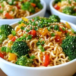 Um deine Sweet Chili Garlic Ramen Bowls zuzubereiten, brauchst du: - 4 Packungen Instant-Ramen-Nudeln (Würzmischungen wegwerfen) - 1 Esslöffel Sesamöl - 1 Esslöffel frischer Ingwer, fein gehackt - 4 Knoblauchzehen, fein gehackt - 2 Esslöffel süße Chilisauce - 2 Tassen Gemüsebrühe - 1 Tasse Brokkoli-Röschen - 1 Tasse in Scheiben geschnittene Paprika (rot und gelb) - 1 Tasse geraspelte Karotten - 1 Esslöffel Sojasauce - 1 Teelöffel Limettensaft - 2 Frühlingszwiebeln, gehackt (zum Garnieren) - Sesamsamen (zum Garnieren) Frische Zutaten machen einen großen Unterschied. Achte auf: - Gemüse: Wähle leuchtende Farben und knackige Texturen. - Knoblauch: Suche feste Knollen ohne Flecken oder Schimmel. - Ingwer: Der Ingwer sollte fest und schwer sein, mit glatter Haut. - Frühlingszwiebeln: Sie sollten grün und knackig sein, ohne braune Stellen. Du kannst Zutaten leicht anpassen: - Ramen-Nudeln: Verwende auch andere Nudelsorten wie Udon oder Soba. - Gemüse: Nimm das Gemüse, das du magst. Zucchini oder Erbsen sind toll. - Süße Chilisauce: Mische etwas Honig mit Sambal Oelek für einen ähnlichen Geschmack. - Sojasauce: Verwende Tamari für eine glutenfreie Option. Mit diesen Zutaten und Tipps bereitest du leckere Ramen zu! Zuerst kochen Sie die Ramen-Nudeln. Folgen Sie den Anweisungen auf der Verpackung. Ich empfehle, die Nudeln kurz vor der vollständigen Garzeit abzuseihen. So bleiben sie al dente. Lassen Sie sie dann beiseite. Erhitzen Sie das Sesamöl in einem großen Topf. Stellen Sie die Hitze auf mittel. Fügen Sie den gehackten Ingwer hinzu. Nach einer Minute geben Sie den Knoblauch dazu. Rühren Sie gut um, bis es duftet. Dies gibt den Ramen einen tollen Geschmack. Gießen Sie die Gemüsebrühe in den Topf. Lassen Sie sie zum Köcheln bringen. Jetzt kommt das Gemüse dazu: Brokkoli, Paprika und Karotten. Kochen Sie alles für 3 bis 4 Minuten. Es sollte zart, aber bissfest sein. Fügen Sie nun die Ramen-Nudeln, die süße Chilisauce, Sojasauce und Limettensaft hinzu. Mischen Sie alles vorsichtig. Lassen Sie es für 1 bis 2 Minuten weiterkochen. Schmecken Sie die Ramen ab und passen Sie die Gewürze nach Ihrem Geschmack an. Servieren Sie die Ramen heiß. Garnieren Sie mit Frühlingszwiebeln und Sesamsamen. Um perfekte Ramen zu machen, achte darauf, die Nudeln nicht zu lange zu kochen. Sie sollten al dente bleiben. Wenn du sie zu weich kochst, werden sie matschig. Halte dich an die Anweisungen auf der Verpackung, aber nimm sie 1-2 Minuten früher vom Herd. So garen sie im Topf weiter und bleiben bissfest. Die süße Chilisauce gibt den Ramen viel Geschmack. Du kannst die Menge nach deinem eigenen Geschmack anpassen. Wenn du es schärfer magst, füge mehr hinzu. Sojasauce bringt eine salzige Note. Ein Spritzer Limettensaft bringt Frische. Probiere die Mischung und passe sie an. Jeder hat einen anderen Geschmack, also scheue dich nicht, kreativ zu sein! Die Präsentation macht viel aus! Verwende tiefe, weiße Schalen, um die bunten Zutaten zu zeigen. Nach dem Servieren kannst du die Ramen mit Frühlingszwiebeln und Sesamsamen garnieren. Das gibt nicht nur Farbe, sondern auch Textur. Ein schöner Anblick regt den Appetit an und macht das Essen noch mehr Freude. {{image_4}} Um Sweet Chili Garlic Ramen Bowls vegan oder vegetarisch zu machen, können Sie einige einfache Änderungen vornehmen. Statt Gemüsebrühe, verwenden Sie eine pflanzliche Brühe. Für den zusätzlichen Geschmack können Sie auch hausgemachte Brühe verwenden. Fügen Sie mehr Gemüse hinzu, wie Zucchini oder Spinat, um das Gericht zu bereichern. Sojasauce ist oft vegan, aber prüfen Sie das Etikett, um sicherzugehen. Wenn Sie mehr Protein hinzufügen möchten, sind Tofu und Hähnchen großartige Optionen. Tofu lässt sich leicht marinieren und anbraten. Schneiden Sie es in Würfel und braten Sie es in der Pfanne, bis es goldbraun ist. Für Hähnchen, verwenden Sie vorgekochtes, gewürztes Hähnchen. Fügen Sie es einfach beim Mischen der Ramen hinzu. So erhalten Sie eine herzhaftere Mahlzeit, die sättigender ist. Die Auswahl des Gemüses kann das Gericht stark verändern. Sie können Brokkoli, Paprika und Karotten ersetzen oder ergänzen. Probieren Sie Erbsen, Champignons oder Bohnen aus. Verwenden Sie grünen Spargel für einen frischen, knackigen Biss. Je bunter Ihr Gemüse ist, desto schöner wird Ihr Gericht. Spielen Sie mit der Textur, indem Sie sowohl weiches als auch knackiges Gemüse verwenden. Um die Ramen-Schalen richtig zu lagern, lassen Sie sie zuerst abkühlen. Füllen Sie die Ramen in einen luftdichten Behälter. Stellen Sie sicher, dass das Gemüse gleichmäßig verteilt ist. Lagern Sie die Schalen im Kühlschrank. So bleiben sie frisch und lecker für bis zu drei Tage. Wenn Sie Ramen aufwärmen, geben Sie sie in einen Topf. Fügen Sie ein wenig Wasser oder Brühe hinzu. So bleiben die Nudeln nicht trocken. Erhitzen Sie alles bei mittlerer Hitze. Rühren Sie regelmäßig um, bis alles heiß ist. Sie können auch die Mikrowelle verwenden. Stellen Sie die Schüssel abgedeckt für 2-3 Minuten ein. Einige Zutaten halten länger als andere. Die Ramen-Nudeln sind trocken und können lange lagern. Frisches Gemüse wie Brokkoli und Paprika sollten innerhalb von 3-5 Tagen verwendet werden. Sojasauce und süße Chilisauce sind lange haltbar. Lagern Sie diese in der Speisekammer oder im Kühlschrank. Die Vorbereitungen für die Ramen-Schalen dauern etwa 10 Minuten. In dieser Zeit kannst du alle Zutaten schneiden und bereitstellen. Während die Nudeln kochen, kannst du das Gemüse anbraten. So sparst du Zeit und alles ist frisch. Ja, du kannst die Ramen-Nudeln im Voraus kochen. Koche sie jedoch nur bis sie fast gar sind. Sie garen später im Gemüse und der Brühe weiter. So bleiben die Nudeln bissfest und lecker. Die Ramen-Schalen passen gut zu verschiedenen Beilagen. Hier sind einige Ideen: - Frische Frühlingsrollen - Gedämpfte Dumplings - Ein leichter Salat mit Sesamdressing - Gegrillte Garnelen oder Tofu Diese Beilagen ergänzen die Aromen der Ramen und bringen Abwechslung auf den Tisch. In diesem Artikel haben wir die wichtigen Zutaten für leckere Ramen besprochen. Du weißt jetzt, wie du frische Zutaten auswählst und Alternativen findest. Wir haben die Schritt-für-Schritt-Anleitung für die Zubereitung zusammengefasst. Tipps helfen dir, Fehler zu vermeiden und die perfekte Präsentation zu erreichen. Denk daran, du kannst die Ramen nach deinem Geschmack anpassen. Mit der richtigen Lagerung bleiben sie frisch. Probiere neue Variationen aus. So machst du jede Schüssel einzigartig und lecker!