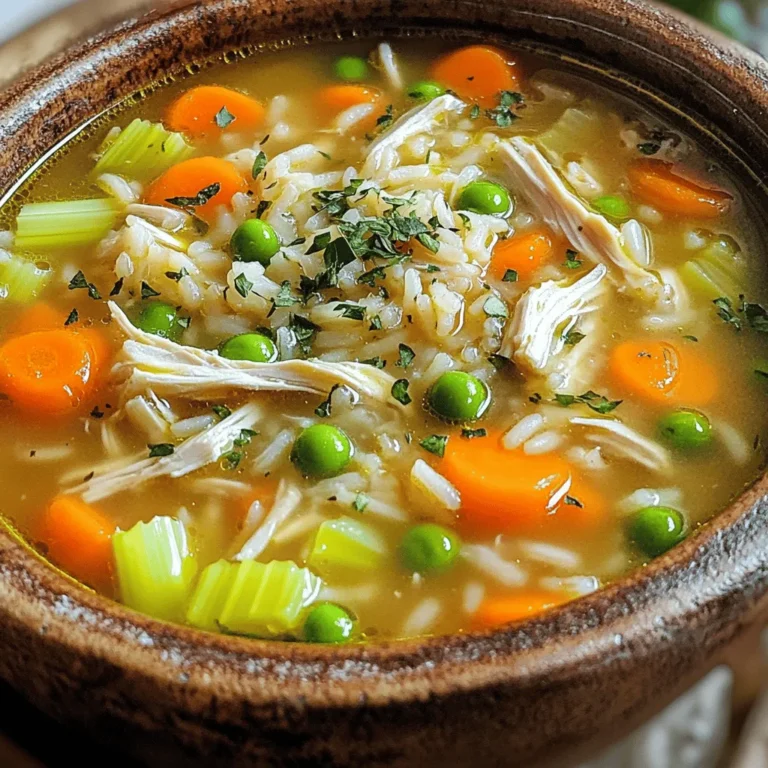 - 1 Esslöffel Olivenöl - 6 Tassen Hühnerbrühe - 1 Tasse gekochtes, zerkleinertes Hühnchen Die Hauptzutaten sind einfach zu finden. Olivenöl bringt einen tollen Geschmack. Hühnerbrühe gibt der Suppe ein reiches Aroma. Zerkleinertes Hühnchen sorgt für eine sättigende Basis. - 1 mittelgroße Zwiebel, gewürfelt - 2 Knoblauchzehen, gehackt - 2 Karotten, gewürfelt - 2 Selleriestangen, gewürfelt - 1 Teelöffel getrockneter Thymian - 1 Teelöffel getrocknete Petersilie - ½ Teelöffel schwarzer Pfeffer Gemüse bringt Frische und Farbe. Zwiebeln und Knoblauch geben ein tolles Aroma. Karotten und Sellerie fügen etwas Süße hinzu. Gewürze wie Thymian und Petersilie runden den Geschmack ab. Pfeffer bringt eine leichte Schärfe. - 1 Tasse brauner Reis, abgespült - 1 Tasse gefrorene Erbsen - Frische Petersilie, gehackt (zum Garnieren) Brauner Reis macht die Suppe sättigender. Erbsen bringen eine süße Note und schöne Farbe. Frische Petersilie ist die perfekte Garnierung. Sie gibt der Suppe einen frischen Geschmack und sieht toll aus. Erhitze zuerst das Öl in einem großen Topf. Ich empfehle, die Hitze auf mittlere Stufe zu stellen. Füge dann die gewürfelte Zwiebel, den gehackten Knoblauch, die Karotten und den Sellerie hinzu. Brate das Gemüse etwa fünf Minuten lang an. Du willst, dass es weich wird, aber nicht braun. Jetzt kommen die Gewürze ins Spiel. Rühre den getrockneten Thymian, die getrocknete Petersilie und den schwarzen Pfeffer unter das Gemüse. Ein wenig Salz macht die Aromen noch besser. Lass alles für eine weitere Minute kochen. So setzt du die Aromen frei und machst die Basis der Suppe schmackhaft. Gieße jetzt die Hühnerbrühe in den Topf. Bringe sie zum Kochen. Das wird eine tolle Grundlage für die Suppe. Wenn die Brühe kocht, füge das zerkleinerte Hühnchen und den abgespülten braunen Reis hinzu. Rühre alles gut um. Reduziere die Hitze und decke den Topf ab. Lass die Suppe 45 Minuten köcheln. Der Reis wird dann gar. Nach der Kochzeit rühre die gefrorenen Erbsen und den Zitronensaft ein. Erwärme alles für etwa fünf Minuten. Probier die Suppe und würze sie nach deinem Geschmack. Serviere sie heiß und garniere sie mit frischer, gehackter Petersilie. So wird deine One-Pot Chicken Rice Soup einfach köstlich! Um die beste Konsistenz für deine Suppe zu bekommen, spüle den Reis gründlich ab. Das entfernt überschüssige Stärke. So wird der Reis locker und nicht klebrig. Achte auch auf die Kochzeit. Lass die Suppe mindestens 45 Minuten köcheln. So wird der Reis schön weich. Frische Kräuter machen einen großen Unterschied im Geschmack. Verwende frische Petersilie oder Thymian, wenn möglich. Sie bringen mehr Aroma in die Suppe. Du kannst auch andere Gewürze wie Paprika oder Kreuzkümmel hinzufügen. Diese sorgen für eine spannende Note. Die One-Pot Chicken Rice Soup ist sehr anpassbar. Du kannst verschiedene Gemüsesorten verwenden, um den Geschmack zu ändern. Zum Beispiel passen Zucchini oder Spinat gut dazu. Das macht die Suppe gesund und bunt. Experimentiere mit deinen Lieblingsgemüsesorten, um neue Geschmackskombinationen zu entdecken. {{image_4}} Eine gute Suppe braucht gutes Protein. Wenn Sie kein Hühnchen mögen, probieren Sie Pute oder Schweinefleisch. Diese Fleischsorten geben der Suppe einen anderen, aber köstlichen Geschmack. Für eine gesunde Option können Sie auch Tofu verwenden. Tofu ist leicht und nimmt die Aromen gut auf. Sie können auch Kichererbsen für eine vegane Variante nutzen. Kichererbsen machen die Suppe nahrhaft und füllend. Brauner Reis ist sehr gut, aber Sie können auch weißen Reis nutzen. Weißer Reis kocht schneller und hat eine weichere Textur. Quinoa ist eine tolle glutenfreie Option. Es hat einen nussigen Geschmack und ist gesund. Quinoa kocht schneller als Reis und gibt der Suppe einen guten Biss. Wenn Sie glutenfreie Optionen bevorzugen, sind diese Alternativen ideal. Gemüse macht die Suppe bunt und schmackhaft. Fügen Sie Paprika, Zucchini oder Brokkoli hinzu. Diese Gemüse bringen zusätzliche Vitamine und Farben. Pilze sind eine tolle Wahl, denn sie geben einen tiefen, erdigen Geschmack. Spinat ist eine weitere gute Option. Er ist reich an Nährstoffen und wird schnell weich. Diese zusätzlichen Zutaten machen die Suppe noch leckerer und gesünder. Um die One-Pot Chicken Rice Soup richtig zu lagern, verwende einen luftdichten Behälter. Dies hilft, frische Aromen zu bewahren und das Eindringen von Luft zu verhindern. Stelle sicher, dass die Suppe vollständig abgekühlt ist, bevor du sie in den Behälter füllst. Du kannst die Suppe auch einfrieren. Teile sie in Portionen auf und benutze gefrierfeste Behälter oder Beutel. So hast du immer eine Portion für einen schnellen Snack zur Hand. Die Suppe bleibt im Kühlschrank etwa drei bis vier Tage frisch. Achte darauf, sie in den ersten zwei Stunden nach dem Kochen zu kühlen. Im Gefrierfach ist die Suppe bis zu drei Monate haltbar. Achte auf Anzeichen von Verderb, wie unangenehmen Geruch oder Veränderungen in der Farbe. Wenn du unsicher bist, wirf sie weg. Um die Suppe wieder aufzuwärmen, kannst du sie sowohl auf dem Herd als auch in der Mikrowelle erhitzen. Wenn du den Herd verwendest, gib die Suppe in einen Topf und erhitze sie bei mittlerer Hitze. Rühre gelegentlich um, damit sie gleichmäßig warm wird. In der Mikrowelle stelle die Suppe in eine mikrowellengeeignete Schüssel und decke sie ab. Erwärme sie in Intervallen von einer Minute und rühre dazwischen um. So wird die Suppe gleichmäßig heiß und du vermeidest Überhitzung. Die Zubereitung dauert etwa 10 Minuten. Die Kochzeit beträgt 45 Minuten. Insgesamt sind es also 55 Minuten. In dieser Zeit kocht der Reis schön weich. Die Aromen verbinden sich perfekt. Ja, du kannst die Suppe im Voraus machen. Koche sie und lasse sie abkühlen. Fülle sie dann in einen luftdichten Behälter. So bleibt sie frisch. Du kannst sie bis zu drei Tage im Kühlschrank aufbewahren. Zum Aufwärmen einfach auf dem Herd oder in der Mikrowelle erhitzen. Die Suppe ist schon sehr sättigend, aber einige Beilagen passen gut. Ein einfaches Brot ist immer eine gute Wahl. Auch ein frischer Salat bringt Farbe auf den Tisch. Wenn du etwas mehr willst, probiere Croutons. Sie geben der Suppe einen schönen Crunch. In diesem Blogbeitrag hast du gelernt, wie man eine leckere One-Pot Chicken Rice Soup zubereitet. Wir haben die Hauptzutaten, die Zubereitungsschritte und Tipps für die perfekte Konsistenz behandelt. Achte auf die Vielfalt der Zutaten, um den Geschmack zu ändern. Probiere auch verschiedene Variationen, um es spannend zu halten. Ob du sie frisch isst oder aufbewahrst, diese Suppe bleibt einfach lecker. Genieße dein Gericht und passe es nach deinem Geschmack an.