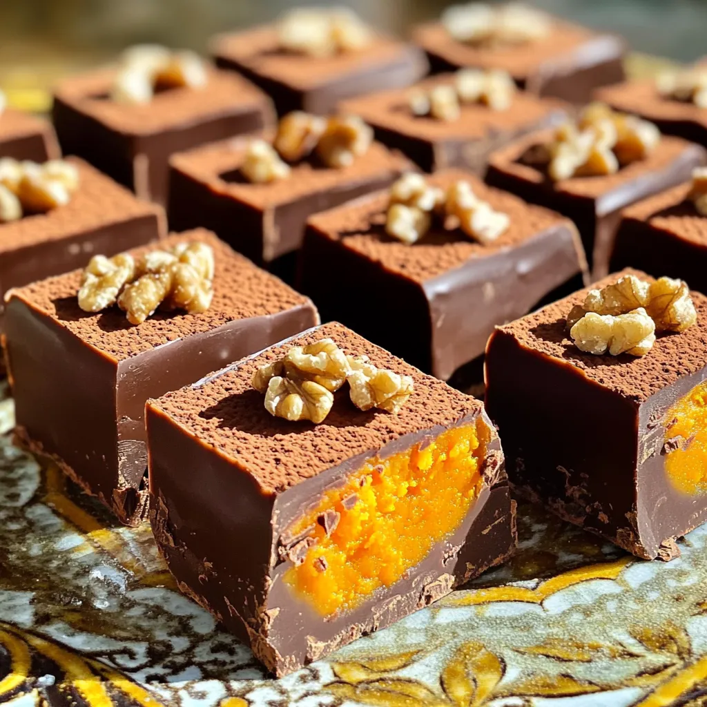 Für das No-Bake Schokoladen-Kürbis-Fudge brauchst du diese Zutaten: - 1 Tasse Kürbispüree aus der Dose - 1 Tasse cremige Mandelbutter (oder Erdnussbutter) - 1/4 Tasse Ahornsirup - 1 Tasse Kakaopulver - 1 Teelöffel Vanilleextrakt - 1 Teelöffel Kürbisk Gewürz (oder eine Mischung aus Zimt, Muskatnuss und Ingwer) - Eine Prise Meersalz - 1/2 Tasse dunkle Schokoladenstückchen (vegan, wenn gewünscht) - Gehackte Walnüsse oder Pekannüsse zum Garnieren (optional) Ich empfehle, frisches Kürbispüree zu verwenden, wenn du Zeit hast. Es hat einen besseren Geschmack. Für die Nussbutter kannst du auch Cashewbutter nehmen, wenn du eine mildere Note magst. Bei den Schokoladenstückchen achte auf die Qualität. Dunkle Schokolade mit hohem Kakaoanteil schmeckt am besten. Du findest die meisten Zutaten in deinem Supermarkt. Die Nussbutter gibt es oft im Bio-Regal. Das Kürbispüree findest du in der Nähe der Backwaren oder in der Konservenabteilung. Wenn du spezielle Zutaten suchst, wie hochwertiges Kakaopulver, schau in einem Feinkostladen oder online. Die Auswahl dort ist oft größer und die Qualität besser. Um das Kürbispüree vorzubereiten, öffne die Dose. Gieße den Inhalt in eine große Schüssel. Verwende einen Löffel, um das Püree gut zu vermischen. Es sollte glatt und klumpenfrei sein. Wenn du frischen Kürbis verwendest, koche ihn zuerst bis er weich ist. Püriere ihn dann mit einem Mixer oder in einer Küchenmaschine. In derselben Schüssel, füge die cremige Mandelbutter hinzu. Du kannst auch Erdnussbutter nehmen, wenn du magst. Gieße den Ahornsirup dazu. Rühre die Mischung gut mit einem Rührgerät oder einem großen Löffel. Danach füge das Kakaopulver, den Vanilleextrakt und das Kürbisgewürz hinzu. Mische alles gut, bis keine Klumpen mehr da sind. Jetzt kannst du die dunklen Schokoladenstückchen vorsichtig unterheben. Lege eine 20x20 cm große Backform mit Backpapier aus. Lass das Papier über die Ränder hängen. Das hilft, die Fudge später zu entfernen. Gieße die Mischung in die Form. Drücke sie mit einem Spatel gleichmäßig fest. Wenn du willst, streue die gehackten Nüsse oben drauf. Decke die Form mit Frischhaltefolie ab. Stelle sie für mindestens 2 Stunden in den Kühlschrank. Wenn die Fudge fest ist, nimm sie aus der Form. Schneide sie in kleine Würfel und genieße! Um die perfekte Konsistenz für deine No-Bake Fudge zu erreichen, ist es wichtig, die richtigen Verhältnisse zu beachten. Das Kürbispüree und die Mandelbutter sind deine Hauptbestandteile. Achte darauf, dass die Mandelbutter cremig ist. Dadurch wird die Fudge schön weich. Wenn du die Mischung rührst, sollten keine Klumpen übrig bleiben. Wenn die Masse zu trocken ist, kannst du etwas mehr Ahornsirup hinzufügen. Wenn sie zu feucht ist, füge einen Löffel mehr Kakaopulver hinzu. So erhältst du die gewünschte Textur. Ein häufiger Fehler ist, die Fudge nicht lange genug im Kühlschrank zu lassen. Mindestens zwei Stunden sind wichtig. Wenn du die Fudge vorher schneidest, wird sie bröckelig. Ein weiterer Fehler ist, die Zutaten nicht gut genug zu vermischen. Wenn die Schokoladenstückchen nicht gleichmäßig verteilt sind, hast du an manchen Stellen große Schokoladenteile und an anderen nichts. Achte darauf, die Zutaten gut zu vermengen. Die Präsentation macht viel aus. Arrangiere die Fudge-Quadrate auf einem schönen Teller. Du kannst sie mit etwas zusätzlichem Kakaopulver bestäuben. Das sieht nicht nur gut aus, sondern gibt auch Geschmack. Eine weitere Option ist, geschmolzene Schokolade darüber zu träufeln. Das gibt der Fudge eine elegante Note. Wenn du Nüsse verwendest, streue sie gleichmäßig auf die Fudge, bevor sie fest wird. So bleibt der Crunch erhalten und macht die Fudge noch leckerer. {{image_4}} Wenn Sie eine andere Nussbutter ausprobieren möchten, geht das ganz einfach. Erdnussbutter passt gut zu diesem Rezept. Sie gibt einen tollen, nussigen Geschmack. Auch Cashewbutter oder Sonnenblumenbutter sind gute Optionen. Diese Alternativen bringen neue Aromen in das Fudge. Achten Sie darauf, dass die Nussbutter cremig ist. So bleibt die Konsistenz schön. Für mehr Geschmack können Sie zusätzliche Aromen hinzufügen. Zum Beispiel können Sie einen Hauch von Zimt oder Muskatnuss einstreuen. Diese Gewürze bringen Wärme und Tiefe in das Fudge. Auch ein Schuss Espresso kann sehr lecker sein. Er verstärkt den Schokoladengeschmack. Experimentieren Sie mit verschiedenen Aromen, um Ihre eigene Note zu finden. Möchten Sie eine vegane Version machen? Nutzen Sie einfach vegane Schokoladenstückchen. Diese sind ohne tierische Produkte. Auch die Mandel- oder Erdnussbutter ist bereits vegan. Für Glutenfreiheit müssen Sie nur sicherstellen, dass alle Zutaten glutenfrei sind. So können alle Ihre Freunde das Fudge genießen. Um deine No-Bake Schokoladen-Kürbis-Fudge frisch zu halten, lege sie in einen luftdichten Behälter. Das schützt sie vor Feuchtigkeit und Gerüchen. Du kannst die Fudge auch in Frischhaltefolie wickeln. Achte darauf, dass die Fudge nicht mit anderen Lebensmitteln in Berührung kommt. Im Kühlschrank hält die Fudge bis zu zwei Wochen. Wenn du sie länger aufbewahren möchtest, kannst du sie einfrieren. Achte darauf, die Fudge gut zu verpacken, um Gefrierbrand zu vermeiden. Um die Fudge einzufrieren, schneide sie in Stücke. Lege sie dann in einen gefrierfesten Behälter oder wickele sie einzeln in Folie. Zum Auftauen nimm die Fudge einfach aus dem Gefrierfach. Lass sie bei Raumtemperatur für etwa 30 Minuten stehen. So bleiben Geschmack und Textur optimal. Die Fudge braucht mindestens zwei Stunden im Kühlschrank, um fest zu werden. Kühlen Sie die Fudge in einer Form, die mit Backpapier ausgelegt ist. Nach zwei Stunden können Sie die Fudge herausnehmen und schneiden. Wenn Sie mehr Zeit haben, lassen Sie sie gerne länger im Kühlschrank. So wird die Fudge noch fester. Ja, Sie können andere Süßungsmittel verwenden. Honig oder Agavendicksaft sind gute Alternativen. Denken Sie daran, dass der Geschmack leicht variieren kann. Achten Sie darauf, die Menge anzupassen, da einige Süßungsmittel süßer sind als Ahornsirup. Das Rezept ergibt etwa 16 Stücke Fudge. Sie können die Fudge in gleichmäßige Würfel schneiden. Der genaue Umfang hängt von der Größe der Stücke ab, die Sie schneiden. Wenn Sie kleinere Stücke bevorzugen, erhalten Sie mehr Portionen. Diese Anleitung zeigt, wie Sie köstliche Kürbisfudge zubereiten können. Wir haben die wichtigsten Zutaten aufgelistet und Tipps gegeben, um Fehler zu vermeiden. Mit Variationen wie veganen und glutenfreien Optionen bleibt Ihre Fudge spannend. Richtig gelagert, bleibt sie frisch. Experimentieren Sie mit Aromen, um Ihr Rezept zu verbessern. Viel Spaß beim Zubereiten und Genießen!