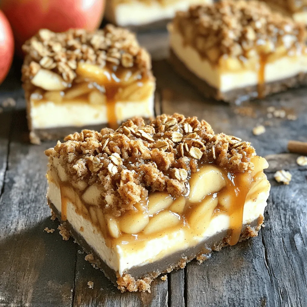 - 450 g Frischkäse, weichgestellt - 200 g Kristallzucker - 1 Teelöffel Vanilleextrakt - 2 große Eier - 240 g Schmand Für die Käsekuchen-Schicht beginne ich mit dem Frischkäse. Ich lasse ihn weich werden, damit er sich leicht mixen lässt. Dann füge ich den Kristallzucker hinzu. Es ist wichtig, dass der Zucker gut eingearbeitet wird. Danach gebe ich Vanilleextrakt und die Eier nacheinander dazu. Ich rühre die Mischung gut durch. Zum Schluss kommt der Schmand, was die Füllung schön cremig macht. - 3 mittelgroße Äpfel (Granny Smith oder Honeycrisp), geschält, entkernt und gewürfelt - 1 Esslöffel Zitronensaft - 1 Teelöffel Zimt - 2 Esslöffel brauner Zucker Für die Apfelfüllung wähle ich knackige Äpfel. Granny Smith oder Honeycrisp sind perfekt. Ich schäle, entkerne und würfle die Äpfel. Dann gebe ich Zitronensaft, Zimt und braunen Zucker hinzu. Diese Mischung verleiht den Äpfeln einen tollen Geschmack. Ich vermenge alles gut, damit die Äpfel gleichmäßig gewürzt sind. - 100 g Haferflocken - 120 g Weizenmehl - 200 g brauner Zucker - 1 Teelöffel Zimt - 115 g ungesalzene Butter, geschmolzen Das Knusper-Topping ist einfach zuzubereiten. Ich mische Haferflocken, Weizenmehl, braunen Zucker und Zimt in einer Schüssel. Dann füge ich die geschmolzene Butter hinzu. Die Mischung wird krümelig, was für den perfekten Crunch sorgt. - 120 ml Karamellsauce (gekauft oder selbstgemacht) Für den Karamell-Drizzle kann ich entweder fertige Sauce verwenden oder sie selbst machen. Ich bevorzuge die selbstgemachte Variante. Das gibt den Bars eine extra Portion Geschmack. Ich träufle die Karamellsauce über die gekühlten Bars vor dem Servieren. Heize deinen Ofen auf 175 °C vor. Nimm eine 23x33 cm große Backform und lege sie mit Backpapier aus. Lass etwas Papier überhängen, das hilft später beim Herausnehmen der Bars. Nimm eine große Schüssel. Schlage den weichen Frischkäse mit einem elektrischen Mixer glatt. Füge den Kristallzucker hinzu und mixe weiter. Danach rühre den Vanilleextrakt und die Eier nacheinander gut ein. Zum Schluss kommt der Schmand. Mische alles, bis die Mischung schön cremig ist. Schäle die Äpfel und schneide sie in kleine Stücke. Nimm eine separate Schüssel und vermenge die Apfelstücke mit Zitronensaft, Zimt und braunem Zucker. Mische alles gut durch, bis die Äpfel gleichmäßig gewürzt sind. In einer weiteren Schüssel vermenge die Haferflocken, Weizenmehl, braunen Zucker und Zimt. Gieße die geschmolzene Butter hinzu und mische alles gut. Die Mischung sollte krümelig sein. Gieße die Käsekuchen-Mischung gleichmäßig in die vorbereitete Backform. Verteile die Apfelfüllung gleichmäßig darauf. Streue das Knusper-Topping über die Äpfel. Stelle die Form in den Ofen und backe alles 40-45 Minuten. Die Oberseite sollte goldbraun sein. Nimm die Form nach dem Backen aus dem Ofen und lasse sie auf Raumtemperatur abkühlen. Stelle die Bars dann für mindestens 4 Stunden in den Kühlschrank. Wenn sie gut durchgekühlt sind, hebe die Bars mit dem Überhang des Backpapiers aus der Form. Schneide sie in Quadrate und beträufle sie vor dem Servieren mit Karamellsauce. Um die beste Konsistenz für Ihre Käsekuchen-Mischung zu erzielen, mischen Sie alles gut. Beginnen Sie mit dem weichen Frischkäse. Schlagen Sie ihn mit einem Mixer, bis er glatt ist. Fügen Sie den Kristallzucker hinzu und mixen Sie weiter. Geben Sie dann die Eier einzeln dazu. So integrieren sich die Zutaten besser. Zum Schluss rühren Sie den Schmand unter. Vermeiden Sie es, zu lange zu mixen. Zu viel Luft kann die Textur beeinträchtigen. Für die Füllung sind Granny Smith oder Honeycrisp die besten Äpfel. Sie sind fest und haben eine gute Balance zwischen Süße und Säure. Granny Smith sorgt für einen tollen frischen Geschmack. Honeycrisp bringt eine natürliche Süße mit. Beide Sorten sorgen dafür, dass die Füllung gut bleibt und nicht matschig wird. Schneiden Sie die Äpfel in gleich große Stücke für eine gleichmäßige Garzeit. Um eine einfache Karamellsauce zu machen, benötigen Sie nur drei Zutaten: Zucker, Wasser und Sahne. Kochen Sie den Zucker und das Wasser in einem Topf bei mittlerer Hitze. Rühren Sie nicht um, bis der Zucker schmilzt. Lassen Sie die Mischung kochen, bis sie goldbraun wird. Nehmen Sie den Topf vom Herd und fügen Sie vorsichtig die Sahne hinzu. Rühren Sie gut um, bis die Sauce glatt ist. Lassen Sie die Sauce abkühlen, bevor Sie sie auf die Bars träufeln. Diese Bars lassen sich leicht in Stücke schneiden. Verwenden Sie ein scharfes Messer, um saubere Schnitte zu machen. Ich empfehle, die Bars in Quadrate von etwa 5 cm x 5 cm zu schneiden. Servieren Sie die Bars auf einem hübschen Teller. Ein extra Karamell-Drizzle macht sie besonders. Fügen Sie auch einen Klecks Schlagsahne hinzu. So wird das Dessert noch verlockender. {{image_4}} Wenn du eine glutenfreie Diät befolgst, kannst du einfach glutenfreies Mehl und Haferflocken verwenden. Viele Marken bieten diese Alternativen an. Stelle sicher, dass sie als glutenfrei gekennzeichnet sind. Das wird deinen Karamell-Apfel-Crisp-Käsekuchen-Bars die gleiche tolle Textur geben. Für eine vegane Version kannst du Eier durch Leinsamen oder Apfelmus ersetzen. Verwende pflanzlichen Frischkäse statt der normalen Sorte. Diese Zutaten sind leicht verfügbar und schmecken gut. So kannst du dir ein köstliches Dessert gönnen, das auch vegan ist. Um deinen Bars das gewisse Extra zu verleihen, kannst du Nüsse oder Schokolade hinzufügen. Walnüsse oder Pekannüsse passen perfekt zu den Aromen. Schokoladenstückchen verleihen zusätzlich einen süßen Kick. Streue sie einfach über das Knusper-Topping, bevor du die Bars backst. So wird jede Biss ein Genuss! Wie lange sind die Bars haltbar? Die Karamell-Apfel-Crisp-Käsekuchen-Bars bleiben im Kühlschrank bis zu fünf Tage frisch. Lagern Sie die Bars in einem luftdichten Behälter. Dadurch bleibt die Textur angenehm und die Aromen gut erhalten. Anleitung zum Einfrieren und Auftauen Sie können die Bars auch einfrieren. Schneiden Sie die Bars in Stücke und wickeln Sie sie einzeln in Frischhaltefolie. Legen Sie die verpackten Stücke in einen gefrierfreundlichen Behälter. So bleiben sie bis zu drei Monate haltbar. Zum Auftauen legen Sie die Bars einfach in den Kühlschrank, bis sie weich sind. Vorbereitungszeit im Voraus planen Sie können viele Schritte im Voraus machen. Bereiten Sie die Käsekuchen-Mischung und die Apfelfüllung bis zu einem Tag vorher vor. Bewahren Sie sie getrennt im Kühlschrank auf. Das Knusper-Topping können Sie auch im Voraus machen und kühl lagern. So sparen Sie Zeit, wenn es Zeit zum Backen ist. Die Gesamtzeit für die Zubereitung beträgt etwa 5 Stunden. Davon sind 30 Minuten für die Vorbereitung erforderlich. Die restliche Zeit benötigt das Abkühlen im Kühlschrank. Ja, du kannst die Bars im Kühlschrank aufbewahren. Sie bleiben dort bis zu 5 Tage frisch. Achte darauf, sie in einem luftdichten Behälter zu lagern. So bleiben sie saftig und lecker. Falls die Mischung zu flüssig erscheint, prüfe die Zutaten. Achte darauf, den Frischkäse gut zu schlagen. Mische die Zutaten nicht zu lange, um Luftblasen zu vermeiden. Wenn nötig, füge etwas mehr Mehl hinzu, um die Konsistenz zu verbessern. Es gibt viele kreative Möglichkeiten zur Dekoration. Du kannst die Bars mit gehackten Nüssen oder Schokolade bestreuen. Eine Prise Zimt über die Oberfläche gibt einen schönen Look. Zusätzlich kannst du frische Apfelscheiben für die Garnierung verwenden. In diesem Blogbeitrag hast du gelernt, wie du leckere Karamell-Apfel-Crisp-Käsekuchen-Bars zubereitest. Wir haben die wichtigen Zutaten, von der Käsekuchen-Schicht bis zum Knusper-Topping, durchgenommen. Du hast auch die Schritt-für-Schritt-Anleitung, Tipps und Variationen entdeckt. Ich hoffe, du probierst dieses Rezept aus. Es ist einfach und macht viel Freude beim Zubereiten und Genießen. Viel Spaß beim Backen und Teilen deiner Bars!