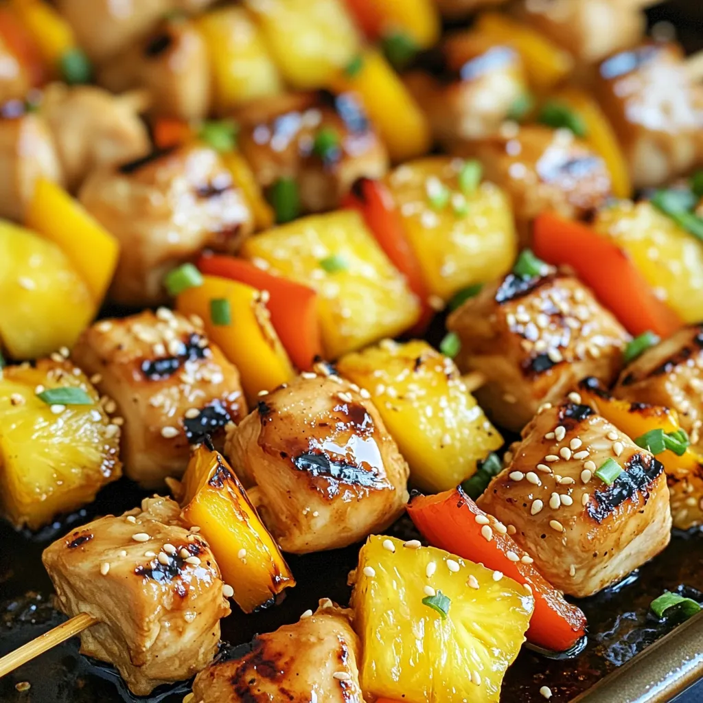 - Hähnchenbrust und Marinade Für diese Spieße brauchen Sie 450 g Hähnchenbrust. Schneiden Sie sie in 2,5 cm große Würfel. Um den Geschmack zu verbessern, marinieren Sie das Hähnchen. Mischen Sie 60 ml Sojasauce, 30 g braunen Zucker, 15 ml Sesamöl, 5 g Knoblauchpulver und 5 g Ingwerpulver. Rühren Sie alles gut um, bis der Zucker schmilzt. Lassen Sie das Hähnchen für mindestens 30 Minuten in dieser Marinade. - Ananas und Paprika Verwenden Sie auch 240 g frische Ananas. Schneiden Sie die Ananas in 2,5 cm große Stücke. Die Ananas bringt eine süße Note in die Spieße. Außerdem benötigen Sie 1 Paprika, rot oder grün. Schneiden Sie die Paprika ebenfalls in 2,5 cm große Stücke. Diese Farben machen die Spieße lebendiger und ansprechender. - Gewürze und Sojasauce Die Marinade besteht aus einfachen Zutaten. Sojasauce gibt den Umami-Geschmack. Brauner Zucker bringt eine süße Karamellnote. Sesamöl fügt einen nussigen Geschmack hinzu. Knoblauch- und Ingwerpulver bringen zusätzliche Tiefe. Sie können auch 15 g Maisstärke hinzufügen, um die Sauce später zu verdicken. Zum Garnieren verwenden Sie 15 g Sesamsamen. Diese verleihen den Spießen einen schönen Crunch. Zubereitung der Marinade: Um die Marinade zu machen, vermische in einer Schüssel Sojasauce, braunen Zucker, Sesamöl, Knoblauchpulver und Ingwerpulver. Rühre gut, bis der Zucker sich auflöst. Marinierzeit und Tipps: Lege die Hähnchenwürfel in die Marinade. Mische alles gut durch, sodass das Hähnchen gleichmäßig bedeckt ist. Decke die Schüssel ab. Lass das Hähnchen mindestens 30 Minuten im Kühlschrank marinieren. Für den besten Geschmack mariniere bis zu 2 Stunden. Einweichen der Holzspieße: Wenn du Holzspieße verwendest, lege sie mindestens 30 Minuten in Wasser. So verbrennen sie nicht beim Grillen. Grill vorheizen: Heize den Grill auf mittelhohe Hitze vor. Dies sorgt für eine schöne Grillmarkierung und gleichmäßiges Garen. Anordnung der Zutaten: Nimm die marinierten Hähnchenstücke aus dem Kühlschrank. Stecke abwechselnd Hähnchen, Ananasstücke und Paprika auf die Spieße. Lass etwas Platz zwischen den Zutaten. So garen sie gleichmäßig. Grillzeit und Wenden der Spieße: Lege die Spieße auf den Grill. Grill die Spieße für etwa 10-12 Minuten. Wende sie regelmäßig, bis das Hähnchen durchgegart ist. Die Spieße sollten eine schöne Grillmarkierung haben. Du kannst während des Grillens die restliche Marinade verwenden, um den Geschmack zu intensivieren. - Verwendung von frischen Zutaten: Frisches Hähnchen und reife Ananas machen den Unterschied. Sie bringen den besten Geschmack. Achten Sie darauf, dass die Paprika knackig ist. Frische Zutaten geben den Spießen mehr Leben. - Optionale Saucen und Toppings: Sie können die Spieße mit einer Erdnusssauce oder einer scharfen Sriracha-Sauce verfeinern. Diese Saucen bringen eine neue Dimension. Auch frische Kräuter wie Koriander oder Minze passen gut. Sesamsamen als Topping verleihen den Spießen den letzten Schliff. - Grilltemperatur und Zeit: Grillen Sie die Spieße bei mittelhoher Hitze. So garen sie gleichmäßig. Eine Grillzeit von 10 bis 12 Minuten reicht aus. Wenden Sie die Spieße regelmäßig, damit sie schön braun werden. - Umgang mit unterschiedlichen Grillmethoden: Wenn Sie mit Holzkohle grillen, geben Sie etwas Zeit, damit die Kohlen gut durchglühen. Bei Gasgrills können Sie die Temperatur leicht kontrollieren. Beide Methoden funktionieren gut. Holzkohle gibt einen rauchigen Geschmack, während Gas schneller heiß wird. Wählen Sie die Methode, die Ihnen am besten gefällt. {{image_4}} Für Teriyaki Hähnchen-Ananas-Spieße gibt es viele tolle Optionen. Du kannst verschiedene Gemüsesorten verwenden, um mehr Farbe und Geschmack hinzuzufügen. Zum Beispiel passen Zucchini, Champignons oder rote Zwiebeln gut. Diese Gemüsesorten bringen Abwechslung und ein neues Geschmacksprofil. Wenn du kein Hähnchen magst, kannst du andere Proteine ausprobieren. Pute oder Garnelen sind hervorragende Alternativen. Beide nehmen die Marinade gut auf und bleiben saftig beim Grillen. Tofu ist auch eine gute Wahl für Veganer oder Vegetarier. Die asiatische Küche bietet viele Variationen. Du kannst die Marinade mit Miso oder Teriyaki-Sauce anpassen. Beide geben dem Gericht eine zusätzliche Tiefe. Grillmethoden variieren weltweit. In Japan grillt man oft über Holzkohle, was einen tollen Rauchgeschmack erzeugt. In anderen Ländern grillt man auf Gasgrills oder im Ofen. Jede Methode hat ihre Stärken und kann das Ergebnis beeinflussen. Experimentiere mit verschiedenen Techniken, um deinen perfekten Spieß zu finden. Sie können die Spieße kurz oder langfristig lagern. Für die kurzfristige Lagerung legen Sie die Spieße in den Kühlschrank. Sie bleiben frisch für bis zu drei Tage. Wickeln Sie sie in Frischhaltefolie oder legen Sie sie in einen luftdichten Behälter. So bleibt der Geschmack erhalten. Für die langfristige Lagerung frieren Sie die Spieße ein. Stellen Sie sicher, dass sie gut verpackt sind. Nutzen Sie Gefrierbeutel oder passende Behälter. So halten sie bis zu drei Monate. Denken Sie daran, die Spieße vor dem Grillen vollständig aufzutauen. Wenn Sie die Reste aufwärmen möchten, gibt es einfache Tipps. Im Ofen heizen Sie ihn auf 180 Grad vor. Legen Sie die Spieße auf ein Backblech und decken Sie sie mit Alufolie ab. So bleibt das Fleisch saftig. Erwärmen Sie sie etwa 10 bis 15 Minuten. Für die Mikrowelle legen Sie die Spieße auf einen mikrowellengeeigneten Teller. Bedecken Sie sie mit einem feuchten Papiertuch. Erhitzen Sie sie in kurzen Abständen von 30 Sekunden. Überprüfen Sie zwischendurch die Temperatur, um ein Austrocknen zu vermeiden. Das Hähnchen sollte mindestens 30 Minuten mariniert werden. Ideal sind bis zu 2 Stunden. So zieht der Geschmack tief ins Fleisch ein. Eine längere Marinierzeit macht das Hähnchen saftiger und würziger. Wenn du Zeit hast, lass die Marinade über Nacht einwirken. Ja, du kannst die Spieße auch im Ofen zubereiten. Heize deinen Ofen auf 200 Grad Celsius vor. Lege die Spieße auf ein Backblech, das mit Backpapier ausgelegt ist. Backe sie für 15-20 Minuten. Wende die Spieße nach der Hälfte der Zeit, damit sie gleichmäßig garen. Du kannst auch den Grillfunktion nutzen für eine schöne Bräunung. Für eine glutenfreie Option kannst du Tamari verwenden. Es hat einen ähnlichen Geschmack und ist perfekt für Allergiker. Eine andere Möglichkeit ist die Nutzung von Kokosnuss-Aminos. Diese sind süßer und weniger salzig. Probiere auch Miso-Paste mit Wasser, um eine andere Note zu erhalten. Im Blogbeitrag haben wir die besten Zutaten für köstliche Hähnchenspieße erkundet. Wir haben die wichtigsten Schritte zum Marinieren, Vorbereiten und Grillen abgedeckt. Tipps zur Verbesserung des Geschmacks und verschiedene Variationen helfen dir, kreativ zu sein. Denke daran, frische Zutaten sind entscheidend. Auch das richtige Aufbewahren der Spieße ist wichtig. Mit den richtigen Techniken und etwas Experimentierfreude kannst du großartige Ergebnisse erzielen. Viel Spaß beim Grillen und Genießen deiner Spieße!