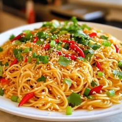 - Instant-Nudeln Auswahl Ich bevorzuge die klassischen Instant-Nudeln für schnelle Gerichte. Sie sind einfach und lecker. Wählen Sie Ihre Lieblingsmarke. Achten Sie darauf, dass die Nudeln gut quellen. So bekommen Sie die beste Textur. - Sesamöl und seine Bedeutung Sesamöl gibt dem Gericht einen tollen Geschmack. Es hat ein nussiges Aroma, das die Aromen verstärkt. Verwenden Sie hochwertiges Sesamöl, um den besten Effekt zu erzielen. Ein Esslöffel reicht, um die Nudeln zu verfeinern. - Gewürze und frische Zutaten Knoblauch und Chilis sind die Stars in diesem Rezept. Sie bringen Schärfe und Tiefe. Ich empfehle frische Chilis, um den Geschmack zu intensivieren. Frühlingszwiebeln sorgen für Frische und Crunch. Garnieren Sie die Nudeln mit Koriander für ein zusätzliches Aroma. Wie man Nudeln richtig zubereitet? Zuerst setze einen großen Topf mit Wasser auf. Bringe das Wasser zum Kochen. Gib dann die Instant-Nudeln hinzu. Koche sie nach Packungsanleitung. In der Regel dauert das 3 bis 4 Minuten. Tipps zum Abgießen der Nudeln: Nach dem Kochen gieße die Nudeln in ein Sieb. Schüttle sie leicht, um überschüssiges Wasser zu entfernen. Lass sie kurz abtropfen, während du die Sauce zubereitest. Zeitmanagement beim Kochen: Du kannst die Nudeln und die Sauce gleichzeitig zubereiten. So sparst du Zeit und alles ist heiß, wenn du servierst. Erhitzen des Sesamöls: Nimm eine große Pfanne oder einen Wok. Stelle ihn auf mittlere Hitze und gib das Sesamöl hinein. Lass es warm werden, aber nicht rauchen. Knoblauch und Chilis braten: Füge den gehackten Knoblauch und die Chilis hinzu. Brate sie 1 bis 2 Minuten lang an. Achte darauf, dass sie nicht anbrennen. Sie sollen aromatisch sein. Aromen optimal entfalten: Rühre die Mischung gut um. So verbinden sich die Aromen ideal. Du wirst den köstlichen Duft schon bald riechen. Nudeln und Sauce vermengen: Gib die gekochten Nudeln in die Pfanne. Rühre die Sojasauce, den Reisessig und den Zucker unter. Mische alles gut durch, damit die Nudeln gleichmäßig bedeckt sind. Frühlingszwiebeln hinzufügen: Rühre die gehackten Frühlingszwiebeln unter. Spare einige für die Garnitur. Lass alles eine weitere Minute erwärmen, damit die Aromen sich verbinden. Servieren: Nimm die Pfanne vom Herd. Richte die Nudeln auf Tellern an. Garniere sie mit Sesamsamen und frischen Korianderblättern. Füge auch die reservierten Frühlingszwiebeln obenauf hinzu. - Verwendung von frischen Kräutern: Frische Kräuter machen die Nudeln lebendiger. Koriander bringt Frische. Auch Petersilie kann gut passen. Füge sie am Ende hinzu. - Limettensaft für extra Frische: Ein Spritzer Limettensaft hebt die Aromen. Er gibt den Nudeln einen frischen Kick. Probiere es aus! - Weitere Gewürzvariationen: Experimentiere mit Gewürzen. Füge etwas Kreuzkümmel oder Paprika hinzu. Diese bringen neue Geschmäcker in deine Nudeln. - Perfekte Timing und Technik: Timing ist alles! Achte darauf, die Nudeln nicht zu lange zu kochen. Sie sollten al dente sein. - Melding von Texturen und Aromen: Kombiniere knusprige und weiche Zutaten. Die Frühlingszwiebeln geben Crunch. Das macht dein Gericht spannend. - Nutzung von Küchenwerkzeugen: Verwende eine große Pfanne oder einen Wok. So kannst du die Zutaten gut vermengen. Ein Holzlöffel hilft, die Nudeln sanft zu mischen. {{image_4}} Für mehr Protein kannst du einige einfache Zutaten hinzufügen. Hier sind meine besten Vorschläge: - Soja- oder Hühnerstücke: Diese bringen einen herzhaften Geschmack. Einfach nach dem Braten in die Nudeln geben. - Tofu für Vegetarier: Tofu ist eine großartige Wahl. Er nimmt die Aromen der Sauce gut auf. - Eiersymbole für zusätzliche Nährstoffe: Ein Ei macht die Nudeln noch nahrhafter. Einfach in die Pfanne schlagen und rühren, bis es stockt. Gemüse macht deine Nudeln bunt und gesund. Hier sind einige Optionen, die ich empfehle: - Beliebte Gemüsesorten hinzufügen: Karotten, Paprika oder Brokkoli passen gut. Sie bringen Farbe und Geschmack. - Saisonalität und Verfügbarkeit: Nutze das Gemüse, das gerade Saison hat. Es ist oft frischer und günstiger. - Textur und Geschmack verbessern: Gemüse sorgt für Crunch und frische. Es macht das Gericht abwechslungsreicher und spannender. Mit diesen Variationen kannst du deine Minute Spicy Chili Garlic Noodles anpassen. Experimentiere mit verschiedenen Zutaten und finde deine perfekte Mischung! - Kühlschranklagerungstipps: Lagern Sie die Reste in einem luftdichten Behälter. So bleibt der Geschmack frisch. Stellen Sie sicher, dass die Nudeln abgekühlt sind, bevor Sie sie einlagern. Dadurch verhindern Sie, dass sich Kondenswasser bildet. - Aufbewahrung von gekochten Nudeln: Wenn Sie gekochte Nudeln aufbewahren, denken Sie daran, sie mit etwas Öl zu vermengen. Das verhindert, dass sie zusammenkleben. Verwenden Sie idealerweise einen Behälter, der nicht zu groß ist. - Mikrowellen geeignet: Diese Nudeln lassen sich gut in der Mikrowelle aufwärmen. Fügen Sie einen Spritzer Wasser hinzu, um die Nudeln feucht zu halten. Decken Sie den Behälter mit einem Mikrowellendeckel ab. Erwärmen Sie die Nudeln in kurzen Intervallen von 30 Sekunden. - Wie lange sind Reste frisch?: Im Kühlschrank bleiben die Reste etwa 3 bis 5 Tage frisch. Achten Sie darauf, sie gut zu verpacken, um Gerüche zu vermeiden. - Neue Rezepte mit den Resten kreieren: Nutzen Sie die Reste für neue Gerichte. Fügen Sie Gemüse oder Protein hinzu, um eine neue Mahlzeit zu kreieren. Zum Beispiel, braten Sie sie mit Eiern oder in einer Suppe. - Einfrieren von Chili-Knoblauch-Sauce: Wenn Sie Sauce übrig haben, können Sie diese einfrieren. Füllen Sie die Sauce in Eiswürfelformen. So haben Sie kleine Portionen zur Hand, wenn Sie sie brauchen. Die Sauce hält sich bis zu 3 Monate im Gefrierfach. Die Zubereitung dauert nur 15 Minuten. Die Vorbereitung braucht etwa 5 Minuten. Das Kochen der Nudeln dauert 3 bis 4 Minuten. So sind Sie schnell fertig mit einem leckeren Gericht. Um effizient zu sein, stellen Sie alles bereit. Messen Sie die Zutaten vor dem Kochen ab. So sparen Sie Zeit und Stress beim Kochen. Ja, Sie können die Schärfe leicht anpassen. Verwenden Sie weniger rote Chilis, wenn Sie es milder mögen. Oder lassen Sie die Chilis einfach weg. Alternativ können Sie süße Paprika verwenden. Das gibt Geschmack ohne die Schärfe. Auch eine Prise Zucker hilft, die Schärfe auszugleichen. Die besten Instant-Nudeln sind die mit gutem Geschmack und Textur. Marken wie Nissin oder Mama sind sehr beliebt. Sie bieten ein gutes Preis-Leistungs-Verhältnis. Achten Sie auf die Zutatenliste. Hochwertige Nudeln haben weniger Konservierungsstoffe. Probieren Sie verschiedene Marken, um Ihre Favoriten zu finden. Diese Anleitung zeigt, wie man einfache und schmackhafte Instant-Nudeln zubereitet. Wir haben die Hauptzutaten, Schritte und Tipps behandelt. Denke daran, frische Zutaten und einfache Gewürze zu verwenden. Variiere mit Proteinen und Gemüse für mehr Nährstoffe. Die Lagerung der Reste ist ebenfalls wichtig. So bleiben deine Mahlzeiten frisch und lecker. Mit diesen Tipps wirst du schnell zum Nudelprofi. Probiere verschiedene Variationen aus und genieße dein Essen!