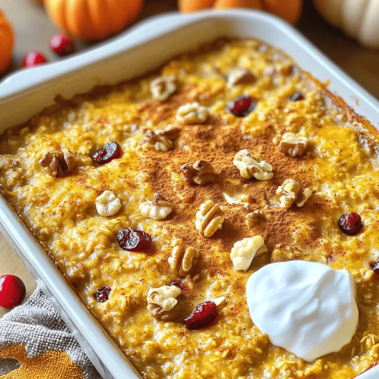 Um einen leckeren Kürbisgewürz Backhaferbrei zu machen, brauchen Sie: - 2 Tassen rolled Haferflocken - 1 ½ Tassen Kürbispüree - 2 Tassen Mandelmilch - 1/3 Tasse Ahornsirup - 2 Esslöffel Chiasamen (optional) - 1 Teelöffel Vanilleextrakt - 1 Teelöffel Backpulver - 1 Teelöffel Kürbisgewürz - ½ Teelöffel Salz - ½ Tasse gehackte Walnüsse oder Pekannüsse (optional) - ½ Tasse getrocknete Cranberries oder Schokoladenstückchen (optional) Es gibt viele Möglichkeiten, diese Zutaten zu ersetzen. Wenn Sie glutenfreies Essen brauchen, nutzen Sie glutenfreie Haferflocken. Für eine nussfreie Option wählen Sie Kokosmilch statt Mandelmilch. Agavendicksaft kann den Ahornsirup ersetzen. Für vegane Ernährung lassen Sie die Chiasamen weg oder nutzen Sie Leinsamen. Wählen Sie frisches Kürbispüree für den besten Geschmack. Suchen Sie nach Haferflocken ohne Zuckerzusatz. Achten Sie beim Kauf von Nüssen darauf, dass sie nicht gesalzen sind. Ihre Zutaten sollten möglichst biologisch sein, um eine bessere Qualität zu garantieren. Heize deinen Ofen auf 175 °C vor. Fette eine 9x9-Zoll große Auflaufform gut ein oder lege sie mit Backpapier aus. So bleibt der Haferbrei nicht kleben und lässt sich leicht herausnehmen. Nimm eine große Schüssel. Füge die Haferflocken, das Backpulver, das Kürbisgewürz und das Salz hinzu. Rühre alles gut um, bis die trockenen Zutaten gleichmäßig verteilt sind. So wird jeder Bissen geschmackvoll. In einer separaten Schüssel vermenge das Kürbispüree, die Mandelmilch, den Ahornsirup, die Chiasamen und den Vanilleextrakt. Rühre, bis die Mischung glatt ist. Diese Mischung sorgt für die feuchte und süße Basis des Gerichts. Gieße die nassen Zutaten in die Schüssel mit den trockenen. Rühre alles gut um, bis es gut vermischt ist. Falls du Nüsse oder Trockenfrüchte verwenden möchtest, hebe sie sanft unter. So bekommst du zusätzliche Textur und Geschmack. Gib die Mischung in die vorbereitete Auflaufform. Verteile sie gleichmäßig mit einem Spatel. Backe den Haferbrei für 30-35 Minuten. Er ist fertig, wenn die Oberseite goldbraun ist und ein Zahnstocher sauber herauskommt. Lass ihn 10-15 Minuten abkühlen, bevor du ihn in Quadrate schneidest. So lässt er sich besser servieren. Ein häufiger Fehler ist, die Haferflocken nicht gut zu mischen. Wenn Sie die trockenen Zutaten nicht richtig vermengen, schmeckt der Brei ungleichmäßig. Mischen Sie alles gründlich in der Schüssel. Ein weiterer Fehler ist das Überbacken. Je länger Sie ihn backen, desto trockener wird er. Überwachen Sie die Zeit genau und testen Sie mit einem Zahnstocher. Das Rezept verlangt nach 1/3 Tasse Ahornsirup. Wenn Sie es weniger süß mögen, verwenden Sie weniger Sirup. Sie können auch Honig oder Agavendicksaft nutzen. Probieren Sie es aus! Wenn Sie mehr Süße möchten, fügen Sie einen Esslöffel mehr hinzu. Denken Sie daran, dass die Süße auch von den Toppings abhängt. Die Konsistenz ist wichtig. Sie sollte feucht, aber nicht flüssig sein. Die Mischung aus Haferflocken, Kürbispüree und Milch muss gut gebunden sein. Wenn es zu dick ist, fügen Sie etwas mehr Milch hinzu. Wenn es zu flüssig ist, lassen Sie es länger im Ofen. Achten Sie darauf, dass die Oberseite goldbraun ist. So wissen Sie, dass es fertig ist. {{image_4}} Sie können die Aromen Ihres Kürbisgewürz Backhaferbreis ganz einfach anpassen. Verwenden Sie verschiedene Gewürze, um neue Geschmäcker zu entdecken. Zum Beispiel: - Zimt: Fügen Sie einen weiteren Teelöffel hinzu für mehr Wärme. - Muskatnuss: Ein Hauch von Muskatnuss gibt Tiefe. - Ingwer: Frischer Ingwer bringt eine würzige Note. - Kardamom: Diese Mischung sorgt für ein exotisches Aroma. Experimentieren Sie mit diesen Gewürzen, um Ihren perfekten Geschmack zu finden. Die Toppings können Ihr Frühstück aufpeppen. Hier sind einige Ideen, die Sie ausprobieren können: - Joghurt: Ein Klecks griechischer Joghurt sorgt für Cremigkeit. - Nüsse: Mandeln oder Haselnüsse fügen Crunch hinzu. - Datteln: Diese süßen Früchtchen sind eine tolle Ergänzung. - Frisches Obst: Äpfel oder Bananen passen gut zu Kürbisgeschmack. - Honig: Ein Spritzer Honig kann die Süße erhöhen. Seien Sie kreativ und finden Sie Ihre Lieblingskombination! Wenn Sie spezielle Diäten beachten müssen, gibt es einfache Anpassungen: - Glutenfrei: Verwenden Sie glutenfreie Haferflocken. - Nussfrei: Ersetzen Sie die Mandelmilch durch Hafer- oder Sojamilch. - Zuckerfrei: Nutzen Sie einen Zuckeraustauschstoff anstelle von Ahornsirup. - Vegan: Halten Sie das Rezept vegan, indem Sie alle tierischen Produkte vermeiden. Passen Sie das Rezept an Ihre Bedürfnisse an, damit jeder es genießen kann. Nach dem Backen können Sie den Kürbisgewürz Backhaferbrei im Kühlschrank aufbewahren. Lassen Sie ihn zuerst auf Raumtemperatur abkühlen. Schneiden Sie ihn in Quadrate und legen Sie diese in einen luftdichten Behälter. So bleibt der Geschmack frisch und die Textur bleibt erhalten. Für die kurze Aufbewahrung ist der Backhaferbrei bis zu fünf Tage im Kühlschrank haltbar. Wenn Sie ihn länger aufbewahren möchten, können Sie ihn im Gefrierfach lagern. Wickeln Sie die Quadrate in Frischhaltefolie und legen Sie sie in einen gefrierfesten Beutel. So bleibt er bis zu drei Monate frisch. Um den Geschmack nach der Lagerung zu erhalten, erwärmen Sie die Stücke vorsichtig. Nutzen Sie die Mikrowelle oder den Ofen. Fügen Sie einen Löffel Mandelmilch hinzu, um die Feuchtigkeit zurückzubringen. Dadurch bleibt der Backhaferbrei lecker und saftig. Du kannst den Kürbisgewürz Backhaferbrei bis zu fünf Tage im Kühlschrank aufbewahren. Lagere ihn in einem luftdichten Behälter, um die Frische zu bewahren. Wenn du ihn länger aufbewahren möchtest, friere ihn ein. Im Gefrierschrank hält er bis zu drei Monate. Ja, du kannst das Rezept leicht veganisieren. Ersetze die Mandelmilch durch eine pflanzliche Milch. Verwende auch einen pflanzlichen Sirup anstelle von Ahornsirup, wenn du das möchtest. Die Chiasamen sind optional, aber sie fügen zusätzliche Nährstoffe hinzu. Ja, gefrorenes Kürbispüree funktioniert gut. Stelle sicher, dass du es vorher auftauen lässt. Drücke überschüssige Feuchtigkeit heraus, bevor du es in das Rezept gibst. So bleibt die Konsistenz deines Backhaferbreis perfekt. Um den Backhaferbrei aufzuwärmen, schneide ihn in Portionen. Du kannst ihn in der Mikrowelle für eine Minute oder im Ofen bei 180 °C für etwa 10 Minuten erwärmen. Füge einen Schuss Pflanzenmilch hinzu, um ihn cremiger zu machen. Zusammenfassend bietet dieser Blog-Beitrag eine klare Anleitung zum Backen eines köstlichen Kürbisgewürz-Backhaferbreis. Wir haben die Zutaten besprochen, Tipps zur Zubereitung gegeben und häufige Fehler aufgezeigt. Denken Sie daran, mit verschiedenen Aromen und Toppings zu experimentieren. Außerdem ist die richtige Lagerung wichtig für den Geschmack. Mit diesen Informationen und Ideen können Sie Ihr Rezept anpassen und den perfekten brei genießen. Jetzt sind Sie bereit, selbst zu backen und kreativ zu sein!