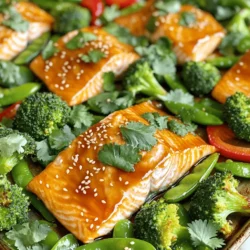 - Lachsfilets: Du benötigst 4 Lachsfilets, je etwa 170 g. Frischer Lachs hat einen tollen Geschmack und ist gesund. - Gemüseauswahl: Wähle 1 Tasse Brokkoliröschen, 1 rote Paprika in Scheiben und 1 Tasse Zuckerschoten. Diese Farben bringen Freude auf den Teller und sind nahrhaft. - Marinade-Zutaten: Für die Marinade brauchst du 2 Esslöffel Honig, 2 Esslöffel Sojasauce, 1 Esslöffel Dijon-Senf, 1 Esslöffel Olivenöl, 1 Teelöffel gehackten Knoblauch, 1 Teelöffel frischen Ingwer, Salz und Pfeffer. Diese Aromen machen das Gericht besonders lecker. - Glutenfreie Optionen: Du kannst die Sojasauce durch Kokosaminos ersetzen. Das macht das Gericht glutenfrei und lecker. - Vegetarische Anpassungen: Wenn du vegetarisch isst, ersetze den Lachs durch Tofu oder Gemüse. Achte darauf, den Tofu gut zu würzen. Heize deinen Ofen auf 200°C vor. Dies sorgt für ein gleichmäßiges Backen. Lege ein großes Backblech mit Backpapier aus. Das Backpapier verhindert, dass der Lachs und das Gemüse ankleben. So bleibt alles schön saftig. Nimm eine kleine Schüssel. Vermische 2 Esslöffel Honig, 2 Esslöffel Sojasauce, 1 Esslöffel Dijon-Senf, 1 Esslöffel Olivenöl, 1 Teelöffel gehackten Knoblauch und 1 Teelöffel geriebenen Ingwer. Füge Salz und Pfeffer nach Geschmack hinzu. Rühre alles gut um, bis die Marinade glatt ist. Eine gute Konsistenz macht es einfach, alles gleichmäßig zu bestreichen. Platziere die 4 Lachsfilets mit der Hautseite nach unten auf dem Backblech. Bestreiche jedes Filet großzügig mit der Honigglasur. In einer separaten Schüssel vermenge 1 Tasse Brokkoliröschen, 1 geschnittene rote Paprika und 1 Tasse Zuckerschoten. Füge einen Spritzer Olivenöl, Salz und Pfeffer hinzu. Ordne das gewürzte Gemüse gleichmäßig um die Lachsfilets. Backe alles im vorgeheizten Ofen für etwa 15-20 Minuten. Der Lachs sollte durchgegart sein und sich leicht mit einer Gabel zerteilen lassen. Das Gemüse bleibt zart und knusprig. Achte darauf, dass der Lachs nicht übergart, damit er saftig bleibt. Um saftigen Lachs zu erhalten, achte auf die Backzeit. Backe den Lachs nur 15 bis 20 Minuten. So bleibt er zart und lecker. Vermeide es, den Lachs zu überkochen. Überkochen macht ihn trocken. Ein gutes Zeichen ist, wenn sich das Fleisch leicht mit einer Gabel zerteilen lässt. Für unser Gericht eignen sich Brokkoli, Paprika und Zuckerschoten. Diese Gemüsesorten bleiben knackig und schmecken frisch. Du kannst auch anderes Gemüse verwenden, wie Karotten oder grüne Bohnen. Schneide das Gemüse gleichmäßig. So garen sie gleichmäßig. Mische das Gemüse vor dem Backen mit etwas Olivenöl, Salz und Pfeffer. Das bringt den Geschmack hervor. Das Anrichten ist wichtig. Platziere den Lachs in der Mitte des Tellers. Ordne das Gemüse schön darumherum an. Das sieht einladend aus. Für mehr Farbe und Geschmack streue Sesamsamen und frischen Koriander darüber. Diese Garnierungen machen das Gericht lebendig und ansprechend. {{image_4}} Asiatische Inspiration Um deinem Lachs einen asiatischen Twist zu geben, verwende Sojasauce, Honig und Sesamöl. Füge frischen Ingwer und Knoblauch hinzu. Diese Marinade verleiht dem Gericht einen tollen Geschmack. Probiere auch Limettensaft für eine frische Note. Mediterrane Geschmäcker Für einen mediterranen Flair mische Olivenöl, Zitronensaft und Kräuter wie Rosmarin oder Thymian. Diese Aromen harmonieren gut mit dem Lachs und dem Gemüse. Du wirst den Unterschied lieben! Saisonales Gemüse verwenden Nutze frisches, saisonales Gemüse wie Spargel im Frühling oder Kürbis im Herbst. Diese Gemüse sind nicht nur lecker, sondern auch nährstoffreich. Sie bringen Farbe und Geschmack auf dein Blech. Kombinationen mit anderen Gemüsesorten Du kannst auch Karotten, Zucchini oder Blumenkohl verwenden. Diese Gemüsesorten lassen sich gut in die Marinade einlegen. Sie fügen neue Texturen und Geschmäcker hinzu. Hähnchen statt Lachs Wenn du Lachs nicht magst, kannst du Hähnchenbrust verwenden. Die Zubereitung bleibt gleich. Marinade und Garzeit sind ähnlich. Das Hähnchen wird saftig und aromatisch. Tofu für eine vegane Option Für eine pflanzliche Version ist Tofu ideal. Mariniere ihn genauso wie den Lachs. Backe den Tofu bis er goldbraun ist. So erhältst du ein gesundes und schmackhaftes Gericht. Um die Reste des Gerichts frisch zu halten, lege sie in einen luftdichten Behälter. Du solltest die Reste im Kühlschrank aufbewahren. So bleiben sie bis zu drei Tage genießbar. Wenn du den Lachs aufwärmen möchtest, gehe vorsichtig vor. Stelle den Ofen auf 150°C ein. Lege den Lachs und das Gemüse auf ein Backblech. Erwärme alles für etwa 10 Minuten. So bleibt der Lachs saftig und das Gemüse knusprig. Die Reste sind im Kühlschrank bis zu drei Tage haltbar. Achte darauf, die Reste schnell zu kühlen. Lasse sie nicht länger als zwei Stunden bei Raumtemperatur stehen. Wenn du die Reste länger aufbewahren möchtest, friere sie ein. Fülle sie in einen gefrierfesten Behälter. So bleiben sie bis zu drei Monate frisch. Um die beste Qualität zu sichern, beschrifte den Behälter mit Datum. So weißt du, wann du die Reste eingefroren hast. Die Zubereitung dauert insgesamt 25 Minuten. Die Vorbereitungszeit beträgt etwa 10 Minuten. Du bereitest zuerst die Marinade und das Gemüse vor. Dann backst du alles im Ofen für 15-20 Minuten, bis der Lachs gar ist. Ja, du kannst die Marinade im Voraus machen. Mische alle Zutaten und stelle die Marinade in den Kühlschrank. So sparst du Zeit, wenn du das Gericht zubereitest. Sie bleibt frisch und lecker für bis zu drei Tage. Zu diesem Gericht passen viele Beilagen. Du kannst Reis oder Quinoa servieren. Auch ein frischer Salat ist eine gute Wahl. Kartoffeln oder gebratenes Gemüse ergänzen das Gericht ebenfalls gut. Ja, dieses Rezept ist sehr gesund. Lachs ist reich an Omega-3-Fettsäuren. Diese sind gut für das Herz. Das Gemüse bringt Vitamine und Ballaststoffe. Die Marinade enthält weniger Zucker und ist fettarm. Es ist eine ausgewogene Mahlzeit. Zusammenfassung: Dieses Rezept bietet dir einfache Schritte zur Zubereitung von Lachs mit Gemüse. Du lernst die Hauptzutaten und ihre Alternativen kennen. Die Schritt-für-Schritt-Anleitung macht das Kochen leicht. Zusätzliche Tipps helfen dir, den perfekten Lachs und das beste Gemüse zu garen. Abschließend, experimentiere mit verschiedenen Marinaden und Gemüsearten. So bleibt dein Gericht spannend und lecker. Halte dir auch die Aufbewahrungshinweise vor Augen, um keine Reste zu verschwenden. Viel Spaß beim Kochen!
