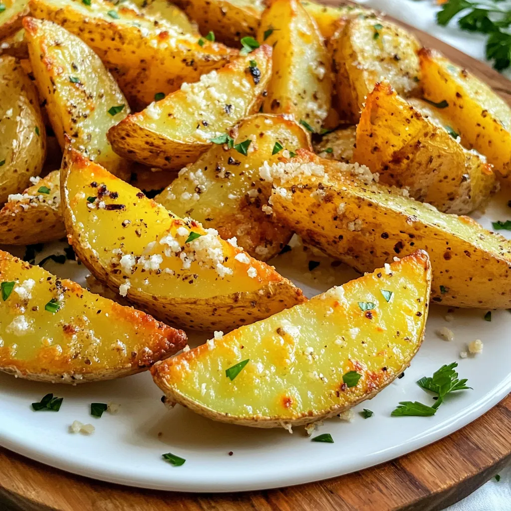 - 4 mittelgroße Russet-Kartoffeln - 4 Esslöffel Olivenöl - ½ Tasse geriebener Parmesan-Käse - 4 Knoblauchzehen, fein gehackt - 1 Teelöffel Knoblauchpulver - 1 Teelöffel Zwiebelpulver - 1 Teelöffel Paprika - 1 Teelöffel getrockneter Oregano - Salz und Pfeffer nach Geschmack - Frische Petersilie zur Garnierung Die Hauptzutaten sind einfach und frisch. Russet-Kartoffeln sind ideal, da sie viel Stärke haben. Diese Stärke macht die Wedges knusprig. Das Olivenöl sorgt dafür, dass die Gewürze gut haften. Parmesan verleiht den Wedges einen tollen Geschmack. Wir verwenden auch viele Gewürze. Der frische Knoblauch bringt viel Aroma. Knoblauchpulver und Zwiebelpulver sind ebenfalls wichtig. Sie geben den Wedges einen reichhaltigen Geschmack. Paprika bringt eine leichte Süße und Farbe. Oregano fügt eine italienische Note hinzu. Denke daran, Salz und Pfeffer nach Geschmack hinzuzufügen. So kannst du die Wedges perfekt abschmecken. Die frische Petersilie ist das i-Tüpfelchen. Sie sieht nicht nur gut aus, sondern bringt auch Frische ins Gericht. Mit diesen Zutaten bist du bereit, die knusprigen Air Fryer Garlic Parmesan Potato Wedges zu machen. Jeder Schritt ist einfach und macht Spaß. Du wirst die knusprigen Wedges lieben! Zuerst spülen Sie die Kartoffeln unter kaltem Wasser ab. Schrubben Sie sie gut, um Schmutz und Rückstände zu entfernen. Schneiden Sie jede Kartoffel in gleichmäßige Wedges. So garen sie gleichmäßig und werden schön knusprig. Legen Sie die Kartoffelspalten in eine Schüssel mit kaltem Wasser. Lassen Sie sie dort für 30 Minuten einweichen. Dieses Einweichen entfernt überschüssige Stärke und macht die Wedges knuspriger. Nach dem Einweichen, lassen Sie die Wedges abtropfen und tupfen Sie sie mit einem Handtuch trocken. In einer großen Rührschüssel mischen Sie das Olivenöl, den fein gehackten Knoblauch, das Knoblauchpulver, Zwiebelpulver, Paprika, Salz und Pfeffer. Rühren Sie alles gut durch. Fügen Sie dann den getrockneten Oregano und den geriebenen Parmesan hinzu. Vermengen Sie alles gründlich. Heizen Sie den Air Fryer auf 200°C vor. Das dauert etwa 5 Minuten. Ordnen Sie die Kartoffelspalten im Korb in einer einzelnen Schicht an. Achten Sie darauf, dass sie sich nicht überlappen. Garen Sie die Wedges für 15-20 Minuten. Wenden Sie sie nach der Hälfte der Garzeit, bis sie goldbraun und knusprig sind. - Einweichen der Kartoffeln: Das Einweichen der Kartoffelspalten ist wichtig. Legen Sie die geschnittenen Wedges in kaltes Wasser für 30 Minuten. Dies entfernt überschüssige Stärke. Die Kartoffeln werden so knuspriger. - Richtige Temperatur und Garzeit: Heizen Sie den Air Fryer auf 200°C vor. Garen Sie die Wedges 15 bis 20 Minuten lang. Wenden Sie sie nach der Hälfte der Zeit. So werden sie gleichmäßig knusprig und goldbraun. - Beilagen und Dips für Kartoffelspalten: Diese Wedges passen gut zu vielen Dips. Marinara-Sauce oder Knoblauch-Aioli sind tolle Optionen. Servieren Sie auch einen frischen Salat dazu. So wird das Gericht noch bunter. - Präsentationstipps für ansprechendes Servieren: Um die Wedges schön zu präsentieren, legen Sie sie auf eine rustikale Holzplatte. Fügen Sie frische Petersilie als Garnierung hinzu. Das sieht nicht nur gut aus, sondern schmeckt auch besser. {{image_4}} Für meine knusprigen Wedges kann ich verschiedene Käsesorten nutzen. Cheddar bringt einen kräftigen Geschmack. Mozzarella macht die Wedges schön cremig und zieht beim Essen. Wenn du eine vegane Option suchst, gibt es tolle pflanzliche Käsesorten. Viele davon schmelzen gut und geben einen leckeren Geschmack. Probiere einfach, was dir am besten gefällt! Die Gewürze machen die Wedges spannend. Ich experimentiere oft mit verschiedenen Kräutern. Rosmarin oder Thymian passen gut zu den Kartoffeln. Für einen scharfen Kick füge etwas Chili-Pulver hinzu. Du kannst die Menge anpassen, je nach deinem Geschmack. Das gibt den Wedges eine tolle Note! Lagern Sie die gekochten Kartoffelwedges kühl und in einem luftdichten Behälter. So bleiben sie frisch. Die Haltbarkeit beträgt etwa 3 bis 5 Tage. Achten Sie darauf, dass die Wedges vollständig abgekühlt sind, bevor Sie sie einlagern. Dies verhindert, dass sich Feuchtigkeit bildet, die die Wedges matschig macht. Um die Reste wieder aufzuwärmen, nutzen Sie am besten den Air Fryer. Stellen Sie ihn auf 180°C (350°F) ein. Legen Sie die Wedges in eine einzige Schicht hinein und erhitzen Sie sie für 5 bis 7 Minuten. So werden sie wieder knusprig. Alternativ können Sie auch eine Pfanne nutzen. Erhitzen Sie etwas Öl und braten Sie die Wedges bei mittlerer Hitze, bis sie warm sind. Die Garzeit für Kartoffelwedges im Air Fryer beträgt etwa 15 bis 20 Minuten. Ich empfehle, die Wedges nach 10 Minuten zu wenden. So garen sie gleichmäßig und werden schön knusprig. Die genaue Zeit kann je nach Dicke der Wedges variieren. Überprüfe sie einfach nach 15 Minuten. Sie sollten goldbraun und knusprig sein. Ja, du kannst frische Kartoffeln verwenden. Frische Kartoffeln haben einen tollen Geschmack. Sie enthalten auch mehr Nährstoffe. Der Nachteil ist, dass sie mehr Vorbereitung benötigen. Du musst sie gut waschen und schneiden. Vorher einweichen ist wichtig, um die Knusprigkeit zu erhöhen. Vorgekochte Kartoffeln sind schneller bereit, aber frische sind oft besser im Geschmack. Um die Wedges gesünder zu machen, reduziere das Öl. Du kannst auch die Menge an Parmesan verringern. Füge mehr Gemüse hinzu, wie Zucchini oder Karotten. Diese Gemüse werden ähnlich zubereitet und bringen Farbe auf den Teller. Du kannst auch Gewürze anstelle von Käse verwenden, um den Geschmack zu variieren. Die schmackhaften Kartoffelwedges sind einfach zu machen. Wir haben die Hauptzutaten wie Kartoffeln, Olivenöl und Parmesan besprochen. Auch die Schritte zum Vorbereiten und Garen der Wedges waren wichtig. Wenn Sie ein paar Tipps für extra Knusprigkeit und Variationen befolgen, werden Ihre Wedges toll schmecken. Denken Sie daran, dass die richtigen Lager- und Erwärmungsmethoden die Qualität bewahren. Genießen Sie Ihre leckeren Kartoffelwedges mit Dips und frischen Kräutern!