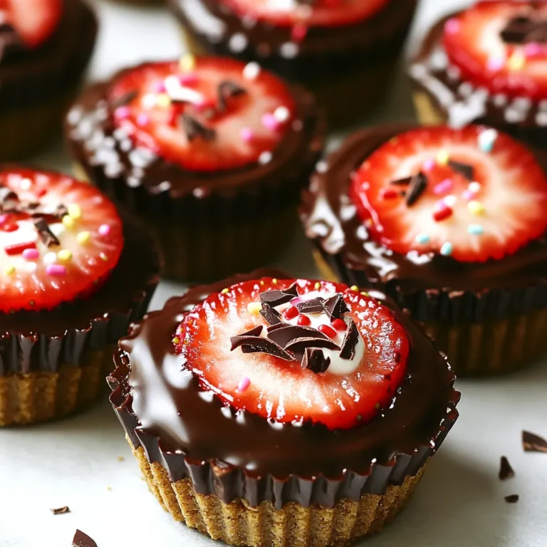 Um die No-Bake Chocolate Covered Strawberry Cups zuzubereiten, brauchst du folgende Zutaten: - 1 Tasse Graham-Cracker-Brösel - 4 Esslöffel ungesalzene Butter, geschmolzen - 2 Esslöffel Zucker - 1 Tasse Zartbitterschokoladenstückchen - 1 Tasse frische Erdbeeren, entstielt und halbiert - 1/2 Tasse Frischkäse (auf Raumtemperatur) - 2 Esslöffel Honig - Eine Prise Salz - Schokoladenspäne oder Streusel zum Garnieren (optional) Diese Zutaten sind leicht zu finden und machen das Rezept einfach. Die Graham-Cracker-Brösel geben der Kruste einen tollen Crunch. Die geschmolzene Butter hilft, alles zusammenzuhalten. Zucker fügt die nötige Süße hinzu. Die Zartbitterschokoladenstückchen sind der Star dieses Rezepts. Sie sorgen für den schokoladigen Geschmack. Frische Erdbeeren bringen Frische und Farbe ins Spiel. Frischkäse macht die Füllung cremig und lecker. Honig fügt eine sanfte Süße hinzu, während das Salz den Geschmack hebt. Optional kannst du Schokoladenspäne oder Streusel für das Finish nutzen. Diese verleihen den Schalen das besondere Etwas. Mit dieser Zutatenliste bist du bestens gerüstet, um ein köstliches Dessert zu zaubern. Um die Kruste zu machen, nehme eine Rührschüssel. Dort vermenge ich die Graham-Cracker-Brösel mit der geschmolzenen Butter und dem Zucker. Die Mischung sollte wie feuchter Sand aussehen. Jetzt teile ich die Bröselmischung gleichmäßig auf 6 Muffinformen auf. Drucke die Mischung mit meinen Fingern oder einem Löffel fest an. So entsteht eine feste Kruste am Boden jeder Form. Danach stelle ich die Förmchen in den Kühlschrank, während ich die Füllung vorbereite. Jetzt schmelze ich die Zartbitterschokoladenstückchen. Ich benutze eine mikrowellenfeste Schüssel. Die Schokolade schmelze ich in 30-Sekunden-Intervallen und rühre zwischendurch um. Wenn die Schokolade glatt ist, lasse ich sie kurz abkühlen. In einer anderen Schüssel vermenge ich den Frischkäse, den Honig und eine Prise Salz. Ich rühre alles gut, bis es cremig und glatt ist. Jetzt wird es spannend! Ich verteile die Frischkäsemischung gleichmäßig über die gekühlten Krusten. Die Oberseiten gleiche ich mit einem Spatel oder Löffel aus. Dann lege ich die halbierten Erdbeeren gleichmäßig oben auf die Frischkäse-Schicht. Ich gebe die geschmolzene Schokolade großzügig über die Erdbeeren. Die Schokolade sollte gleichmäßig verteilt sein. Nach dem Zusammenstellen stelle ich die Schalen für mindestens 30 Minuten in den Kühlschrank, damit sie fest werden. Vor dem Servieren nehme ich sie aus der Muffinform und ziehe die Förmchen vorsichtig ab. Um die Schokolade perfekt zu schmelzen, benutze eine mikrowellenfeste Schüssel. Stelle die Mikrowelle auf mittlere Leistung. Schmelze die Schokoladenstückchen in 30-Sekunden-Intervallen. Rühre die Schokolade nach jedem Intervall um. So vermeidest du Klumpen und bekommst eine glatte Konsistenz. Wenn die Schokolade fast geschmolzen ist, lasse sie kurz abkühlen. So bleibt sie glänzend und läuft nicht von den Erdbeeren. Wenn du keinen Frischkäse magst, kannst du Mascarpone oder griechischen Joghurt verwenden. Beide Optionen sind cremig und lecker. Mascarpone gibt einen reichen Geschmack, während griechischer Joghurt etwas leichter ist. Diese Alternativen machen die Schalen gesünder, ohne den Genuss zu schmälern. Für ein hübsches Finish kannst du Schokoladenspäne oder bunte Streusel verwenden. Diese Dekorationen bringen Farbe und Textur auf die Schalen. Auch gehackte Nüsse oder Kokosraspeln sind tolle Optionen. Experimentiere mit verschiedenen Toppings, um dein persönliches Highlight zu setzen. {{image_4}} Du kannst die Erdbeeren in den Schalen leicht ersetzen. Andere Beeren wie Himbeeren, Blaubeeren oder Brombeeren passen gut. Diese Früchte sind süß und geben einen frischen Geschmack. Du kannst auch geschnittene Bananen oder Kiwi verwenden. So bekommst du eine bunte Mischung. Um den Geschmack zu ändern, füge Aromen hinzu. Vanille passt gut zur Füllung. Eine kleine Menge Zimt kann einen warmen, süßen Geschmack verleihen. Du kannst auch einen Spritzer Zitronensaft verwenden. So wird alles frischer und lebendiger im Geschmack. Für eine vegane Version kannst du einfache Alternativen nutzen. Ersetze die Butter durch Kokosöl. Statt Frischkäse nimmst du pflanzlichen Frischkäse oder eine Banane. Die Schokolade sollte vegan sein, also achte darauf, dass sie keine Milch enthält. So kannst du die Schalen auch ohne tierische Produkte genießen. Bewahrt die Schalen im Kühlschrank auf. Sie halten sich am besten in einem luftdichten Behälter. So bleiben sie frisch und lecker. Stellt den Behälter in die kälteste Zone des Kühlschranks. So verhindert ihr, dass die Schokolade schmilzt. Es ist wichtig, sie vor Gerüchen zu schützen. Die Schalen sind frisch für etwa 3 Tage. Nach dieser Zeit können die Erdbeeren weich werden. Wenn ihr die Schalen länger aufbewahrt, verlieren sie ihren besten Geschmack. Es ist am besten, sie schnell zu genießen. So bleibt der Genuss am höchsten. Ihr könnt die Schalen auch einfrieren. Das geht ganz einfach. Legt sie zuerst in den Kühlschrank, bis sie fest sind. Dann packt sie in einen gefrierfesten Behälter. So bleiben sie bis zu einem Monat haltbar. Zum Auftauen stellt die Schalen einfach in den Kühlschrank. So bleiben sie lecker und frisch. Vermeidet das Auftauen in der Mikrowelle, das macht die Schokolade weich. Die Zubereitung dauert etwa 20 Minuten. Dabei ist die Kühlzeit etwa 40 Minuten. Du bereitest die Krusten und die Füllung schnell vor. Dann stellst du alles für mindestens 30 Minuten in den Kühlschrank, damit es fest wird. Ja, du kannst die Schalen im Voraus zubereiten. Bereite sie einfach einen Tag vorher zu. Lagere sie im Kühlschrank, bis du sie brauchst. Das sorgt dafür, dass sie frisch bleiben. Wenn du keine Graham-Cracker hast, gibt es viele Alternativen. Du kannst zerbröselte Kekse oder Haferflocken nehmen. Auch zermahlene Mandeln oder andere Nüsse sind eine gute Wahl. Wähle, was dir am besten schmeckt! Ihr perfektes Dessert wartet! Diese No-Bake Chocolate Covered Strawberry Cups sind einfach und lecker. Wir haben die Zutaten, die Schritt-für-Schritt-Anleitung und viele Tipps geteilt. Variieren Sie die Früchte und Aromen nach Ihrem Geschmack. Denken Sie daran, sie richtig zu kühlen, damit sie frisch bleiben. Genießen Sie Ihr köstliches Dessert und seien Sie kreativ mit den Garnierungen!