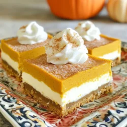 Für die Füllung brauchst du einige wichtige Zutaten. Diese bringen den vollen Kürbisgeschmack. Hier sind die Hauptzutaten: - 8 oz Frischkäse, weich - 1 Tasse Kürbispüree - 1/2 Tasse brauner Zucker - 2 große Eier - 1 Teelöffel Vanilleextrakt - 1/2 Teelöffel Muskatnuss - 1/4 Teelöffel Salz Der Frischkäse gibt der Füllung eine cremige Textur. Das Kürbispüree sorgt für den tollen Geschmack. Der braune Zucker macht die Mischung süß und verführerisch. Der Boden ist der erste Teil dieser leckeren Riegel. Er hält alles zusammen und bietet einen schönen Kontrast zur Füllung. Hier sind die Zutaten: - 1 Tasse Graham-Cracker-Brösel - 1/2 Tasse ungesalzene Butter, geschmolzen - 1/4 Tasse Kristallzucker - 2 Teelöffel Zimt, geteilt Die Graham-Cracker-Brösel bilden die Basis. Die geschmolzene Butter hilft, die Brösel zusammenzukleben. Der Zimt bringt zusätzliches Aroma. Das Churro-Topping macht die Riegel besonders. Es gibt ihnen einen süßen, knusprigen Abschluss. Für das Topping benötigst du: - 1 Esslöffel Zimt - 1/4 Tasse Zucker Diese Mischung streust du oben auf die Riegel, wenn sie abgekühlt sind. So bekommst du den klassischen Churro-Geschmack, der jedem schmeckt. Heize den Ofen auf 175°C vor. Nimm eine 9x9-Zoll Backform und fette sie gut ein. Lege Backpapier in die Form, sodass es über den Rand hängt. Das hilft später, die Riegel herauszunehmen. Nimm eine mittlere Schüssel und vermenge die Graham-Cracker-Brösel, die geschmolzene Butter, den Kristallzucker und 1 Teelöffel Zimt. Rühre die Mischung gut durch. Drücke die Brösel fest auf den Boden der Backform. Backe sie im vorgeheizten Ofen für 8-10 Minuten, bis sie leicht goldbraun sind. Lass den Boden danach kurz abkühlen. In einer großen Rührschüssel schlage den Frischkäse mit einem elektrischen Mixer cremig. Füge das Kürbispüree, den braunen Zucker, die Eier, das Vanilleextrakt, die Muskatnuss und das Salz hinzu. Mische alles, bis die Füllung glatt und gut kombiniert ist. Gieße die Mischung gleichmäßig über den abgekühlten Boden und streiche sie glatt. Backe die Füllung für 30-35 Minuten. Achte darauf, dass die Ränder fest sind. Die Mitte sollte noch leicht wackelig bleiben. Das gibt der Füllung die perfekte Textur. Während die Riegel backen, mache das Churro-Topping. Mische den verbleibenden 1 Esslöffel Zimt mit 1/4 Tasse Zucker in einer kleinen Schüssel. Das gibt den Riegeln einen süßen und würzigen Geschmack. Nimm die Riegel nach dem Backen aus dem Ofen. Lass sie bei Zimmertemperatur in der Form abkühlen. Wenn sie abgekühlt sind, streue das Churro-Topping gleichmäßig darüber. Stelle die Riegel für mindestens 2 Stunden in den Kühlschrank. Danach hebe die Riegel mit dem Backpapier aus der Form und schneide sie in Quadrate. Du kannst die Riegel schön auf einem Teller anrichten und mit etwas Zimt bestäuben. Ein Klecks Schlagsahne macht sie noch besser! Um die perfekte Konsistenz zu erreichen, mische den Frischkäse gut. Er sollte weich und glatt sein. Vermeide Klumpen, denn sie können die Textur stören. Nach dem Mischen füge das Kürbispüree langsam hinzu. So bleibt die Füllung cremig und luftig. Achte darauf, die Eier einzeln hinzuzufügen. So vermischt sich alles gleichmäßig. Backe die Riegel nicht zu lange. Die Mitte darf leicht wackelig sein. Sie wird beim Abkühlen fest. Ein knuspriger Boden ist wichtig für den Geschmack. Mische die Graham-Cracker-Brösel mit geschmolzener Butter gut. Drücke die Mischung fest in die Backform. So bleibt sie beim Backen zusammen. Backe den Boden, bis er goldbraun ist. Dies bringt den besten Geschmack. Lass ihn dann kurz abkühlen, bevor du die Füllung hinzufügst. Präsentiere die Käsekuchenriegel auf einem schönen Teller. Bestäube sie leicht mit Zimt für einen tollen Look. Ein Klecks Schlagsahne macht sie noch leckerer. Du kannst auch gehackte Nüsse oder Schokoladensplitter hinzufügen. Diese sorgen für einen tollen Kontrast. Verwende frische Minzblätter für einen frischen Look. Diese einfachen Schritte machen deine Riegel zum Blickfang. {{image_4}} Für eine glutenfreie Version brauchst du glutenfreie Graham-Cracker. Diese sind oft in Läden erhältlich. Du kannst auch Haferkekse verwenden, die glutenfrei sind. Sie geben einen tollen Geschmack. Achte darauf, dass alle anderen Zutaten ebenfalls glutenfrei sind. So kannst du die Riegel ohne Sorge genießen. Um eine vegane Variante zu machen, ersetze die Eier durch Apfelmus oder Leinsamen. Mische 1 Esslöffel Leinsamen mit 3 Esslöffeln Wasser. Lass es einige Minuten stehen, bis es dick wird. Verwende dann pflanzlichen Frischkäse. Du kannst auch Kokosmilch für die Füllung nutzen. So bleibt der Geschmack lecker und cremig. Experimentiere mit anderen Aromen! Probiere Süßkartoffeln statt Kürbis. Das gibt einen anderen, aber ebenso tollen Geschmack. Du kannst auch Nüsse hinzufügen, wie gehackte Pekannüsse. Ein Hauch von Karamell oder Schokoladensauce kann die Riegel aufpeppen. Lass deiner Kreativität freien Lauf und finde deine Lieblingskombination! Wenn du die Kürbis Churro Käsekuchen Riegel aufbewahren möchtest, lege sie in einen luftdichten Behälter. Das hilft, die Frische zu bewahren und die Riegel vor dem Austrocknen zu schützen. Du kannst auch Backpapier zwischen die Riegel legen, damit sie nicht zusammenkleben. Achte darauf, den Behälter an einem kühlen Ort zu lagern. Die Riegel bleiben im Kühlschrank bis zu einer Woche frisch. Wenn du sie in einem luftdichten Behälter aufbewahrst, bleibt der Geschmack erhalten. Vor dem Essen kannst du sie leicht auf Zimmertemperatur bringen, um den köstlichen Geschmack zu genießen. Wenn du die Riegel länger aufbewahren möchtest, kannst du sie einfrieren. Schneide die Riegel in Stücke und wickle sie einzeln in Frischhaltefolie. Lege sie dann in einen gefrierfesten Behälter. So bleiben sie bis zu drei Monate haltbar. Zum Auftauen nimm die Riegel einfach aus dem Gefrierfach und lasse sie über Nacht im Kühlschrank auftauen. So bleiben sie lecker und frisch. Die Riegel halten sich im Kühlschrank bis zu einer Woche. Bewahre sie in einem luftdichten Behälter auf. So bleiben sie frisch und lecker. Ja, du kannst auch Hokkaido-Kürbis oder Butternut-Kürbis verwenden. Püriere sie gut, bevor du sie in die Mischung gibst. Das sorgt für einen ähnlichen Geschmack. Für Frischkäse kannst du griechischen Joghurt oder Cashewcreme nutzen. Beide Optionen geben der Füllung eine tolle Konsistenz und Geschmack. Lass die Riegel zuerst im Kühlschrank auftauen. Danach kannst du sie bei 160°C für etwa 10 Minuten im Ofen aufwärmen. So bleiben sie weich und lecker. Die Riegel sind nicht glutenfrei, da wir Graham-Cracker verwenden. Du kannst glutenfreie Kekse als Grundlage nutzen, um diese Riegel glutenfrei zu machen. Der Artikel erklärt alle Schritte, um leckere Käsekuchenriegel herzustellen. Wir haben die Hauptzutaten, die Zubereitung und die Lagerung detailliert besprochen. Diese Riegel sind leicht, lecker und vielfältig. Probieren Sie die Variationen und Tipps aus, um Ihren perfekten Käsekuchen zu gestalten. Denken Sie an die Lagerung, damit sie frisch bleiben. Mit diesen Informationen sind Sie gut vorbereitet, um leckere Riegel zu backen und zu genießen. Viel Spaß beim Ausprobieren!