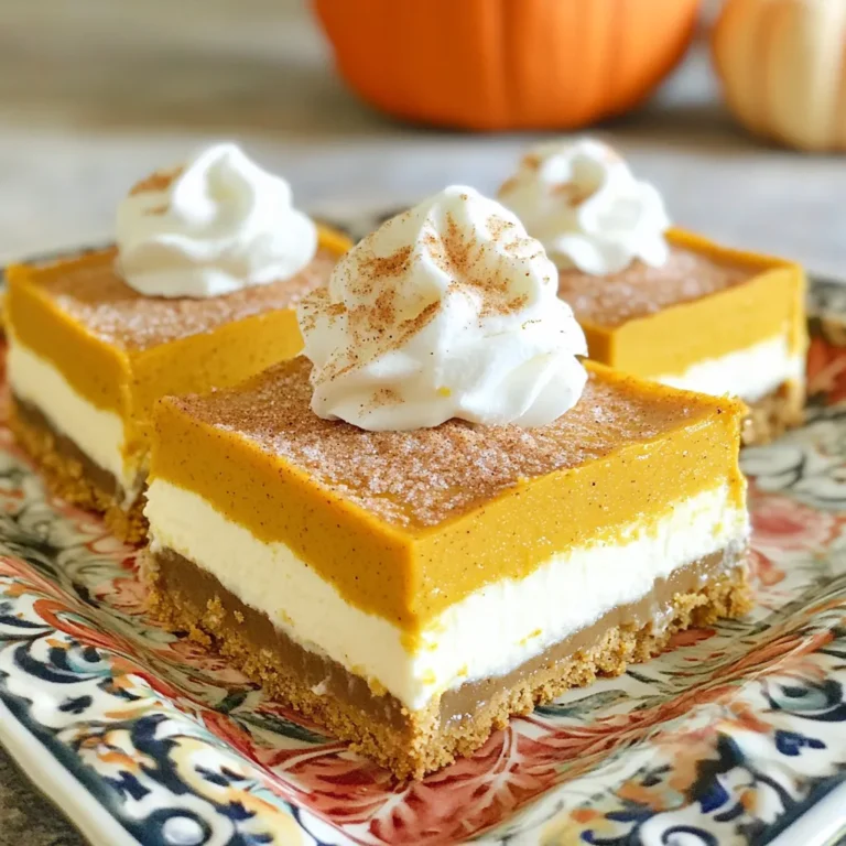 Für die Füllung brauchst du einige wichtige Zutaten. Diese bringen den vollen Kürbisgeschmack. Hier sind die Hauptzutaten: - 8 oz Frischkäse, weich - 1 Tasse Kürbispüree - 1/2 Tasse brauner Zucker - 2 große Eier - 1 Teelöffel Vanilleextrakt - 1/2 Teelöffel Muskatnuss - 1/4 Teelöffel Salz Der Frischkäse gibt der Füllung eine cremige Textur. Das Kürbispüree sorgt für den tollen Geschmack. Der braune Zucker macht die Mischung süß und verführerisch. Der Boden ist der erste Teil dieser leckeren Riegel. Er hält alles zusammen und bietet einen schönen Kontrast zur Füllung. Hier sind die Zutaten: - 1 Tasse Graham-Cracker-Brösel - 1/2 Tasse ungesalzene Butter, geschmolzen - 1/4 Tasse Kristallzucker - 2 Teelöffel Zimt, geteilt Die Graham-Cracker-Brösel bilden die Basis. Die geschmolzene Butter hilft, die Brösel zusammenzukleben. Der Zimt bringt zusätzliches Aroma. Das Churro-Topping macht die Riegel besonders. Es gibt ihnen einen süßen, knusprigen Abschluss. Für das Topping benötigst du: - 1 Esslöffel Zimt - 1/4 Tasse Zucker Diese Mischung streust du oben auf die Riegel, wenn sie abgekühlt sind. So bekommst du den klassischen Churro-Geschmack, der jedem schmeckt. Heize den Ofen auf 175°C vor. Nimm eine 9x9-Zoll Backform und fette sie gut ein. Lege Backpapier in die Form, sodass es über den Rand hängt. Das hilft später, die Riegel herauszunehmen. Nimm eine mittlere Schüssel und vermenge die Graham-Cracker-Brösel, die geschmolzene Butter, den Kristallzucker und 1 Teelöffel Zimt. Rühre die Mischung gut durch. Drücke die Brösel fest auf den Boden der Backform. Backe sie im vorgeheizten Ofen für 8-10 Minuten, bis sie leicht goldbraun sind. Lass den Boden danach kurz abkühlen. In einer großen Rührschüssel schlage den Frischkäse mit einem elektrischen Mixer cremig. Füge das Kürbispüree, den braunen Zucker, die Eier, das Vanilleextrakt, die Muskatnuss und das Salz hinzu. Mische alles, bis die Füllung glatt und gut kombiniert ist. Gieße die Mischung gleichmäßig über den abgekühlten Boden und streiche sie glatt. Backe die Füllung für 30-35 Minuten. Achte darauf, dass die Ränder fest sind. Die Mitte sollte noch leicht wackelig bleiben. Das gibt der Füllung die perfekte Textur. Während die Riegel backen, mache das Churro-Topping. Mische den verbleibenden 1 Esslöffel Zimt mit 1/4 Tasse Zucker in einer kleinen Schüssel. Das gibt den Riegeln einen süßen und würzigen Geschmack. Nimm die Riegel nach dem Backen aus dem Ofen. Lass sie bei Zimmertemperatur in der Form abkühlen. Wenn sie abgekühlt sind, streue das Churro-Topping gleichmäßig darüber. Stelle die Riegel für mindestens 2 Stunden in den Kühlschrank. Danach hebe die Riegel mit dem Backpapier aus der Form und schneide sie in Quadrate. Du kannst die Riegel schön auf einem Teller anrichten und mit etwas Zimt bestäuben. Ein Klecks Schlagsahne macht sie noch besser! Um die perfekte Konsistenz zu erreichen, mische den Frischkäse gut. Er sollte weich und glatt sein. Vermeide Klumpen, denn sie können die Textur stören. Nach dem Mischen füge das Kürbispüree langsam hinzu. So bleibt die Füllung cremig und luftig. Achte darauf, die Eier einzeln hinzuzufügen. So vermischt sich alles gleichmäßig. Backe die Riegel nicht zu lange. Die Mitte darf leicht wackelig sein. Sie wird beim Abkühlen fest. Ein knuspriger Boden ist wichtig für den Geschmack. Mische die Graham-Cracker-Brösel mit geschmolzener Butter gut. Drücke die Mischung fest in die Backform. So bleibt sie beim Backen zusammen. Backe den Boden, bis er goldbraun ist. Dies bringt den besten Geschmack. Lass ihn dann kurz abkühlen, bevor du die Füllung hinzufügst. Präsentiere die Käsekuchenriegel auf einem schönen Teller. Bestäube sie leicht mit Zimt für einen tollen Look. Ein Klecks Schlagsahne macht sie noch leckerer. Du kannst auch gehackte Nüsse oder Schokoladensplitter hinzufügen. Diese sorgen für einen tollen Kontrast. Verwende frische Minzblätter für einen frischen Look. Diese einfachen Schritte machen deine Riegel zum Blickfang. {{image_4}} Für eine glutenfreie Version brauchst du glutenfreie Graham-Cracker. Diese sind oft in Läden erhältlich. Du kannst auch Haferkekse verwenden, die glutenfrei sind. Sie geben einen tollen Geschmack. Achte darauf, dass alle anderen Zutaten ebenfalls glutenfrei sind. So kannst du die Riegel ohne Sorge genießen. Um eine vegane Variante zu machen, ersetze die Eier durch Apfelmus oder Leinsamen. Mische 1 Esslöffel Leinsamen mit 3 Esslöffeln Wasser. Lass es einige Minuten stehen, bis es dick wird. Verwende dann pflanzlichen Frischkäse. Du kannst auch Kokosmilch für die Füllung nutzen. So bleibt der Geschmack lecker und cremig. Experimentiere mit anderen Aromen! Probiere Süßkartoffeln statt Kürbis. Das gibt einen anderen, aber ebenso tollen Geschmack. Du kannst auch Nüsse hinzufügen, wie gehackte Pekannüsse. Ein Hauch von Karamell oder Schokoladensauce kann die Riegel aufpeppen. Lass deiner Kreativität freien Lauf und finde deine Lieblingskombination! Wenn du die Kürbis Churro Käsekuchen Riegel aufbewahren möchtest, lege sie in einen luftdichten Behälter. Das hilft, die Frische zu bewahren und die Riegel vor dem Austrocknen zu schützen. Du kannst auch Backpapier zwischen die Riegel legen, damit sie nicht zusammenkleben. Achte darauf, den Behälter an einem kühlen Ort zu lagern. Die Riegel bleiben im Kühlschrank bis zu einer Woche frisch. Wenn du sie in einem luftdichten Behälter aufbewahrst, bleibt der Geschmack erhalten. Vor dem Essen kannst du sie leicht auf Zimmertemperatur bringen, um den köstlichen Geschmack zu genießen. Wenn du die Riegel länger aufbewahren möchtest, kannst du sie einfrieren. Schneide die Riegel in Stücke und wickle sie einzeln in Frischhaltefolie. Lege sie dann in einen gefrierfesten Behälter. So bleiben sie bis zu drei Monate haltbar. Zum Auftauen nimm die Riegel einfach aus dem Gefrierfach und lasse sie über Nacht im Kühlschrank auftauen. So bleiben sie lecker und frisch. Die Riegel halten sich im Kühlschrank bis zu einer Woche. Bewahre sie in einem luftdichten Behälter auf. So bleiben sie frisch und lecker. Ja, du kannst auch Hokkaido-Kürbis oder Butternut-Kürbis verwenden. Püriere sie gut, bevor du sie in die Mischung gibst. Das sorgt für einen ähnlichen Geschmack. Für Frischkäse kannst du griechischen Joghurt oder Cashewcreme nutzen. Beide Optionen geben der Füllung eine tolle Konsistenz und Geschmack. Lass die Riegel zuerst im Kühlschrank auftauen. Danach kannst du sie bei 160°C für etwa 10 Minuten im Ofen aufwärmen. So bleiben sie weich und lecker. Die Riegel sind nicht glutenfrei, da wir Graham-Cracker verwenden. Du kannst glutenfreie Kekse als Grundlage nutzen, um diese Riegel glutenfrei zu machen. Der Artikel erklärt alle Schritte, um leckere Käsekuchenriegel herzustellen. Wir haben die Hauptzutaten, die Zubereitung und die Lagerung detailliert besprochen. Diese Riegel sind leicht, lecker und vielfältig. Probieren Sie die Variationen und Tipps aus, um Ihren perfekten Käsekuchen zu gestalten. Denken Sie an die Lagerung, damit sie frisch bleiben. Mit diesen Informationen sind Sie gut vorbereitet, um leckere Riegel zu backen und zu genießen. Viel Spaß beim Ausprobieren!