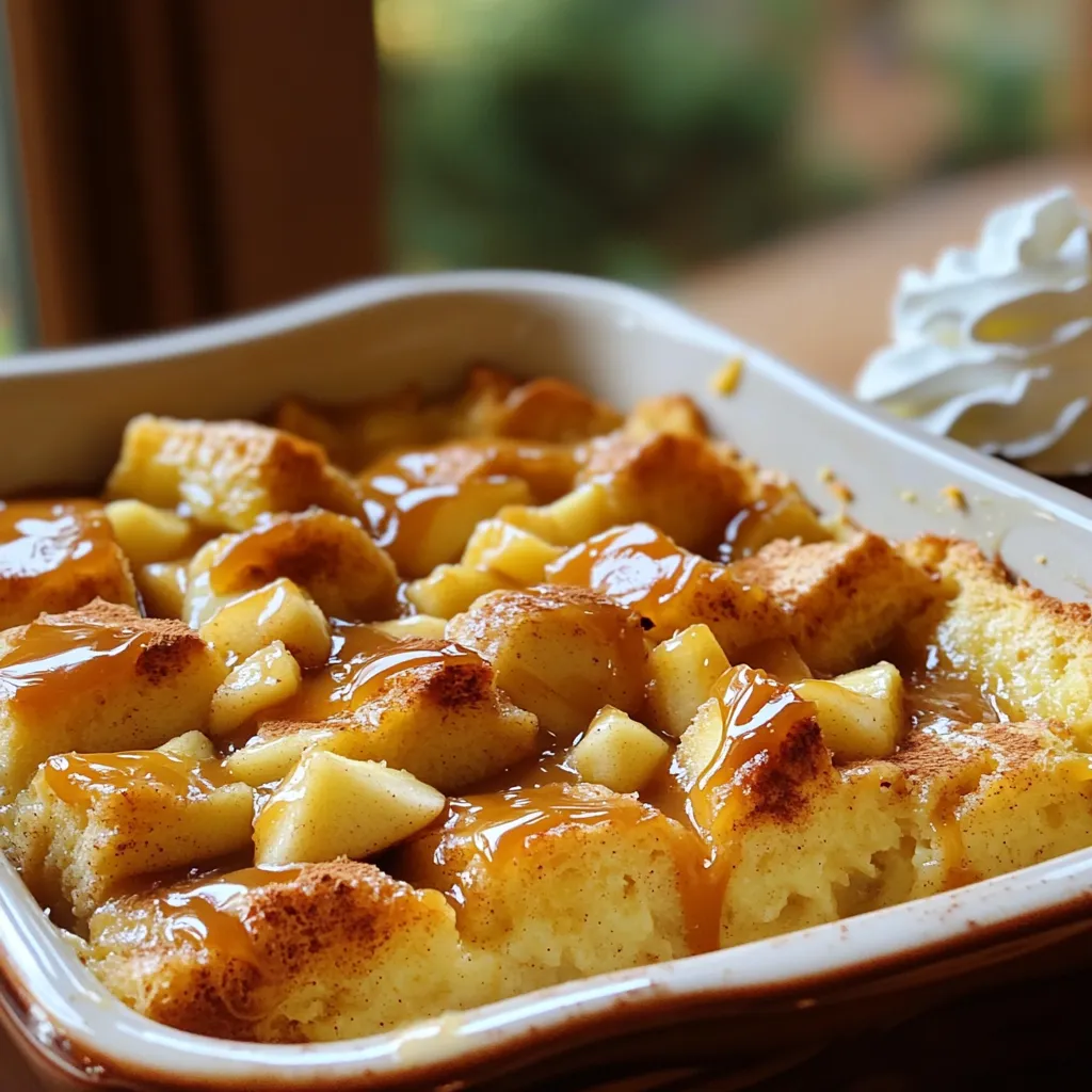 Für den Karamell-Apfel-Brotpudding benötigst du folgende Zutaten: - 4 Tassen altes Brioche oder Challah-Brot, in Stücke gerissen - 3 mittelgroße Äpfel, geschält und gewürfelt (Granny Smith oder Honeycrisp) - 4 große Eier - 2 Tassen Vollmilch - 1 Tasse Sahne - 1 Tasse brauner Zucker - 1 Teelöffel Vanilleextrakt - 1 Teelöffel Zimt - ½ Teelöffel Muskatnuss - Prise Salz - 1 Tasse Karamellsauce (gekauft oder selbstgemacht) - Zusätzliche Karamellsauce zum Beträufeln (optional) - Schlagsahne zum Servieren (optional) Die Wahl der Äpfel ist wichtig. Granny Smith Äpfel sind sauer und bieten einen tollen Kontrast zur Süße des Puddings. Sie halten auch gut beim Backen. Honeycrisp hingegen sind süßer und saftiger. Sie bringen ein tolles Aroma. Du kannst auch beide Sorten mischen. So erhältst du die perfekte Balance von Geschmack. Brioche ist weich und buttrig. Es macht den Pudding reichhaltig und lecker. Challah hat eine leichte Süße und eine feste Kruste. Es hält die Form besser und sorgt für Struktur. Wenn du etwas mehr Geschmack willst, wähle Brioche. Für eine festere Textur nutze Challah. Beide Sorten sind toll, also entscheide nach deinem Geschmack. Heizen Sie Ihren Ofen auf 175°C vor. Dies sorgt für eine gleichmäßige Hitze. Fetten Sie ein 9x13 Zoll großes Backblech mit Butter oder Kochspray ein. So bleibt der Pudding nicht kleben. Diese Schritte sind wichtig, um sicherzustellen, dass Ihr Brot gut backt. Nehmen Sie eine große Rührschüssel. Fügen Sie die 4 Tassen zerrissenes Brot, die 3 gewürfelten Äpfel, 1 Teelöffel Zimt, ½ Teelöffel Muskatnuss und eine Prise Salz hinzu. Mischen Sie alles gut. Achten Sie darauf, dass die Äpfel gleichmäßig verteilt sind. Diese Mischung gibt dem Pudding eine tolle Textur und Geschmack. In einer anderen Schüssel verquirlen Sie 4 große Eier, 2 Tassen Vollmilch, 1 Tasse Sahne, 1 Tasse braunen Zucker und 1 Teelöffel Vanilleextrakt. Rühren Sie alles gut um, bis es gut vermischt ist. Diese Eimischung ist das Herzstück Ihres Puddings. Sie sorgt für die Cremigkeit, die wir lieben. Gießen Sie die Eimischung über die Brotmischung. Verwenden Sie einen Spatel, um das Brot sanft herunterzudrücken. So wird alles gut durchtränkt. Lassen Sie die Mischung etwa 15 Minuten stehen. Dies gibt dem Brot Zeit, die Flüssigkeit aufzunehmen. Träufeln Sie dann die Hälfte der Karamellsauce darüber und heben Sie sie vorsichtig unter. Gießen Sie die Mischung in die vorbereitete Backform und träufeln Sie die restliche Karamellsauce obenauf. So wird jeder Bissen süß und köstlich. Um die beste Konsistenz zu erreichen, wählen Sie altes Brot. Frisches Brot kann den Pudding matschig machen. Zerrissenes Brot sollte gut mit der Eiermischung durchtränkt werden. Lassen Sie es 15 Minuten ruhen. So nimmt das Brot die Flüssigkeit gut auf. Die Mischung sollte sämig, aber nicht zu flüssig sein. Behalten Sie die Backzeit im Auge. Überbacken kann den Pudding trocken machen. Testen Sie mit einem Messer in der Mitte. Wenn das Messer sauber herauskommt, ist der Pudding fertig. Wenn die Oberseite zu schnell bräunt, decken Sie ihn mit Folie ab. So bleibt er saftig. Servieren Sie den Pudding warm. Beträufeln Sie ihn mit zusätzlicher Karamellsauce für mehr Süße. Ein Klecks Schlagsahne an der Seite macht es dekadent. Eine Prise Zimt obendrauf sieht toll aus. Das erhöht den Geschmack und die Präsentation. {{image_4}} Du kannst andere Früchte verwenden, um den Geschmack zu verändern. Birnen sind eine tolle Wahl. Sie sind süß und saftig. Du kannst sie einfach schälen und würfeln, genau wie bei den Äpfeln. Banane bringt eine andere Textur. Ihre Süße ist intensiv. Achte darauf, sie nicht zu lange zu backen, damit sie nicht matschig werden. Experimentiere und finde deinen Favoriten! Aromen machen das Rezept spannend. Muskatnuss verleiht einen warmen, nussigen Geschmack. Du kannst sie leicht hinzufügen, um mehr Tiefe zu bekommen. Auch Nelken sind eine gute Wahl. Sie haben ein starkes Aroma und sollten sparsam verwendet werden. Ein bisschen reicht oft aus. Probiere verschiedene Kombinationen aus und finde, was dir am besten gefällt! Für eine vegane Version kannst du die Eier und die Milch ersetzen. Verwende pflanzliche Milch, wie Mandel- oder Hafermilch. Anstelle von Eiern kannst du Leinsamen oder Apfelmus benutzen. Glutenfreies Brot funktioniert auch. Achte darauf, dass du glutenfreie Brötchen wählst. So bleibt das Rezept für alle zugänglich. So kannst du diese Leckerei genießen, egal welche Ernährung du hast! Um den Karamell-Apfel-Brotpudding frisch zu halten, bewahre ihn im Kühlschrank auf. Lass den Pudding zuerst auf Raumtemperatur abkühlen. Decke ihn dann mit Frischhaltefolie oder einem luftdichten Behälter ab. So bleibt er bis zu 3 Tage frisch. Wenn du den Pudding wieder aufwärmen möchtest, gibt es einfache Optionen. Du kannst ihn im Ofen bei 150°C (300°F) für 15-20 Minuten erwärmen. Alternativ kannst du die Mikrowelle verwenden. Stelle die Mikrowelle auf mittlere Hitze und erwärme den Pudding in kurzen Intervallen von 30 Sekunden. Überprüfe regelmäßig, damit er nicht austrocknet. Der Karamell-Apfel-Brotpudding hält sich im Kühlschrank bis zu 3 Tage. Du kannst ihn auch einfrieren! Achte darauf, ihn gut zu verpacken. Nutze einen gefrierfesten Behälter oder Folie. So bleibt er bis zu 2 Monate frisch. Um ihn aufzutauen, lasse ihn über Nacht im Kühlschrank. Danach kannst du ihn wieder aufwärmen. Ja, du kannst das Rezept im Voraus zubereiten. Du kannst die Mischung aus Brot, Äpfeln und der Eimischung bis zu einem Tag vorher machen. Stelle die Mischung in den Kühlschrank, damit sie frisch bleibt. Am Tag des Servierens kannst du sie einfach im Ofen backen. So sparst du Zeit und hast mehr Freude am Essen. Wenn die Oberseite zu braun wird, decke sie mit Aluminiumfolie ab. Dies schützt die Oberfläche vor direkter Hitze. Achte darauf, dass die Folie nicht die Karamellsauce berührt. So bleibt die Unterseite schön goldbraun und das Innere wird gut durchgegart. Serviere den Karamell-Apfel-Brotpudding warm aus dem Ofen. Du kannst ihn mit zusätzlicher Karamellsauce beträufeln. Ein Klecks Schlagsahne macht ihn noch besser. Für einen schönen Look, streue etwas Zimt oben drauf. Das gibt nicht nur Geschmack, sondern sieht auch toll aus! Im Artikel haben wir die Zutaten für einen köstlichen Karamell-Apfel-Brotpudding behandelt. Wir haben die besten Äpfel ausgewählt und passende Brotsorten wie Brioche und Challah besprochen. Die Schritt-für-Schritt-Anleitung hilft dir, das Rezept einfach nachzukochen. Zahlreiche Tipps sorgen dafür, dass dein Pudding perfekt gelingt. Variationen und Lagerungshinweise geben dir kreative Optionen. Nutze die FAQs, um häufige Fragen zu klären. Mit diesen Tipps wirst du ein Meister in der Zubereitung! Probiere es aus und genieße dein süßes Ergebnis.