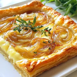 - Blätterteig: Du benötigst 1 Blatt Blätterteig. Das macht die Tarte luftig und knusprig. - Zwiebeln: Nimm 3 große Zwiebeln. Sie sind der Hauptgeschmacksträger in dieser Tarte. - Gruyère-Käse: Verwende 1 Tasse geriebenen Gruyère-Käse. Er bringt einen nussigen und cremigen Geschmack. - Olivenöl und Butter: Nutze 2 Esslöffel Olivenöl und 1 Esslöffel Butter. Diese Mischung hilft beim Karamellisieren der Zwiebeln. - Thymian und Gewürze: Frische Thymianblätter und ein wenig Salz und Pfeffer geben der Tarte mehr Tiefe. - Eier und Rucola: Ein verquirltes Ei dient zum Bestreichen. Rucola ist optional und bringt Farbe und Frische. Diese Zutaten sind einfach zu finden und machen das Rezept köstlich. * Heize den Ofen auf 200°C (400°F) vor. * Schneide die Zwiebeln dünn und brate sie an. Beginne mit dem Vorheizen des Ofens. Dies sorgt dafür, dass die Tarte gleichmäßig gart. Während der Ofen aufheizt, nimm dir die Zwiebeln vor. Dünne Scheiben sind wichtig. So karamellisieren sie gleichmäßig und schnell. Erhitze in einer großen Pfanne Olivenöl und Butter bei mittlerer Hitze. Füge die Zwiebeln und eine Prise Salz hinzu. Rühre sie gut um. Lasse sie 15-20 Minuten braten. Sie sollten goldbraun und süßlich sein. Wenn sie zu schnell bräunen, reduziere die Hitze. * Rolle den Blätterteig aus und lege ihn in die Form. * Fülle die Tarte und backe sie. Rolle den Blätterteig auf einer leicht bemehlten Fläche aus. Achte darauf, dass er groß genug für deine Tarteform ist. Übertrage den Teig vorsichtig in die Form. Drücke ihn an die Ränder. Entferne überschüssigen Teig. Streue die Hälfte des geriebenen Gruyère-Käse gleichmäßig auf den Teig. Darauf kommen die karamellisierten Zwiebeln. Verteile sie gleichmäßig. Bestreue die Zwiebeln mit dem restlichen Käse. Bestreiche die Ränder des Teigs mit dem verquirlten Ei. Das gibt eine goldene Farbe. Backe die Tarte für 25-30 Minuten. Der Teig soll knusprig und der Käse blubbernd sein. * Lasse die Tarte abkühlen und garniere sie. Nachdem du die Tarte aus dem Ofen genommen hast, lasse sie einige Minuten abkühlen. So wird sie fester und lässt sich besser schneiden. Wenn du magst, garniere sie mit frischer Rucola. Das gibt eine schöne Farbe und zusätzlichen Geschmack. Serviere die Tarte warm oder bei Raumtemperatur. Sie passt gut zu Salaten oder als Snack. Die richtige Hitze verwenden Die Hitze ist entscheidend für die perfekte Karamellisierung. Ich empfehle, mit mittlerer Hitze zu starten. So bleiben die Zwiebeln weich und bräunen gleichmäßig. Wenn die Zwiebeln zu schnell bräunen, senke die Hitze. Geduld bringt tiefe, süße Aromen. Zeitmanagement beim Karamellisieren Karamellisieren braucht Zeit. Plane mindestens 15 bis 20 Minuten ein. Rühre die Zwiebeln regelmäßig, um ein Anbrennen zu vermeiden. Wenn du die Zwiebeln zu früh entfernst, schmecken sie nicht so süß. Lass sie ruhig golden und weich werden. Alternative Käsesorten Gruyère ist großartig, aber du kannst auch andere Käsesorten verwenden. Emmental oder Gouda sind gute Alternativen. Sie schmelzen gut und geben einen tollen Geschmack. Experimentiere, um deinen Favoriten zu finden. Zusätzliche Gemüseoptionen Füge mehr Gemüse hinzu, um die Tarte zu variieren. Spinat, Pilze oder Paprika passen gut. Diese Zutaten bringen Farbe und Geschmack. Achte darauf, sie gut zu garen, bevor du sie in die Tarte gibst. {{image_4}} Um die Tarte frisch zu halten, lege sie in einen luftdichten Behälter. So bleibt sie bis zu drei Tage gut. Du kannst auch frische Folie verwenden. Achte darauf, dass die Tarte gut abgekühlt ist, bevor du sie lagerst. Wenn du sie wieder aufwärmst, benutze den Ofen. So bleibt der Boden knusprig. Heize den Ofen auf 180°C vor und backe die Tarte 10 Minuten lang. Wenn du die Tarte länger aufbewahren willst, kannst du sie einfrieren. Lass die Tarte ganz abkühlen. Schneide sie in Portionen und lege sie in einen Gefrierbeutel. Achte darauf, die Luft herauszudrücken. So bleibt der Geschmack erhalten. Du kannst die Tarte bis zu drei Monate einfrieren. Um sie aufzutauen, lege sie einfach über Nacht in den Kühlschrank. Danach erwärmst du sie wie oben beschrieben im Ofen. So schmeckt sie fast wie frisch gebacken. Um die herzhafte karamellisierte Zwiebel- und Gruyère-Tarte perfekt zu ergänzen, empfehle ich frische Salate und schmackhafte Dips. - Salate: Ein einfacher grüner Salat mit Rucola, Spinat und einem leichten Dressing passt gut. Die frische Säure des Dressings bringt das reichhaltige Aroma der Tarte zur Geltung. - Dips: Ein cremiger Joghurt-Dip oder ein klassischer Hummus sind tolle Begleiter. Sie bieten einen schönen Kontrast zu dem herzhaften Geschmack der Tarte. Diese Tarte ist ideal für viele Anlässe. Sie eignet sich perfekt für: - Feste: Ob Ostern oder Weihnachten, diese Tarte bringt Festlichkeit auf den Tisch. - Partys: Bei einem Buffet ist sie ein Hit. Jeder liebt den herzhaften Geschmack und die goldene Kruste. - Familientreffen: Ein schönes Gericht zum Teilen. Die Tarte lässt sich leicht in Stücke schneiden und servieren. Egal, zu welchem Anlass, diese Tarte wird sicher jedem schmecken. Die Tarte hält bis zu drei Tage im Kühlschrank. Achte darauf, sie gut abzudecken. So bleibt der Teig knusprig und der Käse frisch. Wenn du sie aufwärmst, benutze den Ofen. Dies sorgt für eine schöne Textur. In der Mikrowelle wird die Tarte weich. Ja, du kannst die Tarte vegetarisch machen. Die Hauptzutaten sind bereits vegetarisch. Achte darauf, keinen Speck oder Fleisch hinzuzufügen. Du kannst auch andere Gemüse wie Spinat oder Pilze hinzufügen. Diese bringen zusätzliche Aromen und Texturen. Zu der Tarte passen frische Salate gut. Ein einfacher grüner Salat mit einem leichten Dressing ist perfekt. Auch ein Tomatensalat kann eine leckere Ergänzung sein. Wenn du etwas Herzhaftes möchtest, serviere eine Suppe dazu. Zwiebel- oder Kürbissuppe passen besonders gut. Die Tarte ist einfach und lecker. Wir haben die Hauptzutaten wie Blätterteig, Zwiebeln und Gruyère-Käse besprochen. Die Zubereitung erfordert wenig Zeit und ist leicht nachvollziehbar. Perfekte Karamellisierung macht den Unterschied. Mit Tipps zu Variationen und Aufbewahrung bleibt die Tarte frisch. Denke daran, sie mit Salaten oder Dips zu servieren. Ob für Feste oder Familienessen – diese Tarte ist ein Hit. Probiere die Rezepte aus und beeindrucke deine Gäste!