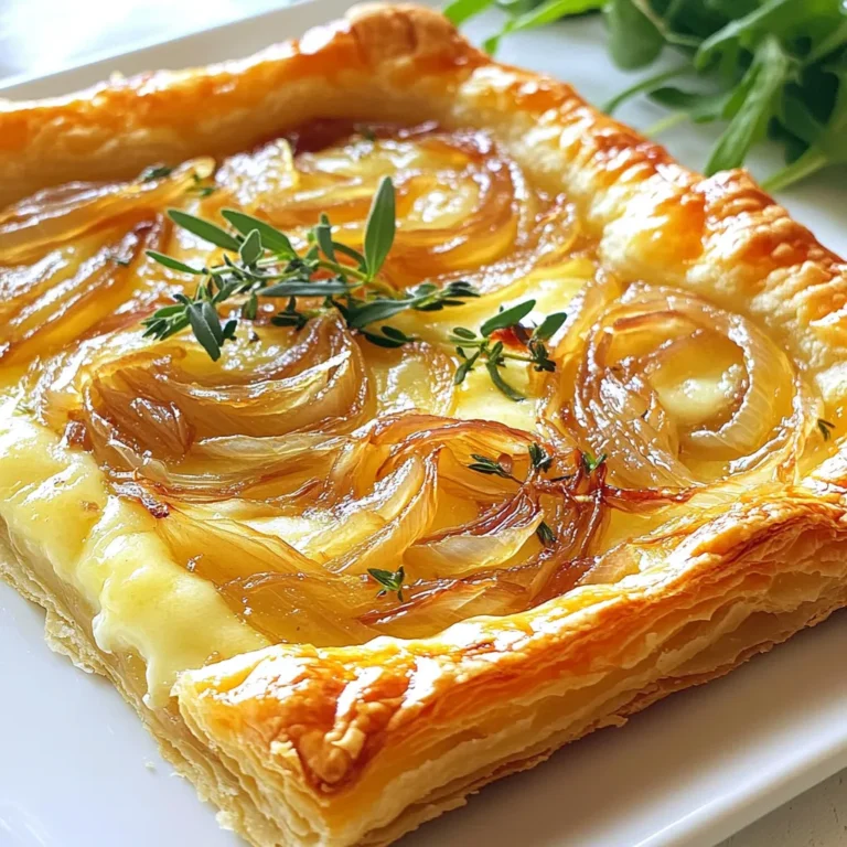 - Blätterteig: Du benötigst 1 Blatt Blätterteig. Das macht die Tarte luftig und knusprig. - Zwiebeln: Nimm 3 große Zwiebeln. Sie sind der Hauptgeschmacksträger in dieser Tarte. - Gruyère-Käse: Verwende 1 Tasse geriebenen Gruyère-Käse. Er bringt einen nussigen und cremigen Geschmack. - Olivenöl und Butter: Nutze 2 Esslöffel Olivenöl und 1 Esslöffel Butter. Diese Mischung hilft beim Karamellisieren der Zwiebeln. - Thymian und Gewürze: Frische Thymianblätter und ein wenig Salz und Pfeffer geben der Tarte mehr Tiefe. - Eier und Rucola: Ein verquirltes Ei dient zum Bestreichen. Rucola ist optional und bringt Farbe und Frische. Diese Zutaten sind einfach zu finden und machen das Rezept köstlich. * Heize den Ofen auf 200°C (400°F) vor. * Schneide die Zwiebeln dünn und brate sie an. Beginne mit dem Vorheizen des Ofens. Dies sorgt dafür, dass die Tarte gleichmäßig gart. Während der Ofen aufheizt, nimm dir die Zwiebeln vor. Dünne Scheiben sind wichtig. So karamellisieren sie gleichmäßig und schnell. Erhitze in einer großen Pfanne Olivenöl und Butter bei mittlerer Hitze. Füge die Zwiebeln und eine Prise Salz hinzu. Rühre sie gut um. Lasse sie 15-20 Minuten braten. Sie sollten goldbraun und süßlich sein. Wenn sie zu schnell bräunen, reduziere die Hitze. * Rolle den Blätterteig aus und lege ihn in die Form. * Fülle die Tarte und backe sie. Rolle den Blätterteig auf einer leicht bemehlten Fläche aus. Achte darauf, dass er groß genug für deine Tarteform ist. Übertrage den Teig vorsichtig in die Form. Drücke ihn an die Ränder. Entferne überschüssigen Teig. Streue die Hälfte des geriebenen Gruyère-Käse gleichmäßig auf den Teig. Darauf kommen die karamellisierten Zwiebeln. Verteile sie gleichmäßig. Bestreue die Zwiebeln mit dem restlichen Käse. Bestreiche die Ränder des Teigs mit dem verquirlten Ei. Das gibt eine goldene Farbe. Backe die Tarte für 25-30 Minuten. Der Teig soll knusprig und der Käse blubbernd sein. * Lasse die Tarte abkühlen und garniere sie. Nachdem du die Tarte aus dem Ofen genommen hast, lasse sie einige Minuten abkühlen. So wird sie fester und lässt sich besser schneiden. Wenn du magst, garniere sie mit frischer Rucola. Das gibt eine schöne Farbe und zusätzlichen Geschmack. Serviere die Tarte warm oder bei Raumtemperatur. Sie passt gut zu Salaten oder als Snack. Die richtige Hitze verwenden Die Hitze ist entscheidend für die perfekte Karamellisierung. Ich empfehle, mit mittlerer Hitze zu starten. So bleiben die Zwiebeln weich und bräunen gleichmäßig. Wenn die Zwiebeln zu schnell bräunen, senke die Hitze. Geduld bringt tiefe, süße Aromen. Zeitmanagement beim Karamellisieren Karamellisieren braucht Zeit. Plane mindestens 15 bis 20 Minuten ein. Rühre die Zwiebeln regelmäßig, um ein Anbrennen zu vermeiden. Wenn du die Zwiebeln zu früh entfernst, schmecken sie nicht so süß. Lass sie ruhig golden und weich werden. Alternative Käsesorten Gruyère ist großartig, aber du kannst auch andere Käsesorten verwenden. Emmental oder Gouda sind gute Alternativen. Sie schmelzen gut und geben einen tollen Geschmack. Experimentiere, um deinen Favoriten zu finden. Zusätzliche Gemüseoptionen Füge mehr Gemüse hinzu, um die Tarte zu variieren. Spinat, Pilze oder Paprika passen gut. Diese Zutaten bringen Farbe und Geschmack. Achte darauf, sie gut zu garen, bevor du sie in die Tarte gibst. {{image_4}} Um die Tarte frisch zu halten, lege sie in einen luftdichten Behälter. So bleibt sie bis zu drei Tage gut. Du kannst auch frische Folie verwenden. Achte darauf, dass die Tarte gut abgekühlt ist, bevor du sie lagerst. Wenn du sie wieder aufwärmst, benutze den Ofen. So bleibt der Boden knusprig. Heize den Ofen auf 180°C vor und backe die Tarte 10 Minuten lang. Wenn du die Tarte länger aufbewahren willst, kannst du sie einfrieren. Lass die Tarte ganz abkühlen. Schneide sie in Portionen und lege sie in einen Gefrierbeutel. Achte darauf, die Luft herauszudrücken. So bleibt der Geschmack erhalten. Du kannst die Tarte bis zu drei Monate einfrieren. Um sie aufzutauen, lege sie einfach über Nacht in den Kühlschrank. Danach erwärmst du sie wie oben beschrieben im Ofen. So schmeckt sie fast wie frisch gebacken. Um die herzhafte karamellisierte Zwiebel- und Gruyère-Tarte perfekt zu ergänzen, empfehle ich frische Salate und schmackhafte Dips. - Salate: Ein einfacher grüner Salat mit Rucola, Spinat und einem leichten Dressing passt gut. Die frische Säure des Dressings bringt das reichhaltige Aroma der Tarte zur Geltung. - Dips: Ein cremiger Joghurt-Dip oder ein klassischer Hummus sind tolle Begleiter. Sie bieten einen schönen Kontrast zu dem herzhaften Geschmack der Tarte. Diese Tarte ist ideal für viele Anlässe. Sie eignet sich perfekt für: - Feste: Ob Ostern oder Weihnachten, diese Tarte bringt Festlichkeit auf den Tisch. - Partys: Bei einem Buffet ist sie ein Hit. Jeder liebt den herzhaften Geschmack und die goldene Kruste. - Familientreffen: Ein schönes Gericht zum Teilen. Die Tarte lässt sich leicht in Stücke schneiden und servieren. Egal, zu welchem Anlass, diese Tarte wird sicher jedem schmecken. Die Tarte hält bis zu drei Tage im Kühlschrank. Achte darauf, sie gut abzudecken. So bleibt der Teig knusprig und der Käse frisch. Wenn du sie aufwärmst, benutze den Ofen. Dies sorgt für eine schöne Textur. In der Mikrowelle wird die Tarte weich. Ja, du kannst die Tarte vegetarisch machen. Die Hauptzutaten sind bereits vegetarisch. Achte darauf, keinen Speck oder Fleisch hinzuzufügen. Du kannst auch andere Gemüse wie Spinat oder Pilze hinzufügen. Diese bringen zusätzliche Aromen und Texturen. Zu der Tarte passen frische Salate gut. Ein einfacher grüner Salat mit einem leichten Dressing ist perfekt. Auch ein Tomatensalat kann eine leckere Ergänzung sein. Wenn du etwas Herzhaftes möchtest, serviere eine Suppe dazu. Zwiebel- oder Kürbissuppe passen besonders gut. Die Tarte ist einfach und lecker. Wir haben die Hauptzutaten wie Blätterteig, Zwiebeln und Gruyère-Käse besprochen. Die Zubereitung erfordert wenig Zeit und ist leicht nachvollziehbar. Perfekte Karamellisierung macht den Unterschied. Mit Tipps zu Variationen und Aufbewahrung bleibt die Tarte frisch. Denke daran, sie mit Salaten oder Dips zu servieren. Ob für Feste oder Familienessen – diese Tarte ist ein Hit. Probiere die Rezepte aus und beeindrucke deine Gäste!