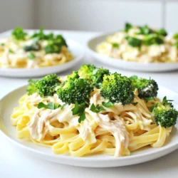 Für unser cremiges Hähnchen Alfredo brauchen wir: - 900 g Hähnchenbrustfilet, ohne Knochen und Haut - 240 ml Sahne - 240 ml Hühnerbrühe - 3 Knoblauchzehen, fein gehackt - 100 g Parmesan, gerieben - 225 g Fettuccine-Nudeln Diese Zutaten sind die Basis für unser Gericht. Das Hähnchen ist saftig, die Sahne macht es cremig, und der Parmesan gibt den vollen Geschmack. Um das Gericht zu würzen, verwenden wir: - 1 Teelöffel italienische Gewürzmischung - ½ Teelöffel schwarzer Pfeffer Die italienische Gewürzmischung bringt viele Aromen in das Gericht. Der schwarze Pfeffer fügt etwas Schärfe hinzu. Die Hühnerbrühe sorgt dafür, dass das Hähnchen zart bleibt und den Geschmack verstärkt. Um das Gericht zu verfeinern, können Sie auch: - 1 Tasse Brokkoli-Röschen (optional) - Frische Petersilie, gehackt (zum Garnieren) Der Brokkoli bringt Farbe und Nährstoffe. Die Petersilie macht das Gericht frisch und sieht schön aus. Sie können diese Zutaten nach Ihrem Geschmack hinzufügen. Beginne mit 900 g Hähnchenbrustfilets. Entferne Haut und Knochen, damit das Fleisch zart bleibt. Lege die Filets gleichmäßig in den Slow Cooker. Diese Vorbereitung ist wichtig, damit das Hähnchen gleichmäßig gart. In einer Rührschüssel vermenge 240 ml Sahne und 240 ml Hühnerbrühe. Füge 3 fein gehackte Knoblauchzehen, 1 Teelöffel italienische Gewürzmischung und ½ Teelöffel schwarzen Pfeffer hinzu. Rühre gut um, bis die Mischung homogen ist. Diese Soße gibt dem Gericht eine cremige Textur und tollen Geschmack. Gieße die Sahnemischung über das Hähnchen. Achte darauf, dass das Hähnchen vollständig bedeckt ist. Decke den Slow Cooker ab. Koche das Hähnchen auf niedriger Stufe für 6 Stunden oder auf hoher Stufe für 3 Stunden. Das Fleisch sollte zart sein und sich leicht mit einer Gabel zerteilen lassen. Nach dem Kochen nimm das Hähnchen heraus und zerteile es mit zwei Gabeln. Koche 225 g Fettuccine-Nudeln nach den Anweisungen auf der Verpackung. Wenn du Brokkoli möchtest, füge 1 Tasse Brokkoli-Röschen in den letzten 3-4 Minuten der Kochzeit hinzu. Achte darauf, dass die Nudeln al dente sind. Gieße die Nudeln und den Brokkoli ab und füge sie dann in den Slow Cooker mit der cremigen Soße und dem Hähnchen. Rühre alles gut um, damit sich die Aromen verbinden. Lass das Gericht für 10 Minuten im Warmhalte-Modus ruhen, bevor du es servierst. Um das Hähnchen zart zu machen, ist die Kochzeit im Slow Cooker wichtig. Koch es mindestens drei Stunden auf hoher Stufe oder sechs Stunden auf niedriger Stufe. Diese langsame Garzeit hilft dem Fleisch, die Feuchtigkeit zu behalten. Außerdem solltest du das Hähnchen in gleichmäßige Stücke schneiden. So gart es gleichmäßig und bleibt saftig. Für eine besonders cremige Soße kannst du die Sahne durch eine Mischung aus Sahne und Frischkäse ersetzen. Frischkäse macht die Soße noch reichhaltiger. Rühre den geriebenen Parmesan langsam ein, damit er gleichmäßig schmilzt. Das sorgt für eine schöne, glatte Konsistenz. Du kannst auch etwas mehr Hühnerbrühe hinzufügen, wenn die Soße zu dick wird. Garnitur macht dein Gericht noch ansprechender. Frische Petersilie gibt einen tollen Farbkontrast. Du kannst auch geröstete Pinienkerne oder gehackte Walnüsse darüberstreuen. Das gibt zusätzlichen Crunch und Geschmack. Ein Spritzer Zitronensaft sorgt für Frische. So wird dein Hähnchen Alfredo noch leckerer und schöner auf dem Tisch. {{image_4}} Wenn Sie eine vegane oder vegetarische Version des cremigen Hähnchen Alfredo machen möchten, können Sie das Hähnchen durch Tofu oder Seitan ersetzen. Diese Zutaten nehmen die Aromen gut auf. Verwenden Sie auch pflanzliche Sahne und Gemüsebrühe. Für den Parmesan können Sie eine vegane Alternative oder Hefeflocken nutzen, um den Käsegeschmack zu erhalten. Um mehr Farbe und Nährstoffe hinzuzufügen, probieren Sie verschiedene Gemüse. Brokkoli ist eine gute Wahl. Sie können auch Spinat, Erbsen oder Paprika verwenden. Fügen Sie das Gemüse in den Slow Cooker hinzu, wenn Sie das Hähnchen kochen. So bleibt es frisch und knackig. Das Rezept ist flexibel. Experimentieren Sie mit Kräutern, um den Geschmack zu verändern. Fügen Sie Basilikum oder Oregano hinzu, um einen neuen Twist zu schaffen. Auch andere Käsesorten wie Gouda oder Mozzarella können Spaß machen. Diese Optionen geben dem Gericht eine andere Note. Um die Reste deiner cremigen Hähnchen Alfredo richtig zu lagern, lass das Gericht zuerst abkühlen. Fülle die Reste in einen luftdichten Behälter. Achte darauf, dass keine Luft eindringt. So bleibt das Aroma frisch. Stelle den Behälter in den Kühlschrank. Du kannst die Reste auch in Portionen aufteilen, um sie leichter zu verwenden. Um die Reste aufzuwärmen, kannst du die Mikrowelle oder den Herd verwenden. Wenn du die Mikrowelle benutzt, gib die Portion in eine mikrowellengeeignete Schüssel. Decke die Schüssel mit einem feuchten Papiertuch ab. Erhitze sie in kurzen Intervallen, bis sie warm ist. Beim Herd kannst du die Reste in einem kleinen Topf erwärmen. Füge etwas Hühnerbrühe oder Sahne hinzu, um die Soße wieder cremig zu machen. Im Kühlschrank bleibt das Gericht 3 bis 4 Tage haltbar. Achte darauf, dass der Behälter gut verschlossen ist. Wenn du die Reste länger lagern willst, friere sie ein. Im Gefrierschrank sind die Reste bis zu 3 Monate haltbar. Denke daran, die Reste in einem gefriergeeigneten Behälter zu lagern. So bleibt der Geschmack erhalten, und du kannst das Gericht später genießen. Ja, du kannst andere Pastasorten verwenden. Fettuccine ist klassisch, aber Spaghetti oder Penne sind auch gut. Achte darauf, die Kochzeit anzupassen. Manche Nudeln brauchen länger oder weniger Zeit. Vollkorn- oder glutenfreie Pasta sind ebenfalls Optionen, wenn du spezielle Diäten befolgst. Experimentiere mit deinen Favoriten! Du kannst das Gericht bis zu 8 Stunden im Slow Cooker lassen. Auf niedriger Stufe bleibt das Hähnchen zart. Wenn du auf hoher Stufe kochst, sind 3 bis 4 Stunden ideal. Es ist wichtig, das Hähnchen nicht zu lange zu kochen. Zu viel Zeit kann das Fleisch trocken machen. Achte auf die Garzeit, um die beste Textur zu erreichen. Das Rezept ergibt etwa 6 Portionen. Du kannst die Menge leicht anpassen. Verdopple die Zutaten für eine größere Menge. Halbiere sie für weniger Portionen. Achte darauf, die Flüssigkeiten und Gewürze im gleichen Verhältnis anzupassen. So bleibt der Geschmack gleich. Das macht das Gericht flexibler für dein Zuhause! Um ein leckeres Hähnchengericht im Slow Cooker zuzubereiten, habe ich die wichtigsten Zutaten und Schritte geteilt. Von zarten Hähnchenstücken und einfachen Gewürzen bis hin zu Tipps für cremige Soße. Variationen und Aufbewahrungsinfos helfen dir, das Beste aus deinem Gericht herauszuholen. Denk daran, du kannst leicht abändern, was du magst. Mit diesem Wissen machst du jedes Mal eine tolle Mahlzeit. Lass deiner Kreativität freien Lauf und genieße das Kochen!