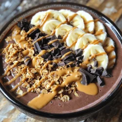 - 1 gefrorene Banane - 1 Tasse ungesüßte Mandelmilch - 2 Esslöffel Erdnussbutter Die gefrorene Banane macht die Bowl cremig und kühl. Mandelmilch sorgt für einen milden Geschmack. Erdnussbutter gibt den leckeren Erdnussgeschmack und viel Protein. - 1 Portion Schokoladen-Proteinpulver - 1 Esslöffel ungesüßtes Kakaopulver - 1 Esslöffel Honig oder Ahornsirup (optional) Schokoladen-Proteinpulver gibt extra Protein und Schokoladengeschmack. Kakaopulver fügt einen tiefen, schokoladigen Geschmack hinzu. Honig oder Ahornsirup macht die Bowl süßer, wenn du das magst. - Granola - in Scheiben geschnittene Bananen - Zartbitterschokoladenspäne - gehackte Erdnüsse - Drizzle von Erdnussbutter Toppings machen die Bowl besonders und lecker. Granola gibt Crunch, während Bananenscheiben frisch und süß sind. Zartbitterschokoladenspäne fügen einen süßen Biss hinzu. Gehackte Erdnüsse bringen zusätzlichen Geschmack. Ein Drizzle von Erdnussbutter sorgt für noch mehr Erdnussgeschmack. - Bereite deinen Mixer vor. Stelle sicher, dass er sauber ist. - Füge die gefrorene Banane, Mandelmilch, Erdnussbutter, Schokoladen-Proteinpulver, Kakaopulver und Honig in den Mixer. - Mixe die Zutaten auf hoher Stufe. Das sorgt für eine glatte Mischung. - Wenn die Mischung zu dick ist, füge langsam mehr Mandelmilch hinzu. So erreichst du die perfekte Konsistenz. - Gieße die Mischung in eine Schüssel. - Dekoriere die Bowl kreativ. Verwende Granola, in Scheiben geschnittene Bananen, Zartbitterschokoladenspäne, gehackte Erdnüsse und einen Drizzle von Erdnussbutter. Damit bekommst du tolle Texturen! Um eine cremige Smoothie Bowl zu erreichen, benutzen Sie gefrorene Bananen. Diese Bananen machen die Mischung dick und kühl. Sie sorgen für eine tolle Textur. Wenn die Mischung zu dick ist, fügen Sie mehr Flüssigkeit hinzu. Passen Sie die Menge der Mandelmilch an. Gießen Sie langsam mehr hinein, bis die gewünschte Konsistenz erreicht ist. Sie können viele Toppings hinzufügen, um den Geschmack zu verbessern. Granola, geschnittene Bananen und Schokoladenspäne machen das Gericht noch leckerer. Probieren Sie auch verschiedene Sorten von Erdnussbutter aus. Cremige oder crunchy Erdnussbutter geben unterschiedliche Texturen und Geschmäcker. Seien Sie kreativ und finden Sie Ihre Lieblingskombination. Diese Smoothie Bowl ist eine großartige Proteinquelle. Das Schokoladen-Proteinpulver und die Erdnussbutter liefern viel Protein. Die Zutaten sind auch reich an Nährstoffen. Bananen bieten Kalium, und Mandelmilch enthält gesunde Fette. So ist diese Bowl nicht nur lecker, sondern auch gut für die Gesundheit. {{image_4}} Für eine milchfreie Version kannst du verschiedene Milchalternativen verwenden. Ungesüßte Mandelmilch ist eine gute Wahl. Du kannst auch Hafermilch oder Sojamilch nehmen. Wenn du keine Milch nutzen willst, probiere Wasser oder Kokosnusswasser. Diese Optionen sind leicht und erfrischend. Kokosnusswasser gibt einen tollen Geschmack. Die vegane Variante ist einfach! Nutze pflanzliche Proteinpulver. Diese sind lecker und nahrhaft. Du kannst auch Toppings wie frische Beeren oder Nüsse anpassen. Achte darauf, dass die Erdnussbutter und alle Zutaten vegan sind. So bleibt alles rein pflanzlich. Um mehr Geschmack hinzuzufügen, experimentiere mit verschiedenen Früchten. Probiere gefrorene Erdbeeren oder Himbeeren. Diese Früchte passen gut. Gewürze wie Zimt oder Vanille können ebenfalls einen neuen Geschmack bringen. Ein Hauch von Zimt macht die Bowl besonders. Sei kreativ und finde deine Lieblingskombinationen! Die Smoothie Bowl kann in kleinen Portionen im Kühlschrank aufbewahrt werden. Verwenden Sie luftdichte Behälter. So bleibt sie frisch und lecker. Wenn Sie mehr vorbereiten, können Sie auch eingefrieren. Teilen Sie die Mischung in Portionsgrößen auf und verwenden Sie gefrierfeste Beutel. So haben Sie immer einen schnellen Snack bereit. Im Kühlschrank bleibt die Smoothie Bowl bis zu zwei Tage frisch. Achten Sie darauf, die Bowl gut zu verschließen. Wenn Sie Zutaten wie frische Bananen hinzufügen, kann die Haltbarkeit kürzer sein. Diese Zutaten beeinflussen die Frische. Lagern Sie die Bowl ohne frische Toppings, um sie länger haltbar zu machen. Meal Prep ist eine großartige Idee für die Smoothie Bowl. Bereiten Sie die Basis am Abend vor. Mischen Sie die gefrorene Banane, Mandelmilch und Erdnussbutter. Lagern Sie die Mischung im Kühlschrank. Morgens können Sie einfach die Toppings hinzufügen. Eine andere Möglichkeit ist die Zubereitung über Nacht. Lassen Sie die Bowl über Nacht im Kühlschrank. So haben Sie morgens ein schnelles Frühstück. Ja, du kannst die Banane weglassen. Wenn du die Banane nicht magst, gibt es viele Alternativen. Du kannst stattdessen gefrorene Avocado verwenden. Avocado macht die Mischung cremig. Ein weiterer Ersatz ist eine Handvoll gefrorene Beeren. Diese geben einen fruchtigen Geschmack und sind gesund. Du kannst auch einen Esslöffel Chiasamen hinzufügen. Chiasamen liefern Ballaststoffe und Protein. Eine Portion hat ungefähr 400 Kalorien. Diese Zahl kann je nach Zutaten leicht variieren. Hier sind einige Nährwerte für die Hauptzutaten: - Gefrorene Banane: 90 Kalorien - Ungesüßte Mandelmilch: 30 Kalorien - Erdnussbutter: 190 Kalorien - Schokoladen-Proteinpulver: 120 Kalorien - Kakaopulver: 10 Kalorien - Honig: 60 Kalorien (optional) Die Kalorien hängen auch von deinen Toppings ab. Granola und Schokolade können zusätzliche Kalorien hinzufügen. Ja, die Smoothie Bowl ist sehr anpassbar. Du kannst verschiedene Zutaten nach deinem Geschmack wählen. Wenn du Allergien hast, gibt es viele Alternativen. Nutze statt Erdnussbutter Mandelbutter oder Sonnenblumenkernbutter. Für eine vegane Option wähle pflanzliches Proteinpulver. Du kannst auch die Milchart ändern. Kokosmilch oder Sojamilch sind gute Alternativen. Experimentiere mit verschiedenen Toppings. Früchte, Nüsse oder Samen machen die Bowl lecker und gesund. Sie haben jetzt die Zutaten und Schritte für eine köstliche Smoothie Bowl. Die Hauptzutaten wie gefrorene Banane, Mandelmilch und Erdnussbutter liefern tolle Aromen. Mit einigen zusätzlichen Zutaten und kreativen Toppings wird Ihre Bowl noch besser. Denken Sie daran, bei der Konsistenz zu experimentieren und Variationen auszuprobieren. Ob vegan oder proteinreich, die Möglichkeiten sind nahezu unbegrenzt. Mit diesen Tipps machen Sie jede Schüssel einzigartig und lecker. Genießen Sie jede Portion voll Freude und Gesundheit!