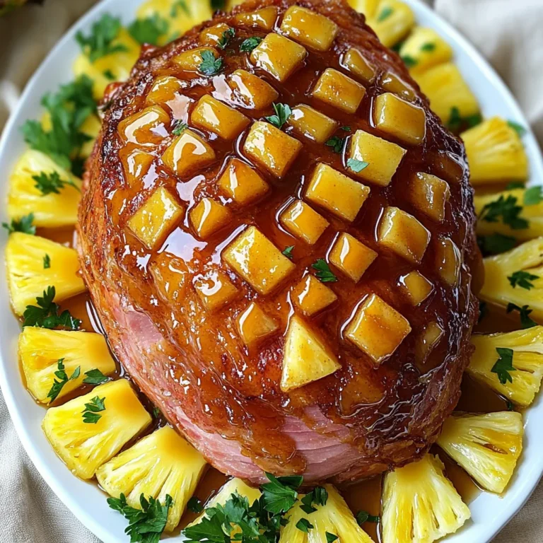 - 1 vollständig gekochter, boneless Schinken (ca. 2,3 kg) - 240 ml reiner Ahornsirup - 200 g brauner Zucker Die Hauptzutaten für den Maple Glazed Ham mit Pineapple sind einfach und lecker. Der Schinken bringt den herzhaften Geschmack, während der Ahornsirup und der braune Zucker süße Noten hinzufügen. Diese Kombination macht das Gericht besonders festlich. - 120 ml Dijon-Senf - 1 Teelöffel gemahlener Zimt - 1 Teelöffel gemahlener Ingwer - ½ Teelöffel gemahlene Nelken Die Gewürze geben dem Schinken einen warmen und würzigen Geschmack. Dijon-Senf sorgt für eine leichte Schärfe, die den süßen Aromen entgegenwirkt. Zimt, Ingwer und Nelken bringen die perfekte Mischung für einen festlichen Genuss. - 1 Dose (400 g) Ananasscheiben in Saft (Saft aufbewahren) - Frische Petersilie zum Garnieren Die Ananasscheiben bringen eine frische, saftige Komponente ins Spiel. Sie passen hervorragend zum süßen Schinken. Die Petersilie ist nicht nur ein schöner Farbklecks, sondern auch ein frischer Geschmacksträger. Sie rundet das Gericht ab und macht es optisch ansprechend. 1. Heizen Sie Ihren Ofen auf 165°C (325°F) vor. Dies sorgt für eine gleichmäßige Wärme. 2. Nehmen Sie den Schinken und legen Sie ihn mit der flachen Seite nach unten in eine große Bratpfanne. Ritzen Sie die Oberfläche in einem Rautenmuster ein. Machen Sie tiefe Schnitte etwa 2,5 cm (1 Zoll) auseinander. Dies hilft der Glasur, gut einzuziehen. 1. In einer mittelgroßen Schüssel kombinieren Sie den reinen Ahornsirup, den braunen Zucker, den Dijon-Senf, den Zimt, den Ingwer und die Nelken. 2. Rühren Sie alles gut um, bis eine glatte Mischung entsteht. 3. Bestreichen Sie die Hälfte der Ahornglasur gleichmäßig über den Schinken. Achten Sie darauf, dass die Glasur in die eingeritzten Schnitte eindringt. So wird der Schinken besonders saftig. 1. Ordnen Sie die Ananasscheiben um den Schinken. Gießen Sie den aufbewahrten Ananassaft in die Pfanne. 2. Decken Sie den Schinken locker mit Aluminiumfolie ab, um ein Überbräunen zu verhindern. Backen Sie ihn 1 Stunde lang. 3. Entfernen Sie die Folie. Bestreichen Sie den Schinken mit der restlichen Glasur. Stellen Sie ihn zurück in den Ofen. 4. Backen Sie ihn unbedeckt für weitere 30-45 Minuten. Bepinseln Sie den Schinken alle 15 Minuten, bis er karamellisiert und durchgewärmt ist. 5. Nach dem Garen nehmen Sie den Schinken aus dem Ofen. Lassen Sie ihn 10-15 Minuten ruhen, bevor Sie ihn in Scheiben schneiden. 6. Servieren Sie die Schinkenscheiben, garniert mit Ananaringen und frischer Petersilie. Um die Glasur gleichmäßig aufzutragen, beginnen Sie mit der richtigen Technik. Verwenden Sie einen Pinsel oder einen Löffel. Tragen Sie die Glasur in langen, sanften Bewegungen auf. Achten Sie darauf, dass die Glasur in die Schnitte des Schinkens eindringt. So erhält der Schinken viel Geschmack. Wenn Sie die Glasur auftragen, machen Sie das in mehreren Schichten. So wird die Glasur dick und lecker. Temperaturchecks sind wichtig beim Kochen. Stellen Sie sicher, dass der Schinken eine innere Temperatur von 70°C erreicht. Benutzen Sie ein Fleischthermometer, um dies zu prüfen. Überprüfen Sie die Temperatur an der dicksten Stelle des Schinkens. Wenn der Schinken fast fertig ist, nehmen Sie ihn aus dem Ofen. Lassen Sie ihn 10-15 Minuten ruhen. Dies hilft, die Säfte im Schinken zu halten. Für eine schöne Präsentation servieren Sie den Schinken auf einer großen Platte. Legen Sie die Ananasscheiben um den Schinken. Dies sieht nicht nur gut aus, sondern schmeckt auch lecker. Einige Beilagen passen gut dazu. Überlegen Sie, geröstetes Gemüse oder Kartoffelbrei zu servieren. Eine frische Petersilie als Garnitur bringt Farbe auf den Teller. So wird Ihr Festtagssnack zu einem echten Hingucker. {{image_4}} Wenn du nach neuen Ideen suchst, kannst du andere Früchte verwenden. Äpfel oder Birnen sind tolle Alternativen. Ihre Süße passt gut zu Schinken. Probiere auch Pfirsiche oder Aprikosen für einen fruchtigen Twist. Diese Früchte geben deinem Gericht eine frische Note. Du kannst sie in Scheiben schneiden und um den Schinken legen. Achte darauf, die Säfte der Früchte in die Glasur einzubringen. Das macht den Geschmack noch besser. Das Rezept bietet viele Möglichkeiten für Gewürzvariationen. Du kannst mehr Gewürze hinzufügen, um den Geschmack zu verändern. Probiere zum Beispiel einen Hauch von Muskatnuss oder Paprika. Diese Gewürze bringen einen neuen Geschmack. Auch eine Prise Cayennepfeffer kann für einen kleinen Kick sorgen. Experimentiere mit den Mengen, um deinen perfekten Geschmack zu finden. So wird dein Schinken immer wieder spannend und lecker. Wenn du eine vegetarische Option suchst, gibt es tolle Alternativen. Nutze Seitan oder Tofu anstelle von Schinken. Mariniere sie mit der gleichen Glasur. So bekommst du einen ähnlichen süßen Geschmack. Du kannst auch eine große Süßkartoffel füllen und die Glasur darauf geben. Backe sie bis sie weich ist. Diese Optionen sind gesund und bieten viele Aromen. Vegane Gerichte können ebenso festlich und köstlich sein! Bewahren Sie die Reste in einem luftdichten Behälter im Kühlschrank auf. So bleiben sie frisch. Sie können den Schinken auch einfrieren. Wickeln Sie ihn gut in Folie ein und legen Sie ihn in einen Gefrierbeutel. So bleibt er bis zu drei Monate haltbar. Die Reste sind im Kühlschrank etwa drei bis fünf Tage haltbar. Achten Sie darauf, dass der Schinken kühl bleibt. Gefroren hält er sich bis zu drei Monate. Lassen Sie ihn langsam im Kühlschrank auftauen, um die Qualität zu erhalten. Um den Schinken wieder zu erwärmen, heizen Sie den Ofen auf 165 °C vor. Legen Sie den Schinken in eine Bratpfanne. Decken Sie ihn mit Folie ab, damit er nicht austrocknet. Erwärmen Sie ihn für etwa 20 bis 30 Minuten. Überprüfen Sie die Temperatur. Sie sollte mindestens 74 °C betragen. So bleibt der Schinken saftig und lecker. Den Schinken muss man insgesamt etwa 1,5 bis 2 Stunden im Ofen lassen. Zuerst backt man ihn für 1 Stunde, bedeckt mit Folie. Nach einer Stunde nimmt man die Folie ab und bestreicht den Schinken mit der restlichen Glasur. Dann backt man ihn für weitere 30 bis 45 Minuten. Diese Methode sorgt dafür, dass der Schinken schön karamellisiert und saftig bleibt. Ja, du kannst frischen Ahornsirup verwenden. Er bringt einen intensiven Geschmack. Achte darauf, dass der Sirup rein ist, ohne Zusatzstoffe. Dies macht einen großen Unterschied im Geschmack. Wenn du verschiedene Sorten hast, probiere sie aus. Dunkler Sirup hat einen stärkeren Geschmack, während heller Sirup milder ist. Experimentiere mit den verschiedenen Sorten, um deine perfekte Kombination zu finden. Ahornglasur passt zu vielen Beilagen. Beliebte Optionen sind: - Geröstetes Gemüse - Kartoffelbrei - Grüner Salat - Süßkartoffeln Diese Beilagen ergänzen den süßen und herzhaften Geschmack des Schinkens. Du kannst auch Ananasstücke oder andere Früchte hinzufügen. Sie bringen frische Aromen und schöne Farben auf den Tisch. Dieser Blogbeitrag hat die wichtigsten Zutaten und Schritte für ein schmackhaftes Schinkenrezept behandelt. Sie haben erfahren, wie man die Glasur zubereitet und den Schinken perfekt garen kann. Tipps zu Variationen und Aufbewahrung helfen Ihnen, kreativ zu sein und Reste gut zu nutzen. Denken Sie daran, dass die Zubereitung Spaß macht. Genießen Sie den Prozess und experimentieren Sie mit neuen Geschmäckern. So verwandeln Sie jedes Gericht in ein besonderes Erlebnis. Kochen macht Freude, und jeder Schritt zählt!