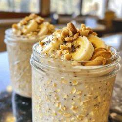 - 1 Tasse Haferflocken (gerollt) - 2 Tassen ungesüßte Mandelmilch oder alternative Milch - 2 Esslöffel natürliche Erdnussbutter Ich benutze immer Haferflocken, weil sie gut für die Gesundheit sind. Diese Haferflocken geben dir viel Energie. Ungesüßte Mandelmilch ist mein Favorit, aber jede Milch funktioniert. Natürliche Erdnussbutter ist wichtig. Sie macht das Frühstück cremig und lecker. - 1 reife Banane - 1 Esslöffel Chiasamen - 1 Portion Proteinpulver (Vanille oder geschmacksneutral) Die Banane gibt Süße und ist ein guter Energiespender. Chiasamen sind klein, aber sehr nahrhaft. Sie helfen, die Mischung zu binden. Proteinpulver fügt extra Protein hinzu. Das gibt dir Kraft für den Tag. - 1 Esslöffel Honig oder Ahornsirup (optional) - 1/2 Teelöffel Zimt - Toppings: Bananscheiben, gehackte Nüsse, Chiasamen Wenn du es süßer magst, füge Honig oder Ahornsirup hinzu. Zimt verbessert den Geschmack und macht es warm. Die Toppings sind wichtig. Bananscheiben, Nüsse und Chiasamen machen dein Frühstück bunt und knusprig. Zuerst nimmst du eine große Rührschüssel. Füge die Haferflocken, Mandelmilch, Erdnussbutter, zerdrückte Banane, Chiasamen, Proteinpulver, Honig und Zimt hinzu. Vermische alle Zutaten gut. Rühre kräftig, bis die Erdnussbutter gleichmäßig verteilt ist. Diese Mischung wird die Basis deines Frühstücks. Jetzt teilst du die Mischung gleichmäßig auf zwei Gläser oder luftdichte Behälter auf. Achte darauf, dass die Behälter fest verschlossen sind. Stelle sie über Nacht in den Kühlschrank. So werden die Haferflocken und Chiasamen weich und nehmen die Flüssigkeit auf. Das macht dein Frühstück cremig und lecker. Am nächsten Morgen nimmst du die Gläser heraus. Rühre die Haferflocken gut um. Wenn die Mischung zu dick ist, füge etwas Milch hinzu, bis die Konsistenz stimmt. Jetzt kannst du deine Overnight Oats mit frischen Bananscheiben, gehackten Nüssen und einer Prise Chiasamen garnieren. So wird dein Frühstück nicht nur lecker, sondern sieht auch toll aus! Um die ideale Konsistenz deiner Overnight Oats zu erreichen, musst du die Flüssigkeit anpassen. Wenn du eine cremige Textur magst, nimm weniger Mandelmilch. Für eine flüssigere Mischung kannst du mehr hinzufügen. Ein guter Startpunkt sind zwei Tassen Mandelmilch für eine Tasse Haferflocken. Für das Einweichen empfehle ich, die Mischung mindestens vier Stunden im Kühlschrank zu lassen. Über Nacht ist ideal. So können die Haferflocken und Chiasamen die Flüssigkeit aufnehmen und weich werden. Dadurch wird das Frühstück schön sämig. Du kannst verschiedene Proteinpulver verwenden, um den Geschmack anzupassen. Vanille-Pulver gibt eine süße Note. Geschmacksneutrales Pulver bleibt mild und passt zu vielen Zutaten. Zusätzlich kannst du weitere proteinreiche Zutaten hinzufügen. Griechischer Joghurt ist eine tolle Wahl. Auch Nüsse oder Saaten wie Mandeln oder Hanfsamen steigern den Proteingehalt. Meal Prep ist der Schlüssel zur Zeitersparnis. Du kannst die Overnight Oats für mehrere Tage vorbereiten. Teile die Mischung auf zwei oder mehr Gläser auf. So hast du fertige Portionen bereit, wenn du sie brauchst. Für tägliche Vorbereitungen empfehle ich, am Sonntag einen großen Batch zu machen. So sparst du morgens Zeit. Wenn du jeden Tag eine Portion nimmst, bleibt das Frühstück frisch und lecker. {{image_4}} Du kannst die Grundrezeptur für die Über-Nacht-Haferflocken auf viele Arten anpassen. Eine schokoladige Variante ist einfach. Füge einfach einen Esslöffel Kakaopulver hinzu. Dadurch erhältst du einen köstlichen Schokoladengeschmack, der perfekt zu Erdnussbutter passt. Zusätzlich kannst du fruchtige Zugaben wie Beeren oder Äpfel verwenden. Frische Erdbeeren oder Himbeeren bringen eine süße Note. Äpfel geben einen knackigen Biss. Diese Variationen machen dein Frühstück noch spannender und leckerer. Wenn du allergisch auf Erdnüsse bist, gibt es tolle Alternativen. Du kannst Erdnussbutter durch Mandel- oder Cashewbutter ersetzen. Beide Optionen bieten einen ähnlichen Geschmack und eine cremige Konsistenz. Bei Milch kannst du auch andere Alternativen wählen. Ungesüßte Mandelmilch ist großartig, aber auch Hafer- oder Sojamilch funktioniert gut. Achte darauf, eine Pflanze zu wählen, die zu deiner Ernährung passt. Chiasamen sind eine gesunde Zutat, aber du kannst sie auch ersetzen. Leinsamen sind eine gute Wahl, da sie ebenfalls reich an Ballaststoffen sind. Du kannst auch Hanfsamen verwenden, wenn du einen nussigen Geschmack magst. Wenn du die Samen nicht magst, kannst du sie auch einfach weglassen. Die Haferflocken bleiben trotzdem lecker und cremig. Passe die Mischung nach deinem Geschmack an. Bewahre die Erdnussbutter-Bananen-Über-Nacht-Haferflocken im Kühlschrank auf. So bleiben sie frisch. Du kannst sie bis zu fünf Tage lang lagern. Nutze dafür luftdichte Behälter. Diese verhindern, dass die Haferflocken austrocknen. Vor dem Verzehr umrühren ist wichtig. Manchmal wird die Mischung dicker. Wenn das passiert, füge etwas Milch hinzu. So erreichst du die ideale Konsistenz. Für längere Frische bewahre die Haferflocken in einem kühlen, dunklen Ort auf, wenn du sie nicht sofort isst. Die Haltbarkeit der einzelnen Zutaten ist unterschiedlich: - Haferflocken: 6-12 Monate - Mandelmilch: 7-10 Tage nach dem Öffnen - Erdnussbutter: 3-6 Monate - Bananen: Einige Tage bis eine Woche Achte darauf, die Zutaten gut zu lagern. So vermeidest du, dass sie schlecht werden. Wähle frische Bananen und ungesüßte Mandelmilch für das beste Ergebnis. Die Über-Nacht-Haferflocken halten sich gut im Kühlschrank. Sie bleiben frisch für bis zu fünf Tage. Achte darauf, die Haferflocken in einem luftdichten Behälter zu lagern. So bleibt die Konsistenz gut und der Geschmack frisch. Du kannst sie auch portionsweise zubereiten, um jeden Morgen ein schnelles Frühstück zu haben. Wenn du sie länger aufbewahren willst, friere die Portionen ein. Am Morgen kannst du sie einfach auftauen und genießen. Ja, diese Rezeptur kann vegan sein. Verwende einfach pflanzliche Milch und natürliche Erdnussbutter. Du kannst auch ein veganes Proteinpulver wählen. Wenn du Honig verwendest, ersetze ihn durch Ahornsirup oder ein anderes veganes Süßungsmittel. So bleibt das Rezept ganz pflanzlich und lecker. Es ist eine einfache Option für alle, die vegan leben möchten. Ja, du kannst Erdnussbutter leicht ersetzen. Probiere Mandelbutter oder Cashewbutter für einen anderen Geschmack. Sonnenblumenbutter ist auch eine gute Wahl, besonders für Allergiker. Diese Alternativen bieten ähnliche Texturen und Nährstoffe. Achte darauf, dass die Konsistenz nicht zu dünn wird. Experimentiere mit verschiedenen Nuss- oder Samenbutter, um dein perfektes Frühstück zu finden. Diese Anleitung zeigt dir, wie du leckere Über-Nacht-Haferflocken zubereitest. Wir haben Hauptzutaten wie Haferflocken, Mandelmilch und Erdnussbutter besprochen. Zusätzliche Zutaten wie Banane und Chiasamen machen das Rezept noch gesünder. Die Zubereitung ist einfach und schnell. Denke daran, die Konsistenz vor dem Essen anzupassen. Experimentiere mit Variationen und sichere dir die Haltbarkeit der Zutaten. So bereitest du dir ein nahrhaftes Frühstück vor, das deinem Tag einen guten Start gibt. Du hast nun alles, was du brauchst, um deine eigenen Über-Nacht-Haferflocken zu kreieren.
